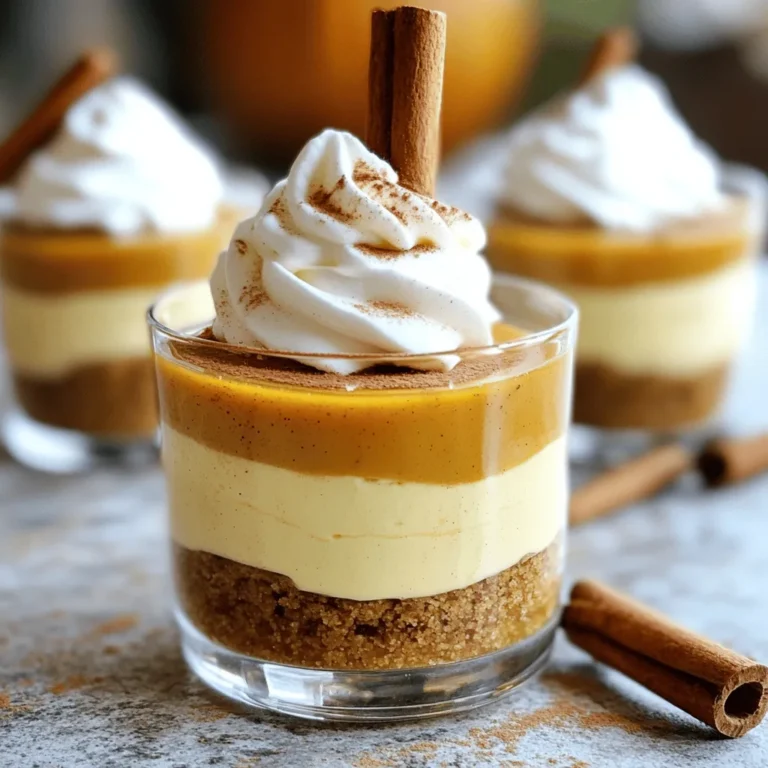 Um die No-Bake Pumpkin Cheesecake Cups zu machen, brauchst du: - 1 Tasse Graham-Cracker-Brösel - 1/4 Tasse ungesalzene Butter, geschmolzen - 2 Pakete (je 225 g) Frischkäse, weich - 1 Tasse Kürbispüree aus der Dose - 3/4 Tasse Puderzucker - 1 Teelöffel Vanilleextrakt - 1 Teelöffel gemahlener Zimt - 1/2 Teelöffel gemahlene Muskatnuss - 1/4 Teelöffel gemahlener Ingwer - 1 Tasse Schlagsahne Diese Zutaten machen die Cups cremig und lecker. Der Kürbis gibt ihnen einen tollen Geschmack, und die Gewürze machen sie besonders. Um die No-Bake Pumpkin Cheesecake Cups zu machen, benötigst du: - Eine mittelgroße Schüssel - Eine große Rührschüssel - Ein elektrischer Mixer - Ein Handmixer - 6 kleine Dessertbecher oder Gläser - Einen Löffel oder eine Gabel Mit diesen Utensilien wird die Zubereitung sehr einfach. Du brauchst kein großes Equipment. Hier sind einige Tipps, um die besten Zutaten zu wählen: - Wähle frischen Frischkäse. Er sollte weich und cremig sein. - Achte auf 100% reines Kürbispüree. Das gibt den besten Geschmack. - Nutze frische Gewürze. Sie bringen mehr Aroma in deine Cups. - Kaufe ungesalzene Butter. So kannst du den Geschmack besser kontrollieren. Diese Tipps helfen dir, die besten Zutaten für deine No-Bake Pumpkin Cheesecake Cups auszuwählen. So werden sie noch besser! Für die Kruste brauchst du folgende Zutaten: - 1 Tasse Graham-Cracker-Brösel - 1/4 Tasse ungesalzene Butter, geschmolzen Beginne damit, die Graham-Cracker-Brösel in eine mittelgroße Schüssel zu geben. Gieße die geschmolzene Butter darüber. Jetzt nimm einen Löffel oder eine Gabel und vermenge die Brösel gut mit der Butter. Rühre so lange, bis alle Brösel gleichmäßig bedeckt sind. Das ist wichtig für die Struktur. Nimm dann 6 kleine Dessertbecher oder Gläser. Löffle etwa 2 Esslöffel der Bröselmischung in jeden Becher. Drücke die Brösel sanft nach unten, um eine feste Schicht zu bilden. Für die Füllung brauchst du: - 2 Pakete Frischkäse, weich - 1 Tasse Kürbispüree aus der Dose - 3/4 Tasse Puderzucker - 1 Teelöffel Vanilleextrakt - 1 Teelöffel gemahlener Zimt - 1/2 Teelöffel gemahlene Muskatnuss - 1/4 Teelöffel gemahlener Ingwer - 1 Tasse Schlagsahne In einer großen Rührschüssel gibst du den soften Frischkäse. Schlage ihn mit einem elektrischen Mixer auf mittlerer Stufe cremig. Das dauert etwa 2 Minuten. Jetzt füge das Kürbispüree, Puderzucker, Vanilleextrakt, Zimt, Muskatnuss und Ingwer hinzu. Schlage alles weitere 2-3 Minuten, bis die Mischung fluffig ist. In einer separaten Schüssel schlage die Schlagsahne steif, bis feste Spitzen entstehen. Hebe die geschlagene Sahne vorsichtig unter die Kürbismischung. Das macht die Füllung luftig und leicht. Löffle die Kürbiskäsekuchenfüllung gleichmäßig über die Graham-Cracker-Kruste in jeden Becher. Fülle sie bis zu drei Viertel voll. Stelle die Becher für mindestens 3 Stunden in den Kühlschrank, damit die Füllung fest wird. Nach dem Kühlen kannst du die Cups nach Belieben dekorieren. Ein Klecks Schlagsahne und eine Prise Zimt machen sie perfekt. Du kannst auch einen Zimtstängel oder zerbröselte Graham-Cracker darüber streuen. Das gibt einen schönen Crunch. Ein häufiger Fehler ist, die Butter nicht gut mit den Graham-Cracker-Bröseln zu vermischen. Dies kann die Kruste bröselig machen. Stelle sicher, dass du die Mischung gut umrührst, bis alle Brösel gleichmäßig bedeckt sind. Achte darauf, dass der Frischkäse weich ist, bevor du ihn schlagst. Kalter Frischkäse macht die Füllung klumpig. Du kannst die Gewürze nach deinem Geschmack anpassen. Wenn du mehr Zimt magst, füge einfach einen zusätzlichen Teelöffel hinzu. Du kannst auch eine Prise Nelken für einen anderen Geschmack verwenden. Probiere verschiedene Toppings aus. Schokoladensauce oder Karamell passen gut zu den Cheesecake Cups. Die Füllung sollte fluffig und leicht sein. Schlage die Sahne bis zu festen Spitzen. Füge sie vorsichtig in die Kürbismischung ein. Dadurch bleibt die Füllung luftig. Wenn die Mischung zu flüssig ist, kann dies die Kruste durchweichen. Stelle sicher, dass du die Cups mindestens drei Stunden kühlst, damit sie fest werden. {{image_4}} Du kannst die No-Bake Pumpkin Cheesecake Cups leicht aufpeppen. Probiere verschiedene Gewürze wie Kakaopulver oder Zimt. Für eine schokoladige Note, füge geschmolzene Schokolade hinzu. Eine andere Möglichkeit ist, die Graham-Cracker-Brösel mit Keksen wie Oreo oder Pfeffernüssen zu ersetzen. Das verleiht dem Dessert einen neuen Geschmack. Für eine glutenfreie Variante nutze glutenfreie Kekse. Du kannst auch gemahlene Mandeln oder Haferflocken verwenden. Diese Zutaten ergeben eine tolle Kruste. Achte darauf, dass alle anderen Zutaten ebenfalls glutenfrei sind. Möchtest du die Füllung vegan gestalten? Ersetze den Frischkäse durch veganen Frischkäse oder Seidentofu. Anstelle von Schlagsahne verwende Kokoscreme oder eine pflanzliche Sahne. Diese Alternativen schmecken gut und sind einfach zu machen. Mit diesen Variationen kannst du dein Dessert anpassen. Jeder findet seinen eigenen Lieblingsgeschmack. Um die No-Bake Pumpkin Cheesecake Cups frisch zu halten, lagere sie im Kühlschrank. Verwende einen luftdichten Behälter. So bleibt die Füllung cremig und die Kruste knusprig. Vermeide es, die Cups mit Obst oder Sahne zu belegen, bevor du sie lagerst. Das schützt die Dekoration vor dem Schrumpfen oder Verkleben. Im Kühlschrank bleiben die Cheesecake Cups bis zu fünf Tage frisch. Achte darauf, sie gut abzudecken. Nach ein paar Tagen könnte die Kruste etwas weich werden, aber der Geschmack bleibt toll. Wenn du sie länger aufbewahren möchtest, ziehe das Einfrieren in Betracht. Um die Cups einzufrieren, stelle sicher, dass sie vollständig gekühlt sind. Lege sie in einen luftdichten Behälter oder verwende Frischhaltefolie. Im Gefrierfach halten sie bis zu drei Monate. Zum Auftauen, lasse sie über Nacht im Kühlschrank. So bleiben sie lecker und die Textur bleibt erhalten. Wenn du die Konsistenz deiner Füllung ändern möchtest, kannst du das leicht tun. Füge mehr Schlagsahne hinzu. So wird die Füllung luftiger. Wenn die Füllung zu weich ist, kannst du mehr Frischkäse verwenden. Das macht sie fester. Du kannst auch die Menge an Puderzucker variieren. Mehr Zucker macht die Füllung dicker und süßer. Ja, du kannst frisches Kürbispüree verwenden! Frisches Püree bringt einen tollen Geschmack. Koche zuerst das Kürbisfleisch weich. Dann püriere es gut, bis es glatt ist. Achte darauf, dass das Püree nicht zu wässrig ist. Das kann die Füllung zu flüssig machen. Verwende am besten das gleiche Maß wie bei der Dose. Ja, du kannst die Menge leicht anpassen. Um die Menge zu halbieren, teile einfach alle Zutaten durch zwei. Für die doppelte Menge multipliziere alles mit zwei. Achte darauf, dass sich die Zeiten für das Kühlen nicht ändern. Die Becher sollten immer mindestens drei Stunden in den Kühlschrank. So werden sie fest und lecker. In diesem Artikel haben wir die besten Zutaten für No-Bake Pumpkin Cheesecake Cups betrachtet. Ich habe Schritt-für-Schritt-Anleitungen geteilt und einige nützliche Tipps gegeben. Es gibt auch viele Variationen für jeden Geschmack. Die richtige Lagerung sorgt dafür, dass deine Cups frisch bleiben. Abschließend kannst du mit den richtigen Zutaten und Techniken leckere Cheesecake Cups schaffen, die jeder liebt. Lass deiner Kreativität freien Lauf und genieße dein Dessert!