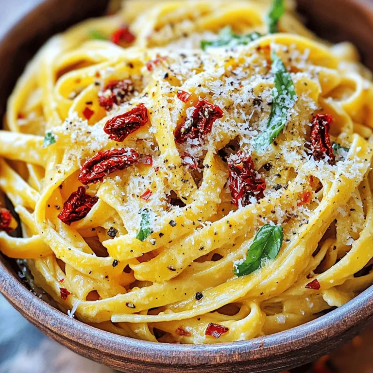 Für die cremige getrocknete Tomaten-Basilikum-Pasta benötigst du: - 340 g Pasta (Fettuccine oder Penne) - 150 g getrocknete Tomaten, grob gehackt - 240 ml Schlagsahne - 50 g frisch geriebener Parmesan - 3 Knoblauchzehen, fein gehackt - 1/2 Tasse frische Basilikumblätter, grob gehackt - 2 Esslöffel Olivenöl - Salz und Pfeffer nach Geschmack - Optional: Chiliflocken für eine scharfe Note Die Zubereitung dieses Gerichts ist schnell und einfach. Die Vorbereitungszeit beträgt nur 10 Minuten. Die gesamte Zubereitungszeit beträgt 30 Minuten. Damit kannst du 4 Portionen leckere Pasta servieren. Um den Geschmack zu variieren, kannst du die folgenden Zutaten hinzufügen: - Chiliflocken für einen scharfen Kick - Frisch geriebenen Zitronenabrieb für Frische - Pinienkerne für einen nussigen Crunch - Eine Prise Muskatnuss für ein warmes Aroma Diese Optionen geben deiner Pasta einen besonderen Twist und machen sie noch schmackhafter. Beginne mit einem großen Topf. Fülle ihn mit Wasser und füge Salz hinzu. Setze den Topf auf den Herd und bringe das Wasser zum Kochen. Füge nun 340 g Pasta hinzu. Koche die Pasta laut Packungsanweisung, bis sie al dente ist. Das dauert meist etwa 8 bis 10 Minuten. Bevor du die Pasta abgießt, hebe 240 ml des Nudelwassers auf. Das Wasser hilft, die Sauce später cremiger zu machen. Gieße die Pasta ab und stelle sie beiseite. Erhitze in einer großen Pfanne 2 Esslöffel Olivenöl bei mittlerer Hitze. Wenn das Öl heiß ist, füge 3 fein gehackte Knoblauchzehen hinzu. Brate den Knoblauch für etwa 1 Minute an. Achte darauf, dass er nicht anbrennt. Der Geruch wird einfach himmlisch sein! Gib nun 150 g grob gehackte getrocknete Tomaten in die Pfanne. Brate sie für 2 Minuten, bis sie weich sind. Jetzt kommt der spannende Teil! Gieße 240 ml Schlagsahne in die Pfanne. Lass die Mischung sanft köcheln. Reduziere die Hitze und rühre 50 g frisch geriebenen Parmesan ein. Warte, bis der Käse schmilzt und alles gut vermischt ist. Wenn die Sauce zu dick ist, füge etwas vom aufbewahrten Nudelwasser hinzu. Das macht die Sauce perfekt cremig. Um die beste Konsistenz für Ihre Sauce zu bekommen, ist die richtige Menge an Nudelwasser wichtig. Bewahren Sie 240 ml des Nudelwassers auf, nachdem Sie die Pasta gekocht haben. Das stärkehaltige Wasser hilft, die Sauce cremiger zu machen. Fügen Sie nach Bedarf kleine Mengen hinzu, bis die Sauce die gewünschte Dicke erreicht. Achten Sie darauf, die Hitze niedrig zu halten, während Sie die Sahne und den Parmesan einrühren. Das verhindert, dass die Sauce gerinnt. Ein häufiger Fehler ist, die Pasta zu lange zu kochen. Kochen Sie die Pasta nur bis sie al dente ist. So bleibt sie bissfest und nimmt die Sauce besser auf. Ein weiterer Fehler ist, nicht genug Salz ins Nudelwasser zu geben. Das Wasser sollte wie Meerwasser schmecken. So bekommt die Pasta mehr Geschmack. Wenn Sie die getrockneten Tomaten nicht richtig anbraten, können sie hart bleiben. Achten Sie darauf, sie für ein paar Minuten in der Pfanne zu braten, bis sie weich sind. Wenn Sie eine glutenfreie Option benötigen, verwenden Sie glutenfreie Pasta. Diese wird gut mit der Sauce harmonieren. Für eine vegane Variante ersetzen Sie die Schlagsahne durch Kokosmilch oder Cashewcreme. Nutzen Sie Hefeflocken anstelle von Parmesan für den Geschmack. Wenn Sie laktosefrei leben, wählen Sie laktosefreie Sahne und Käse. So können alle diese köstliche cremige Pasta genießen. {{image_4}} Wenn Sie eine vegetarische Option wünschen, können Sie die Sahne durch pflanzliche Alternativen ersetzen. Kokosmilch oder Cashewcreme geben einen tollen Geschmack. Verwenden Sie auch mehr Gemüse. Zucchini oder Spinat passen gut in diese Pasta. Diese Zutaten sorgen für Frische und Farbe. Für mehr Eiweiß können Sie Hähnchen oder Garnelen hinzufügen. Braten Sie das Hähnchen in kleinen Stücken in der Pfanne an. Fügen Sie es dann vor der Pasta hinzu. Garnelen sind ebenfalls leicht zu kochen und passen gut zur Sauce. Geben Sie sie einfach in die Pfanne, wenn Sie die getrockneten Tomaten hinzufügen. Kochen Sie sie, bis sie rosa sind. Wenn Sie glutenfrei essen möchten, wählen Sie glutenfreie Pasta. Es gibt viele Sorten, die gut schmecken. Achten Sie darauf, die Kochzeit anzupassen. Glutenfreie Pasta benötigt oft weniger Zeit als normale Pasta. Überprüfen Sie die Verpackung für genaue Anweisungen. So bleibt Ihr Gericht lecker und für alle geeignet. Um Reste der cremigen getrockneten Tomaten-Basilikum-Pasta zu lagern, gebe ich sie in einen luftdichten Behälter. So bleibt die Pasta frisch. Lass die Pasta zuerst abkühlen, bevor du sie in den Behälter gibst. Achte darauf, die Reste innerhalb von zwei Stunden nach dem Kochen zu lagern. Wenn du die Reste aufwärmen möchtest, benutze einen Topf oder die Mikrowelle. Füge etwas Wasser oder Sahne hinzu, damit die Sauce nicht zu dick wird. Erhitze die Pasta langsam, damit sie gleichmäßig warm wird. Rühre dabei gut um, um die Aromen zu verteilen. Im Kühlschrank hält sich die Pasta bis zu drei Tage. Achte darauf, die Reste gut abzudecken. Nach drei Tagen könnte die Pasta an Geschmack verlieren. Bei Anzeichen von Verderb solltest du die Pasta entsorgen. Um die Pasta cremiger zu machen, können Sie mehr Schlagsahne hinzufügen. Starten Sie mit 240 ml und fügen Sie nach Bedarf mehr hinzu. Ein weiterer Trick ist, etwas von dem Nudelwasser hinzuzufügen. Das stärkehaltige Wasser hilft, die Sauce zu binden und macht sie cremiger. Rühren Sie gut, bis die gewünschte Konsistenz erreicht ist. Ja, Sie können frische Tomaten verwenden. Schneiden Sie sie klein und braten Sie sie in der Pfanne an, bis sie weich sind. Die Menge kann jedoch variieren. Frische Tomaten geben eine andere Textur und einen frischen Geschmack. Bedenken Sie, dass Sie die Sauce eventuell länger köcheln lassen müssen, um die richtige Konsistenz zu erreichen. Die Pasta kann im Kühlschrank bis zu drei Tage aufbewahrt werden. Lagern Sie sie in einem luftdichten Behälter. Um die beste Textur zu erhalten, sollten Sie die Pasta in der Mikrowelle oder auf dem Herd mit etwas Nudelwasser aufwärmen. So bleibt die Sauce cremig und die Pasta weich. Wir haben die wichtigsten Zutaten und Schritte für ein tolles Pasta-Gericht behandelt. Du hast gelernt, wie du eine köstliche Sauce und verschiedene Variationen zubereitest. Denk daran, die Konsistenz der Sauce anzupassen und häufige Fehler zu vermeiden. Mit diesen Tipps kannst du deine Pasta genießerisch anpassen. Nutze die Lagerinformationen, um Reste richtig zu verwahren. So bleibt dein Gericht immer frisch. Viel Spaß beim Kochen und Genießen deiner neuen Pasta-Kreationen!