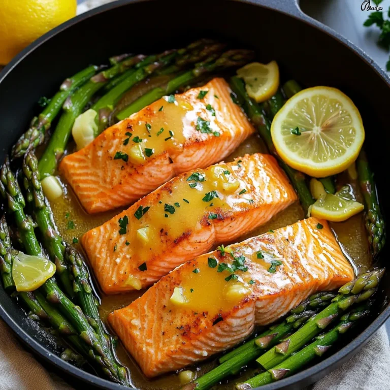 - 2 Lachsfilets (jeweils ca. 170 g) - 1 Bund Spargel, gewaschen und die Enden abgeschnitten - 3 Esslöffel ungesalzene Butter - 2 Esslöffel Olivenöl - 3 Knoblauchzehen, fein gehackt - Schale von 1 Zitrone (abgerieben) - Saft von 1 Zitrone - Salz und Pfeffer nach Geschmack - Frische Petersilie, gehackt - Zitronenscheiben Ich liebe, wie einfach und frisch die Zutaten sind. Die Lachsfilets bringen den zarten Geschmack des Fisches. Spargel fügt eine knackige Textur hinzu. Ungesalzene Butter sorgt für einen reichhaltigen Geschmack. Olivenöl gibt dem Gericht eine gesunde Note und hilft, die Aromen zu verbinden. Die Gewürze sind einfach, aber sehr effektiv. Knoblauch bringt ein tolles Aroma. Zitronenschale und -saft bieten eine spritzige Frische, die die Aromen hebt. Salz und Pfeffer runden alles ab und bringen den Geschmack zur Geltung. Für die Garnitur nutzen wir frische Petersilie. Sie gibt dem Gericht einen lebendigen Farbpunkt. Zitronenscheiben machen das Gericht noch einladender. Diese Zutaten sind nicht nur lecker, sondern auch schnell zu finden. Sie machen das Kochen einfach und angenehm. Um dieses Gericht zuzubereiten, würzen Sie zuerst die Lachsfilets. Nehmen Sie die Filets und streuen Sie Salz, Pfeffer und die Zitronenschale darauf. Diese Gewürze geben dem Lachs einen tollen Geschmack. Dann bereiten Sie den Spargel vor. Waschen Sie den Spargel gut und schneiden Sie die Enden ab. So bleibt er frisch und lecker. Jetzt ist es Zeit, die Pfanne zu erhitzen. Nehmen Sie eine große Pfanne und geben Sie das Olivenöl hinein. Stellen Sie die Hitze auf mittel bis hoch. Warten Sie, bis das Öl heiß wird, bevor Sie den Lachs hinzufügen. Das ist wichtig, damit der Lachs schön anbrät. Legen Sie die Lachsfilets mit der Hautseite nach unten in die heiße Pfanne. Braten Sie sie für etwa 4-5 Minuten. Lassen Sie die Filets in Ruhe braten. So wird die Haut knusprig und lecker. Wenden Sie vorsichtig den Lachs. Geben Sie dann den fein gehackten Knoblauch und den vorbereiteten Spargel in die Pfanne. Kochen Sie alles für 2-3 Minuten weiter. Der Spargel sollte zart, aber knackig bleiben. Jetzt kommt der besondere Teil. Reduzieren Sie die Hitze auf mittel. Geben Sie die Butter und den Zitronensaft in die Pfanne. Warten Sie, bis die Butter geschmolzen ist. Mit einem Löffel mischen Sie die Butter-Knoblauch-Mischung über den Lachs und den Spargel. Das sorgt für einen tollen Geschmack. Kochen Sie alles zusammen für weitere 2-3 Minuten. Der Lachs sollte durch, aber nicht trocken sein. Der Spargel bleibt knackig. Nehmen Sie die Pfanne vom Herd. Streuen Sie die gehackte Petersilie darüber und fügen Sie Zitronenscheiben für die Garnitur hinzu. Das sieht nicht nur gut aus, sondern schmeckt auch frisch und lecker! - Temperaturüberwachung: Nutze ein Fleischthermometer. Der Lachs sollte 54 Grad Celsius erreichen. So bleibt er saftig. - Garzeit bestimmen: Brate den Lachs 4-5 Minuten auf der Hautseite. Wende ihn dann vorsichtig und gare ihn für weitere 2-3 Minuten. - Tipps zur Zubereitung von Spargel: Achte darauf, den Spargel frisch zu wählen. Breche die holzigen Enden ab. Dies sorgt für zarten Spargel. Brate ihn in der Pfanne, bis er knackig bleibt. - Variation der Buttermenge: Du kannst die Buttermenge je nach Geschmack anpassen. Mehr Butter macht die Sauce reichhaltiger. Weniger Butter lässt die Zitronenfrische stärker durchkommen. Experimentiere mit der Menge, um deinen perfekten Geschmack zu finden. {{image_4}} Bist du bereit, dein Gericht zu variieren? Du kannst mit verschiedenen Gemüsesorten spielen. Zum Beispiel passen Zucchini und Paprika gut dazu. Du kannst auch Brokkoli oder grüne Bohnen verwenden. Diese Gemüsesorten fügen Geschmack und Farbe hinzu. Sie sorgen dafür, dass dein Gericht noch bunter wird. Das Gewürzen macht dein Essen besonders. Du kannst frische Kräuter wie Thymian oder Rosmarin hinzufügen. Diese Kräuter bringen einen neuen Geschmack. Auch Chili oder Paprika können für mehr Würze sorgen. Experimentiere mit verschiedenen Gewürzen, um deine eigene Note zu finden. Was passt gut zu deinem Lachsgericht? Probiere dazu Reis oder Quinoa. Diese Beilagen sind leicht und gesund. Auch ein frischer Salat mit Zitronendressing passt perfekt. Wenn du es herzhaft magst, sind Kartoffeln eine gute Wahl. Sie machen das Essen sättigender. Bewahre die Reste in einem luftdichten Behälter auf. Stelle sicher, dass der Behälter gut verschlossen ist. Du kannst die Reste bis zu drei Tage im Kühlschrank lagern. So bleibt der Lachs saftig und der Spargel frisch. Um das Gericht aufzuwärmen, benutze eine Pfanne. Erhitze sie bei mittlerer Hitze und gib die Reste hinein. Füge einen kleinen Schluck Wasser oder Brühe hinzu, um das Austrocknen zu verhindern. Decke die Pfanne ab, damit die Hitze gleichmäßig verteilt wird. Das Aufwärmen dauert etwa 5 bis 7 Minuten. So bleibt der Lachs zart und der Spargel knackig. Um die Haltbarkeit zu bestimmen, achte auf Geruch und Aussehen. Wenn der Lachs unangenehm riecht oder die Farbe sich verändert, ist er nicht mehr gut. Achte darauf, dass die Reste schnell gegessen werden. So vermeidest du Lebensmittelverschwendung und kannst das Gericht in seiner besten Form genießen. Die Zubereitung dauert insgesamt 20 Minuten. Die Vorbereitungszeit beträgt etwa 10 Minuten. Für die restlichen 10 Minuten kochen Sie die Zutaten in der Pfanne. Es ist schnell und einfach, perfekt für ein Abendessen unter der Woche. Ja, gefrorenen Lachs können Sie verwenden. Tauchen Sie ihn zuerst im Kühlschrank auf. Dies gibt Ihnen den besten Geschmack und die beste Textur. Wenn der Lachs aufgetaut ist, gehen Sie mit dem Rezept wie gewohnt vor. Achten Sie darauf, ihn gut zu würzen, damit er die Aromen aufnimmt. Zu diesem Gericht passt ein leichter, frischer Weißwein. Ein Sauvignon Blanc oder ein Chardonnay harmoniert gut mit dem Lachs. Diese Weine ergänzen die Zitrusnoten und die Butter. Wenn Sie Rotwein bevorzugen, wählen Sie einen sehr leichten Pinot Noir. Lachs mit Spargel ist einfach und lecker. Wir haben die Hauptzutaten wie Lachsfilets und Spargel besprochen. Ich habe erklärt, wie man die Zutaten richtig vorbereitet und das Gericht zubereitet. Tipps helfen, den Lachs perfekt zu garen und die Zitronenbuttersauce zu verfeinern. Experimentiere mit Variationen und Beilagen. Denke an die Lagerung von Resten, damit du sie später genießen kannst. Jetzt bist du bereit, dieses Gericht zu kochen und deine Gäste zu beeindrucken. Viel Erfolg!