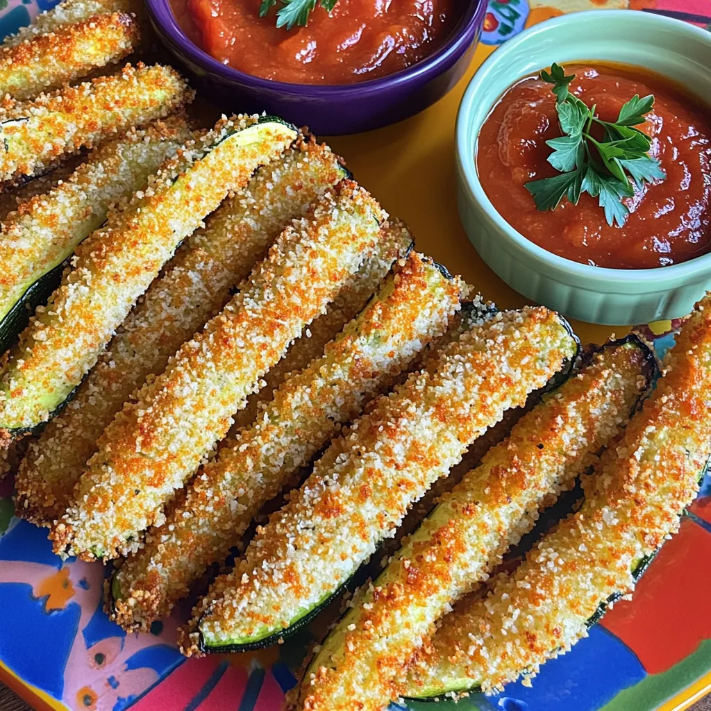 - 2 mittelgroße Zucchini - 1 Tasse Paniermehl (Panko für extra Knusprigkeit) - 1/2 Tasse geriebener Parmesan Zucchini sind die Hauptzutat. Sie geben den Fries ihren tollen Geschmack. Panko sorgt für extra Knusprigkeit. Parmesan bringt einen herzhaften, würzigen Kick. - 1 Teelöffel Knoblauchpulver - 1 Teelöffel Zwiebelpulver - 1/2 Teelöffel getrockneter Oregano - 1/2 Teelöffel Paprika - Salz und Pfeffer nach Geschmack Die Gewürze machen die Zucchini Fries besonders lecker. Knoblauchpulver und Zwiebelpulver geben Tiefe. Oregano bringt einen frischen, mediterranen Geschmack. Paprika fügt eine leichte Schärfe hinzu. - 2 große Eier - 1/2 Tasse Weizenmehl - Olivenöl-Spray Eier helfen, die Panade gut zu halten. Weizenmehl gibt den Fries eine solide Basis. Olivenöl-Spray sorgt für eine schöne Bräune und Knusprigkeit. Zuerst schneide ich die Zucchini. Ich mache sie in Sticks, etwa 1,3 cm dick. Diese Form sorgt für eine gleichmäßige Garzeit. Dann tupfe ich die Stücke mit einem Papiertuch trocken. Das hilft, die Zucchini knusprig zu halten. Ich bereite auch ein Backblech vor. Dazu lege ich es mit Backpapier aus. So bleibt nichts kleben und die Fries werden schön knusprig. Jetzt richte ich meine Panierstation ein. In einer flachen Schüssel mische ich das Weizenmehl mit einer Prise Salz und Pfeffer. In einer zweiten Schüssel verquirle ich die Eier. Sie sollten glatt sein. In einer dritten Schüssel bereite ich die Paniermehlmischung vor. Diese besteht aus Panko, Parmesan, Knoblauchpulver, Zwiebelpulver, Oregano, Paprika, Salz und Pfeffer. Ich vermenge alles gut. Jetzt beginne ich mit dem Panieren der Zucchini-Sticks. Zuerst wende ich jeden Stick in der Mehlmischung. Danach tauche ich ihn in die verquirlten Eier und lasse überschüssiges Ei abtropfen. Schließlich rolle ich den Stick in der Paniermehlmischung, bis er gut bedeckt ist. Ich lege die panierten Sticks auf das vorbereitete Backblech. Es ist wichtig, dass sie genug Platz haben. So garen sie gleichmäßig. Ich besprühe die Oberseite leicht mit Olivenöl-Spray. Das bringt extra Knusprigkeit. Jetzt backe ich die Zucchini-Fries im vorgeheizten Ofen bei 220 °C. Die Backzeit beträgt etwa 20 bis 25 Minuten. Ich wende die Fries zur Hälfte der Backzeit. So werden sie von allen Seiten schön goldbraun und knusprig. Nach dem Backen lasse ich die Zucchini Fries etwas abkühlen. Dann sind sie bereit zum Servieren. Um die Zucchini Fries richtig knusprig zu machen, empfehle ich die Verwendung von Panko. Panko ist grobes Paniermehl, das mehr Luft hat. Dies sorgt für eine tolle Textur. Sprühen Sie auch etwas Olivenöl auf die Fries, bevor Sie sie backen. Das Öl hilft, eine goldbraune Kruste zu bekommen. Ein häufiger Fehler ist, die Zucchini nicht genug zu trocknen. Nach dem Schneiden sollten Sie die Stücke mit einem Papiertuch gut abtupfen. Zu viel Feuchtigkeit macht die Fries matschig. Achten Sie auch darauf, genügend Abstand zwischen den Zucchini-Sticks zu lassen. So können sie gleichmäßig garen und knusprig werden. Die Zucchini Fries passen gut zu verschiedenen Dips. Marinara-Sauce ist eine beliebte Wahl. Sie können auch Knoblauch-Aioli dazu reichen. Diese Saucen ergänzen den Geschmack und machen das Essen noch leckerer. {{image_4}} Um den Geschmack Ihrer Zucchini Fries zu verändern, probieren Sie verschiedene Gewürze. Sie können Cayennepfeffer für etwas Schärfe hinzufügen. Italienische Kräuter wie Basilikum oder Thymian bringen frische Aromen. Diese Zusätze machen die Fries noch interessanter. Parmesan ist großartig, aber Sie können auch andere Käsesorten verwenden. Cheddar sorgt für einen kräftigen Geschmack. Gouda gibt ein leicht süßliches Aroma. Experimentieren Sie mit verschiedenen Käsesorten, um Ihre Lieblingsversion zu finden. Wenn Sie eine glutenfreie Diät einhalten, können Sie das Weizenmehl und das Paniermehl ersetzen. Verwenden Sie glutenfreies Mehl und Panko. So bleiben die Zucchini Fries knusprig und lecker. Glutenfreie Varianten sind ebenso schmackhaft und gesund. Um die übrig gebliebenen Zucchini Fries frisch zu halten, lege sie in einen luftdichten Behälter. Stelle sicher, dass sie vollständig abgekühlt sind, bevor du sie einpackst. Im Kühlschrank hält sich dein Snack bis zu drei Tage. Wenn du sie länger aufbewahren möchtest, ist das Einfrieren eine gute Option. So frieren Sie die Fries richtig ein: Lasse die Zucchini Fries zuerst abkühlen. Lege sie dann auf ein Backblech, ohne dass sie sich berühren. Friere sie für etwa eine Stunde ein. Nach dem Einfrieren kannst du die Fries in einen Gefrierbeutel legen. So bleiben sie knusprig und frisch. Sie können bis zu drei Monate im Gefrierschrank bleiben. Die besten Methoden zum Aufwärmen für Knusprigkeit: Heize deinen Ofen auf 200 °C vor. Lege die Zucchini Fries auf ein Backblech und sprühe sie leicht mit Olivenöl ein. Backe sie für etwa 10-15 Minuten, bis sie wieder knusprig sind. Du kannst auch eine Heißluftfritteuse verwenden. Das sorgt für eine tolle Textur. Achte darauf, die Fries nicht zu lange zu erhitzen, damit sie nicht austrocknen. Zucchini Fries sind im Kühlschrank bis zu 3 Tage haltbar. Bewahre sie in einem luftdichten Behälter auf. Im Gefrierschrank halten sie bis zu 3 Monate. Stelle sicher, dass sie gut verpackt sind, um Gefrierbrand zu vermeiden. Ja, du kannst die Zucchini im Voraus vorbereiten. Schneide sie in Sticks und lege sie in den Kühlschrank. Du kannst auch die Panierstation einrichten. Halte die Zutaten getrennt, bis du bereit bist, sie zu backen. So bleibt die Panade frisch und knusprig. Die besten Dips sind Marinara-Sauce und Knoblauch-Aioli. Beide passen perfekt zu den knusprigen Zucchini Fries. Du kannst auch einen Joghurt-Dip oder eine scharfe Salsa versuchen. Experimentiere mit verschiedenen Dips, um deinen Favoriten zu finden. Zucchini Fries sind lecker und einfach zu machen. Wir haben wichtige Zutaten wie Zucchini, Paniermehl und Parmesan besprochen. Die Schritt-für-Schritt-Anleitung führt Sie durch die Vorbereitung und das Backen. Sie lernen auch Tipps für maximale Knusprigkeit und Fehler, die Sie vermeiden sollten. Variationen ermöglichen kreative Anpassungen, und die besten Aufbewahrungsmethoden sorgen dafür, dass sie frisch bleiben. Genießen Sie die Zucchini Fries als Snack oder Beilage mit Ihren Lieblingsdips. Experimentieren Sie, um Ihr perfektes Rezept zu finden!