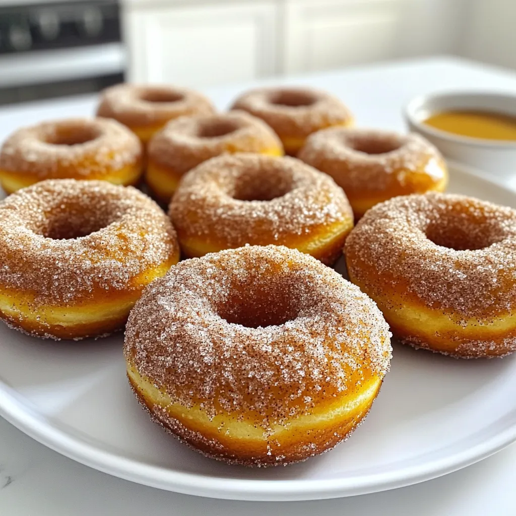 - 1 Tasse Kürbispüree - 1/2 Tasse Zucker - 1/4 Tasse Brauner Zucker - 1/3 Tasse Pflanzenöl - 2 große Eier - 1 Teelöffel Vanilleextrakt Die Hauptzutaten sind der Schlüssel zu einem großartigen Geschmack. Das Kürbispüree bringt die herbstliche Note. Zucker und brauner Zucker geben die richtige Süße. Pflanzenöl sorgt für einen feuchten Donut. Die Eier helfen, alles zu binden, während der Vanilleextrakt für einen feinen Duft sorgt. - 1 1/2 Tassen Weizenmehl - 1 Teelöffel Backpulver - 1/2 Teelöffel Natron - 1 Teelöffel gemahlener Zimt - 1/2 Teelöffel gemahlene Muskatnuss - 1/2 Teelöffel Salz Die trockenen Zutaten sind wichtig für die Struktur der Donuts. Weizenmehl gibt Stabilität. Backpulver und Natron lassen die Donuts aufgehen. Zimt und Muskatnuss bringen den typischen Geschmack. Salz verstärkt die Aromen und macht die Donuts noch besser. - 1/4 Tasse Zucker - 2 Teelöffel gemahlener Zimt Der Zimt-Zucker ist das i-Tüpfelchen. Nach dem Backen wälzen die Donuts darin, was ihnen eine süße Kruste gibt. Dieser Schritt macht sie unwiderstehlich und sorgt für ein tolles Aussehen. Heize deinen Ofen auf 175°C vor. Das ist die perfekte Temperatur für die Donuts. Fette ein Donutblech mit Kochspray oder Butter ein. Das sorgt dafür, dass die Donuts nicht kleben bleiben. In einer großen Schüssel kombinierst du das Kürbispüree, den Zucker, den braunen Zucker, das Pflanzenöl, die Eier und den Vanilleextrakt. Rühre alles gut um, bis die Mischung glatt ist. Diese Schritte helfen, die Aromen gleichmäßig zu verteilen. Nimm eine separate Schüssel. Gib das Weizenmehl, das Backpulver, das Natron, den gemahlenen Zimt, die Muskatnuss und das Salz hinein. Siebe alles zusammen und vermische es gut. Dadurch werden Klumpen vermieden und die Zutaten verbinden sich besser. Fülle die vorbereiteten Donutformen mit dem Teig. Achte darauf, dass sie etwa zu 3/4 voll sind. So haben die Donuts genug Platz, um beim Backen aufzugehen. Eine gleichmäßige Verteilung ist wichtig für die Form. Backe die Donuts für 12 bis 15 Minuten. Prüfe mit einem Zahnstocher, ob sie fertig sind. Wenn der Zahnstocher sauber herauskommt, sind die Donuts bereit. Timing ist hier sehr wichtig, um die perfekte Konsistenz zu erreichen. Lass die Donuts etwa 5 Minuten in der Form abkühlen. Danach lege sie auf ein Kuchengitter, um sie ganz abkühlen zu lassen. In einer kleinen Schüssel vermischst du den Zucker und den gemahlenen Zimt für die Beschichtung. Wälze die abgekühlten Donuts in dieser Mischung, bis sie gut bedeckt sind. Das gibt ihnen den perfekten süßen Crunch. Um perfekte Donuts zu machen, gibt es ein paar Dinge zu beachten. Vermeide es, den Teig zu stark zu mischen. Mische nur so lange, bis alles gerade zusammenkommt. Wenn du zu lange rührst, werden die Donuts dicht. Fülle das Donutblech nicht zu voll. Lass Platz, damit sie aufgehen können. Achte darauf, die Donuts nicht zu lange zu backen. Sie sollten goldbraun und fluffig sein. Manchmal hast du vielleicht nicht alle Zutaten zur Hand. Du kannst Kürbispüree durch Apfelmus ersetzen. Das ergibt einen ähnlichen Geschmack. Wenn du keinen braunen Zucker hast, benutze einfach mehr weißen Zucker. Für eine vegane Option verwende Leinsamen anstelle von Eiern. Mische 1 Esslöffel Leinsamenmehl mit 3 Esslöffeln Wasser. Lass es 5 Minuten ruhen, dann hast du einen Ei-Ersatz. Die Präsentation macht viel aus. Arrangiere die Donuts auf einem schönen Teller. Du kannst sie mit Ahornbutter oder Frischkäse-Frosting servieren. Füge eine kleine Schüssel mit dem Dip hinzu, damit es einfach ist. Ein Hauch von Zimt oben drauf sieht nicht nur gut aus, sondern schmeckt auch toll. Denke daran, die Donuts warm zu servieren. So sind sie besonders köstlich. {{image_4}} Für eine glutenfreie Version dieser Donuts verwende einfach glutenfreies Mehl. Achte darauf, dass es eine Mischung ist, die für Backwaren geeignet ist. Das sorgt für gute Textur und Geschmack. Die Zubereitung bleibt gleich. Ersetze einfach das Weizenmehl durch das glutenfreie Mehl. So kannst du die Donuts genießen, ohne auf Gluten zu achten. Du kannst dem Teig auch mehr Geschmack geben. Füge Vanilleextrakt oder Schokoladenstückchen hinzu. Ein Teelöffel Vanilleextrakt bringt eine feine Süße. Schokoladenstückchen machen die Donuts noch schokoladiger. Experimentiere mit diesen Zutaten, um deine perfekten Donuts zu kreieren. Verschiedene Frostings machen die Donuts noch besser. Eine einfache Glasur aus Puderzucker und Wasser ist schnell gemacht. Du kannst auch Frischkäse-Frosting oder Schokoladenglasur probieren. Mische den Puderzucker mit einem kleinen Schuss Milch oder Sahne für eine cremige Textur. Die Möglichkeiten sind endlos, also experimentiere und finde deinen Favoriten! Um die frisch gebackenen Zimt-Zucker-Kürbis-Donuts zu lagern, lege sie in einen luftdichten Behälter. Verwende ein Tuch oder eine Papiertüte, um Feuchtigkeit zu vermeiden. Bewahre sie bei Raumtemperatur auf, aber nicht in direkter Sonne. Diese Methode hält die Donuts weich und lecker. Die Donuts bleiben frisch für 2 bis 3 Tage. Nach dieser Zeit können sie hart werden. Wenn du sie länger aufbewahren möchtest, friere sie ein. So bleiben sie bis zu 2 Monate haltbar. Vergiss nicht, sie gut einzupacken, damit sie keinen Frostgeschmack annehmen. Um die Donuts wieder aufzuwärmen, benutze die Mikrowelle oder den Ofen. Für die Mikrowelle lege einen Donut auf einen Teller und wärme ihn für 10-15 Sekunden auf. Für den Ofen heize ihn auf 175°C vor und backe den Donut 5 Minuten lang. So werden sie warm und frisch wie beim ersten Mal. Um fluffige Donuts zu machen, achte auf diese Tipps: - Verwende frische Zutaten. Alte Backmittel können die Textur beeinträchtigen. - Mische die trockenen Zutaten gut, damit sie gleichmäßig verteilt sind. - Rühre die feuchten und trockenen Zutaten nur kurz zusammen. Übermixen kann die Donuts hart machen. - Fülle das Donutblech nicht zu voll. So haben die Donuts Platz, um aufzugehen. Ja, du kannst das Rezept verdoppeln! Beachte dabei: - Nimm eine große Schüssel, um alle Zutaten gut zu vermischen. - Verwende zwei Donutbleche oder backe die Donuts in mehreren Durchgängen. - Halte die Backzeit gleich, aber überprüfe die Donuts mit einem Zahnstocher, um sicher zu sein. Für frisch gebackene Zimt-Zucker-Kürbis-Donuts empfehle ich: - Lokale Bäckereien, die saisonale Produkte anbieten. - Online-Shops, die sich auf handgemachte Donuts spezialisiert haben. - Besuche Bauernmärkte. Dort gibt es oft tolle, frisch gebackene Optionen. Zusammenfassend haben wir die wichtigsten Zutaten für köstliche Kürbis-Donuts behandelt. Wir haben die Schritte zur Zubereitung aufgezeigt, vom Ofen Vorheizen bis zum Wenden in Zimt-Zucker. Es gibt Tipps zur Perfektionierung und sogar glutenfreie Optionen. Diese Donuts sind lecker und einfach zu machen. Experimentiere mit Geschmäckern und Variationen. Mit der richtigen Lagerung bleiben sie frisch und köstlich. Bereite dich auf ein tolles Backerlebnis vor und genieße deine Donuts!