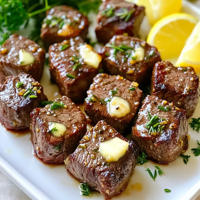 - 450 g Sirloin-Steak, in mundgerechte Würfel geschnitten - 4 Esslöffel ungesalzene Butter, geschmolzen - 4 Knoblauchzehen, fein gehackt - 1 Teelöffel frischer Rosmarin, gehackt - 1 Teelöffel frischer Thymian, gehackt - Salz und Pfeffer nach Geschmack Für die gebackenen Knoblauchbutter-Steakbissen sind die Hauptzutaten sehr wichtig. Sirloin-Steak liefert den besten Geschmack und die zarte Textur. Die geschmolzene Butter sorgt für reichhaltigen Geschmack. Frischer Knoblauch bringt eine tolle Aromen. Rosmarin und Thymian ergänzen das Steak perfekt. - 1 Esslöffel Olivenöl Zusätzliches Olivenöl ist wichtig. Es hilft, das Steak saftig zu halten und gibt extra Geschmack. Es verbindet auch die Gewürze in der Marinade. Ohne Olivenöl könnten die Steakbissen trocken werden. - 1 Esslöffel frische Petersilie, gehackt (zum Garnieren) - Zitronenschnitze (zum Servieren) Die Garnituren sind nicht nur schön, sondern auch lecker. Die frische Petersilie bringt Farbe und Geschmack. Zitronenschnitze sorgen für einen spritzigen Kick. Servieren Sie die Steakbissen auf einem rustikalen Holzbrett. Ein kleines Schälchen mit Knoblauchbutter zum Dippen macht das Essen noch besser. Heizen Sie Ihren Ofen auf 200 °C vor. Dies ist wichtig, damit die Steakbissen gleichmäßig garen. Nehmen Sie ein Backblech und legen Sie es mit Backpapier aus. So bleiben die Steakbissen nicht kleben. Ein gut vorbereitetes Blech sorgt für ein einfaches Herausnehmen. In einer großen Schüssel vermengen Sie die geschmolzene Butter, den fein gehackten Knoblauch, Rosmarin und Thymian. Fügen Sie Salz und Pfeffer hinzu. Mischen Sie alles gut. Diese Marinade gibt dem Steak viel Geschmack. Jetzt schneiden Sie Ihr Sirloin-Steak in mundgerechte Würfel. Geben Sie die Würfel in die Schüssel. Werfen Sie alles gut um, bis das Steak gleichmäßig bedeckt ist. Lassen Sie die Marinade für einige Minuten einziehen. So schmeckt das Steak noch besser. Legen Sie die marinierten Steakbissen in einer einzigen Schicht auf das Backblech. Achten Sie darauf, dass sie sich nicht überlappen. Beträufeln Sie die Steakbissen mit Olivenöl. Dies sorgt für zusätzlichen Geschmack. Backen Sie die Steakbissen für 10-12 Minuten. Rühren Sie sie nach der Hälfte der Backzeit um, um gleichmäßige Bräunung zu erreichen. Nach dem Backen lassen Sie die Steakbissen für 2-3 Minuten ruhen. So bleiben sie saftig. Garnieren Sie die Steakbissen mit frisch gehackter Petersilie. Servieren Sie sie mit Zitronenschnitzen für einen spritzigen Kick. Wähle ein gutes Stück Steak für diesen Rezept. Sirloin ist eine tolle Wahl. Es hat Geschmack und ist zart. Achte darauf, dass das Fleisch eine schöne Farbe hat. Dunkles Rot zeigt Frische. Sorgfältige Auswahl macht den Unterschied in deinem Gericht. Um den perfekten Gargrad zu erreichen, ist Timing wichtig. Backe die Steakbissen 10-12 Minuten. Sie sollten außen goldbraun sein und innen zart. Verwende ein Fleischthermometer, um sicherzugehen. Für medium-rare sollte die Temperatur bei 57 °C liegen. Lass das Steak nach dem Backen kurz ruhen, damit die Säfte sich setzen. Frische Kräuter machen das Gericht lebendig. Rosmarin und Thymian sind ideal. Sie geben einen tollen Duft und Geschmack. Hacke die Kräuter fein, um ihre Aromen freizusetzen. Du kannst auch Petersilie zum Garnieren verwenden. Frische Kräuter sind der Schlüssel zu einem leckeren Gericht. {{image_4}} Wenn du kein Sirloin-Steak magst, gibt es viele Alternativen. Du kannst Rinderfilet verwenden. Es ist zart und hat einen guten Geschmack. Ein weiteres gutes Stück ist das Ribeye. Das Ribeye hat mehr Fett, was es saftiger macht. Für eine andere Option probiere Schweinefleisch. Das schmeckt ebenfalls gut mit Knoblauchbutter. Hähnchenbrust in Würfeln ist eine weitere leckere Wahl. Sie nimmt die Gewürze gut auf und bleibt saftig. Die Gewürze und Kräuter sind wichtig für den Geschmack. Du kannst den Knoblauch durch Zwiebeln ersetzen, wenn du magst. Für einen scharfen Kick füge etwas Chili hinzu. Wenn du es frisch magst, probiere Basilikum oder Koriander. Rosmarin und Thymian sind klassisch, aber du kannst auch Oregano verwenden. Jeder dieser Kräuter gibt dem Gericht eine andere Note. Experimentiere mit deinen Lieblingsgewürzen, um den perfekten Geschmack zu finden. Die richtigen Beilagen machen das Essen komplett. Ein frischer Salat passt gut zu den Steakbissen. Ein einfacher grüner Salat mit Zitronen-Dressing ist leicht und lecker. Geröstetes Gemüse ist eine weitere gute Wahl. Es bringt Farbe und Geschmack auf den Teller. Du kannst auch Kartoffeln in verschiedenen Formen servieren. Püree, Pommes oder Ofenkartoffeln sind alle gute Optionen. Denke auch an Brot, um die köstliche Knoblauchbutter aufzutunken. Wenn Sie einige Steakbissen übrig haben, bewahren Sie sie in einem luftdichten Behälter auf. Kühl lagern Sie die Reste im Kühlschrank. Sie bleiben so bis zu drei Tage frisch. Achten Sie darauf, die Steakbissen vollständig abkühlen zu lassen, bevor Sie sie einlagern. Dies hilft, die Feuchtigkeit zu bewahren und das Fleisch zart zu halten. Um die Steakbissen aufzuwärmen, gibt es einige einfache Schritte. Heizen Sie den Ofen auf 180 °C vor. Legen Sie die Steakbissen auf ein Backblech und decken Sie sie mit Folie ab. Dies hilft, das Fleisch saftig zu halten. Wärmen Sie sie für etwa 10 Minuten auf. Alternativ können Sie auch eine Pfanne verwenden. Erhitzen Sie etwas Öl und braten Sie die Steakbissen bei mittlerer Hitze für 3-4 Minuten, bis sie warm sind. Wenn Sie die Steakbissen länger aufbewahren möchten, können Sie sie einfrieren. Legen Sie die abgekühlten Bissen in einen gefrierfesten Behälter oder einen Beutel. Beschriften Sie den Behälter mit dem Datum. Im Gefrierfach halten sie bis zu drei Monate. Zum Auftauen legen Sie die Steakbissen einfach über Nacht in den Kühlschrank. Danach können Sie sie wie gewohnt aufwärmen. Die Steakbissen sind nach 10 bis 12 Minuten im Ofen gar. Ich empfehle, sie nach der Hälfte der Zeit umzurühren. So bräunen sie gleichmäßig. Achte darauf, dass sie goldbraun sind und deinen gewünschten Gargrad haben. Wenn du sie lieber gut durchgegart magst, lasse sie ein paar Minuten länger im Ofen. Ja, du kannst die Steakbissen auch auf dem Grill zubereiten. Das Grillen verleiht ihnen einen tollen Rauchgeschmack. Stelle sicher, dass der Grill heiß ist, bevor du die Steakbissen darauf legst. Grille sie etwa 8 bis 10 Minuten lang. Wende sie regelmäßig, damit sie gleichmäßig garen. Zu gebackenen Steakbissen passen viele Beilagen. Hier sind einige Ideen, die du ausprobieren kannst: - Ofenkartoffeln oder Kartoffelpüree - Frischer Salat mit einem leichten Dressing - Gedünstetes Gemüse wie Brokkoli oder grüne Bohnen - Knoblauchbrot oder Baguette zum Dippen in die Butter Jede Beilage ergänzt die Steakbissen perfekt und macht dein Essen noch köstlicher. Die gebackenen Knoblauchbutter-Steakbissen sind einfach zuzubereiten. Wir haben die Hauptzutaten und eine leckere Marinade durchgesehen. Die Schritt-für-Schritt-Anleitung macht das Backen leicht. Tipps zur Auswahl des besten Steaks und zum Gargrad sorgen für den perfekten Geschmack. Variationen wie andere Fleischsorten und Gewürze bieten mehr Optionen. Zum Schluss sind die Lagerungshinweise nützlich, damit keine Reste verloren gehen. Denke daran, kreativ zu sein und deinen eigenen Stil zu finden. So genießt du jeden Bissen.