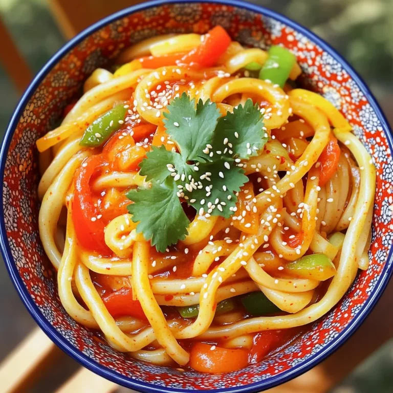 Für die perfekte Schüssel Udon-Nudeln brauchen wir einige wichtige Zutaten. Diese Zutaten machen unser Gericht schmackhaft und nahrhaft. Hier sind die Hauptzutaten: - 200g Udon-Nudeln - 1 kleine Karotte, in Julienne geschnitten - 1 Paprika (beliebige Farbe), dünn geschnitten - 3 Frühlingszwiebeln, gehackt Diese Zutaten bilden die Basis für unser Rezept und sorgen für eine schöne Textur und Farbe. Die richtige Sauce macht unser Gericht besonders lecker. Hier sind die Gewürze und Saucen, die du benötigen wirst: - 2 Esslöffel Gochujang (Koreanische Chilipaste) - 1 Esslöffel Sojasauce - 1 Esslöffel Sesamöl - 1 Esslöffel Honig oder Ahornsirup - 1 Teelöffel gehackter Knoblauch - 1 Teelöffel gehackter Ingwer Diese Zutaten verleihen den Udon-Nudeln einen würzigen Kick, den du lieben wirst. Gochujang bringt die Schärfe, während Honig die Süße hinzufügt. Um die Nudeln noch nahrhafter zu machen, kannst du einige optionale Zutaten hinzufügen. Diese sind nicht nötig, aber sie machen das Gericht noch besser: - Frittierter Tofu - Ein weich gekochtes Ei - Frische Korianderblätter zum Garnieren - 2 Teelöffel Sesamsamen Das Ei oder der Tofu geben zusätzliche Proteine. Der Koriander und die Sesamsamen machen das Gericht hübsch und aromatisch. Um die Udon-Nudeln perfekt zu kochen, bringe zuerst einen großen Topf mit Wasser zum Kochen. Gib die 200g Udon-Nudeln hinein. Koche sie für etwa 6-8 Minuten, bis sie weich sind. Achte darauf, sie regelmäßig umzurühren, damit sie nicht aneinander kleben. Nach dem Kochen, lasse die Nudeln in einem Sieb abtropfen und stelle sie beiseite. Für die Sauce nimm eine kleine Schüssel. Mische darin 2 Esslöffel Gochujang, 1 Esslöffel Sojasauce, 1 Esslöffel Sesamöl, und 1 Esslöffel Honig oder Ahornsirup. Füge 1 Teelöffel gehackten Knoblauch und 1 Teelöffel gehackten Ingwer hinzu. Rühre alles gut um, bis eine glatte, würzige Sauce entsteht. Diese Sauce gibt den Nudeln ihren besonderen Geschmack. Erhitze eine große Pfanne oder einen Wok bei mittlerer Hitze. Gib die in Julienne geschnittene Karotte und die dünn geschnittene Paprika hinein. Brate das Gemüse 2-3 Minuten an, bis es leicht weich wird. Jetzt kommen die Udon-Nudeln dazu. Gieße die vorbereitete Sauce über die Nudeln und das Gemüse. Mische alles gut, bis die Nudeln gleichmäßig mit der Sauce bedeckt sind. Lasse das Ganze 2-3 Minuten auf der Hitze, bis alles gut durchgewärmt ist. Nehme die Pfanne vom Herd. Rühre die gehackten Frühlingszwiebeln und die Sesamsamen unter. Serviere die Nudeln in Schalen und garniere sie mit frischem Koriander. Optional kannst du auch frittieren Tofu oder ein weich gekochtes Ei dazugeben. Um den Geschmack Ihrer Udon-Nudeln zu verbessern, nutzen Sie frische Zutaten. Frischer Ingwer und Knoblauch bringen mehr Aroma. Fügen Sie auch etwas Limettensaft hinzu. Das gibt der Sauce eine frische Note. Experimentieren Sie mit der Schärfe der Gochujang. Wenn Sie es schärfer mögen, nehmen Sie mehr. Für weniger Schärfe, verwenden Sie weniger. Die ideale Garzeit für Udon-Nudeln liegt bei 6 bis 8 Minuten. Kochen Sie sie nur bis sie leicht zart sind. Zu langes Kochen lässt sie matschig werden. Probieren Sie die Nudeln nach 6 Minuten. So finden Sie die perfekte Textur. Wenn sie fertig sind, lassen Sie sie abtropfen. Das ist wichtig, um die Sauce gut aufzunehmen. Um Zeit zu sparen, bereiten Sie alle Zutaten vor. Schneiden Sie das Gemüse vor dem Kochen. So können Sie sofort loslegen. Halten Sie die Sauce bereit, während die Nudeln kochen. Das spart Zeit. Die Gesamtzeit für dieses Gericht beträgt nur 20 Minuten. Mit etwas Planung ist es einfach und schnell. {{image_4}} Wenn Sie eine vegetarische Variante der Minute Spicy Gochujang Udon Noodles möchten, lassen Sie einfach die optionalen Proteine weg. Sie können auch frittierte Tofu-Würfel hinzufügen. Diese geben einen schönen Crunch und viel Geschmack. Wenn Sie Gemüse lieben, fügen Sie mehr Karotten oder Brokkoli hinzu. Für mehr Eiweiß können Sie auch Hähnchen oder Garnelen verwenden. Diese Proteinquellen passen gut zu den würzigen Nudeln. Kochen Sie das Fleisch oder die Meeresfrüchte, bis sie gar sind. Fügen Sie sie am Ende des Kochens zu den Nudeln hinzu. Das verstärkt den Geschmack und gibt Ihnen ein herzhaftes Gericht. Sie können die Gemüsesorten nach Belieben ändern. Zucchini, Bohnen oder Spinat sind tolle Ergänzungen. Diese Gemüse bringen frische Aromen und Farbe in das Gericht. Schneiden Sie das Gemüse in kleine Stücke, damit es gleichmäßig gart. Experimentieren Sie mit verschiedenen Kombinationen, um Ihren eigenen Geschmack zu finden! Um die Reste der Spicy Gochujang Udon-Nudeln frisch zu halten, legen Sie sie in einen luftdichten Behälter. Lassen Sie die Nudeln zuerst auf Raumtemperatur abkühlen. Stellen Sie sicher, dass der Behälter gut verschlossen ist. So bleiben die Aromen erhalten und die Nudeln trocknen nicht aus. Sie können die Reste bis zu drei Tage im Kühlschrank aufbewahren. Wenn Sie die Nudeln aufwärmen möchten, geben Sie sie in eine Pfanne. Fügen Sie etwas Wasser oder Brühe hinzu, um sie feucht zu halten. Erhitzen Sie die Nudeln bei mittlerer Hitze und rühren Sie ständig um. So vermeiden Sie, dass sie aneinander kleben. In etwa fünf Minuten sind die Nudeln wieder warm. Die frischen Zutaten, wie Karotten und Paprika, halten sich im Kühlschrank etwa eine Woche. Gochujang und Sesamöl sind lange haltbar. Lagern Sie diese in einem kühlen, dunklen Ort. Überprüfen Sie das Haltbarkeitsdatum, um sicherzustellen, dass sie frisch bleiben. Gochujang ist eine würzige Paste aus Korea. Sie wird aus roten Chili, Klebreis, Sojabohnen und Salz gemacht. Die Zutaten werden gemischt und fermentiert. Dieser Prozess gibt der Paste ihren einzigartigen Geschmack. Gochujang ist scharf, süß und umami. Ja, du kannst andere Nudelsorten verwenden. Reisnudeln oder Soba-Nudeln sind gute Alternativen. Achte darauf, die Kochzeit anzupassen. Udon-Nudeln sind dick und haben eine tolle Textur. Sie nehmen die Sauce gut auf. Das Rezept ist nicht von Natur aus glutenfrei. Udon-Nudeln enthalten Weizen. Um es glutenfrei zu machen, verwende glutenfreie Nudeln. Achte darauf, glutenfreie Sojasauce zu wählen. So kannst du das Rezept genießen, auch ohne Gluten. Udon-Nudeln sind einfach zuzubereiten und sehr vielseitig. Wir haben die Hauptzutaten sowie die Zubereitung Schritt für Schritt durchgenommen. Ohne viel Aufwand können Sie die Aromen optimieren und Ihre Nudeln variieren. Zudem haben wir hilfreiche Tipps zur Aufbewahrung gegeben. Denken Sie daran, auch mit verschiedenen Gemüsesorten und Proteinen zu experimentieren, um neue Rezepte zu entdecken. Udon-Nudeln sind ein leckeres Gericht, das Sie immer wieder genießen können.