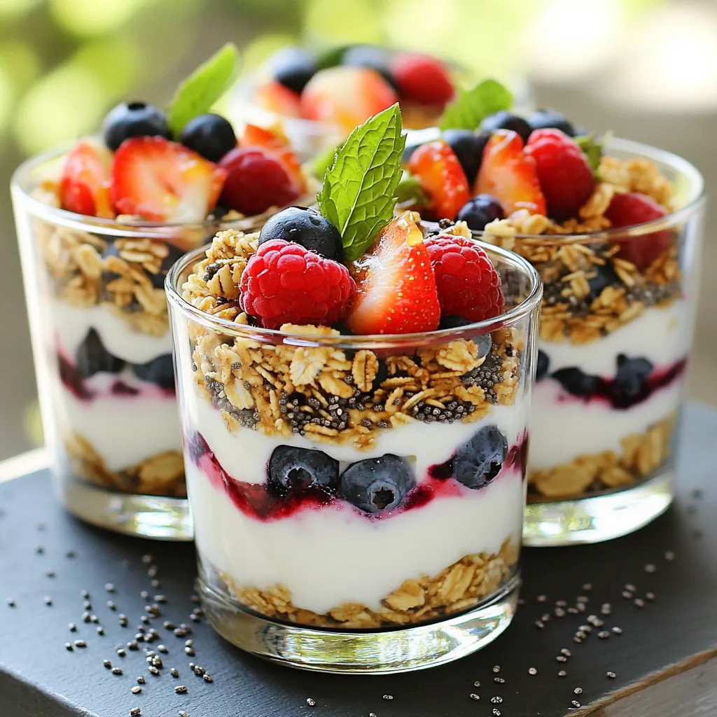 Für die Minute High-Protein Greek Yogurt Parfaits brauchen Sie: - 2 Tassen griechischer Joghurt (natur oder aromatisiert) - 1 Tasse gemischte Beeren (Erdbeeren, Blaubeeren, Himbeeren) - 1/4 Tasse Granola (bevorzugt zuckerarm) - 1 Esslöffel Chiasamen - 1 Teelöffel Vanilleextrakt Diese Zutaten geben den Parfaits einen nahrhaften und schmackhaften Grund. Griechischer Joghurt hat viel Protein. Die Beeren bringen Frische und Vitamine. Granola sorgt für einen knusprigen Biss. Chiasamen fügen Ballaststoffe hinzu. Sie können auch diese Zutaten verwenden: - 2 Esslöffel Honig oder Ahornsirup (optional) - Frische Minzblätter zur Dekoration Honig oder Ahornsirup machen die Parfaits süßer. Minzblätter geben ein tolles Aroma und eine schöne Optik. Hier sind einige Nährwerte der Hauptzutaten: - Griechischer Joghurt: Ca. 20g Protein pro 200g - Beeren: Hoch in Antioxidantien und Vitaminen - Granola: Ca. 4g Ballaststoffe pro 30g - Chiasamen: Ca. 5g Ballaststoffe und 2g Protein pro Esslöffel Diese Werte zeigen, dass die Parfaits nicht nur lecker, sondern auch gesund sind. Sie sind perfekt für einen schnellen Snack oder ein Frühstück. Zuerst nehmen Sie 2 Tassen griechischen Joghurt. Sie können natur oder aromatisiert wählen. Fügen Sie 1 Teelöffel Vanilleextrakt hinzu. Rühren Sie die Mischung glatt. Dies gibt dem Joghurt einen feinen Geschmack. In einer kleinen Schüssel mischen Sie 1 Esslöffel Chiasamen mit 1 Esslöffel Wasser. Lassen Sie die Mischung für 5 Minuten quellen. Dies hilft den Chiasamen, ihre Textur zu verbessern. Nehmen Sie ein Servierglas und geben Sie die Hälfte der Joghurtmischung hinein. Dies ist die erste Schicht. Jetzt kommt eine Schicht gemischter Beeren. Verwenden Sie Erdbeeren, Blaubeeren und Himbeeren. Behalten Sie ein paar Beeren für die Dekoration. Streuen Sie dann 1/4 Tasse Granola über die Beeren. Fügen Sie einen Löffel der gequollenen Chiasamen hinzu, wenn Sie möchten. Wiederholen Sie diesen Schichtprozess mit dem restlichen Joghurt, den Beeren und dem Granola. Zum Schluss können Sie einen Drizzle aus 2 Esslöffeln Honig oder Ahornsirup über die oberste Schicht geben. Dies fügt eine süße Note hinzu. Dekorieren Sie das Parfait mit den zurückbehaltenen Beeren. Frische Minzblätter machen das Gericht schön. Servieren Sie die Parfaits in transparenten Gläsern. So sehen die schönen Schichten toll aus. Stellen Sie die Gläser auf ein schönes Holzbrett, um das Gericht zu präsentieren. Ein häufiger Fehler ist, zu viel Flüssigkeit in den Joghurt zu geben. Das kann die Konsistenz ruinieren. Achte darauf, dass der Joghurt dick und cremig bleibt. Verwende frische Chiasamen, um die beste Textur zu erreichen. Wenn du die Chiasamen nicht quellen lässt, wird die Mischung zu wässrig. Die perfekte Konsistenz erreichst du, indem du den Joghurt gut rührst. Füge den Vanilleextrakt langsam hinzu. Das sorgt für einen gleichmäßigen Geschmack. Die Chiasamen sollten mindestens fünf Minuten quellen. Das macht sie dicker und fügt eine angenehme Textur hinzu. Frische Zutaten machen einen großen Unterschied. Wähle reife, saftige Beeren für den besten Geschmack. Achte darauf, dass das Granola frisch und knusprig ist. Wenn du Honig oder Ahornsirup verwendest, achte darauf, dass sie von hoher Qualität sind. Frische Minze verleiht deinem Parfait einen tollen Duft und sieht schön aus. {{image_4}} Die Auswahl der Früchte macht Spaß. Du kannst Erdbeeren, Himbeeren oder Blaubeeren verwenden. Aber auch andere Früchte sind toll. Probiere Bananen, Kiwis oder Mangos aus. Diese Früchte bringen neue Aromen. Sie machen deine Parfaits bunt und lecker. Achte darauf, die Früchte frisch zu wählen. So bleibt der Geschmack am besten. Wenn du vegan isst, kannst du Joghurt ersetzen. Probiere Soja-, Mandel- oder Kokosjoghurt. Diese Alternativen sind gut für vegane Parfaits. Verwende auch Pflanzenmilch für die Chiasamen. Honig kannst du durch Agavendicksaft ersetzen. Das macht dein Rezept für alle geeignet. Vergiss nicht, die Zutaten zu prüfen. So stellst du sicher, dass sie vegan sind. Toppings bringen den letzten Schliff. Du kannst Granola, Nüsse oder Samen nehmen. Diese sorgen für den perfekten Crunch. Kokosflocken sind eine leckere Idee. Auch Schokoladenstückchen passen gut dazu. Achte darauf, die Toppings nicht zu süß zu wählen. So bleibt der Fokus auf den frischen Früchten und dem Joghurt. Experimentiere und finde deine Lieblingskombination! Die Parfaits sind im Kühlschrank bis zu drei Tage haltbar. Achte darauf, sie gut abzudecken. So bleiben die Schichten frisch und lecker. Bewahre die Parfaits in luftdichten Behältern auf. Das verhindert, dass sie Gerüche aus dem Kühlschrank aufnehmen. Wenn du die Parfaits in Gläsern servierst, decke sie mit Frischhaltefolie ab. So bleibt die Textur erhalten. Das Einfrieren der Parfaits ist möglich, aber beachte einige Punkte. Gefrierbeeren können matschig werden. Am besten frierst du die Joghurtmischung ein und fügst die frischen Zutaten später hinzu. Verwende gefrierfreundliche Behälter. So bleiben die Parfaits auch nach dem Auftauen lecker. Um die Parfaits süß zu machen, nutze ich Früchte. Frische Beeren haben einen tollen Geschmack. Du kannst auch Bananen oder Äpfel pürieren. Eine weitere Option ist, Zimt oder Vanilleextrakt hinzuzufügen. Diese geben den Parfaits einen süßen und warmen Geschmack. Wenn du es gerne süßer magst, probiere Datteln oder Feigen. Sie sind natürlich süß und gesund. Ja, das ist möglich! Du kannst normalen Joghurt verwenden, wenn du magst. Pflanzliche Joghurts sind auch eine gute Wahl. Soja-, Kokos- oder Mandeljoghurt sind lecker. Wenn du auf Milchprodukte verzichten möchtest, sind diese Alternativen perfekt. Achte darauf, dass sie ungesüßt sind, um den besten Geschmack zu erhalten. Dieses Rezept ergibt zwei Portionen. Wenn du mehr Parfaits machen möchtest, verdopple einfach die Zutaten. Das ist einfach und schnell! Du kannst auch die Portionen anpassen, je nach Hunger oder Anlass. Für eine große Gruppe sind diese Parfaits ideal. Sie sind gesund, lecker und einfach zuzubereiten. In diesem Blogbeitrag haben wir die besten Zutaten für Parfaits besprochen, von Hauptzutaten bis zu Optionen für mehr Geschmack. Wir haben auch die Zubereitung Schritt für Schritt erklärt und nützliche Tipps gegeben, um Fehler zu vermeiden. Variationen und Lagerinformationen helfen dir, das Rezept anzupassen und frisch zu halten. Denke daran, mit frischen Zutaten zu arbeiten. Experimentiere mit verschiedenen Obstsorten und Toppings. So machst du jedes Mal ein leckeres Dessert, das allen schmeckt. Viel Spaß beim Ausprobieren!