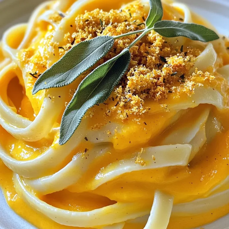 - 225 g Fettuccine oder Linguine - 240 ml aus der Dose gekauftes Kürbispüree - 240 ml Sahne - 50 g frisch geriebener Parmesan - 30 g ungesalzene Butter - 2 Knoblauchzehen, fein gehackt - 1 Teelöffel gemahlener Muskatnuss - Salz und schwarzer Pfeffer nach Geschmack - 1 Tasse frische Brösel - 30 ml Olivenöl - 1 Esslöffel frischer Salbei, fein gehackt (oder 1 Teelöffel getrockneter Salbei) Kürbispüree ist der Star in dieser Sauce. Es bringt eine süße Note und eine schöne Farbe. Ich empfehle, ein qualitatives Püree aus der Dose zu wählen. Es spart Zeit und schmeckt gut. Frischer Parmesan ist ein Muss. Er schmilzt gut und macht die Sauce cremig. Achte darauf, dass du ihn frisch reibst. Das gibt dir den besten Geschmack. Frischer Salbei hebt den Geschmack. Du findest ihn oft in der Gemüseabteilung. Wähle die Blätter, die fest und grün sind. Vermeide welke oder gelbe Blätter. Wenn du keinen frischen Salbei findest, ist getrockneter Salbei eine gute Wahl. Er hat einen starken Geschmack, also nimm weniger. Achte darauf, dass alle anderen Zutaten frisch sind. Das macht den Unterschied in deinem Gericht. Kochen Sie einen großen Topf mit leicht gesalzenem Wasser. Fügen Sie 225 g Fettuccine oder Linguine hinzu. Kochen Sie die Pasta al dente, gemäß der Packungsanweisung. Nach dem Kochen gießen Sie die Pasta ab. Bewahren Sie eine halbe Tasse Nudelwasser auf. Dies hilft später, die Sauce zu verdünnen. In einer großen Pfanne schmelzen Sie 30 g ungesalzene Butter bei mittlerer Hitze. Fügen Sie zwei fein gehackte Knoblauchzehen hinzu und braten Sie sie kurz an. Achten Sie darauf, dass der Knoblauch nicht verbrennt. Nach etwa einer Minute geben Sie 240 ml Kürbispüree in die Pfanne. Lassen Sie es 2-3 Minuten kochen. Gießen Sie dann 240 ml Sahne langsam hinein. Rühren Sie die Mischung gut um. Fügen Sie 50 g frisch geriebenen Parmesan und 1 Teelöffel gemahlene Muskatnuss hinzu. Rühren Sie alles um, bis der Käse schmilzt. Schmecken Sie die Sauce mit Salz und schwarzem Pfeffer ab. Ist die Sauce zu dick? Fügen Sie nach und nach etwas von dem reservierten Nudelwasser hinzu, bis die gewünschte Konsistenz erreicht ist. Geben Sie die gekochte Pasta in die Pfanne und vermengen Sie alles gut. Erhitzen Sie in einer separaten Pfanne 30 ml Olivenöl bei mittlerer Hitze. Fügen Sie eine Tasse frische Brösel und 1 Esslöffel fein gehackten Salbei hinzu. Braten Sie die Mischung 3-4 Minuten an, bis die Brösel goldbraun sind. Mit einer Prise Salz würzen. Richten Sie die cremige Kürbis-Alfredo-Pasta auf Tellern an. Toppen Sie die Pasta großzügig mit den knusprigen Salbeibröseln. Diese geben zusätzlichen Crunch und Geschmack. Genießen Sie Ihr köstliches Gericht! Um eine großartige Sauce zu machen, ist die richtige Hitze wichtig. Benutze mittlere Hitze, damit die Butter schmilzt, ohne zu verbrennen. Füge den Knoblauch hinzu, wenn die Butter heiß ist. Brate ihn nur kurz an, damit er nicht bitter wird. Das Kürbispüree sollte gut mit der Sahne vermischt werden. Rühre ständig, um Klumpen zu vermeiden. Wenn die Sauce zu dick ist, füge langsam das Nudelwasser hinzu. So wird sie schön cremig. Die Mischung aus Muskatnuss und Parmesan gibt der Sauce einen tollen Geschmack. Muskatnuss macht das Gericht warm und einladend. Parmesan sorgt für eine salzige Tiefe. Du kannst auch etwas Pfeffer hinzufügen, um die Aromen zu verstärken. Frischer Salbei bringt einen tollen Duft und Geschmack. Achte darauf, die Brösel nicht zu stark zu würzen, da der Käse bereits salzig ist. Ein häufiger Fehler ist, die Pasta zu lange zu kochen. Sie sollte al dente sein, also leicht bissfest. So bleibt die Textur gut. Ein weiterer Fehler ist, die Sauce zu stark zu erhitzen. Sie sollte sanft köcheln, damit die Zutaten gut harmonieren. Wenn du die Brösel machst, achte darauf, sie nicht zu verbrennen. Sie sollten goldbraun und knusprig sein. So bekommst du den besten Crunch für dein Gericht. {{image_4}} Wenn du eine vegane Version der cremigen Kürbis-Alfredo machen möchtest, gibt es gute Alternativen. Du kannst die Sahne durch Kokosmilch oder Cashewcreme ersetzen. Beide geben einen tollen Geschmack. Statt Parmesan kannst du Hefeflocken nutzen. Sie geben einen ähnlichen, würzigen Geschmack. Mit diesen Zutaten bleibt die Sauce cremig und lecker. Du musst nicht nur Fettuccine oder Linguine verwenden. Probiere auch Penne oder Fusilli aus. Diese Sorten halten die Sauce gut und machen das Gericht spannend. Du kannst auch glutenfreie Pasta wählen, wenn du das bevorzugst. So kannst du das Rezept an deinen Geschmack anpassen. Das Schöne an diesem Gericht ist, dass du viele Gemüsesorten hinzufügen kannst. Spinat passt gut und gibt eine schöne Farbe. Pilze bringen einen herzhaften Geschmack mit. Auch Zucchini oder Brokkoli funktionieren gut. Diese Zutaten machen deine Pasta noch gesünder und bunter. Du kannst sie einfach in die Sauce einrühren und mitkochen. Wenn du Reste von deiner cremigen Kürbis-Alfredo hast, bewahre sie in einem luftdichten Behälter auf. So bleibt der Geschmack frisch. Die Reste halten sich im Kühlschrank für etwa 3 bis 4 Tage. Achte darauf, die Reste abkühlen zu lassen, bevor du sie in den Kühlschrank stellst. Das verhindert Kondenswasser, das die Konsistenz der Sauce beeinträchtigen könnte. Du kannst die Sauce und die Pasta auch einfrieren. Teile sie in Portionen auf, damit du nur das auftauen musst, was du benötigst. Die Sauce bleibt bis zu 3 Monate im Gefrierschrank frisch. Achte darauf, einen gefrierfesten Behälter oder einen Beutel zu verwenden, um Gefrierbrand zu vermeiden. Bei der Pasta ist es am besten, sie etwas weniger zu kochen, damit sie beim Aufwärmen nicht matschig wird. Um die Reste aufzuwärmen, nimm die Sauce aus dem Kühlschrank oder Gefrierfach. Erhitze sie in einer Pfanne bei mittlerer Hitze. Füge einen Schuss Sahne oder etwas vom Nudelwasser hinzu, um die Sauce wieder cremig zu machen. Rühre ständig, damit nichts anbrennt. Wenn du die Pasta aufwärmst, mache das in einer separaten Pfanne mit etwas Wasser oder Öl, um sie nicht trocken werden zu lassen. So schmeckt dein Gericht wieder frisch und lecker. Ja, frisches Kürbispüree ist eine tolle Wahl. Du kannst einen kleinen Hokkaido-Kürbis verwenden. Koche den Kürbis bis er weich ist. Püriere ihn gut, bevor du ihn zur Sauce gibst. So bekommst du einen frischen und intensiven Geschmack. Um die Sauce glutenfrei zu machen, wähle glutenfreie Pasta. Achte darauf, dass alle anderen Zutaten auch glutenfrei sind. Parmesan ist in der Regel glutenfrei, aber überprüfe die Verpackung. So bleibt dein Gericht für alle verträglich. Wenn du keinen Parmesan hast, probiere Pecorino oder Grana Padano. Beide Käse haben einen ähnlichen Geschmack. Für eine vegane Option kannst du Hefeflocken nutzen. Sie geben einen würzigen Geschmack ohne Milchprodukte. Die cremige Kürbis-Alfredo hält sich etwa 3 bis 4 Tage im Kühlschrank. Bewahre sie in einem luftdichten Behälter auf. Wenn du die Sauce länger aufbewahren möchtest, friere sie ein. So bleibt der Geschmack frisch und lecker. Die cremige Kürbis-Alfredo-Sauce ist einfach und lecker. Wir haben die Zutaten, die Zubereitung und nützliche Tipps geteilt. Frischer Salbei und Parmesan sorgen für den besten Geschmack. Variieren Sie das Gericht mit verschiedenen Pastasorten und Gemüse. Das richtige Lagern der Reste sichert einen guten Genuss für später. Vermeiden Sie häufige Fehler, um die Sauce perfekt hinzubekommen. Experimentieren Sie mit Alternativen, die zu Ihnen passen. Kochen macht Spaß und bringt Freude!