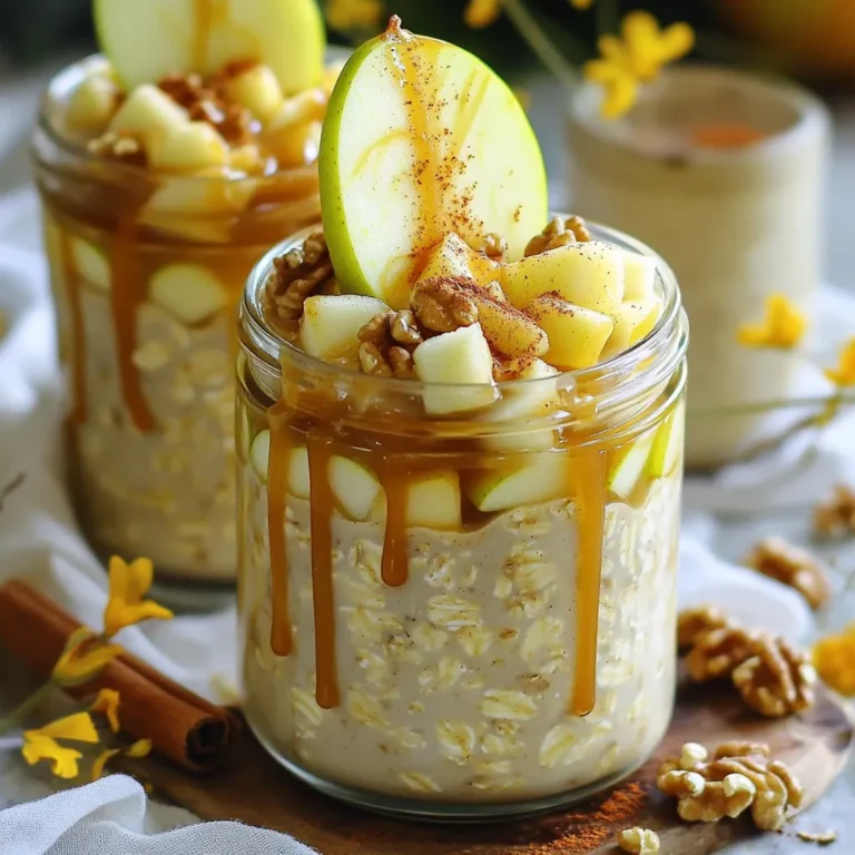 Für die Karamell-Apfel Overnight Oats brauchst du: - 1 Tasse Haferflocken (rolierte) - 1 ½ Tassen Milch nach Wahl (tierisch oder pflanzlich) - 1 Apfel, gewürfelt (Granny Smith oder Fuji sind ideal) - 2 Esslöffel Karamellsauce (fertig gekauft oder selbstgemacht) - 1 Esslöffel Chiasamen - 1 Esslöffel brauner Zucker (optional, für zusätzliche Süße) - ½ Teelöffel Zimt - 1 Teelöffel Vanilleextrakt - Eine Prise Salz - Gehackte Nüsse (Walnüsse oder Pekannüsse) für das Topping (optional) - Extra Karamellsauce zum Beträufeln (optional) Wenn du keine Haferflocken hast, nutze Quinoa oder Dinkel. Statt Kuhmilch kannst du Mandel- oder Hafermilch nehmen. Bei Äpfeln sind Birnen eine leckere Option. Wenn du keine Karamellsauce hast, probiere Honig oder Agavendicksaft. Für mehr Textur kannst du auch Leinsamen statt Chiasamen verwenden. Du brauchst Schüsseln für die Mischung und Gläser oder Behälter für die Lagerung. Ein Schneebesen hilft, die Flüssigkeiten gut zu vermischen. Halte auch einen Löffel bereit, um alles zu verrühren. Für die Aufbewahrung nach dem Einweichen nutze am besten luftdichte Behälter, damit die Aromen frisch bleiben. Zuerst musst du die trockenen Zutaten vorbereiten. Nimm eine mittelgroße Schüssel und gib die Haferflocken hinein. Füge die Chiasamen, den Zimt und eine Prise Salz hinzu. Mische alles gut, damit die Zutaten gleichmäßig verteilt sind. Diese Mischung bildet die Basis für deine Overnight Oats. In einer separaten Schüssel mischst du die flüssigen Zutaten. Gib die Milch, den Vanilleextrakt und die Karamellsauce hinein. Wenn du einen süßeren Geschmack magst, füge auch den braunen Zucker hinzu. Rühre mit einem Schneebesen, bis die Mischung glatt ist. Das sorgt für einen leckeren Karamellgeschmack in deinen Haferflocken. Jetzt ist es Zeit, die beiden Mischungen zu kombinieren. Gieße die Karamell-Milch-Mischung über die Haferflocken. Rühre sanft um, bis alle Haferflocken gut bedeckt sind. Dann kommt der gewürfelte Apfel dazu. Mische ihn vorsichtig unter. Fülle die Mischung in Gläser oder einen großen Behälter. Verschließe diesen gut und stelle ihn über Nacht in den Kühlschrank. So weichen die Haferflocken ein und werden schön weich. Am nächsten Tag kannst du sie einfach umrühren und nach Belieben garnieren. Um die perfekte Konsistenz deiner Karamell-Apfel Overnight Oats zu erreichen, achte auf das Verhältnis von Haferflocken zu Flüssigkeit. Verwende 1 Tasse Haferflocken und 1 ½ Tassen Milch. Diese Menge sorgt dafür, dass die Oats gut einweichen, ohne zu flüssig zu sein. Du kannst die Mischung am Morgen anpassen. Falls sie zu dick ist, füge einfach einen Spritzer Milch hinzu. Um die Aromen zu verstärken, spiele mit den Zutaten. Füge mehr Zimt oder einen Hauch Muskatnuss hinzu. Diese Gewürze bringen Wärme und Tiefe. Du kannst auch die Karamellsauce variieren. Eine Prise Meersalz in die Karamellsauce hebt den Geschmack und gibt einen tollen Kontrast zur Süße. Denk auch daran, frische Äpfel zu verwenden. Granny Smith oder Fuji sind ideal, da sie süß und knackig sind. Beim Servieren kannst du kreativ werden. Nutze klare Gläser, um die Schichten zu zeigen. Das macht dein Gericht ansprechend. Oben drauf kannst du dünne Apfelscheiben legen. Diese sorgen für einen frischen Look. Gehackte Nüsse wie Walnüsse oder Pekannüsse geben einen schönen Crunch. Ein zusätzlicher Spritzer Karamellsauce rundet das Ganze ab und macht es noch leckerer. {{image_4}} Du kannst viele Früchte in deine Overnight Oats einfügen. Anstelle von Äpfeln probiere Bananen, Beeren oder Pfirsiche. Diese Früchte bringen andere Geschmäcker und Texturen in dein Gericht. Zum Beispiel, frische Erdbeeren bieten eine süße und saftige Ergänzung. Bananen machen die Mischung noch cremiger und reichhaltiger. Sei kreativ und finde deine Lieblingskombination! Wenn du vegane oder glutenfreie Optionen benötigst, ist das einfach. Verwende pflanzliche Milch wie Mandel-, Soja- oder Hafermilch. Achte darauf, glutenfreie Haferflocken zu wählen. Diese Anpassungen machen das Rezept für alle geeignet. So kannst du die köstlichen Aromen genießen, ohne auf deine diätetischen Bedürfnisse zu verzichten. Die Toppings machen die Overnight Oats besonders. Hier sind einige Ideen: - Gehackte Nüsse, wie Walnüsse oder Pekannüsse, für einen Crunch. - Kokosraspeln für einen tropischen Geschmack. - Joghurt für extra Cremigkeit. - Dunkle Schokolade oder Kakaonibs für einen süßen Akzent. - Honig oder Agavendicksaft, wenn du es noch süßer magst. Experimentiere mit verschiedenen Toppings, um dein perfektes Frühstück zu finden! Um deine Karamell-Apfel Overnight Oats frisch zu halten, lagere sie im Kühlschrank. Verwende einen luftdichten Behälter, um das Aroma zu bewahren. So bleiben die Haferflocken weich und lecker. Die Overnight Oats bleiben im Kühlschrank bis zu fünf Tage haltbar. Nach der ersten Nacht sind sie am besten. Wenn du sie länger aufbewahrst, kann die Konsistenz etwas dicker werden. Füge einfach einen Spritzer Milch hinzu, um sie wieder geschmeidig zu machen. Wenn du Reste hast, kannst du sie kreativ nutzen. Mische die Oats mit Joghurt für ein schnelles Frühstück. Du kannst auch frisches Obst oder Nüsse hinzufügen, um neue Aromen zu kreieren. Darüber hinaus eignen sich die Oats hervorragend als Snack oder Dessert, wenn du etwas Süßes möchtest. Ja, du kannst die Haferflocken warm servieren. Koche einfach die Mischung auf dem Herd oder in der Mikrowelle. Achte darauf, die Haferflocken nicht zu lange zu erhitzen. So bleiben sie weich und lecker. Warm serviert, schmecken sie besonders gut an kalten Tagen. Die Overnight Oats halten sich bis zu fünf Tage im Kühlschrank. Am besten in einem luftdichten Behälter lagern. Achte darauf, die Haferflocken vor dem Servieren gut umzurühren. Wenn die Mischung zu dick ist, füge etwas Milch hinzu. So bleibt sie frisch und lecker. Du kannst viele Milchalternativen verwenden. Sojamilch, Mandelmilch und Hafermilch sind tolle Optionen. Auch Kokosmilch gibt einen besonderen Geschmack. Achte darauf, dass die Milch ungesüßt ist, wenn du die Süße selbst steuern möchtest. Probiere verschiedene Sorten aus und finde deine Lieblingskombination. In diesem Artikel haben wir die Zutaten wie die detaillierte Liste und Alternativen durchgesehen. Ich habe die Schritt-für-Schritt-Anleitung zur Zubereitung und Tipps für die perfekte Konsistenz geteilt. Auch Variationen wie vegane Optionen wurden besprochen. Die Aufbewahrung ist wichtig für die Haltbarkeit und die Verwendung von Resten. Nutze die Tipps, um deine Overnight Oats zu verbessern. Mit diesen Informationen kannst du jetzt großartige Haferflocken machen. Viel Spaß beim Ausprobieren!