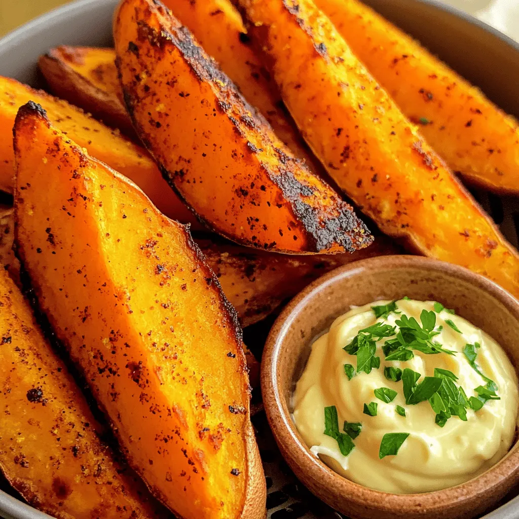 Für die süßen und knusprigen Wedges brauchst du: - 2 große Süßkartoffeln, in Wedges geschnitten - 2 Esslöffel Olivenöl - 1 Teelöffel Paprika - 1/2 Teelöffel Knoblauchpulver - 1/2 Teelöffel geräuchertes Meersalz - 1/2 Teelöffel schwarzer Pfeffer - Frische Petersilie, gehackt (zum Garnieren) Diese Zutaten bringen nicht nur Geschmack, sondern auch Farbe auf deinen Teller. Süßkartoffeln sind gesund und nahrhaft. Um die Aioli zu machen, brauchst du: - 1/2 Tasse Mayonnaise - 2 Knoblauchzehen, fein gehackt - 1 Esslöffel Zitronensaft - 1/2 Teelöffel Dijon-Senf - Salz und Pfeffer nach Geschmack Die Aioli ist cremig und hat einen tollen Knoblauchgeschmack. Diese Mischung passt perfekt zu den Wedges. Für den extra Kick füge diese Gewürze hinzu: - Paprika bringt eine süße Note. - Knoblauchpulver gibt mehr Tiefe. - Geräuchertes Meersalz sorgt für einen tollen Umami-Geschmack. - Schwarzer Pfeffer fügt eine gewisse Schärfe hinzu. Mit diesen Gewürzen zauberst du eine Geschmacksexplosion auf deinen Teller. Sie machen die Wedges zu einem echten Genuss. Zuerst schäle die Süßkartoffeln, wenn du magst. Schneide sie in gleichmäßige Wedges. Achte darauf, dass alle Stücke ähnlich groß sind. So garen sie gleichmäßig. Dies ist der Schlüssel zu perfekten Wedges. Nimm eine große Schüssel. Gib die Süßkartoffel-Wedges hinein. Füge Olivenöl, Paprika, Knoblauchpulver, geräuchertes Meersalz und schwarzen Pfeffer hinzu. Mische alles gut. Achte darauf, dass jede Wedge gut gewürzt ist. Die Gewürze machen den Geschmack großartig. Heize den Air Fryer auf 200°C vor. Lass ihn etwa 5 Minuten laufen. Lege die Wedges in einer einzigen Schicht in den Korb. Wenn dein Air Fryer klein ist, gar die Wedges in mehreren Durchgängen. Gare sie 15 bis 18 Minuten lang. Schüttle den Korb in der Mitte der Garzeit. So werden die Wedges schön knusprig. Während die Wedges garen, bereite die Aioli vor. Nimm eine kleine Schüssel. Vermenge die Mayonnaise, den gehackten Knoblauch, den Zitronensaft und den Dijon-Senf. Füge Salz und Pfeffer nach Geschmack hinzu. Rühre alles gut um. Diese Aioli wird ein toller Dip. Nimm die Wedges vorsichtig aus dem Air Fryer. Lege sie auf einen Servierteller. Garniere sie mit frischer, gehackter Petersilie. Serviere die Wedges sofort mit der Knoblauch-Aioli. Ein rustikales Holzbrett als Unterlage macht das Gericht noch schöner. Um die Süßkartoffel-Wedges extra knusprig zu machen, gibt es ein paar einfache Tricks. Zuerst solltest du die Wedges in gleichmäßige Stücke schneiden. Das hilft, dass sie gleichmäßig garen. Benutze immer frisches Olivenöl. Das macht einen großen Unterschied. Du kannst auch die Wedges vor dem Garen für eine halbe Stunde in Wasser einweichen. Das entfernt die Stärke und macht sie knuspriger. Achte darauf, den Air Fryer gut vorzuheizen. Eine hohe Temperatur sorgt für eine schöne, goldene Farbe. Du kannst die Gewürzmischung nach deinem Geschmack anpassen. Wenn du es scharf magst, füge etwas Cayennepfeffer hinzu. Für eine süße Note ist Zimt eine interessante Wahl. Mische auch ein wenig Kreuzkümmel für einen erdigen Geschmack. Probiere auch italienische Kräuter wie Oregano oder Thymian. Diese Gewürze geben den Wedges eine neue Dimension. Denk daran, jede Mischung sollte gut mit dem Olivenöl vermengt werden. Frische Zutaten machen die Aioli besonders lecker. Verwende frischen Knoblauch, nicht das Pulver. Der Geschmack ist viel intensiver. Achte auch auf die Qualität der Mayonnaise. Eine gute Mayonnaise kann einen großen Unterschied machen. Du kannst auch frische Kräuter wie Basilikum oder Schnittlauch hinzufügen. Diese geben der Aioli mehr Farbe und Geschmack. Vergiss nicht, die Aioli frisch zuzubereiten. So bleibt sie am besten im Geschmack und in der Konsistenz. {{image_4}} Süßkartoffel-Wedges sind vielseitig. Sie passen gut zu vielen Dips. Probieren Sie Salsa, Guacamole oder Hummus. Diese Dips bringen neue Aromen in Ihr Gericht. Die Kombination macht das Essen noch spannender. Kinder lieben die bunten Dips. Sie können auch einen scharfen Dip ausprobieren, um es aufregender zu machen. Wenn Sie die Aioli leichter machen möchten, gibt es gute Alternativen. Verwenden Sie griechischen Joghurt anstelle von Mayonnaise. Das macht die Aioli cremig und gesund. Fügen Sie frische Kräuter wie Basilikum oder Dill hinzu. Diese Kräuter geben einen tollen Geschmack. Auch Senf kann eine gute Wahl sein. Es gibt viele Möglichkeiten, die Aioli gesünder zu machen. Käse und frische Kräuter machen die Wedges noch besser. Feta oder Parmesan passt hervorragend zu den Wedges. Streuen Sie den Käse direkt nach dem Garen auf die Wedges. Die Hitze schmilzt den Käse leicht und macht alles noch leckerer. Frische Kräuter wie Petersilie oder Rosmarin geben einen tollen Duft. Experimentieren Sie mit verschiedenen Sorten, um Ihre Lieblingskombination zu finden. Die restlichen Wedges kannst du in einem luftdichten Behälter aufbewahren. Lass sie zuerst auf Raumtemperatur abkühlen. Dann leg sie in den Behälter und schließe ihn gut. So bleiben sie frisch. Die Wedges halten sich bis zu drei Tage im Kühlschrank. Die Knoblauch-Aioli ist leicht zu lagern. Gib sie in einen kleinen Behälter mit Deckel. So bleibt sie frisch und lecker. Im Kühlschrank hält sie sich bis zu einer Woche. Achte darauf, dass der Behälter sauber ist. Das hilft, die Aioli länger gut zu halten. Um die Wedges wieder knusprig zu machen, erwärmst du sie im Air Fryer. Stelle ihn auf 180°C (350°F) ein. Lege die Wedges in den Korb und erwärme sie für etwa 5 bis 7 Minuten. So werden sie wieder heiß und knusprig. Alternativ kannst du sie auch im Ofen aufwärmen. Stelle den Ofen auf 200°C (400°F) und backe sie für 10 Minuten. Die Wedges sollten 15 bis 18 Minuten im Air Fryer garen. Schütteln Sie den Korb nach der Hälfte der Zeit. So werden die Wedges schön knusprig. Achten Sie darauf, dass sie goldbraun sind, bevor Sie sie herausnehmen. Ja, Sie können die Süßkartoffeln auch im Ofen rösten oder frittieren. Schneiden Sie die Wedges gleich groß, um die Garzeit zu vereinheitlichen. Bei der Ofen-Methode nutzen Sie etwa 200°C und backen sie 25 bis 30 Minuten. Vergessen Sie nicht, sie zwischendurch zu wenden. Die Knoblauch-Aioli enthält Mayonnaise, was sie cremig macht. Sie ist jedoch auch reich an Geschmack. Um sie gesünder zu machen, können Sie griechischen Joghurt verwenden. Dies reduziert die Kalorien und fügt Protein hinzu. Knoblauch hat zudem viele gesundheitliche Vorteile. Süßkartoffel-Wedges sind leicht zuzubereiten und schmecken fantastisch. Du hast gelernt, wie man sie würzt, im Air Fryer zubereitet und mit leckerer Knoblauch-Aioli serviert. Die Tipps für extra knusprige Wedges und Variationen mit Dips bringen neuen Schwung. Denk daran, frische Zutaten zu verwenden und die Reste richtig zu lagern. Mit diesen Ideen kannst du deine eigene Kochkunst zeigen und genießen. Viel Spaß beim Ausprobieren!