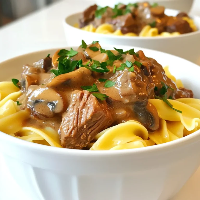 - 900 g Rinderbraten (Schulterstück), in mundgerechte Stücke geschnitten - 1 mittelgroße Zwiebel, gewürfelt - 3 Knoblauchzehen, fein gehackt - 230 g Champignons, in Scheiben geschnitten Der Rinderbraten ist das Herzstück dieses Gerichts. Er gibt dem Stroganoff seinen reichen Geschmack. Ich wähle immer Schulterstück, da es beim langsamen Kochen zart wird. Die Zwiebel und der Knoblauch bieten eine schöne Basis. Sie fügen Tiefe und Aroma hinzu. Champignons bringen eine erdige Note, die gut zu Rindfleisch passt. - 480 ml Rinderbrühe - 1 Esslöffel Worcestersauce - 1 Teelöffel getrockneter Thymian - 1 Teelöffel Paprika (edelsüß) - Salz und Pfeffer nach Geschmack Rinderbrühe sorgt für eine kräftige Sauce. Worcestersauce bringt ein wenig Umami-Geschmack. Thymian und Paprika fügen eine subtile Würze hinzu. Ich empfehle, die Gewürze nach Geschmack zu adjustieren. So kannst du das Gericht deinen Vorlieben anpassen. - 340 g Eiernudeln - 240 g saure Sahne - Frische Petersilie, gehackt (zum Garnieren) Eiernudeln sind die perfekte Beilage. Sie nehmen die Sauce gut auf und machen das Gericht sättigend. Saure Sahne bringt eine cremige Textur und verfeinert den Geschmack. Frische Petersilie gibt dem Gericht einen schönen Farbkontrast und frische. Sie macht das Essen ansprechend und lecker. Zuerst würze die Rinderstücke mit Salz und Pfeffer. Danach wende sie leicht in Mehl. Das Mehl hilft, die Säfte im Fleisch zu halten. Jetzt nimm den Slow Cooker und lege die bemehlten Rinderstücke hinein. Füge die gewürfelte Zwiebel, den gehackten Knoblauch und die geschnittenen Champignons hinzu. Gieße die Rinderbrühe und Worcestersauce darüber. Streue Thymian und Paprika in die Mischung. Vermenge alles gut mit einem Löffel. Decke den Slow Cooker ab. Stelle ihn auf niedriger Stufe für 6 bis 8 Stunden oder auf hoher Stufe für 3 bis 4 Stunden. Das Fleisch wird dann schön zart. Etwa 30 Minuten vor dem Servieren, koche die Eiernudeln nach Packungsanleitung. Sie sollten bissfest sein. Wenn die Nudeln fertig sind, gieße sie ab und stelle sie beiseite. Wenn das Rindfleisch gar ist, rühre die saure Sahne unter. Mische alles gut, bis die Sauce schön cremig ist. Wenn die Sauce zu dick ist, füge etwas mehr Rinderbrühe hinzu. Jetzt serviere die Rinderschmortopf-Mischung über den Eiernudeln. Garniere dein Gericht mit frisch gehackter Petersilie für mehr Farbe und Geschmack. Um das Fleisch besonders zart zu machen, wähle frisches Rindfleisch. Achte auf gute Qualität. Bevor du das Fleisch in den Slow Cooker gibst, würze es gut mit Salz und Pfeffer. Mehle die Stücke leicht, das hilft beim Braten. Gekochte Zwiebeln und Knoblauch bringen viel Geschmack. Frische Kräuter wie Thymian steigern den Genuss. Sie geben dem Gericht ein tolles Aroma. Die Sauce sollte cremig sein, aber nicht zu dick. Wenn sie zu dick ist, füge mehr Rinderbrühe hinzu. Rühre die saure Sahne gut ein, bis sie sich verbindet. Du kannst auch griechischen Joghurt statt saurer Sahne verwenden. Das gibt eine ähnliche Konsistenz und weniger Fett. Für die Präsentation ist frische Petersilie perfekt. Sie bringt Farbe und Frische auf den Teller. Streue sie großzügig über das Gericht. Serviere es in tiefen Tellern, damit die Sauce gut zur Geltung kommt. Eiernudeln passen perfekt dazu und sorgen für ein herzhaftes Essen. {{image_4}} Um eine vegetarische Version zu machen, kannst du Fleischalternativen nutzen. Tofu oder Seitan sind gute Optionen. Sie nehmen die Aromen der Sauce gut auf. Du kannst auch Kichererbsen verwenden, um mehr Protein zu bekommen. Für die Gemüseauswahl passen viele Sorten gut. Champignons bieten eine ähnliche Textur. Karotten und Zucchini bringen Farbe und Süße. Brokkoli sorgt für einen knackigen Biss. Mische deine Favoriten, um dein Gericht anzupassen. Es gibt viele Nudelsorten, die du verwenden kannst. Eiernudeln sind klassisch, aber auch Fettuccine oder Tagliatelle passen gut. Für eine leichtere Option sind Zucchini-Nudeln eine gute Wahl. Sie sind frisch und gesund. Wenn du glutenfreie Alternativen suchst, probiere Reisnudeln oder Kichererbsennudeln. Diese Optionen sind sättigend und lecker. Achte darauf, die Kochzeit anzupassen, damit sie nicht zu weich werden. Zusätzliche Gewürze können dein Gericht aufpeppen. Du kannst Knoblauchpulver oder Zwiebelpulver hinzufügen. Auch eine Prise Cayennepfeffer bringt eine angenehme Schärfe. Internationale Varianten sind spannend. Füge asiatische Sojasauce für einen anderen Geschmack hinzu. Eine Prise italienischer Oregano sorgt für ein mediterranes Flair. Sei kreativ und finde deine Lieblingskombination. Die beste Methode, um Rinderschmortopf zu lagern, ist in einem luftdichten Behälter. So bleibt die Frische länger erhalten. Du kannst ihn einfach in den Kühlschrank stellen. Dort hält sich das Gericht bis zu drei Tage. Achte darauf, dass die Sauce gut abgedeckt ist, um das Austrocknen zu vermeiden. Wenn du etwas für später aufbewahren möchtest, kannst du das Gericht auch einfrieren. Teile die Portionen in kleine Behälter auf. Achte darauf, dass sie gut verschlossen sind. So bleibt der Geschmack erhalten. Zum Auftauen kannst du ihn einfach über Nacht im Kühlschrank lassen. Alternativ kannst du ihn in der Mikrowelle auf niedriger Stufe aufwärmen. Um den Stroganoff wieder zu erwärmen, empfehle ich, ihn auf dem Herd zu erwärmen. Stelle ihn in einen Topf und erhitze ihn langsam. Füge etwas Rinderbrühe hinzu, wenn die Sauce zu dick ist. So bleibt sie cremig und lecker. Vermeide die Mikrowelle, wenn du die Sauce nicht austrocknen möchtest. Rindfleisch kann im Slow Cooker sehr lange garen. Ich empfehle, es auf niedriger Stufe für 6 bis 8 Stunden zu kochen. Auf hoher Stufe liegt die Garzeit bei etwa 3 bis 4 Stunden. Diese Zeiten helfen, das Fleisch zart zu machen und die Aromen zu intensivieren. Je länger du es garen lässt, desto besser wird der Geschmack. Ja, du kannst dieses Rezept auch im Schnellkochtopf machen. Reduziere die Garzeit auf etwa 35 bis 45 Minuten. Du solltest zuerst die Rinderstücke anbraten, bevor du sie in den Schnellkochtopf gibst. Das sorgt für einen tollen Geschmack. Die Flüssigkeitsmenge bleibt gleich, aber achte darauf, die Anweisungen deines Schnellkochtopfs zu befolgen. Eiernudeln sind eine tolle Beilage zu diesem Gericht. Sie nehmen die Sauce gut auf. Auch Reis oder Kartoffeln passen gut. Grünes Gemüse wie Brokkoli oder Karotten bringen Farbe auf den Teller. Ein frischer Salat kann das Gericht abrunden und für etwas Frische sorgen. Dieser Artikel hat die Grundlagen für ein leckeres Rinderschmortopf-Rezept behandelt. Wir haben die Hauptzutaten wie Rinderbraten, Zwiebel und Champignons kennengelernt. Die Gewürze und die optimale Zubereitung im Slow Cooker spielten eine zentrale Rolle. Ich hoffe, die Tipps zur Präsentation und Aufbewahrung helfen dir, das Gericht perfekt zu genießen. Probiere die Variationen aus, um neue Geschmackserlebnisse zu entdecken. Mit den richtigen Tricks wird dein Kochen noch einfacher und erfolgreicher. Viel Spaß beim Ausprobieren!