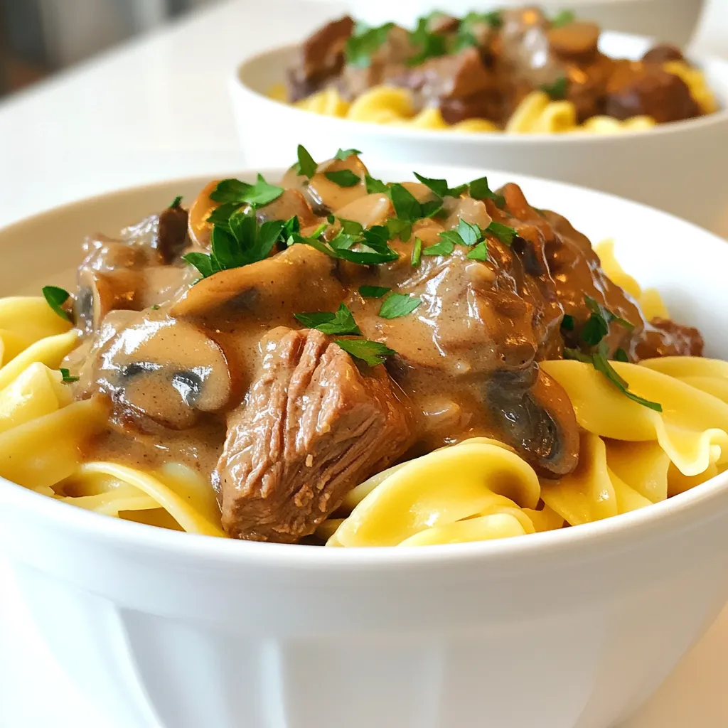 - 900 g Rinderbraten (Schulterstück), in mundgerechte Stücke geschnitten - 1 mittelgroße Zwiebel, gewürfelt - 3 Knoblauchzehen, fein gehackt - 230 g Champignons, in Scheiben geschnitten Der Rinderbraten ist das Herzstück dieses Gerichts. Er gibt dem Stroganoff seinen reichen Geschmack. Ich wähle immer Schulterstück, da es beim langsamen Kochen zart wird. Die Zwiebel und der Knoblauch bieten eine schöne Basis. Sie fügen Tiefe und Aroma hinzu. Champignons bringen eine erdige Note, die gut zu Rindfleisch passt. - 480 ml Rinderbrühe - 1 Esslöffel Worcestersauce - 1 Teelöffel getrockneter Thymian - 1 Teelöffel Paprika (edelsüß) - Salz und Pfeffer nach Geschmack Rinderbrühe sorgt für eine kräftige Sauce. Worcestersauce bringt ein wenig Umami-Geschmack. Thymian und Paprika fügen eine subtile Würze hinzu. Ich empfehle, die Gewürze nach Geschmack zu adjustieren. So kannst du das Gericht deinen Vorlieben anpassen. - 340 g Eiernudeln - 240 g saure Sahne - Frische Petersilie, gehackt (zum Garnieren) Eiernudeln sind die perfekte Beilage. Sie nehmen die Sauce gut auf und machen das Gericht sättigend. Saure Sahne bringt eine cremige Textur und verfeinert den Geschmack. Frische Petersilie gibt dem Gericht einen schönen Farbkontrast und frische. Sie macht das Essen ansprechend und lecker. Zuerst würze die Rinderstücke mit Salz und Pfeffer. Danach wende sie leicht in Mehl. Das Mehl hilft, die Säfte im Fleisch zu halten. Jetzt nimm den Slow Cooker und lege die bemehlten Rinderstücke hinein. Füge die gewürfelte Zwiebel, den gehackten Knoblauch und die geschnittenen Champignons hinzu. Gieße die Rinderbrühe und Worcestersauce darüber. Streue Thymian und Paprika in die Mischung. Vermenge alles gut mit einem Löffel. Decke den Slow Cooker ab. Stelle ihn auf niedriger Stufe für 6 bis 8 Stunden oder auf hoher Stufe für 3 bis 4 Stunden. Das Fleisch wird dann schön zart. Etwa 30 Minuten vor dem Servieren, koche die Eiernudeln nach Packungsanleitung. Sie sollten bissfest sein. Wenn die Nudeln fertig sind, gieße sie ab und stelle sie beiseite. Wenn das Rindfleisch gar ist, rühre die saure Sahne unter. Mische alles gut, bis die Sauce schön cremig ist. Wenn die Sauce zu dick ist, füge etwas mehr Rinderbrühe hinzu. Jetzt serviere die Rinderschmortopf-Mischung über den Eiernudeln. Garniere dein Gericht mit frisch gehackter Petersilie für mehr Farbe und Geschmack. Um das Fleisch besonders zart zu machen, wähle frisches Rindfleisch. Achte auf gute Qualität. Bevor du das Fleisch in den Slow Cooker gibst, würze es gut mit Salz und Pfeffer. Mehle die Stücke leicht, das hilft beim Braten. Gekochte Zwiebeln und Knoblauch bringen viel Geschmack. Frische Kräuter wie Thymian steigern den Genuss. Sie geben dem Gericht ein tolles Aroma. Die Sauce sollte cremig sein, aber nicht zu dick. Wenn sie zu dick ist, füge mehr Rinderbrühe hinzu. Rühre die saure Sahne gut ein, bis sie sich verbindet. Du kannst auch griechischen Joghurt statt saurer Sahne verwenden. Das gibt eine ähnliche Konsistenz und weniger Fett. Für die Präsentation ist frische Petersilie perfekt. Sie bringt Farbe und Frische auf den Teller. Streue sie großzügig über das Gericht. Serviere es in tiefen Tellern, damit die Sauce gut zur Geltung kommt. Eiernudeln passen perfekt dazu und sorgen für ein herzhaftes Essen. {{image_4}} Um eine vegetarische Version zu machen, kannst du Fleischalternativen nutzen. Tofu oder Seitan sind gute Optionen. Sie nehmen die Aromen der Sauce gut auf. Du kannst auch Kichererbsen verwenden, um mehr Protein zu bekommen. Für die Gemüseauswahl passen viele Sorten gut. Champignons bieten eine ähnliche Textur. Karotten und Zucchini bringen Farbe und Süße. Brokkoli sorgt für einen knackigen Biss. Mische deine Favoriten, um dein Gericht anzupassen. Es gibt viele Nudelsorten, die du verwenden kannst. Eiernudeln sind klassisch, aber auch Fettuccine oder Tagliatelle passen gut. Für eine leichtere Option sind Zucchini-Nudeln eine gute Wahl. Sie sind frisch und gesund. Wenn du glutenfreie Alternativen suchst, probiere Reisnudeln oder Kichererbsennudeln. Diese Optionen sind sättigend und lecker. Achte darauf, die Kochzeit anzupassen, damit sie nicht zu weich werden. Zusätzliche Gewürze können dein Gericht aufpeppen. Du kannst Knoblauchpulver oder Zwiebelpulver hinzufügen. Auch eine Prise Cayennepfeffer bringt eine angenehme Schärfe. Internationale Varianten sind spannend. Füge asiatische Sojasauce für einen anderen Geschmack hinzu. Eine Prise italienischer Oregano sorgt für ein mediterranes Flair. Sei kreativ und finde deine Lieblingskombination. Die beste Methode, um Rinderschmortopf zu lagern, ist in einem luftdichten Behälter. So bleibt die Frische länger erhalten. Du kannst ihn einfach in den Kühlschrank stellen. Dort hält sich das Gericht bis zu drei Tage. Achte darauf, dass die Sauce gut abgedeckt ist, um das Austrocknen zu vermeiden. Wenn du etwas für später aufbewahren möchtest, kannst du das Gericht auch einfrieren. Teile die Portionen in kleine Behälter auf. Achte darauf, dass sie gut verschlossen sind. So bleibt der Geschmack erhalten. Zum Auftauen kannst du ihn einfach über Nacht im Kühlschrank lassen. Alternativ kannst du ihn in der Mikrowelle auf niedriger Stufe aufwärmen. Um den Stroganoff wieder zu erwärmen, empfehle ich, ihn auf dem Herd zu erwärmen. Stelle ihn in einen Topf und erhitze ihn langsam. Füge etwas Rinderbrühe hinzu, wenn die Sauce zu dick ist. So bleibt sie cremig und lecker. Vermeide die Mikrowelle, wenn du die Sauce nicht austrocknen möchtest. Rindfleisch kann im Slow Cooker sehr lange garen. Ich empfehle, es auf niedriger Stufe für 6 bis 8 Stunden zu kochen. Auf hoher Stufe liegt die Garzeit bei etwa 3 bis 4 Stunden. Diese Zeiten helfen, das Fleisch zart zu machen und die Aromen zu intensivieren. Je länger du es garen lässt, desto besser wird der Geschmack. Ja, du kannst dieses Rezept auch im Schnellkochtopf machen. Reduziere die Garzeit auf etwa 35 bis 45 Minuten. Du solltest zuerst die Rinderstücke anbraten, bevor du sie in den Schnellkochtopf gibst. Das sorgt für einen tollen Geschmack. Die Flüssigkeitsmenge bleibt gleich, aber achte darauf, die Anweisungen deines Schnellkochtopfs zu befolgen. Eiernudeln sind eine tolle Beilage zu diesem Gericht. Sie nehmen die Sauce gut auf. Auch Reis oder Kartoffeln passen gut. Grünes Gemüse wie Brokkoli oder Karotten bringen Farbe auf den Teller. Ein frischer Salat kann das Gericht abrunden und für etwas Frische sorgen. Dieser Artikel hat die Grundlagen für ein leckeres Rinderschmortopf-Rezept behandelt. Wir haben die Hauptzutaten wie Rinderbraten, Zwiebel und Champignons kennengelernt. Die Gewürze und die optimale Zubereitung im Slow Cooker spielten eine zentrale Rolle. Ich hoffe, die Tipps zur Präsentation und Aufbewahrung helfen dir, das Gericht perfekt zu genießen. Probiere die Variationen aus, um neue Geschmackserlebnisse zu entdecken. Mit den richtigen Tricks wird dein Kochen noch einfacher und erfolgreicher. Viel Spaß beim Ausprobieren!