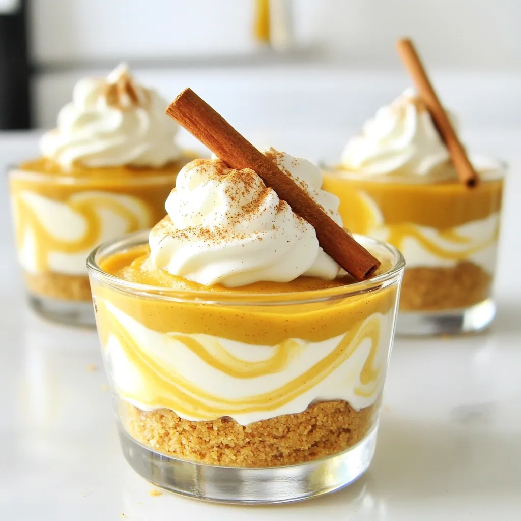 - 1 Tasse Graham-Cracker-Brösel - 2 Tassen Frischkäse, weichgestellt - 1 Tasse Kürbispüree Die Hauptzutaten machen diesen No-Bake Pumpkin Cheesecake besonders lecker. Graham-Cracker-Brösel geben der Kruste eine süße und knusprige Textur. Der Frischkäse sorgt für die cremige Füllung. Kürbispüree bringt den herbstlichen Geschmack, den wir lieben. - ½ Tasse Puderzucker - 1 Teelöffel Vanilleextrakt - 1 Teelöffel Kürbiskuchengewürz Diese Zutaten runden den Geschmack ab. Puderzucker macht die Füllung süß und glatt. Vanilleextrakt fügt eine warme Note hinzu. Das Kürbiskuchengewürz bringt die typischen Aromen von Zimt und Muskatnuss ins Spiel. - 4 Esslöffel ungesalzene Butter, geschmolzen - 1 Tasse Schlagsahne (plus extra zum Garnieren) Die geschmolzene Butter bindet die Graham-Cracker-Brösel. So entsteht eine feste und köstliche Kruste. Schlagsahne macht die Füllung leicht und luftig. Vergiss nicht, etwas Sahne zum Garnieren zu verwenden! Wenn du diese Zutaten zusammenbringst, schaffst du ein einfaches und leckeres Dessert. Ideal für jede Gelegenheit! - Mische 1 Tasse Graham-Cracker-Brösel mit 4 Esslöffeln geschmolzener Butter. - Drücke die Mischung fest in den Boden von Dessertbechern. - Rühre 2 Tassen weichen Frischkäse in einer großen Schüssel glatt. - Füge ½ Tasse Puderzucker nach und nach hinzu und rühre gut weiter. - Gib 1 Tasse Kürbispüree, 1 Teelöffel Vanilleextrakt und 1 Teelöffel Kürbiskuchengewürz in die Frischkäsemischung. - Mische alles gründlich, bis es cremig und glatt ist. - Hebe vorsichtig 1 Tasse Schlagsahne unter die Kürbis-Cheesecake-Mischung. - Achte darauf, dass die Luftigkeit der Sahne bleibt. - Verteile die Füllung gleichmäßig in jede Tasse auf die Graham-Cracker-Kruste. - Stelle die Cheesecake-Becher für mindestens 2 Stunden in den Kühlschrank, bis sie fest sind. - Garniere jeden Becher mit einem Klecks Schlagsahne vor dem Servieren. - Stelle den Frischkäse gut weich. So vermischt er sich leichter. - Achte darauf, die Schlagsahne nicht zu übermixen. Sie soll luftig bleiben. - Dekoriere die Becher mit kleinen Zimtstangen. Das sieht toll aus. - Verwende gehackte Pekannüsse als Garnitur. Sie geben einen schönen Crunch. - Serviere die Cheesecake-Becher kalt. Das bringt den besten Geschmack zur Geltung. {{image_4}} Für eine glutenfreie Option können Sie die Graham-Cracker durch glutenfreie Kekse ersetzen. Achten Sie darauf, dass die Kekse keine glutenhaltigen Zutaten enthalten. Es gibt viele leckere glutenfreie Alternativen. Zum Beispiel können Sie Mandelkekse oder Haferkekse verwenden. Diese bieten einen ähnlichen Geschmack und eine gute Textur. Wenn Sie eine vegane Version zubereiten möchten, ersetzen Sie den Frischkäse durch pflanzlichen Frischkäse. Es gibt viele Marken, die großartige Alternativen anbieten. Für die Sahne können Sie auch pflanzliche Sahne verwenden. Diese Zutaten sorgen für eine cremige Füllung ohne tierische Produkte. Um neue Geschmäcker zu entdecken, fügen Sie Schokolade oder Karamell hinzu. Ein Schokoladenboden kann das Dessert noch köstlicher machen. Sie können auch Schokoladenstückchen in die Füllung mischen. Für eine Karamell-Variante, träufeln Sie Karamellsoße über die Füllung. Dies gibt dem Cheesecake einen süßen und reichen Geschmack. Die No-Bake Kürbis-Cheesecake-Becher halten sich im Kühlschrank bis zu fünf Tage. Lagere sie in einem luftdichten Behälter. Das hilft, die Frische zu bewahren. Achte darauf, die Becher gut abzudecken, um Gerüche zu vermeiden. Du kannst die Cheesecake-Becher auch einfrieren. Fülle sie in einen gefrierfesten Behälter. Achte darauf, dass sie gut abgedeckt sind. So bleiben sie bis zu drei Monate frisch. Um sie aufzutauen, lege sie einfach über Nacht in den Kühlschrank. So behält die Füllung ihre cremige Textur. Für Partys sind diese Becher perfekt. Du kannst sie bis zu zwei Tage im Voraus zubereiten. Lagere sie im Kühlschrank. So sparst du Zeit und kannst deine Gäste stressfrei empfangen. Wenn du sie im Voraus machst, sind sie immer bereit für den Genuss. Ja, du kannst die Kruste im Voraus zubereiten. Mische die Graham-Cracker-Brösel mit der geschmolzenen Butter. Drücke die Mischung in die Becher. Bewahre die Becher dann im Kühlschrank auf. So bleibt die Kruste frisch und knusprig. Die Cheesecake-Becher sind im Kühlschrank bis zu fünf Tage haltbar. Achte darauf, sie in einem luftdichten Behälter zu lagern. So bleiben die Aromen frisch und die Füllung bleibt cremig. Ja, du kannst Frischkäse durch pflanzlichen Frischkäse ersetzen. Das sorgt für eine vegane Option. Auch Quark kann eine gute Wahl sein. Achte darauf, dass die Konsistenz ähnlich bleibt. Ja, du kannst das Rezept verdoppeln. Verdopple einfach alle Zutaten. Verwende größere Becher oder mehr Becher. Achte darauf, die Kühlzeit zu verlängern, wenn du mehr Füllung hast. Um die Füllung cremig zu halten, verwende gut abgetropftes Kürbispüree. Schlage die Schlagsahne nicht zu lange. Mische die Füllung vorsichtig, um die Luftigkeit zu bewahren. Die Zutaten für deinen Cheesecake sind einfach und lecker. Du hast gelernt, wie du die Kruste machst und die Füllung zubereitest. Unsere Tipps helfen dir, das Dessert schön zu präsentieren und den besten Geschmack zu erreichen. Variationen zeigen dir, wie du es anpassen kannst. Denke auch an die Lagerung, um es frisch zu halten. Du kannst mit diesem Rezept beeindrucken und Freude teilen. Viel Spaß beim Ausprobieren!