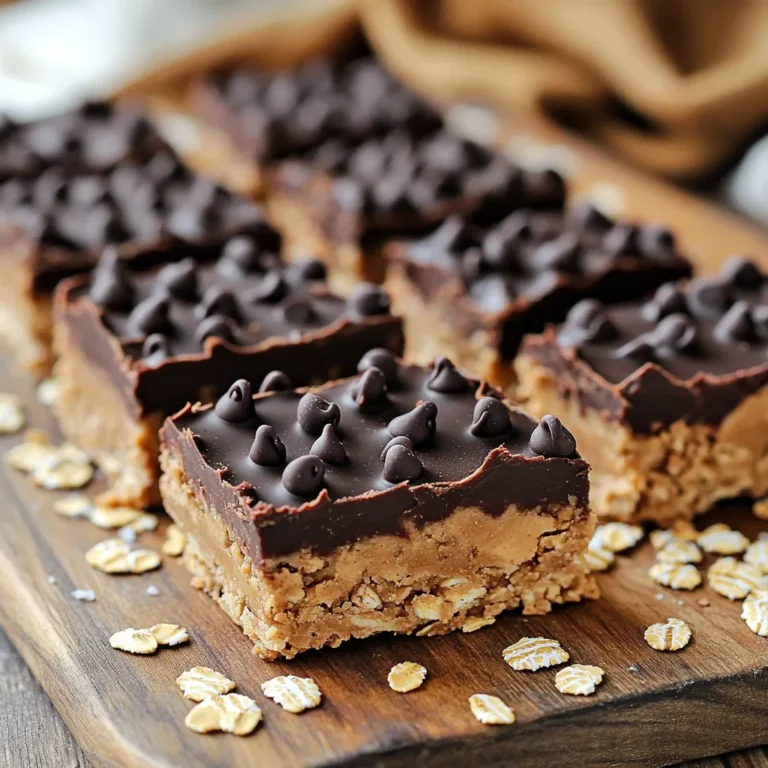 Hier sind die Zutaten, die du für die schokoladigen Erdnussbutter-Oat-Riegel brauchst: - 1 Tasse cremige Erdnussbutter - 1/2 Tasse Honig oder Ahornsirup - 2 Tassen zarte Haferflocken - 1/2 Tasse dunkle Schokoladenstückchen - 1/4 Tasse ungesüßtes Kakaopulver - 1/2 Teelöffel Vanilleextrakt - Eine Prise Salz - Zusätzliche Schokoladenstückchen zum Toppen (optional) Die Erdnussbutter ist das Herzstück dieser Riegel. Sie gibt ihnen den cremigen Geschmack. Honig oder Ahornsirup sorgt für die Süße und bindet alles zusammen. Zarte Haferflocken geben den Riegeln die perfekte Struktur. Dunkle Schokoladenstückchen sind für den extra Schokoladengeschmack. Das Kakaopulver macht die Mischung schokoladiger. Vanilleextrakt rundet das Aroma ab und das Salz bringt alles zusammen. Falls du Allergien hast, kannst du die Erdnussbutter durch Mandel- oder Cashewbutter ersetzen. Verwende einen Sirup ohne Allergene, wenn du Honig nicht nutzen kannst. Für eine glutenfreie Option achte darauf, dass die Haferflocken als glutenfrei gekennzeichnet sind. Wenn du Schokolade vermeidest, kannst du getrocknete Früchte oder Nüsse verwenden, um die Riegel noch leckere zu machen. Zuerst nehmen wir einen mittelgroßen Topf. Bei niedriger Hitze geben wir 1 Tasse cremige Erdnussbutter und 1/2 Tasse Honig in den Topf. Mit einem Holzlöffel rühren wir ständig. Wir wollen eine glatte und gut vermischte Masse. Wenn die Mischung cremig ist, nehmen wir den Topf vom Herd. Jetzt fügen wir 1/4 Tasse ungesüßtes Kakaopulver, 1/2 Teelöffel Vanilleextrakt und eine Prise Salz hinzu. Wir rühren weiter, bis alles gut vermischt ist. In einer großen Schüssel geben wir 2 Tassen zarte Haferflocken. Dann gießen wir die Erdnussbutter-Schokoladenmischung darüber. Jetzt kommt der spaßige Teil! Wir rühren alles gut um, bis alle Haferflocken gleichmäßig bedeckt sind. Es sollte eine dicke, klebrige Mischung entstehen. Wir nehmen eine 20x20 cm große Backform und legen sie mit Backpapier aus. Die Ränder sollten überstehen. So können wir die Riegel später leichter herausnehmen. Jetzt übertragen wir die Mischung in die Form. Mit einem Spatel drücken wir die Mischung gleichmäßig und fest am Boden an. Wenn du magst, streue zusätzliche Schokoladenstückchen darüber und drücke sie leicht hinein. Jetzt kommt die Geduld. Wir stellen die Backform in den Kühlschrank. Dort lassen wir die Riegel 1-2 Stunden fest werden. Nach dem Festwerden nehmen wir die Riegel mit dem überstehenden Backpapier heraus. Jetzt können wir sie in quadratische oder rechteckige Stücke schneiden. Die Riegel halten sich im Kühlschrank bis zu einer Woche. Um die perfekte Konsistenz für deine Riegel zu erhalten, ist es wichtig, die richtige Menge Erdnussbutter und Honig zu nutzen. Zu viel Flüssigkeit macht die Riegel klebrig, während zu wenig sie bröckelig macht. Ich empfehle dir, die Mischung gut zu rühren, bis sie ganz glatt ist. Wenn du die Haferflocken hinzufügst, achte darauf, dass sie gleichmäßig bedeckt sind. Dies sorgt für eine schöne Textur. Ein häufiger Fehler ist, die Riegel nicht fest genug zu drücken. Wenn du die Mischung in die Form gibst, verwende einen Spatel, um sie gleichmäßig und fest zu verteilen. Lasse auch die Riegel lange genug im Kühlschrank, mindestens 1-2 Stunden. So erhalten sie die nötige Festigkeit. Achte darauf, die Riegel nicht zu dick zu machen; dünnere Riegel sind einfacher zu schneiden und zu essen. Die Riegel können direkt nach dem Kühlen genossen werden. Du kannst sie auch in kleine Portionen schneiden und in Behältern aufbewahren. Für eine schöne Präsentation streue vor dem Servieren zusätzliche Schokoladenstückchen oder Kakaopulver darüber. Diese Riegel sind perfekt für einen Snack oder als süße Belohnung. {{image_4}} Um deinen No-Bake Peanut Butter Chocolate Oat Bars mehr Geschmack zu geben, kannst du einige Extras hinzufügen. Hier sind einige Ideen: - Nüsse: Walnüsse oder Mandeln fügen einen guten Crunch hinzu. - Trockenfrüchte: Rosinen oder Cranberries bringen Süße und Fruchtigkeit. - Kokosnuss: Geraspelte Kokosnuss gibt einen tropischen Flair. - Zimt: Eine Prise Zimt kann die Aromen vertiefen. Probiere verschiedene Kombinationen aus, um deinen perfekten Riegel zu finden. Es ist spannend, neue Geschmäcker zu entdecken! Wenn du vegane oder glutenfreie Riegel machen möchtest, gibt es einfache Anpassungen. Verwende anstelle von Honig Ahornsirup. So bleibt die Süße pflanzlich. Achte darauf, glutenfreie Haferflocken zu wählen. Diese sind speziell verarbeitet, um glutenfrei zu sein. Mit diesen Anpassungen bleibt der Genuss hoch, und jeder kann mitessen! Die Süße deiner Riegel kannst du leicht ändern. Wenn du es weniger süß magst, reduziere einfach die Menge an Honig oder Ahornsirup. Möchtest du es süßer? Füge mehr hinzu oder benutze süße Schokoladenstückchen. So kannst du den perfekten Geschmack für dich und deine Familie erreichen. Experimentiere und finde heraus, was dir am besten schmeckt! Um die No-Bake Peanut Butter Chocolate Oat Bars frisch zu halten, bewahre sie im Kühlschrank auf. Lege die Riegel in einen luftdichten Behälter. So bleiben sie weich und lecker. Du kannst sie auch mit Backpapier trennen, um die Riegel leicht herauszunehmen. Die Riegel sind bis zu einer Woche haltbar. Nach dieser Zeit kann der Geschmack schwächer werden. Achte darauf, sie immer gut verschlossen zu halten. So bleibt ihre Frische länger erhalten. Du kannst die Riegel auch einfrieren. Schneide sie in Portionen und lege sie in einen Gefrierbeutel. Achte darauf, die Luft gut herauszudrücken. So bleiben die Riegel bis zu drei Monate frisch. Wenn du sie essen möchtest, lasse sie einfach bei Raumtemperatur auftauen. Die Zubereitung der Riegel dauert nur 15 Minuten. Das Kühlen im Kühlschrank benötigt danach 1 bis 2 Stunden. Insgesamt sind das etwa 2 Stunden und 15 Minuten. So einfach ist es, leckere Riegel zu machen! Ja, du kannst Erdnussbutter leicht ersetzen. Mandelbutter oder Cashewbutter sind gute Alternativen. Diese Nussbutter geben den Riegeln einen anderen Geschmack. Probiere es aus und finde deine Lieblingsversion! Um die Riegel schneller fest werden zu lassen, stelle sie in den Gefrierschrank. Sie brauchen dann nur etwa 30 bis 45 Minuten. Achte darauf, sie nicht zu lange dort zu lassen, sonst werden sie zu hart. In diesem Artikel haben wir die besten Zutaten für leckere Riegel besprochen. Du hast gelernt, wie man die Mischung zubereitet und die Riegel portioniert. Tipps helfen dir, die richtige Konsistenz zu erreichen und häufige Fehler zu vermeiden. Variationen erlauben dir, die Riegel nach deinem Geschmack anzupassen. Denke daran, sie richtig zu lagern, um ihre Frische zu erhalten. Mit diesen einfachen Schritten kannst du gesunde und schmackhafte Riegel selbst machen. Viel Spaß beim Ausprobieren!
