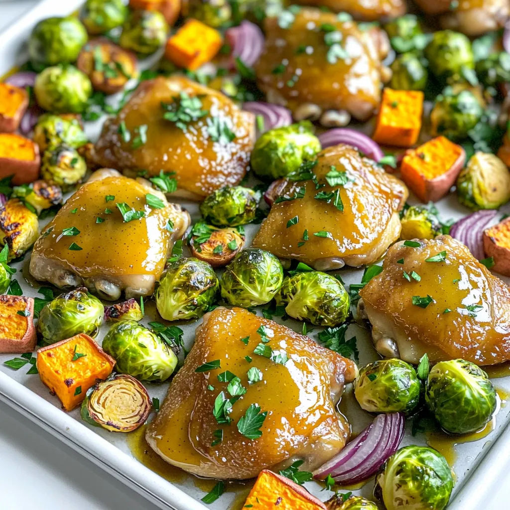 - 4 Hähnchenschenkel ohne Knochen und Haut - 60 ml Ahornsirup - 30 ml Dijon-Senf - 300 g Rosenkohl, halbiert - 2 mittelgroße Süßkartoffeln, geschält und gewürfelt - 1 große rote Zwiebel, in Spalten geschnitten Die Hauptzutaten sind einfach und frisch. Die Hähnchenschenkel geben viel Geschmack und Saftigkeit. Ahornsirup und Dijon-Senf bringen eine süße und würzige Note. Das Herbstgemüse sorgt für Farbe und Textur. - 15 ml Olivenöl - 5 g Knoblauchpulver - 5 g getrockneter Thymian - Salz und Pfeffer nach Geschmack Die Gewürze sind wichtig für den Geschmack. Olivenöl sorgt für eine schöne Bräunung. Knoblauchpulver und Thymian fügen Tiefe hinzu. Salz und Pfeffer runden das Gericht ab. Die Kombination dieser Zutaten macht das Gericht besonders. Sie harmonieren gut zusammen und bringen die Aromen hervor. Experimentieren Sie gerne mit den Mengen, um es nach Ihrem Geschmack anzupassen. Zuerst heizen Sie den Ofen auf 200°C vor. Das sorgt für eine gleichmäßige Hitze. In einer kleinen Schüssel geben Sie 60 ml Ahornsirup, 30 ml Dijon-Senf und 15 ml Olivenöl. Fügen Sie 5 g Knoblauchpulver, 5 g getrockneten Thymian, Salz und Pfeffer hinzu. Rühren Sie alles gut um. So bekommen Sie eine leckere Marinade. Nehmen Sie 4 Hähnchenschenkel ohne Knochen und Haut. Geben Sie die Marinade über die Hähnchenschenkel. Mischen Sie alles gut, bis das Hähnchen gleichmäßig bedeckt ist. Lassen Sie das Hähnchen mindestens 15 Minuten marinieren. So nimmt es den vollen Geschmack auf. Während das Hähnchen mariniert, bereiten Sie das Gemüse vor. Nehmen Sie 300 g Rosenkohl, 2 gewürfelte Süßkartoffeln und 1 große rote Zwiebel. Mischen Sie das Gemüse in einer Schüssel. Träufeln Sie die restliche Marinade darüber. Vermengen Sie alles gut. Dann nehmen Sie ein großes Backblech. Legen Sie die Hähnchenschenkel in die Mitte und verteilen Sie das Gemüse gleichmäßig darum herum. Rösten Sie das Gericht 25-30 Minuten im Ofen. Achten Sie darauf, dass das Hähnchen eine Innentemperatur von 75°C erreicht. Das Gemüse sollte zart und leicht karamellisiert sein. Marinierzeit und -technik Um den besten Geschmack zu erzielen, marinieren Sie das Hähnchen mindestens 15 Minuten. Für intensivere Aromen lassen Sie es bis zu 2 Stunden marinieren. Verwenden Sie eine große Schüssel, um sicherzustellen, dass alle Stücke gut bedeckt sind. Urlaubs- und Wochentagszubereitung An Wochentagen können Sie die Marinade am Morgen vorbereiten. Lassen Sie das Hähnchen im Kühlschrank marinieren. Am Abend brauchen Sie nur noch das Gemüse zu schneiden und das Blech in den Ofen zu schieben. Vegetarische Alternativen Ersetzen Sie das Hähnchen durch Tofu oder Tempeh. Diese Optionen nehmen die Marinade gut auf. Für einen herzhaften Geschmack braten Sie das Gemüse vor dem Rösten an. Andere Gemüseoptionen Experimentieren Sie mit Kürbis, Karotten oder Blumenkohl. Jedes Gemüse bringt einen eigenen Geschmack. Achten Sie darauf, die Garzeiten anzupassen. Rustikal servieren Servieren Sie das Gericht direkt vom Blech. Das gibt einen rustikalen Look und spart Geschirr. Die Farben des Gemüses machen das Gericht einladend. Garnitur-Tipps Frische Petersilie bringt Farbe und Geschmack. Sie können auch geröstete Nüsse oder Samen hinzufügen. Diese verleihen dem Gericht einen schönen Crunch und zusätzliche Nährstoffe. {{image_4}} Sie können verschiedene Geschmäcker ausprobieren. Für eine asiatische Note, verwenden Sie Sojasauce, Honig und Ingwer. Mischen Sie diese Zutaten, um eine köstliche Marinade zu erstellen. Diese Mischung passt gut zu dem Hähnchen und dem Gemüse. Für mediterrane Aromen, probieren Sie Olivenöl, Zitronensaft und Oregano. Diese Kombination bringt frische und helle Aromen in Ihr Gericht. Sie können auch Feta-Käse hinzufügen, um einen salzigen Kick zu bekommen. Wenn Sie kein Hähnchen essen, gibt es viele Alternativen. Tofu ist eine großartige Option. Schneiden Sie den Tofu in Stücke und marinieren Sie ihn wie das Hähnchen. Tempeh ist eine weitere gute Wahl, da es viel Protein hat. Sie können auch Kichererbsen verwenden, um eine leckere, vegetarische Variante zu schaffen. Nutzen Sie saisonales Gemüse für mehr Vielfalt. Im Herbst sind Kürbis und Karotten perfekt. Sie können sie anstelle der Süßkartoffeln verwenden. Auch Rosenkohl kann durch Blumenkohl ersetzt werden. Im Winter sind Wurzelgemüse wie Pastinaken ideal. Für den Frühling sind Spargel und Zucchini tolle Optionen. Frisches Gemüse macht Ihr Gericht noch bunter und gesünder. Um die Reste Ihres Ahorn-Dijon-Hähnchens mit Herbstgemüse richtig zu lagern, befolgen Sie diese einfachen Schritte: - Kühle Lagermethoden: Lassen Sie das Gericht zuerst auf Raumtemperatur abkühlen. Lagern Sie die Reste in einem luftdichten Behälter im Kühlschrank. So bleibt es frisch und lecker. - Verpackungstipps: Verwenden Sie kleine Behälter, um Portionen leicht entnehmen zu können. Wickeln Sie größere Stücke in Frischhaltefolie, bevor Sie sie in einen Behälter legen, um die Feuchtigkeit zu halten. Das Gericht hält sich gut, wenn Sie es richtig lagern. - Kühlschrank- vs. Gefrierlagerung: Im Kühlschrank bleibt das Hähnchen mit Gemüse etwa drei bis vier Tage frisch. Für längere Lagerung können Sie es einfrieren. Im Gefrierfach bleibt es etwa drei Monate genießbar. Wenn Sie die Reste wieder aufwärmen, gibt es einige Methoden, die am besten funktionieren: - Beste Methoden für die Wiedererwärmung: Nutzen Sie den Ofen, um das Gericht gleichmäßig zu erhitzen. Stellen Sie ihn auf 180°C ein und backen Sie es für etwa 15-20 Minuten. Wenn Sie die Mikrowelle verwenden, decken Sie das Gericht ab, um es saftig zu halten. Erwärmen Sie es in kurzen Intervallen von zwei bis drei Minuten. Das Hähnchen sollte 25 bis 30 Minuten im Ofen bleiben. Die ideale Temperatur ist 200°C. Das Hähnchen ist fertig, wenn die Innentemperatur 75°C erreicht. Die Haut wird knusprig, und das Fleisch bleibt saftig. Achten Sie darauf, dass das Gemüse auch zart und leicht karamellisiert ist. Ja, Sie können das Gemüse vor dem Hähnchen zubereiten. Schneiden Sie die Süßkartoffeln und den Rosenkohl in gleich große Stücke. Das sorgt für gleichmäßiges Garen. Mischen Sie das Gemüse mit der Marinade und lassen Sie es für einige Minuten ziehen. So gibt es mehr Geschmack und das Gemüse wird schön aromatisch. Ja, dieses Gericht ist glutenfrei. Alle Zutaten sind natürlich glutenfrei. Sie müssen nur sicherstellen, dass die Zutaten, die Sie verwenden, keine versteckten Glutenquellen enthalten. Wenn Sie eine glutenfreie Marinade möchten, können Sie den Dijon-Senf durch eine glutenfreie Sorte ersetzen. Zusammengefasst ist dieses Rezept eine einfache Anleitung für ein leckeres Hähnchen mit Herbstgemüse. Du lernst, wie du die Hauptzutaten wie Hähnchenschenkel und Gemüse kombinierst und mit einer tollen Marinade verfeinerst. Variationen für den persönlichen Geschmack bringen Abwechslung. Reste lassen sich gut lagern und wieder aufwärmen. Probiere es aus und finde deine Lieblingsversion. Kochen kann Spaß machen und einfach sein!