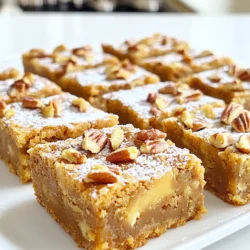Für die perfekten Brown Butter Pecan Blondies brauchst du einige einfache Zutaten. Hier sind die Hauptzutaten: - 1 Tasse ungesalzene Butter - 1 Tasse brauner Zucker - 1/2 Tasse Kristallzucker - 2 große Eier - 2 Teelöffel Vanilleextrakt - 2 Tassen Weizenmehl - 1 Teelöffel Backpulver - 1/2 Teelöffel Natron - 1/4 Teelöffel Salz - 1 Tasse Pekannüsse, grob gehackt - 1 Tasse weiße Schokoladenstückchen (optional) Die Butter ist der Star. Wenn du sie braun machst, erhältst du einen nussigen Geschmack. Der braune Zucker gibt den Blondies eine schöne Karamellnote. Pekannüsse sind ideal für dieses Rezept. Sie bringen einen tollen Crunch. Du kannst auch andere Nüsse ausprobieren, wie Walnüsse oder Mandeln. Wenn du Schokolade magst, füge weiße Schokoladenstückchen hinzu. Ein kleiner Tipp: Röste die Nüsse kurz in der Pfanne. Das bringt ihren Geschmack noch mehr zur Geltung. Die richtige Vanille ist wichtig. Verwende echten Vanilleextrakt für den besten Geschmack. Achte darauf, hochwertiges Mehl zu verwenden. Das macht einen großen Unterschied in der Textur. Zusätzlich kannst du eine Prise Zimt hinzufügen. Zimt gibt den Blondies eine warme Note. Wenn du es magst, kannst du auch etwas Salzflocken oben drauf streuen. Das verstärkt den süßen Geschmack. Heizen Sie den Ofen auf 175°C (350°F) vor. Nehmen Sie eine 20x20 cm große Backform. Fetten Sie die Form gut ein. Legen Sie dann Backpapier hinein. Lassen Sie einen Überhang, um die Blondies später herauszunehmen. Nehmen Sie einen mittelgroßen Kochtopf. Schmelzen Sie die ungesalzene Butter bei mittlerer Hitze. Rühren Sie die Butter häufig um. Kochen Sie sie, bis sie goldbraun wird. Dies dauert etwa 5-7 Minuten. Achten Sie darauf, dass die Butter nicht anbrennt. Der nussige Duft ist ein Zeichen, dass sie fertig ist. Nehmen Sie den Topf vom Herd und lassen Sie die Butter leicht abkühlen. Nehmen Sie eine große Rührschüssel. Geben Sie den braunen Zucker und den Kristallzucker hinein. Gießen Sie langsam die braune Butter dazu. Rühren Sie gut, bis die Mischung glatt ist. Fügen Sie dann die Eier einzeln hinzu. Rühren Sie nach jeder Zugabe. Geben Sie den Vanilleextrakt dazu. Mischen Sie in einer separaten Schüssel das Mehl, Backpulver, Natron und Salz. Geben Sie die trockenen Zutaten nach und nach in die feuchte Mischung. Rühren Sie vorsichtig, bis alles vermischt ist. Heben Sie die gehackten Pekannüsse und die weißen Schokoladenstückchen unter. Gießen Sie den Teig in die vorbereitete Backform. Verteilen Sie ihn gleichmäßig. Backen Sie die Blondies 20-25 Minuten lang. Sie sind fertig, wenn sie leicht goldbraun sind. Ein Zahnstocher sollte mit ein paar feuchten Krümeln herauskommen. Lassen Sie die Blondies in der Form auf einem Kuchengitter abkühlen. Nutzen Sie den Überhang des Backpapiers, um die Blondies herauszuheben. Schneiden Sie sie in Quadrate und servieren Sie sie. Um braune Butter zu machen, schmelzen Sie die ungesalzene Butter in einem Topf. Kochen Sie sie bei mittlerer Hitze. Rühren Sie oft um, damit sie nicht anbrennt. Achten Sie darauf, dass die Butter goldbraun wird. Dies dauert etwa 5-7 Minuten. Der nussige Duft zeigt, dass sie fertig ist. Lassen Sie die Butter leicht abkühlen, bevor Sie sie verwenden. So wird der Geschmack intensiv und reichhaltig. Ein häufiger Fehler ist, die Butter zu lange zu kochen. Sie kann schnell verbrennen. Wenn die Butter zu dunkel wird, schmeckt sie bitter. Rühren Sie ständig und beobachten Sie die Farbe. Ein weiterer Fehler ist, die Zutaten zu schnell zu mischen. Mischen Sie die trockenen Zutaten langsam unter die feuchten. So vermeiden Sie Klumpen und erhalten eine gleichmäßige Masse. Stellen Sie sicher, dass alle Zutaten Zimmertemperatur haben, um eine gute Konsistenz zu erzielen. Servieren Sie die Blondies auf einem rustikalen Holzbrett. Bestäuben Sie sie mit Puderzucker für eine schöne Optik. Für einen besonderen Touch träufeln Sie geschmolzene weiße Schokolade darüber. Sie können auch frische Früchte oder Sahne dazu reichen. Diese Kombination hebt den Geschmack und sieht toll aus. Genießen Sie die Blondies warm oder bei Raumtemperatur. {{image_4}} Wenn Sie etwas Abwechslung möchten, probieren Sie andere Nüsse. Walnüsse sind eine gute Wahl. Sie haben einen starken Geschmack und passen gut zu den Blondies. Mandeln sind eine weitere Option. Sie geben den Blondies einen knackigen Biss. Sie können auch eine Mischung aus Nüssen verwenden. Das macht die Blondies noch interessanter. Zusätzlich können Sie die weißen Schokoladenstückchen hinzufügen. Diese geben extra Süße und Cremigkeit. Dunkle Schokolade könnte ebenfalls einen tollen Kontrast bieten. Wenn Sie es fruchtig mögen, fügen Sie getrocknete Cranberries oder Kirschen hinzu. Diese bringen eine frische Note in die Blondies. Für eine glutenfreie Version ersetzen Sie das Weizenmehl. Sie können Mandelnmehl oder eine glutenfreie Mehlmischung verwenden. Achten Sie darauf, dass die Mischung gut bindet. So bleiben die Blondies schön saftig. Überprüfen Sie auch die anderen Zutaten. Stellen Sie sicher, dass sie glutenfrei sind, insbesondere Backpulver. Ein weiterer Tipp: Fügen Sie etwas mehr Flüssigkeit hinzu. Glutenfreie Mehle neigen dazu, trockener zu sein. Ein zusätzlicher Esslöffel Butter kann helfen. Wenn Sie es schokoladiger mögen, erhöhen Sie die Menge an Schokoladenstückchen. Sie können auch Kakaopulver hinzufügen, um einen schokoladigen Teig zu machen. Wer es würzig mag, könnte Zimt oder Muskatnuss hinzufügen. Diese Gewürze passen gut zu den süßen Blondies. Für eine salzige Note können Sie Meersalz über die warmen Blondies streuen. Das bringt den Geschmack der anderen Zutaten hervor. Experimentieren Sie mit Ihren Lieblingszutaten. So können Sie Ihre perfekten Blondies kreieren! Um die Frische der Blondies zu bewahren, lagern Sie sie in einem luftdichten Behälter. Dies schützt sie vor Luft und Feuchtigkeit. Wenn Sie die Blondies richtig lagern, bleiben sie weich und lecker. Sie können sie auch mit Frischhaltefolie abdecken. So bleibt die Feuchtigkeit drin. Ideal ist es, sie bei Raumtemperatur zu lagern. Vermeiden Sie direkte Sonne oder Hitzequellen. So genießen Sie die Blondies auch nach ein paar Tagen. Wenn Sie die Blondies länger aufbewahren möchten, können Sie sie einfrieren. Lassen Sie die Blondies zuerst vollständig abkühlen. Schneiden Sie sie dann in Stücke. Wickeln Sie jedes Stück in Frischhaltefolie. Legen Sie die eingewickelten Stücke in einen Gefrierbeutel. Achten Sie darauf, die Luft herauszudrücken. So bleiben die Blondies bis zu drei Monate frisch. Zum Auftauen legen Sie die gefrorenen Blondies einfach in den Kühlschrank. Nach ein paar Stunden sind sie perfekt zum Genießen. Wenn Sie Reste von den Blondies haben, verwenden Sie sie kreativ. Sie können sie zerbröseln und als Topping für Eis verwenden. Auch in Schichtdesserts machen sie sich gut. Schichten Sie die Brösel mit Joghurt und frischen Früchten. Eine weitere Idee ist, sie in einen Milchshake zu mixen. Das gibt dem Shake eine süße Note. Ihre Gäste werden überrascht sein, wie lecker Reste sein können! Um die besten Brown Butter Pecan Blondies zu machen, achte auf diese Tipps: - Verwende frische Zutaten. - Achte darauf, die Butter wirklich goldbraun zu machen. - Mische die Zutaten nicht zu lange. - Lass die Blondies gut abkühlen, bevor du sie schneidest. Diese Schritte helfen dir, den besten Geschmack und die beste Textur zu erreichen. Ja, du kannst die Blondies vegan machen! Ersetze die Eier durch Apfelmus oder Leinsamen. Nutze vegane Butter anstelle von normaler Butter. Verwende dunkle Schokolade, die keine Milch enthält. So erhältst du trotzdem leckere Blondies. Die Brown Butter Pecan Blondies bleiben bei Raumtemperatur etwa 3-5 Tage frisch. Bewahre sie in einem luftdichten Behälter auf. Für längere Haltbarkeit kannst du sie im Kühlschrank bis zu einer Woche lagern. Wenn du keine Pekannüsse hast, kannst du Walnüsse oder Mandeln verwenden. Diese Nüsse bringen ebenfalls einen tollen Geschmack. Auch eine Mischung aus verschiedenen Nüssen funktioniert gut! Du kannst die Blondies auf verschiedene Arten dekorieren: - Bestäube sie mit Puderzucker für ein einfaches Finish. - Träufle geschmolzene weiße Schokolade darüber. - Füge gehackte Nüsse als Topping hinzu. Diese Ideen machen deine Blondies noch ansprechender! Zusammenfassend bieten wir eine praktische Anleitung für köstliche Brown Butter Pecan Blondies. Wir haben die wichtigsten Zutaten, die Zubereitung, Tipps zur perfekten braunen Butter, Variationen und Lagerung detailliert behandelt. Nutze die Hinweise, um Fehler zu vermeiden und den besten Geschmack zu erzielen. Diese Blondies sind flexibel und lassen sich leicht anpassen. Egal, ob du sie frisch genießt oder aufbewahrst, sie werden immer schmackhaft sein. Viel Spaß beim Backen und Genießen dieser Leckerei!