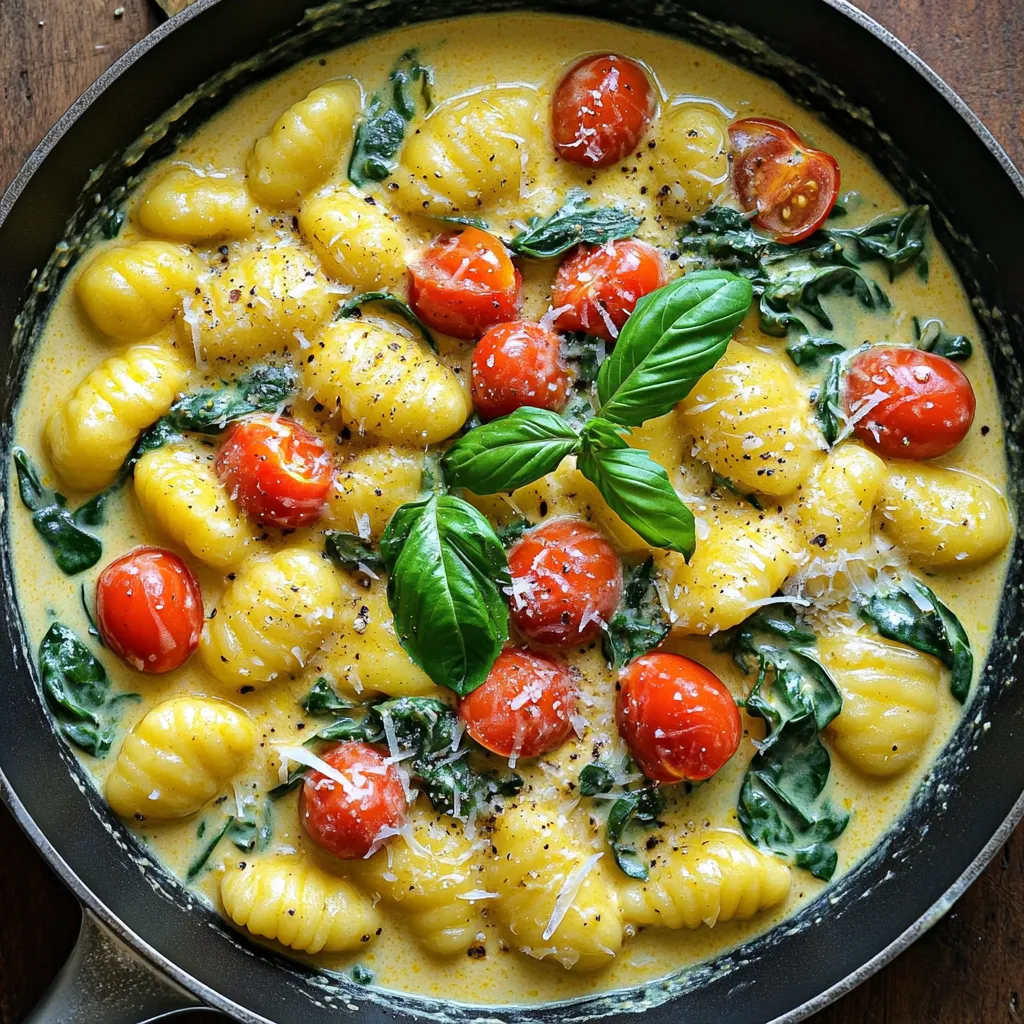 Für die Zubereitung dieser köstlichen Gnocchi benötigst du folgende Zutaten: - 450 g Kartoffelgnocchi - 2 Esslöffel Olivenöl - 3 Zehen Knoblauch, fein gehackt - 240 g Kirschtomaten, halbiert - 100 g frischer Spinat - 240 ml Schlagsahne - 50 g geriebener Parmesan - 1 Teelöffel italienische Gewürzmischung - Salz und Pfeffer nach Geschmack - Frisches Basilikum zur Garnierung Diese Zutaten schaffen ein harmonisches Geschmackserlebnis. Die Kombination aus cremiger Sauce und frischem Gemüse macht das Gericht besonders lecker. Falls du einige Zutaten nicht hast, gibt es tolle Alternativen: - Für die Gnocchi: Du kannst auch frische Gnocchi verwenden, wenn du sie findest. - Anstelle von Olivenöl: Nutze Sonnenblumenöl oder Rapsöl. - Wenn du keinen frischen Spinat hast, kannst du auch gefrorenen verwenden. Einfach auflösen lassen. - Für die Sahne: Versuche Kokosmilch oder eine pflanzliche Sahne-Alternative. - Parmesan kann durch andere Käsesorten ersetzt werden, wie Pecorino oder Grana Padano. Diese Alternativen helfen dir, das Gericht nach deinen Vorlieben zu gestalten und dennoch köstlich zu genießen. Frischer Spinat ist sehr gesund. Er enthält viele Vitamine und Mineralien, die gut für deinen Körper sind. Achte beim Kauf darauf, dass die Blätter frisch und knackig sind. Vermeide verwelkte oder gelbe Blätter. Wasche den Spinat gründlich, um Schmutz zu entfernen. Du kannst ihn auch leicht dämpfen, wenn du ihn zarter magst. Frischer Spinat passt perfekt zu vielen Gerichten, nicht nur zu Gnocchi. Diese Tipps helfen dir, das Beste aus deinem Spinat herauszuholen und ein schmackhaftes Gericht zuzubereiten. Für dieses Rezept brauchst du einige frische Zutaten. Hier ist, was du benötigst: - 450 g Kartoffelgnocchi - 2 Esslöffel Olivenöl - 3 Zehen Knoblauch, fein gehackt - 240 g Kirschtomaten, halbiert - 100 g frischer Spinat - 240 ml Schlagsahne - 50 g geriebener Parmesan - 1 Teelöffel italienische Gewürzmischung - Salz und Pfeffer nach Geschmack - Frisches Basilikum zur Garnierung Beginne mit dem Hacken des Knoblauchs. Halbiere die Kirschtomaten und wasche den Spinat. Diese Schritte machen das Kochen schneller. Erhitze das Olivenöl in einer großen Pfanne bei mittlerer Hitze. Sobald das Öl heiß ist, gib den Knoblauch hinein. Brate ihn für etwa 1 Minute an, bis er duftet. Das bringt viel Geschmack. Füge nun die halbierten Kirschtomaten hinzu. Koche sie für 3-4 Minuten, während du gelegentlich umrührst. Sie sollten weich werden. Rühre dann den Spinat unter. Koche ihn für 2 Minuten, bis er verwelkt ist. Gieße die Schlagsahne in die Pfanne und bringe die Mischung sanft zum Köcheln. Jetzt kommt der Parmesan. Füge ihn zusammen mit der italienischen Gewürzmischung, Salz und Pfeffer hinzu. Rühre alles gut um, bis der Käse geschmolzen ist. Jetzt mische vorsichtig die Gnocchi unter die Sauce. Lass sie für etwa 5-7 Minuten garen, bis sie zart sind. Wenn die Sauce zu dick wird, füge einen Schuss Wasser hinzu. Probiere die Mischung und passe die Gewürze nach deinem Geschmack an. Nimm die Pfanne vom Herd und garniere das Gericht mit frischem Basilikum. Serviere die Gnocchi direkt aus der Pfanne. Das sieht toll aus und schmeckt wunderbar! Um die Sauce perfekt zu machen, achte auf die Menge der Schlagsahne. Zu viel kann die Sauce dünn machen. Füge sie langsam hinzu und rühre gut um. Wenn die Sauce zu dick wird, gebe einfach einen Schuss Wasser dazu. So bleibt sie schön cremig und leicht. Um den Geschmack zu steigern, nutze frische Kräuter wie Basilikum oder Oregano. Diese bringen frische Aromen. Du kannst auch etwas Zitronensaft hinzufügen. Das gibt der Sauce einen tollen Kick. Vergiss nicht, die Gewürze nach deinem Geschmack anzupassen. Eine große Pfanne ist wichtig. Sie sorgt dafür, dass alle Zutaten gut Platz haben. Ein Holzlöffel hilft dir beim Rühren. Wenn du gerne kochst, ist ein guter Schneebesen nützlich, um die Sauce zu vermischen. Halte alles bereit, bevor du startest. So macht das Kochen noch mehr Spaß! {{image_4}} Für eine vegetarische Version kannst du die Schlagsahne durch pflanzliche Sahne ersetzen. Es gibt viele gute Optionen, wie Soja- oder Hafercreme. Diese Varianten bieten den gleichen cremigen Geschmack. Möchtest du die Gnocchi vegan machen? Nutze veganen Parmesan oder lass den Käse ganz weg. Das Gericht bleibt trotzdem lecker. Wenn du den Geschmack ändern möchtest, probiere diese Alternativen: - Pilze: Füge frische Champignons hinzu. Sie geben einen erdigen Geschmack. - Artischocken: Eingemachte Artischocken sorgen für eine würzige Note. - Zucchini: Zucchinischeiben bringen Frische und Farbe ins Gericht. - Kräuter: Frische Kräuter wie Thymian oder Oregano erweitern das Aroma. Diese Zutaten passen gut zu den Gnocchi und machen das Gericht spannend. Gnocchi sind ein Hauptgericht, können aber auch mit Beilagen glänzen. Hier sind einige Ideen: - Salat: Ein frischer grüner Salat ergänzt die Cremigkeit gut. - Brot: Knuspriges Baguette ist ideal, um die Sauce aufzutunken. - Gemüse: Gedämpftes Gemüse wie Brokkoli oder grüne Bohnen bieten eine schöne Ergänzung. Diese Beilagen machen dein Essen noch vielfältiger und schmackhafter. Um übrig gebliebene Gnocchi zu lagern, lasse sie zuerst vollständig abkühlen. Fülle sie dann in einen luftdichten Behälter. Du kannst auch Frischhaltefolie verwenden. Stelle sicher, dass der Behälter gut verschlossen ist. So bleiben die Gnocchi frisch und lecker. Beim Aufwärmen ist es wichtig, die Gnocchi sanft zu behandeln. Erhitze sie in einer Pfanne bei mittlerer Hitze. Füge etwas Wasser oder Sahne hinzu, damit die Sauce nicht zu dick wird. Rühre die Gnocchi vorsichtig um. So bleiben sie weich und cremig. Vermeide die Mikrowelle, da sie die Textur schädigen kann. Im Kühlschrank halten sich die Gnocchi etwa 3 Tage. Achte darauf, sie gut abzudecken. Im Gefrierschrank kannst du sie bis zu 3 Monate aufbewahren. Packe sie in einen gefriergeeigneten Behälter oder in einen Gefrierbeutel. Achte darauf, so viel Luft wie möglich zu entfernen. So bleiben die Gnocchi frisch und schmackhaft. Ja, du kannst frische Gnocchi verwenden. Frische Gnocchi haben oft eine weichere Textur. Sie brauchen weniger Zeit zum Kochen. Achte darauf, sie nicht zu lange in der Pfanne zu lassen. Frische Gnocchi garen schneller, also prüfe sie nach 3-4 Minuten. So bleiben sie zart und lecker. Um die Gnocchi cremiger zu machen, verwende mehr Schlagsahne. Du kannst auch Frischkäse hinzufügen. Eine kleine Menge Käse macht die Sauce schön reichhaltig. Ein Spritzer Zitronensaft bringt frische Aromen. Du kannst auch etwas Nussbutter hinzufügen. Das gibt der Sauce eine besondere Note. Experimentiere mit der Konsistenz, bis sie dir gefällt. Ja, es gibt glutenfreie Gnocchi. Diese bestehen oft aus Kartoffeln und Reis oder Maismehl. Achte auf die Verpackung, um sicherzustellen, dass sie glutenfrei sind. Du kannst auch selbst Gnocchi aus glutenfreien Mehlen herstellen. So kannst du sicherstellen, dass sie deinen Vorlieben entsprechen. Cremige toskanische Gnocchi sind einfach zuzubereiten. Du hast die Hauptzutaten, Alternativen und wichtige Tipps kennengelernt. So gelingt die perfekte Sauce und du hast viele Ideen für Variationen. Auch die Lagerung ist nun kein Geheimnis mehr. Letztlich kannst du mit frischen oder gefrorenen Gnocchi spielen. Experimentiere und mache dein Gericht einzigartig. Guten Appetit!