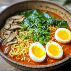 Für dieses Rezept brauchst du folgende Hauptzutaten: - 4 Tassen Hühner- oder Gemüsebrühe - 2 Esslöffel Gochujang (koreanische Chilipaste) - 2 Pakete Instant-Ramen-Nudeln (Würzpackungen entsorgen) - 2 weichgekochte Eier - 1 Tasse geschnittene Shiitake-Pilze - 1 Tasse frischer Babyspinat - 2 Frühlingszwiebeln, gehackt - 1 Esslöffel Sojasauce - 1 Esslöffel Sesamöl - 1 Teelöffel gehackter Knoblauch - Salz und Pfeffer nach Geschmack - Sesamkörner zur Garnierung (optional) Um den Geschmack zu verbessern, kannst du folgende Zutaten hinzufügen: - Ein Spritzer Zitronensaft für Frische - Chili-Flocken für extra Schärfe - Frische Kräuter wie Koriander oder Basilikum Frische Zutaten machen den Unterschied aus. Hier sind einige Tipps: - Wähle Gemüse in lebhaften Farben. Sie sind frisch. - Achte auf die Schale der Eier. Sie sollte sauber sein. - Kaufe Gochujang in einem asiatischen Markt oder online. Achte auf die Qualität. - Prüfe das Ablaufdatum von Brühe und Sojasauce. Frische Produkte schmecken besser. Um die perfekt weichgekochten Eier zu machen, koche zuerst Wasser in einem kleinen Topf. Wenn das Wasser kocht, lege die Eier vorsichtig hinein. Koche sie für 6 bis 7 Minuten. Danach nimm die Eier heraus und lege sie in ein Eisbad. So stoppt der Kochprozess. Lass sie abkühlen, schäle sie dann behutsam und lege sie beiseite. Für die Brühe erhitzt du in einem großen Topf das Sesamöl bei mittlerer Hitze. Füge den gehackten Knoblauch hinzu und brate ihn etwa eine Minute lang an. Der Duft wird dir zeigen, dass es Zeit ist, die Gochujang-Paste hinzuzufügen. Rühre gut um und lass die Paste eine weitere Minute kochen. Jetzt gieße die Hühner- oder Gemüsebrühe dazu und bringe alles zum Köcheln. Nutze einen Schneebesen, um die Gochujang-Paste gut zu vermischen. Jetzt kommen die Ramen-Nudeln ins Spiel. Gib die Nudeln in die Brühe und koche sie nach den Anweisungen auf der Verpackung, normalerweise 3 bis 4 Minuten. In der letzten Minute der Kochzeit füge die geschnittenen Shiitake-Pilze und den frischen Babyspinat hinzu. Das Gemüse wird die Brühe noch schmackhafter machen. Verteile die Ramen-Suppe gleichmäßig auf zwei Servierbowls. Achte darauf, dass Pilze und Spinat gleichmäßig verteilt sind. Halbiere die weichgekochten Eier und lege sie auf die Ramen. Toppe das Gericht mit gehackten Frühlingszwiebeln und optional mit Sesamkörnern. Jetzt ist dein Gericht bereit zum Genießen! Um die perfekte Brühe zu machen, achte auf die Hitze. Erhitze das Sesamöl bei mittlerer Temperatur. Füge den Knoblauch hinzu, bis er duftet. Dann rühre die Gochujang-Paste gut ein. Es ist wichtig, die Paste eine Minute lang zu kochen. So entfaltet sich der volle Geschmack. Danach gieße die Brühe langsam dazu. Rühre mit einem Schneebesen, um Klumpen zu vermeiden. Lass die Brühe leicht köcheln. So wird sie schön aromatisch. Die Schärfe deiner Ramen kannst du leicht anpassen. Beginne mit zwei Esslöffeln Gochujang. Probiere die Brühe und füge mehr hinzu, wenn du es schärfer magst. Du kannst auch etwas Chili oder Pfeffer verwenden. Denke daran, die Schärfe schrittweise zu erhöhen. So kannst du die perfekte Balance finden. Jeder hat einen anderen Geschmack, also experimentiere ruhig! Ramen-Nudeln sind schnell zubereitet. Koche sie gemäß den Anweisungen auf der Verpackung. In der Regel sind das drei bis vier Minuten. Achte darauf, sie nicht zu lange zu kochen. Sie sollten bissfest bleiben. Füge die Nudeln in die Brühe, wenn sie fast fertig sind. So nehmen sie den Geschmack der Brühe auf. Wenn du die Nudeln perfekt kochst, sind sie der Star deines Gerichts! {{image_4}} Wenn Sie eine vegetarische Version von Gochujang Ramen möchten, gibt es viele tolle Optionen. Ersetzen Sie die Hühnerbrühe durch Gemüsebrühe. Das gibt Ihrer Suppe einen vollen Geschmack. Sie können auch Tofu anstelle von Eiern verwenden. Seidentofu passt gut und hat eine tolle Textur. Für mehr Nährstoffe und Geschmack fügen Sie verschiedene Gemüsesorten hinzu. Brokkoli, Karotten oder Zucchini sind großartige Optionen. Diese Gemüsesorten bringen Farbe und Vitamine in Ihr Gericht. Probieren Sie auch gefrorene Erbsen oder Mais für noch mehr Süße und Textur. Wenn Sie zusätzliche Proteine wünschen, gibt es viele Möglichkeiten. Garnelen oder Hühnchen sind einfache Ergänzungen. Auch Kichererbsen oder schwarze Bohnen sind eine gute Wahl für Vegetarier. Diese Optionen machen Ihr Gericht nahrhafter und sättigender. Wenn du Ramen übrig hast, lagere sie in einem luftdichten Behälter. Trenne die Brühe von den Nudeln und dem Gemüse. So bleibt alles frisch. Die Brühe bewahrst du im Kühlschrank. Die Nudeln und das Gemüse kannst du ebenfalls gekühlt aufbewahren. Diese Methode sorgt dafür, dass die Zutaten nicht matschig werden. Um die Ramen wieder zu erhitzen, gib die Brühe in einen Topf. Erhitze sie bei mittlerer Hitze. Wenn die Brühe heiß ist, füge die Nudeln und das Gemüse hinzu. Koche alles zusammen für 2-3 Minuten. So bleiben die Nudeln und das Gemüse knackig. Du kannst auch Mikrowelle verwenden, aber achte darauf, dass du sie in kurzen Intervallen erhitzt. Die Brühe hält sich 3-4 Tage im Kühlschrank. Ramen-Nudeln bleiben 2-3 Tage frisch. Gemüse wie Spinat und Pilze solltest du innerhalb von 2 Tagen essen. Schimmel oder seltsamer Geruch sind Zeichen für Verderb. Achte darauf, die Ramen rechtzeitig zu essen, um nichts wegzuwerfen. Um die perfekten weichgekochten Eier zu erhalten, koche sie 6-7 Minuten in sprudelndem Wasser. Diese Zeit sorgt für einen festen Rand und ein flüssiges Eigelb. Danach lege die Eier in ein Eisbad. Das stoppt den Kochprozess. Nach dem Abkühlen kannst du sie leicht schälen. Ja, du kannst Gochujang durch Sriracha oder eine andere scharfe Chilipaste ersetzen. Diese haben eine andere Textur und Geschmack. Gochujang ist jedoch einzigartig. Es bietet eine süßliche Note, die schwer zu ersetzen ist. Wenn du es ersetzt, passe die Menge nach deinem Geschmack an. Um glutenfreie Ramen-Nudeln zu verwenden, suche nach speziellen glutenfreien Varianten. Diese gibt es aus Reis oder Buchweizen. Achte darauf, die Kochzeit zu überprüfen. Glutenfreie Nudeln können sich anders verhalten. Folge den Anweisungen auf der Verpackung, um die besten Ergebnisse zu erzielen. Gochujang Ramen ist einfach zuzubereiten und lecker. Wir haben die besten Zutaten, Tipps und Variationen angeschaut. Ich hoffe, du fühlst dich bereit, deine eigene Schüssel Würze zu kreieren. Denk daran, die Brühe und die Nudeln gut abzustimmen. Experimentiere mit verschiedenen Gemüsesorten und Proteinen. Mit ein paar einfachen Schritten kannst du ein köstliches Gericht zaubern. Lass die Ramen zu deinem Lieblingsrezept werden!