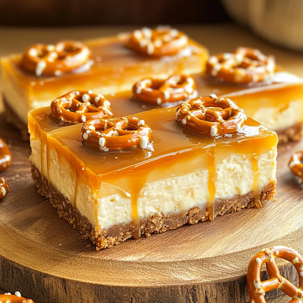 - 2 Tassen Brezelsticks - 1 Tasse Frischkäse, weich - 2 Tassen Schlagsahne Die Hauptzutaten machen den Geschmack aus. Brezelsticks bringen einen knusprigen Biss und salzige Noten. Frischkäse sorgt für die cremige Füllung. Er ist der Schlüssel zu einer perfekten Textur. Schlagsahne macht die Mischung leicht und luftig. - ½ Tasse ungesalzene Butter, geschmolzen - 2 Tassen Brezelsticks Die Kruste ist einfach und schnell. Zuerst zerkleinern Sie die Brezelsticks. Dann mischen Sie sie mit geschmolzener Butter. Diese Mischung sorgt für einen festen Boden. Die Kombination aus salzig und süß ist unwiderstehlich. - 1 Tasse Karamellsauce (gekauft oder selbstgemacht) - 1 Teelöffel Meersalz Karamellsauce bringt Süße und Tiefe. Sie können fertige Sauce verwenden oder selbst machen. Meersalz verstärkt den Karamellgeschmack. Es macht die Bars besonders köstlich. Jede Schicht bekommt ein wenig von dieser salzigen Note. - Zerkleinere die Brezelsticks in einer Küchenmaschine. - Vermenge die zerstoßenen Brezeln mit der geschmolzenen Butter in einer Schüssel. - Drücke die Mischung fest in eine 9x9 Zoll große Backform. - Stelle die Kruste für 30 Minuten in den Kühlschrank, damit sie fest wird. - Schlage den weichen Frischkäse in einer großen Schüssel. - Füge nach und nach den Puderzucker und den Vanilleextrakt hinzu. - Mische alles, bis es gut kombiniert und cremig ist. - Schlage die Schlagsahne in einer separaten Schüssel, bis steife Spitzen entstehen. - Hebe die geschlagene Sahne vorsichtig unter die Frischkäsemischung. - Achte darauf, dass die Luftigkeit der Sahne erhalten bleibt. - Gieße die erste Hälfte der Käsekuchenfüllung gleichmäßig auf die Kruste. - Beträufle die Füllung mit der Hälfte der Karamellsauce. - Wiederhole den Vorgang mit der restlichen Käsekuchenfüllung und Karamell, um Schichten zu bilden. - Streue das Meersalz gleichmäßig über die oberste Karamellschicht. - Decke die Backform mit Frischhaltefolie ab. - Stelle sie für mindestens 4 Stunden in den Kühlschrank, damit die Bars fest werden. Die Kruste sollte fest, aber nicht hart sein. Sie hält die Füllung gut und gibt guten Biss. Achte darauf, die Brezelsticks gut zu zerdrücken. Wenn du eine andere Textur möchtest, probiere Kornflakes oder Haferkekse. Diese können eine spannende Abwechslung bieten. Für die perfekte Schlagsahne, stelle sicher, dass die Schüssel kalt ist. Kalte Sahne schlägt besser und schneller. Schlage die Sahne bis steife Spitzen entstehen, aber übermixen ist ein No-Go! Wenn du die Sahne zu lange schlägst, wird sie butterig. Faltete die Sahne sanft unter die Frischkäsemischung, damit sie luftig bleibt. Präsentiere die Bars auf einem rustikalen Holzbrett. Das sieht gut aus und bringt Gemütlichkeit. Beträufle die Bars mit extra Karamell und streue leicht Meersalz darüber. Frische Zutaten, wie Minze oder Beeren, können einen tollen Farbkontrast bieten. Das macht die Bars noch ansprechender und leckerer. {{image_4}} Eine einfache Möglichkeit, den Geschmack zu ändern, ist die Zugabe von Schokoladenstückchen. Diese kleinen Stücke bringen eine süße Note in das Rezept. Sie können Zartbitter- oder Vollmilchschokolade verwenden. Fügen Sie sie zur Füllung hinzu, bevor Sie die Schlagsahne unterheben. So erhalten Sie einen tollen Schokoladengeschmack. Ich liebe es, Nüsse in meine Desserts zu integrieren. Gehackte Nüsse oder Mandeln sind eine großartige Wahl für diesen Käsekuchen. Sie fügen einen schönen Crunch hinzu und ergänzen die Süße. Streuen Sie die Nüsse einfach zwischen den Schichten oder oben drauf. Dies macht den Geschmack noch interessanter. Für eine vegane Version können Sie einige einfache Ersetzungen vornehmen. Verwenden Sie veganen Frischkäse anstelle von normalem Frischkäse. Es gibt viele gute Marken, die diesen anbieten. Auch die Schlagsahne kann durch pflanzliche Sahne ersetzt werden. So bleibt der Genuss erhalten, ohne tierische Produkte zu nutzen. - Optimaler Zeitpunkt zum Verzehr: Die Bars schmecken am besten, wenn sie frisch sind. Genießen Sie sie innerhalb von 3 bis 5 Tagen nach der Zubereitung. - Haltbarkeit im Kühlschrank: Bewahren Sie die Bars in einem luftdichten Behälter auf. Sie bleiben im Kühlschrank bis zu einer Woche haltbar. - Anleitung zum Einfrieren: Schneiden Sie die Bars in Stücke. Wickeln Sie jedes Stück fest in Frischhaltefolie. Legen Sie die eingewickelten Bars in einen Gefrierbeutel oder einen luftdichten Behälter. So bleiben sie frisch. - Auftauenstipps: Lassen Sie die Bars über Nacht im Kühlschrank auftauen. So behalten sie ihre Textur und den Geschmack. Vermeiden Sie das Auftauen bei Raumtemperatur, um ein Durchweichen zu verhindern. Die No-Bake Bars sind bis zu einer Woche haltbar. Lagern Sie sie im Kühlschrank. Nach ein paar Tagen können sie weicher werden. Der Geschmack bleibt jedoch gut. Ich empfehle, sie in einem luftdichten Behälter aufzubewahren. So bleiben sie frisch und lecker. Ja, Sie können die Bars ohne Karamelsauce machen. Stattdessen können Sie Schokoladensauce verwenden. Eine andere Idee ist, eine Fruchtsoße zu nehmen, wie Himbeere oder Erdbeere. Diese Alternativen geben den Bars einen anderen, aber ebenso leckeren Geschmack. Die besten Brezelsticks finden Sie in vielen Geschäften. Marken wie "Snyder's" oder "Rold Gold" sind sehr beliebt. Diese Marken bieten guten Geschmack und die richtige Knusprigkeit. Achten Sie darauf, ungesalzene Brezelsticks zu wählen, wenn Sie den Salzgehalt kontrollieren möchten. Sie können auch lokale Bäckereien besuchen, die frische Brezeln anbieten. Die Zubereitung dieser No-Bake Bars ist einfach und macht Spaß. Wir haben leckere Brezelsticks, Frischkäse und Schlagsahne verwendet, um einen tollen Snack zu kreieren. Ich hoffe, die Schritt-für-Schritt-Anleitung hilft dir beim Nachmachen. Du kannst die Bars anpassen, indem du verschiedene Zutaten hinzufügst. Vergiss nicht, sie im Kühlschrank zu lagern für den besten Geschmack. Probiere auch die Variationen aus, um das Rezept spannend zu halten. Viel Freude beim Genießen dieser süßen Leckerei!