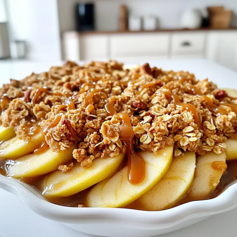 Hier sind die Zutaten, die Sie für den Karamell-Apfel-Crisp brauchen: - 4 mittelgroße Äpfel, geschält, entkernt und in Scheiben geschnitten - 1 Esslöffel Zitronensaft - 1 Tasse brauner Zucker, geteilt - 1 Teelöffel gemahlener Zimt - 1/2 Teelöffel Muskatnuss - 1 Tasse Haferflocken - 1/2 Tasse Weizenmehl - 1/2 Tasse ungesalzene Butter, geschmolzen - 1/2 Tasse gehackte Pekannüsse oder Walnüsse (optional) - 1/4 Tasse Karamellsauce, plus extra zum Drizzeln - Eine Prise Salz Diese Zutaten machen diesen Crisp zu einem echten Genuss. Die Äpfel bringen Frische und Süße, während der Zimt und die Muskatnuss für Wärme sorgen. Ich empfehle, Äpfel wie Granny Smith oder Honeycrisp zu verwenden. Diese Sorten bieten einen tollen Geschmack und eine gute Textur. Granny Smith hat eine schöne Säure, die gut mit der Süße des Zuckers harmoniert. Honeycrisp ist süß und knackig, perfekt für diesen Crisp. Wenn Sie keine Nüsse mögen, lassen Sie sie einfach weg. Sie können auch Mandeln oder Haselnüsse verwenden. Für die Karamellsauce können Sie selbstgemachte oder gekaufte verwenden. Wenn Sie es einfacher mögen, nehmen Sie eine fertige Sauce. Sie können auch Schokoladensauce für einen anderen Geschmack ausprobieren. Heize den Ofen auf 180°C vor. Das sorgt dafür, dass dein Crisp gleichmäßig backt. Schäle die Äpfel und schneide sie in dünne Scheiben. Gib die Apfelscheiben in eine große Schüssel. Füge 1 Esslöffel Zitronensaft hinzu. Der Zitronensaft hält die Äpfel frisch und gibt Geschmack. Streue 1/2 Tasse braunen Zucker, 1 Teelöffel Zimt, 1/2 Teelöffel Muskatnuss und eine Prise Salz dazu. Mische alles gut, bis die Äpfel gleichmäßig bedeckt sind. Verteile die Apfelmischung in einer gefetteten Auflaufform. In einer separaten Schüssel vermenge 1 Tasse Haferflocken, 1/2 Tasse Weizenmehl und die restlichen 1/2 Tasse braunen Zucker. Wenn du Nüsse magst, füge 1/2 Tasse gehackte Pekannüsse oder Walnüsse hinzu. Gieße 1/2 Tasse geschmolzene Butter in die Schüssel. Rühre alles um, bis die Mischung gleichmäßig feucht und krümelig ist. Dies sorgt für die perfekte Textur oben auf den Äpfeln. Streue das Hafer-Topping gleichmäßig über die Apfelmischung in der Auflaufform. Träufle 1/4 Tasse Karamellsauce darüber. Diese Sauce macht das Dessert besonders lecker. Schiebe die Auflaufform in den Ofen und backe das Ganze für 30 bis 35 Minuten. Achte darauf, dass die Oberseite goldbraun wird und die Äpfel weich sind. Nach dem Backen lasse den Crisp 10 Minuten abkühlen, bevor du ihn servierst. Um die perfekte Konsistenz für deinen Karamell-Apfel-Crisp zu bekommen, ist es wichtig, die richtigen Zutaten zu wählen. Die Haferflocken sollten grob und nicht pulverisiert sein. Das gibt deinem Topping die nötige Struktur. Wenn du die Butter hinzufügst, achte darauf, dass sie schmolzen ist, aber nicht zu heiß. So vermischt sich alles gut, ohne die Haferflocken zu kochen. Die Backzeit ist ebenfalls entscheidend. Lass den Crisp goldbraun werden, damit er knusprig bleibt. Ein häufiger Fehler ist, zu viel Flüssigkeit zu verwenden. Wenn du die Äpfel vorbereitest, benutze nicht zu viel Zitronensaft, da dies die Äpfel wässrig macht. Ein weiterer Fehler ist das Überbacken. Überprüfe deinen Crisp nach 30 Minuten. Wenn die Oberseite goldbraun ist und die Äpfel weich sind, ist es Zeit, ihn herauszunehmen. Lass ihn auch nicht zu lange abkühlen, sonst kann er zu fest werden. Du kannst deinem Karamell-Apfel-Crisp viele verschiedene Geschmäcker hinzufügen. Zum Beispiel, füge etwas Vanilleextrakt zu den Äpfeln hinzu. Das gibt eine schöne Tiefe. Wenn du Nüsse hinzufügst, probiere Mandeln oder Cashews für einen anderen Geschmack. Für eine besondere Note kannst du auch getrocknete Cranberries oder Rosinen unter die Äpfel mischen. Wenn du es schokoladig magst, träufle etwas geschmolzene Schokolade über den Crisp vor dem Servieren. {{image_4}} Für einen glutenfreien Karamell-Apfel-Crisp kannst du das Weizenmehl durch Mandelmehl oder glutenfreies Mehl ersetzen. Diese Mehle geben dem Crisp eine tolle Konsistenz. Achte darauf, dass die Haferflocken glutenfrei sind. Viele Marken bieten glutenfreie Haferflocken an, die sich gut eignen. So kannst du auch die glutenfreie Variante genießen. Um das Rezept vegan zu machen, tausche die Butter gegen pflanzliche Margarine oder Kokosöl aus. Auch die Karamellsauce lässt sich leicht vegan zubereiten. Nutze einfach pflanzliche Zutaten wie Kokosmilch und braunen Zucker. So bleibt der Geschmack lecker und du verzichtest auf tierische Produkte! Du kannst deinen Karamell-Apfel-Crisp auf viele Arten anpassen. Hier sind einige Ideen: - Füge getrocknete Cranberries oder Rosinen für eine süße Note hinzu. - Experimentiere mit verschiedenen Nüssen wie Mandeln oder Haselnüssen für mehr Crunch. - Probiere Gewürze wie Ingwer oder Nelken für einen anderen Geschmack. - Gib einen Schuss Vanilleextrakt zur Apfelmischung für mehr Tiefe. Diese Variationen machen dein Rezept besonders und passen zu jedem Geschmack! Um die Reste deines Karamell-Apfel-Crisp richtig zu lagern, lasse ihn zuerst abkühlen. Danach decke die Auflaufform mit Frischhaltefolie oder Aluminiumfolie ab. Alternativ kannst du den Crisp auch in einen luftdichten Behälter umfüllen. So bleibt er frisch und lecker. Wenn du deinen Apfel-Crisp aufwärmen möchtest, heize den Ofen auf 180°C vor. Lege den Crisp in eine Auflaufform und decke ihn mit Folie ab. So bleibt die Oberseite knusprig. Backe ihn für etwa 15 bis 20 Minuten. Wenn du es schneller magst, kannst du auch die Mikrowelle verwenden. Erhitze ihn in kurzen Intervallen von 30 Sekunden. Im Kühlschrank hält sich der Karamell-Apfel-Crisp etwa 3 bis 4 Tage. Wenn du ihn für längere Zeit aufbewahren möchtest, friere ihn ein. Du kannst ihn bis zu 3 Monate im Gefrierschrank lagern. Achte darauf, ihn gut einzupacken, damit er nicht gefriert. Wenn du ihn essen möchtest, taue ihn über Nacht im Kühlschrank auf und wärme ihn dann wie oben beschrieben auf. Ja, du kannst andere Früchte verwenden. Birnen, Pfirsiche oder Beeren passen gut. Diese Früchte geben deinem Crisp neue Aromen. Wenn du verschiedene Früchte mischst, achte auf die Süße. Du kannst die Menge an Zucker anpassen, um das Gleichgewicht zu halten. Das Backen dauert etwa 30 bis 35 Minuten. Der Crisp ist fertig, wenn die Oberseite goldbraun ist. Die Äpfel sollten zart sein, aber nicht zerfallen. Überprüfe die Konsistenz nach 30 Minuten. Wenn du eine knusprigere Oberfläche möchtest, backe ihn ein paar Minuten länger. Am besten servierst du den Crisp warm. Ein Klecks Vanilleeis macht ihn besonders lecker. Die kalte Eiscreme ergänzt die warmen Äpfel gut. Du kannst auch Schlagsahne oder Joghurt dazu anbieten. So hast du einen tollen Kontrast in der Temperatur und im Geschmack. In diesem Artikel haben wir die Hauptzutaten für den Karamell-Apfel-Crisp besprochen. Wir haben die besten Äpfel empfohlen und Alternativen für Nüsse und Karamellsauce vorgestellt. Die Schritt-für-Schritt-Anleitung hilft, den Crisp einfach zuzubereiten. Tipps und Tricks sorgen für die perfekte Konsistenz, während Variationen für jeden Geschmack bieten. Beachten Sie die Lagerinformationen, um Reste richtig aufzubewahren. Experimentieren Sie mit den FAQs und genießen Sie Ihren köstlichen Crisp! Kochen macht Spaß und bringt Freude.