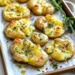 Um die besten knusprigen Knoblauch-Kräuter-Stampfkartoffeln zu machen, brauchen wir: - 1,5 Pfund Baby-Kartoffeln - 4 Esslöffel Olivenöl - 4 Knoblauchzehen, fein gehackt - 1 Teelöffel frischer Rosmarin, gehackt - 1 Teelöffel frischer Thymian, gehackt - 1 Teelöffel Meersalz - 1/2 Teelöffel schwarzer Pfeffer - 1/2 Teelöffel rote Pfefferflocken (optional) - Frische Petersilie zur Garnierung Jede Zutat hat ihren eigenen Geschmack. Die Baby-Kartoffeln sind klein und zart. Sie geben eine perfekte Basis. Frische Zutaten machen einen großen Unterschied. Achte auf folgende Punkte: - Wähle feste Kartoffeln ohne Druckstellen. - Der Knoblauch sollte fest und trocken sein. - Die Kräuter sollten lebendig und grün aussehen. Diese Tipps helfen dir, die besten Zutaten auszuwählen. So schmecken die Kartoffeln noch besser. Falls du keine bestimmte Zutat hast, gibt es Alternativen: - Statt frischem Rosmarin kannst du getrockneten verwenden. - Verwende Sonnenblumenöl, wenn du kein Olivenöl hast. - Du kannst auch andere Kräuter wie Oregano ausprobieren. Diese Alternativen machen das Rezept vielseitig. Du kannst kreativ sein und die Zutaten anpassen. Beginne mit 1,5 Pfund Baby-Kartoffeln. Diese kleinen Kartoffeln sind perfekt für unser Rezept. Koche sie in einem großen Topf mit gesalzenem Wasser. Lass sie 15-20 Minuten kochen. Sie sollten zart sein, wenn du sie mit einer Gabel anstichst. Nach dem Kochen, lass die Kartoffeln abtropfen und etwas abkühlen. Das lässt sie knuspriger werden. In einer kleinen Schüssel vermenge 4 Esslöffel Olivenöl, 4 fein gehackte Knoblauchzehen, 1 Teelöffel frischen Rosmarin und 1 Teelöffel frischen Thymian. Füge 1 Teelöffel Meersalz, 1/2 Teelöffel schwarzen Pfeffer und 1/2 Teelöffel rote Pfefferflocken hinzu, wenn du es scharf magst. Rühre alles gut um, bis es gut vermischt ist. Dieses Öl gibt den Kartoffeln viel Geschmack. Heize deinen Ofen auf 220 °C vor. Lege die abgekühlten Kartoffeln auf ein Backblech mit Backpapier. Mit dem Boden eines Glases oder einem Kartoffelstampfer zerdrücke jede Kartoffel leicht. Sie sollten flach, aber ganz bleiben. Träufle das Knoblauch-Kräuter-Öl über die Kartoffeln. Backe sie 25-30 Minuten, bis sie knusprig und goldbraun sind. Für extra Knusprigkeit, drehe die Kartoffeln nach der Hälfte der Backzeit um. Garniere sie mit frischer Petersilie, um sie schön aussehen zu lassen. Für richtig knusprige Kartoffeln ist die Zubereitung wichtig. Hier sind einige Tipps: - Wählen Sie die richtigen Kartoffeln: Baby-Kartoffeln sind ideal. Sie haben die perfekte Größe und Textur. - Vorkochen: Kochen Sie die Kartoffeln, bis sie zart sind. Dies dauert etwa 15-20 Minuten. - Abkühlen lassen: Lassen Sie die Kartoffeln nach dem Kochen fünf Minuten abkühlen. Dies hilft, die Struktur zu festigen. - Zerdrücken: Drücken Sie die Kartoffeln vorsichtig. Sie sollten flach, aber nicht zerfallen. - Öl und Gewürze: Träufeln Sie das aromatische Öl gleichmäßig über die Kartoffeln. So erhalten alle Seiten den besten Geschmack. - Hohe Temperatur: Backen Sie bei 220 °C (425 °F). Hohe Hitze sorgt für schöne, goldbraune Ränder. Ein paar Fehler können Ihre Kartoffeln weniger knusprig machen: - Zu viel Wasser: Achten Sie darauf, dass die Kartoffeln nicht zu viel Wasser aufnehmen. Dies kann die Knusprigkeit beeinträchtigen. - Unregelmäßiges Zerdrücken: Wenn Sie die Kartoffeln ungleichmäßig zerdrücken, backen sie ungleichmäßig. Achten Sie darauf, dass alle gleichmäßig flach sind. - Zu viel Öl: Zu viel Öl kann die Kartoffeln fettig machen. Verwenden Sie die richtige Menge, um sie knusprig zu halten. - Nicht genug Backzeit: Geben Sie den Kartoffeln genug Zeit im Ofen. Sie brauchen 25-30 Minuten, um schön knusprig zu werden. Wenn Sie Kartoffeln übrig haben, lagern Sie sie richtig: - Abkühlen lassen: Lassen Sie die Kartoffeln auf Raumtemperatur abkühlen, bevor Sie sie wegstellen. - Luftdicht verpacken: Verwenden Sie einen luftdichten Behälter, um die Kartoffeln frisch zu halten. - Im Kühlschrank lagern: Bewahren Sie die Kartoffeln im Kühlschrank auf. So bleiben sie bis zu drei Tage frisch. - Wiederaufwärmen: Zum Aufwärmen legen Sie die Kartoffeln auf ein Backblech. Backen Sie sie bei 200 °C (400 °F) für 10-15 Minuten. So werden sie wieder knusprig. {{image_4}} Um diese Kartoffeln vegan zu machen, ersetzen Sie das Olivenöl durch Kokosöl oder Avocadoöl. Beide Öle geben einen tollen Geschmack und helfen beim Braten. Sie können auch einen pflanzlichen Knoblauchaufstrich verwenden, um den Knoblauchgeschmack zu verstärken. Diese kleinen Anpassungen sorgen dafür, dass auch Veganer in den vollen Genuss kommen. Fügen Sie neue Gewürze hinzu, um den Geschmack zu verändern. Paprika oder geräucherter Paprika geben einen tollen rauchigen Geschmack. Wenn Sie es schärfer mögen, probieren Sie Cayennepfeffer oder Chili-Pulver. Für eine mediterrane Note fügen Sie Oregano oder Basilikum hinzu. Diese einfachen Änderungen verwandeln die Kartoffeln in ein ganz neues Gericht. Um die Smashed Potatoes zu einem vollständigen Gericht zu machen, servieren Sie sie mit einer Proteinquelle. Gegrilltes Hähnchen oder Lachs passen hervorragend. Für eine vegetarische Option probieren Sie gebratene Kichererbsen oder Linsen. Diese Proteinbeilagen ergänzen die Aromen der Kartoffeln und machen das Essen sättigender. Um Smashed Potatoes frisch zu halten, lassen Sie sie zuerst abkühlen. Legen Sie die Kartoffeln in einen luftdichten Behälter. Verwenden Sie ein Tuch, um Feuchtigkeit zu vermeiden. So bleiben die Kartoffeln knusprig. Um die Smashed Potatoes wieder aufzuwärmen, verwenden Sie den Ofen. Heizen Sie ihn auf 200 °C vor. Legen Sie die Kartoffeln auf ein Backblech. Backen Sie sie für 10 bis 15 Minuten. So werden sie wieder knusprig. Sie können auch eine Pfanne verwenden, um sie in etwas Olivenöl zu braten. Im Kühlschrank halten sich die Smashed Potatoes etwa drei bis vier Tage. Achten Sie darauf, dass sie gut verpackt sind. Wenn sie länger bleiben, kann die Textur leiden. Es ist besser, sie frisch zu genießen. Die Kartoffeln brauchen etwa 15-20 Minuten, um weich zu werden. Sie kochen sie in gesalzenem Wasser. Prüfen Sie mit einer Gabel, ob sie zart sind. Wenn die Gabel leicht hineingleitet, sind sie bereit. Ja, Sie können andere Kartoffelsorten verwenden. Festkochende Kartoffeln sind am besten. Sie behalten nach dem Kochen ihre Form. Besonders gut eignen sich Yukon Gold oder rote Kartoffeln. Um die Smashed Potatoes knuspriger zu machen, erhöhen Sie die Backtemperatur. Ein weiterer Trick ist, die Kartoffeln vor dem Backen gut zu trocknen. Verwenden Sie auch etwas mehr Olivenöl. So werden sie goldbraun und knusprig. Zusammenfassend haben wir die besten Zutaten für die Zubereitung von Smashed Potatoes betrachtet. Ich habe Ihnen Tipps gegeben, wie Sie die frischesten Zutaten auswählen und Alternativen finden. Die Schritt-für-Schritt-Anleitung hilft beim perfekten Ergebnis, vor allem bei der Knusprigkeit. Denken Sie daran, häufige Fehler zu vermeiden und die Reste richtig zu lagern. Variationen wie die vegane Version bringen frischen Wind ins Gericht. Mit diesen Tipps erzielen Sie köstliche Kartoffeln, die jedem schmecken. Probieren Sie es aus und genießen Sie jedes Gericht!