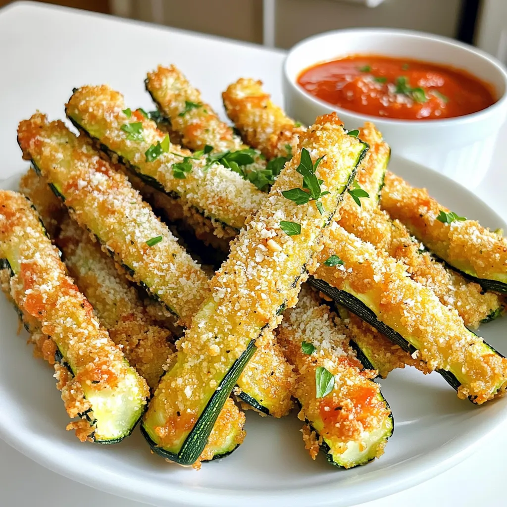 Für diese leckeren Zucchini-Stäbchen brauche ich: - 2 mittelgroße Zucchini, in Sticks geschnitten - 1 Tasse Panko-Semmelbrösel, für extra Knusprigkeit - ½ Tasse geriebener Parmesan-Käse - 2 große Eier, verquirlt Diese Zutaten geben jedem Bissen einen tollen Geschmack und eine knusprige Textur. Die Gewürze machen einen großen Unterschied. Ich benutze: - 1 Teelöffel Knoblauchpulver - 1 Teelöffel Zwiebelpulver - ½ Teelöffel getrockneten Oregano - ½ Teelöffel Salz - ¼ Teelöffel schwarzer Pfeffer - Olivenöl-Spray, um die Stäbchen knusprig zu machen Diese Gewürze bringen viel Geschmack in die Zucchini-Stäbchen. Falls du keine Panko-Semmelbrösel hast, kannst du normale Semmelbrösel verwenden. Für einen anderen Käse kannst du auch Pecorino oder Gouda ausprobieren. Wenn du die Zucchini-Stäbchen schärfer magst, füge Chili-Flocken hinzu. Du kannst auch die Zucchini durch Auberginen ersetzen, wenn du das magst. So bleibt das Rezept spannend und vielfältig! Zuerst schneide ich die Zucchini in gleichmäßige Sticks. Das hilft, dass sie gleichmäßig garen. Ich nehme zwei mittelgroße Zucchini. Dann stelle ich alle anderen Zutaten bereit. Ich brauche Panko-Semmelbrösel, Parmesan, Knoblauchpulver, Zwiebelpulver, Oregano, Salz und Pfeffer. Diese Gewürze machen die Stäbchen lecker. Auch zwei große Eier sind wichtig. Ich verquirle die Eier in einer flachen Schüssel. Jetzt geht es an die Panade. Zuerst tauche ich einen Zucchinistick in die verquirlten Eier. Ich achte darauf, dass er ganz bedeckt ist. Danach wälze ich ihn in der Panko-Mischung. Dabei drücke ich leicht, damit die Brösel gut haften. Es ist wichtig, dass die Zucchini gut paniert ist. So werden die Sticks schön knusprig. Ich wiederhole diesen Schritt für alle Sticks. Ich heize die Heißluftfritteuse auf 200 °C vor. Danach lege ich die panierten Zucchini-Stäbchen in den Korb. Ich achte darauf, dass sie in einer einzigen Schicht liegen. Nun sprühe ich sie leicht mit Olivenöl-Spray ein. Das hilft, dass sie goldbraun werden. Ich frittiere sie für 10 bis 12 Minuten. Nach der Hälfte der Zeit wende ich die Stäbchen. Wenn sie fertig sind, lasse ich sie kurz abkühlen. Dann sind sie bereit zum Servieren. Die richtige Vorbereitung der Zucchini ist wichtig. Beginnen Sie mit frischen Zucchini, die fest sind. Schneiden Sie sie in gleichmäßige Sticks, etwa 1 cm dick. So garen sie gleichmäßig. Wickeln Sie die Zucchini nach dem Schneiden in ein Küchentuch. Lassen Sie das Gemüse 10 Minuten ruhen. Dadurch entziehen Sie überschüssige Feuchtigkeit. Weniger Wasser bedeutet mehr Knusprigkeit beim Frittieren. Die Heißluftfritteuse ist genial für knusprige Snacks. Sie verwendet heiße Luft, um die Zucchini zu garen. Das spart Öl und macht die Stäbchen leichter. Die Temperatur von 200°C hilft, eine goldene Kruste zu erzeugen. Durch das Wenden zur Halbzeit wird jede Seite gleichmäßig knusprig. Diese Methode sorgt für weniger Fett, aber viel Geschmack. Dips machen alles besser! Marinara-Sauce ist klassisch und lecker. Knoblauch-Aioli bringt einen tollen Geschmack. Möchten Sie etwas anderes? Probieren Sie eine scharfe Salsa oder Joghurt-Dip. Sie können auch frische Kräuter wie Petersilie oder Basilikum hinzufügen. Servieren Sie die Zucchini-Stäbchen mit einem bunten Salat für eine gesunde Beilage. {{image_4}} Um Zucchini-Stäbchen würziger zu machen, füge Chili-Pulver oder Paprika hinzu. Mische diese Gewürze in die Semmelbrösel. Der zusätzliche Kick macht die Stäbchen aufregender und leckerer. Du kannst auch frische Kräuter wie Basilikum oder Thymian verwenden. Das bringt noch mehr Geschmack in dein Gericht. Für eine schmelzende Überraschung, fülle die Zucchini-Sticks mit Käse. Nutze Mozzarella oder Cheddar. Schneide die Zucchini zuerst längs auf und lege den Käse hinein. Danach die Sticks wie gewohnt panieren. So erhältst du eine köstliche, geschmolzene Füllung in jedem Bissen. Das ist ein Hit bei Kindern und Erwachsenen. Wenn du die Panade ändern möchtest, probiere gemahlene Mandeln oder Kokosflocken. Diese Optionen geben eine neue Textur und Geschmack. Du kannst auch glutenfreie Semmelbrösel verwenden. Diese Variationen sind ideal für Allergiker oder Menschen mit speziellen Diäten. So bleibt das Gericht gesund und schmackhaft. Wenn du Zucchini-Stäbchen übrig hast, lagere sie richtig. Lass sie zuerst abkühlen. Danach lege die Stäbchen in einen luftdichten Behälter. Stelle sicher, dass die Stäbchen nicht übereinander liegen. So bleibt die Knusprigkeit erhalten. Du kannst sie bis zu drei Tage im Kühlschrank aufbewahren. Um die Zucchini-Stäbchen wieder warm zu machen, nutze die Heißluftfritteuse. So werden sie wieder knusprig. Stelle die Heißluftfritteuse auf 180°C ein. Frittierte die Stäbchen für etwa 5 Minuten. Alternativ kannst du auch den Ofen verwenden. Lege die Stäbchen auf ein Backblech und backe sie bei 180°C für 10 Minuten. Die Zutaten für die Zucchini-Stäbchen sind ebenfalls leicht zu lagern. Du kannst die geschnittenen Zucchini in einem luftdichten Behälter im Kühlschrank aufbewahren. So bleiben sie frisch für bis zu zwei Tage. Die Panko-Semmelbrösel und der Parmesan sollten an einem kühlen, trockenen Ort gelagert werden. So bleiben sie länger haltbar. Die Zucchini-Stäbchen sind im Kühlschrank etwa 3 Tage haltbar. Lagern Sie sie in einem luftdichten Behälter. So bleibt die Knusprigkeit etwas erhalten. Für beste Ergebnisse, essen Sie sie frisch. Wenn Sie die Zucchini-Stäbchen länger aufbewahren möchten, können Sie sie auch einfrieren. Frieren Sie sie in einem Beutel ein. So bleiben sie bis zu 2 Monate genießbar. Ja, Sie können die Zucchini-Stäbchen auch im Ofen machen. Heizen Sie den Ofen auf 220°C vor. Legen Sie die panierten Stäbchen auf ein Backblech. Besprühen Sie sie leicht mit Olivenöl, um die Knusprigkeit zu fördern. Backen Sie sie etwa 20-25 Minuten, bis sie goldbraun sind. Wenden Sie sie zur Hälfte der Zeit, damit sie gleichmäßig garen. Wenn Sie keinen Parmesan haben, probieren Sie andere Käsesorten. Feta oder Pecorino sind gute Alternativen. Auch eine vegane Käseoption funktioniert gut. Achten Sie darauf, dass der Käse gut reibt. So bleibt der Geschmack stark und lecker. Diese Parmesan Zucchini-Stäbchen sind einfach zuzubereiten und lecker. Wir haben die Hauptzutaten besprochen, die Zubereitungsschritte erklärt und hilfreiche Tipps gegeben. Variationen sorgen für Abwechslung, und die Lagerungshinweise helfen, Reste gut zu verwahren. Du kannst die Stäbchen anpassen und mit verschiedenen Dips kombinieren. Denke daran, die Heißluftfritteuse für ein perfektes Ergebnis zu nutzen. Probiere sie aus und entdecke deine eigenen Lieblingsversionen!