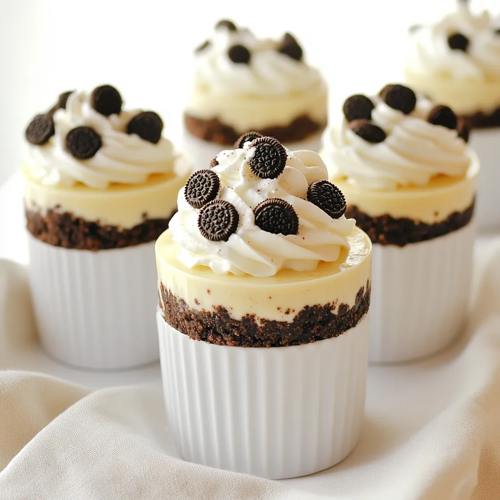 Für die No Bake Oreo Cheesecake Cups brauchst du: - 24 Oreo-Kekse, fein zerkrümelt - 4 Esslöffel ungesalzene Butter, geschmolzen - 8 Unzen Frischkäse, weich - 1/2 Tasse Puderzucker - 1 Teelöffel Vanilleextrakt - 1 1/2 Tassen Schlagsahne (oder 1 Tasse Schlagsahne, geschlagen) - 6 Mini-Oreo-Kekse zur Dekoration (optional) - Oreo-Kekse: Diese Kekse geben dem Dessert seinen speziellen Geschmack. Du kannst auch andere Schokoladenkekse nutzen, wenn du magst. - Ungesalzene Butter: Diese Butter hilft, die Keksbasis zu binden. Du kannst auch Margarine verwenden, aber der Geschmack kann leicht anders sein. - Frischkäse: Wähle weichen Frischkäse für eine cremige Füllung. Eine veganer Frischkäse ist eine gute Alternative, wenn du pflanzlich essen möchtest. - Puderzucker: Dieser Zucker macht die Füllung süß. Du kannst auch normalen Zucker verwenden, aber die Konsistenz wird nicht so glatt sein. - Vanilleextrakt: Dieser gibt der Füllung einen tollen Geschmack. Wenn du keinen hast, kannst du auch Vanillezucker nutzen. - Schlagsahne: Diese macht die Füllung leicht und fluffig. Du kannst sie auch durch Kokoscreme ersetzen, wenn du eine pflanzliche Option suchst. - Oreo-Kekse: Ich empfehle die klassischen Oreo-Kekse. Sie sind einfach die besten für diesen Kuchen. - Frischkäse: Philadelphia ist eine sehr gute Wahl. Sie hat einen tollen Geschmack und eine glatte Textur. - Schlagsahne: Verwende eine gute Qualität, wie die von Whipping Cream. Sie sorgt für die beste Konsistenz. Diese Zutaten sind leicht zu finden. Sie machen dein Dessert lecker und einfach zuzubereiten. Viel Spaß beim Kochen! Zuerst zerbrichst du 24 Oreo-Kekse in kleine Stücke. Du kannst sie in einen Plastikbeutel legen und mit einem Nudelholz zerdrücken. Alternativ nutzt du eine Küchenmaschine. Mische die Keksbrösel mit 4 Esslöffeln geschmolzener Butter in einer mittelgroßen Schüssel. Rühre gut um, bis alle Brösel feucht sind. Nun nimmst du deine Servierbecher. Verteile etwa 2 Esslöffel der Keksmasse gleichmäßig auf den Boden jedes Bechers. Drücke die Mischung fest, um eine stabile Kruste zu bilden. Lass die Becher jetzt beiseite. In einer großen Schüssel schlägst du 8 Unzen weichen Frischkäse mit einem elektrischen Mixer. Mache das auf mittlerer Geschwindigkeit, bis die Masse glatt ist. Füge langsam 1/2 Tasse Puderzucker und 1 Teelöffel Vanilleextrakt hinzu. Mische weiter, bis alles gut verbunden ist. Nun kommt der wichtigste Teil: die Schlagsahne. Du kannst entweder 1 1/2 Tassen Schlagsahne verwenden oder 1 Tasse Schlagsahne, die du vorher geschlagen hast. Heben die Schlagsahne vorsichtig unter die Frischkäsemischung. Das macht die Füllung leicht und luftig. Achte darauf, sie nicht zu deflatieren. Jetzt bist du bereit, die Becher zu füllen. Verwende einen Esslöffel oder eine Spritztüte, um die Frischkäsefüllung gleichmäßig auf die Keksboden zu geben. Fülle jeden Becher bis etwa 3/4 voll. Wenn du magst, kannst du einen weiteren Löffel Keksbrösel auf die Füllung geben, um eine zweite Schicht zu machen. Für die Dekoration gibst du einen Mini-Oreo-Keks oben auf jeden Becher. Das sieht nicht nur schön aus, sondern gibt auch einen extra Keks-Kick. Jetzt stellst du die Cheesecake-Cups für mindestens 2 Stunden in den Kühlschrank. So werden sie fest und lecker. Ein häufiger Fehler ist, die Keksbasis nicht fest genug zu drücken. Wenn die Kruste locker ist, zerfällt sie leicht. Achte darauf, die Keksbrösel gut zu drücken. Ein weiterer Fehler ist, den Frischkäse nicht genug zu schlagen. Er sollte glatt und cremig sein. Klumpen in der Mischung machen die Füllung weniger lecker. Für die beste Konsistenz solltest du den Frischkäse bei Raumtemperatur verwenden. Kalter Frischkäse ist schwerer zu vermengen. Füge die Schlagsahne langsam hinzu. Hebe sie vorsichtig unter, um eine luftige Füllung zu erhalten. Wenn die Füllung zu flüssig ist, wird sie nicht fest genug. Ein leichter Widerstand beim Mischen ist ideal. Serviere die Cheesecake-Cups kalt. Das macht sie erfrischend. Dekoriere jeden Becher mit einem Mini-Oreo-Keks. Ein Minzzweig oben drauf bringt Farbe. Du kannst auch etwas Schokoladensauce verwenden. Das sieht toll aus und schmeckt großartig. Stelle sicher, dass du die Cups für mindestens zwei Stunden in den Kühlschrank stellst. So werden sie fest und die Aromen verbinden sich gut. {{image_4}} Wenn Sie nach Alternativen zu Oreo-Keksen suchen, gibt es viele Möglichkeiten. Probieren Sie Schokoladenkekse für einen ähnlichen Geschmack. Butterkekse bieten eine mildere Basis. Für eine fruchtigere Note können Sie sogar Keksbasis aus Vanillekeksen verwenden. Ihre Wahl beeinflusst den gesamten Geschmack des Desserts. Die Füllung ist der Schlüssel zu Ihrem Cheesecake. Für Schokoladenliebhaber empfehle ich, etwas Kakaopulver hinzuzufügen. Obst wie Himbeeren oder Erdbeeren kann die Füllung aufpeppen. Mixen Sie die Früchte in die Füllung oder als Topping. So bringen Sie frische Aromen in jeden Bissen. Die Dekoration macht viel aus. Für Geburtstagsfeiern können Sie bunte Streusel verwenden. Eine Schicht Schokoladensauce obendrauf macht es festlich. Für eine elegante Note garnieren Sie die Becher mit Minze oder einer Fruchtscheibe. Diese kleinen Details machen Ihre Cheesecake-Cups zu etwas ganz Besonderem. Die richtige Aufbewahrung hält die Cheesecake-Cups frisch. Verwende luftdichte Behälter, um die Cups zu lagern. Du kannst auch Frischhaltefolie verwenden. Achte darauf, dass die Cups gut abgedeckt sind. So bleiben sie lange lecker und cremig. Im Kühlschrank halten die Cheesecake-Cups bis zu fünf Tage. Stelle sicher, dass sie gut abgedeckt sind. Die Keksbasis bleibt knusprig, und die Füllung bleibt frisch. Vor dem Servieren einfach kurz herausnehmen und genießen. Das Einfrieren ist eine gute Option. Du kannst die Cheesecake-Cups bis zu drei Monate einfrieren. Stelle sicher, dass sie in einem gefrierfesten Behälter sind. Um sie aufzutauen, lege sie einfach über Nacht in den Kühlschrank. So bleiben Geschmack und Textur erhalten. Ja, du kannst die Cheesecake-Cups ohne Zucker machen. Statt Puderzucker kannst du Süßstoffe verwenden. Achte darauf, dass sie gut in die Mischung passen. Stevia oder Erythrit sind gute Optionen. Du wirst einen ähnlichen Geschmack erhalten. Die Cheesecake-Cups brauchen mindestens 2 Stunden im Kühlschrank. Während dieser Zeit werden sie fest und lecker. Wenn du mehr Zeit hast, lasse sie länger stehen. So kannst du die beste Konsistenz erzielen. Ja, die Füllung kann vegan sein. Verwende vegane Frischkäse-Alternativen aus Nüssen oder Soja. Für die Schlagsahne kannst du Kokoscreme oder pflanzliche Schlagsahne nehmen. So bleibt der Geschmack toll und die Cups sind vegan. Die Diskussion über die Zubereitung von Cheesecake-Cups zeigt, wie einfach es ist. Wir haben alle Zutaten besprochen und Alternativen aufgezeigt. Die Schritt-für-Schritt-Anleitung gibt Ihnen die besten Methoden für die Zubereitung. Tipps und Tricks helfen Ihnen, häufige Fehler zu vermeiden und die perfekte Konsistenz zu erreichen. Variationen bieten Spaß und Möglichkeiten für jeden Geschmack. Richtig gelagerte Cheesecake-Cups bleiben frisch und lecker. Schließlich haben wir wichtige Fragen geklärt. Jetzt sind Sie bereit, Ihre eigenen Cheesecake-Cups zu machen und zu genießen. Viel Spaß beim Ausprobieren!