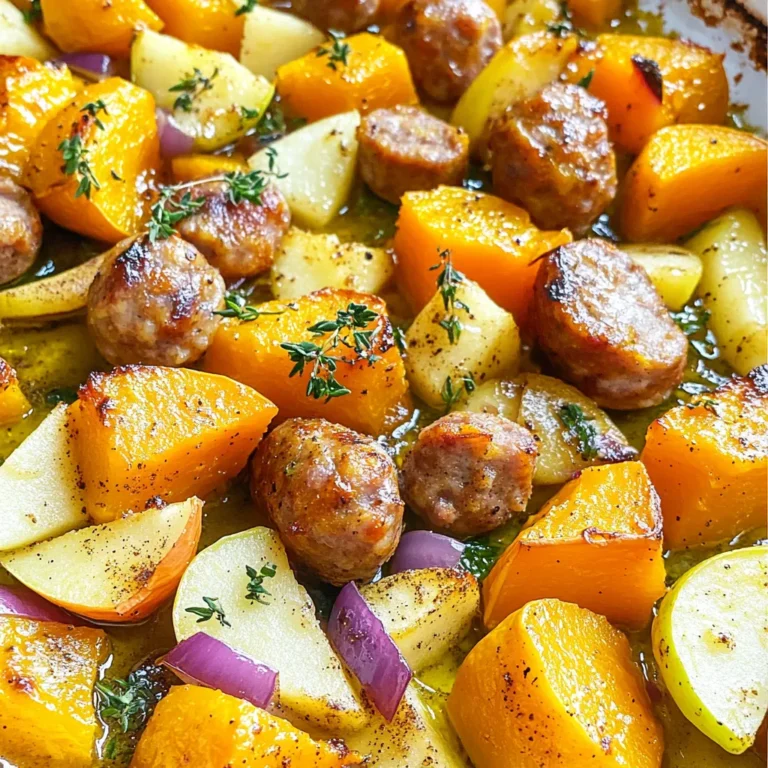 - 450 g italienische Hähnchen-Würste - 1 mittelgroßer Butternut-Kürbis - 2 mittelgroße Äpfel - 1 rote Zwiebel - 3 Esslöffel Olivenöl - 1 Teelöffel gemahlener Zimt - 1 Teelöffel getrockneter Thymian - Salz und Pfeffer - 2 Esslöffel Honig - Frische Petersilie zur Garnierung Die Hauptzutaten sind wichtig für den Geschmack. Ich nutze 450 g italienische Hähnchen-Würste. Diese Würste bringen viel Aroma. Der Butternut-Kürbis ist herzhaft und süß. Ich wähle einen mittelgroßen Kürbis, etwa 1 Stück. Die Äpfel geben Frische. Zwei mittelgroße Äpfel sind perfekt. Ich empfehle die Sorten Fuji oder Honeycrisp. Die rote Zwiebel sorgt für einen tollen Geschmack. Ich schneide sie in Ringe. Wenn du eine süßere Note magst, füge 2 Esslöffel Honig hinzu. Frische Petersilie ist großartig zum Garnieren. Sie gibt Farbe und Frische. Die Gewürze sind einfach und wichtig. Drei Esslöffel Olivenöl sorgen für eine gute Bräunung. Ein Teelöffel Zimt gibt Wärme. Thymian bringt einen tollen Kräutergeschmack. Salz und Pfeffer passen gut zu allem. Diese Zutaten machen das Gericht köstlich und spannend. Heize deinen Ofen auf 220°C (425°F) vor. Das ist wichtig, um eine schöne Röstung zu erreichen. Jetzt geht es an die Zutaten. Schäle den Butternut-Kürbis und schneide ihn in kleine Würfel. Nimm zwei Äpfel, entkerne sie und schneide sie in Scheiben. Die rote Zwiebel solltest du in Ringe schneiden. Jedes Stück hilft, die Aromen zu verbinden. Nimm eine große Rührschüssel. Gib die Kürbiswürfel, Apfelscheiben, Zwiebelringe und die Wurstscheiben hinein. Füge drei Esslöffel Olivenöl hinzu. Jetzt kommen die Gewürze: Ein Teelöffel Zimt und ein Teelöffel getrockneter Thymian. Vergiss nicht, Salz und Pfeffer nach Geschmack hinzuzufügen. Möchtest du es süßer? Dann träufle zwei Esslöffel Honig darüber. Mische alles gut, bis jedes Stück gleichmäßig bedeckt ist. Verteile die Mischung gleichmäßig auf einem großen Backblech. Achte darauf, dass genug Platz zwischen den Stücken bleibt. So wird alles schön knusprig. Röste das Ganze im Ofen für 25-30 Minuten. Rühre die Mischung nach etwa 15 Minuten um, damit alles gleichmäßig gart. Der Kürbis sollte zart sein und die Wurst goldbraun. Wenn die Zeit um ist, nimm das Blech heraus und lass es kurz ruhen. Garnier das Gericht mit frisch gehackter Petersilie. - Du kannst die Wurst wechseln. Rind oder vegane Wurst sind gute Optionen. - Fuji oder Honeycrisp Äpfel geben den besten Geschmack und die richtige Süße. - Verteile die Zutaten gleichmäßig auf dem Blech. Das sorgt für eine gleichmäßige Röstung. - Lege Backpapier auf das Blech. Das macht die Reinigung einfach und schnell. - Serviere dazu einen frischen Salat oder knuspriges Brot. Das passt sehr gut. - Ein Glas Apfelwein oder sprudelndes Wasser ergänzt das Gericht perfekt. {{image_4}} Wenn du magst, kannst du andere Gemüsesorten hinzufügen. Karotten oder Paprika passen gut. Sie bringen Farbe und Geschmack in das Gericht. Muskatnuss oder Paprika sind auch tolle Gewürze, die du verwenden kannst. Diese Gewürze geben dem Gericht eine neue Note. Sei kreativ und probiere verschiedene Kombinationen aus! Für eine vegane Version nimmst du vegane Wurst. Diese gibt es in vielen Geschmäckern. Verwende auch alternative Öle, wie Raps- oder Kokosöl. Du kannst die Gewürze gleich lassen. Die Aromen bleiben gleich gut. Viele vegane Rezepte haben ähnliche Schritte wie dieses. Das macht es einfach, die Zutaten zu wechseln. Serviere das Gericht mit Reis oder Quinoa. Diese Beilagen machen das Essen noch nahrhafter. Ein frischer Salat passt auch gut dazu. Er bringt einen schönen Kontrast zu den warmen Aromen. Du kannst auch Brot reichen, um den Saft aufzusaugen. So hast du eine komplette Mahlzeit auf dem Tisch! Nach dem Kochen kann ich die Reste in einem luftdichten Behälter aufbewahren. Stelle sicher, dass die Mischung vollständig abgekühlt ist, bevor du sie in den Kühlschrank stellst. Das hält die Aromen frisch. Wenn ich sie länger aufbewahren möchte, friere ich die Reste in Portionen ein. Das ist sehr praktisch! Reste halten sich im Kühlschrank bis zu drei Tage. Achte darauf, sie gut abzudecken. Zum Wiedererwärmen kann ich die Mischung einfach in der Mikrowelle oder im Ofen erhitzen. Bei der Mikrowelle wähle eine mittlere Hitze. Im Ofen kann ich die Mischung bei 180°C (350°F) für etwa 10-15 Minuten erwärmen. Für die Portionierung nutze ich wiederverwendbare Behälter. Das macht die Mahlzeiten einfach und schnell. Ich bereite oft mehrere Portionen für die Woche vor. So habe ich immer eine gesunde, leckere Option bereit. Die Vorbereitungszeit beträgt 15 Minuten. Die Gesamtzeit ist 45 Minuten. Das ist schnell und einfach. Du kannst die Wurst, den Kürbis und die Äpfel in der gleichen Zeit zubereiten. Ja, du kannst das Rezept im Voraus zubereiten. Bereite die Zutaten bis zu einem Tag vorher vor. Schneide die Wurst, den Kürbis und die Äpfel und lege sie in den Kühlschrank. So sparst du Zeit am Tag des Kochens. Du kannst verschiedene Wurstsorten verwenden. Rinderwurst oder Bratwurst sind gute Optionen. Wenn du eine vegetarische Option möchtest, nimm vegane Wurst. Sie geben auch viel Geschmack und passen gut zu den anderen Zutaten. Dieses Rezept bietet eine köstliche Kombination aus Hähnchen-Wurst, Kürbis und Äpfeln. Ich habe dir Schritt-für-Schritt-Anleitungen gegeben, um es leicht nachzukochen. Denk daran, dass du mit Gewürzen und Zutaten spielen kannst, um deinen Geschmack zu treffen. Lagere die Reste gut, damit du sie später genießen kannst. Experimentiere mit Beilagen und Variationen, um neue Geschmackserlebnisse zu entdecken. Viel Spaß beim Kochen und Genießen!