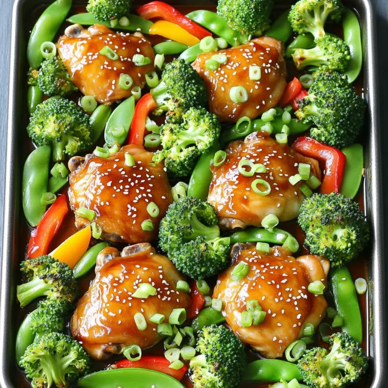 Für dieses köstliche Gericht braucht man: - 700 g Hähnchenschenkel, entbeint und ohne Haut - 3 Tassen Brokkoliröschen - 1 rote Paprika, in Streifen geschnitten - 1 Tasse Zuckerschoten - 1 Esslöffel Olivenöl Diese Zutaten bilden die Basis für dein Teriyaki-Hühnchen. Die Hähnchenschenkel sind saftig und zart. Das Gemüse bringt Farbe und Nährstoffe. Für die Marinade verwende: - 60 ml Sojasauce (geringer Natriumgehalt empfohlen) - 60 ml Honig - 30 ml Reisessig - 2 Knoblauchzehen, fein gehackt - 1 Esslöffel frisch geriebener Ingwer - 1 Esslöffel Sesamöl - 1 Teelöffel Speisestärke Diese Marinade bringt einen herrlichen Geschmack. Der Honig sorgt für eine süße Note, während der Ingwer und Knoblauch für Schärfe und Tiefe sorgen. Zusätzlich brauchst du: - Sesamsamen zum Garnieren - Frisch geschnittene Frühlingszwiebeln zum Garnieren Die Garnituren machen das Gericht nicht nur schöner, sondern fügen auch Textur hinzu. Die Frühlingszwiebeln sind frisch und knackig, während die Sesamsamen einen nussigen Geschmack bringen. Zuerst heize deinen Ofen auf 200°C vor. Lege ein großes Backblech mit Backpapier aus. Das macht die Reinigung einfach. Bereite alle Zutaten vor, damit du schnell arbeiten kannst. Schneide die rote Paprika in Streifen und wasche die Brokkoliröschen und Zuckerschoten gut. In einer großen Schüssel mische die Sojasauce, den Honig, den Reisessig, den Knoblauch, den Ingwer, das Sesamöl und die Speisestärke. Rühre alles gut um, bis es gleichmäßig ist. Füge die Hähnchenschenkel hinzu. Stelle sicher, dass sie gut mit der Marinade bedeckt sind. Lass das Hähnchen etwa 10-15 Minuten marinieren, während du das Gemüse vorbereitest. Verteile die marinierten Hähnchenschenkel gleichmäßig auf dem Backblech. Arrangiere die Brokkoliröschen, die geschnittene Paprika und die Zuckerschoten um das Hähnchen. Beträufle das Gemüse mit Olivenöl und würze es mit etwas Salz und Pfeffer. Mische alles gut durch, damit die Aromen sich verbinden. Backe das gesamte Blech für 20-25 Minuten. Das Hähnchen sollte eine Innentemperatur von 74°C erreichen. Das Gemüse wird zart und knackig. Nimm das Blech aus dem Ofen und lasse es kurz ruhen. Beträufle das Hähnchen und das Gemüse mit der restlichen Teriyaki-Sauce. Serviere das Gericht warm. Garniere es mit Sesamsamen und frisch geschnittenen Frühlingszwiebeln. Um das beste Aroma zu erzielen, marinieren Sie das Hähnchen gut. Die Marinade aus Sojasauce, Honig, Reisessig, Knoblauch, Ingwer und Sesamöl sorgt für einen tollen Geschmack. Lassen Sie das Hähnchen mindestens 10 bis 15 Minuten ziehen. Je länger, desto besser! Dies gibt dem Fleisch Zeit, alle Aromen aufzunehmen. Sie können auch die Marinade auf dem Gemüse verwenden. So wird alles schön würzig. Wählen Sie frisches Gemüse, um den besten Geschmack zu erzielen. Brokkoli sollte knackig und grün sein. Schneiden Sie das Gemüse in gleichmäßige Stücke. So garen sie gleichmäßig. Achten Sie darauf, das Gemüse nicht zu lange im Ofen zu lassen. Es sollte zart, aber noch knackig sein. Ein wenig Olivenöl und eine Prise Salz machen das Gemüse noch besser. Eine schöne Präsentation macht das Essen noch schmackhafter. Servieren Sie das Gericht direkt vom Blech für einen rustikalen Look. Alternativ können Sie alles auf eine große Platte anrichten. Bestreuen Sie das Hähnchen und das Gemüse mit Sesamsamen und Frühlingszwiebeln. Dies gibt Farbe und eine schöne Textur. Ein wenig frischer Koriander oder Petersilie kann auch gut aussehen! {{image_4}} Wenn du eine spezielle Diät einhältst, kannst du Zutaten leicht austauschen. Hier sind einige Vorschläge: - Verwende Tofustücke anstelle von Hähnchen für eine vegetarische Option. - Ersetze Honig durch Ahornsirup für eine vegane Variante. - Nutze glutenfreie Sojasauce, wenn du Gluten meidest. Diese Änderungen machen das Rezept für jeden zugänglich. Achte darauf, die Marinade gut anzupassen, um den Geschmack zu erhalten. Das Rezept bietet viele Möglichkeiten für verschiedene Gemüse. Probiere diese Alternativen aus: - Blumenkohl für einen anderen Geschmack und Textur. - Karotten, die süß und knackig sind. - Zucchini, die leicht und frisch ist. Du kannst auch dein Lieblingsgemüse verwenden. Das macht das Gericht bunt und gesund. Um das Aroma zu verbessern, spiele mit den Gewürzen. Hier sind einige Ideen: - Füge einen Teelöffel Chili-Flocken für eine scharfe Note hinzu. - Verwende frischen Koriander für einen frischen Geschmack. - Experimentiere mit einem Spritzer Limettensaft für mehr Frische. Diese kleinen Anpassungen können das Gericht interessanter machen. Fühle dich frei, kreativ zu sein und deinen eigenen Stil zu finden! Um die Reste von Blech-Pfanne Teriyaki-Hühnchen mit Brokkoli aufzubewahren, lassen Sie das Gericht zuerst abkühlen. Legen Sie dann die Reste in einen luftdichten Behälter. Achten Sie darauf, das Hähnchen und das Gemüse getrennt zu lagern, wenn möglich. So bleibt alles frisch und lecker. Wenn Sie die Reste aufwärmen möchten, nutzen Sie den Ofen. Stellen Sie ihn auf 180°C ein. Legen Sie das Hähnchen und das Gemüse auf ein Backblech. Decken Sie die Mischung mit Alufolie ab, um das Austrocknen zu vermeiden. Erwärmen Sie alles für etwa 15 Minuten. So bleibt das Gericht saftig und schmackhaft. Im Kühlschrank halten die Reste etwa 3 bis 4 Tage. Stellen Sie sicher, dass der Behälter gut verschlossen ist. Im Gefrierfach können Sie das Gericht bis zu 3 Monate lagern. Achten Sie darauf, das Essen gut einzupacken, um Gefrierbrand zu vermeiden. Beim Auftauen lassen Sie es am besten über Nacht im Kühlschrank. Ja, du kannst das Rezept vorab zubereiten. Marinieren das Hähnchen bis zu 24 Stunden im Voraus. Lege es dann in den Kühlschrank. Das spart Zeit, wenn du es später backen willst. Bereite das Gemüse frisch vor, um die beste Textur zu erhalten. Um das Hähnchen saftig zu halten, marinierst du es gut. Die Teriyaki-Marinade hilft, Feuchtigkeit zu speichern. Backe das Hähnchen nicht zu lange, damit es nicht austrocknet. Eine Innentemperatur von 74°C ist perfekt. Lass das Hähnchen nach dem Backen kurz ruhen. Das Gericht kann glutenfrei sein, wenn du glutenfreie Sojasauce verwendest. Achte darauf, dass alle Zutaten auch glutenfrei sind. Brokkoli, Paprika und Zuckerschoten sind immer glutenfrei. So hast du ein leckeres und sicheres Gericht für alle. Zusammenfassend haben Sie nun die Hauptzutaten und Marinade für dieses Gericht kennengelernt. Ich habe die Schritt-für-Schritt-Anleitung klar erklärt, um Ihnen das Kochen zu erleichtern. Tipps für den besten Geschmack und die perfekte Präsentation runden das Ganze ab. Denken Sie daran, dass Variationen und Lagerinfo Ihnen helfen, das Gericht an Ihre Bedürfnisse anzupassen. Experimentieren Sie und haben Sie Spaß beim Kochen! Es gibt viele Wege, dieses leckere Rezept zu genießen.