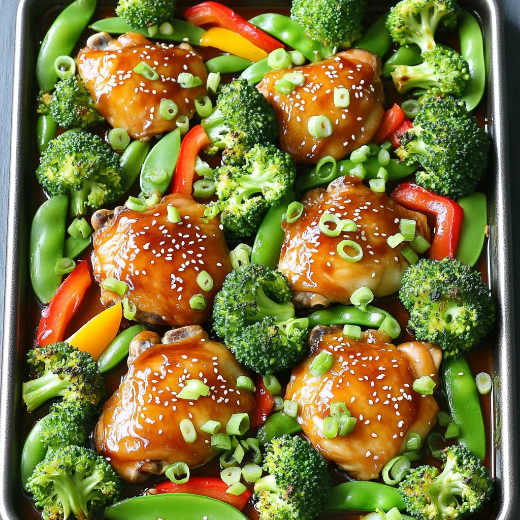 Für dieses köstliche Gericht braucht man: - 700 g Hähnchenschenkel, entbeint und ohne Haut - 3 Tassen Brokkoliröschen - 1 rote Paprika, in Streifen geschnitten - 1 Tasse Zuckerschoten - 1 Esslöffel Olivenöl Diese Zutaten bilden die Basis für dein Teriyaki-Hühnchen. Die Hähnchenschenkel sind saftig und zart. Das Gemüse bringt Farbe und Nährstoffe. Für die Marinade verwende: - 60 ml Sojasauce (geringer Natriumgehalt empfohlen) - 60 ml Honig - 30 ml Reisessig - 2 Knoblauchzehen, fein gehackt - 1 Esslöffel frisch geriebener Ingwer - 1 Esslöffel Sesamöl - 1 Teelöffel Speisestärke Diese Marinade bringt einen herrlichen Geschmack. Der Honig sorgt für eine süße Note, während der Ingwer und Knoblauch für Schärfe und Tiefe sorgen. Zusätzlich brauchst du: - Sesamsamen zum Garnieren - Frisch geschnittene Frühlingszwiebeln zum Garnieren Die Garnituren machen das Gericht nicht nur schöner, sondern fügen auch Textur hinzu. Die Frühlingszwiebeln sind frisch und knackig, während die Sesamsamen einen nussigen Geschmack bringen. Zuerst heize deinen Ofen auf 200°C vor. Lege ein großes Backblech mit Backpapier aus. Das macht die Reinigung einfach. Bereite alle Zutaten vor, damit du schnell arbeiten kannst. Schneide die rote Paprika in Streifen und wasche die Brokkoliröschen und Zuckerschoten gut. In einer großen Schüssel mische die Sojasauce, den Honig, den Reisessig, den Knoblauch, den Ingwer, das Sesamöl und die Speisestärke. Rühre alles gut um, bis es gleichmäßig ist. Füge die Hähnchenschenkel hinzu. Stelle sicher, dass sie gut mit der Marinade bedeckt sind. Lass das Hähnchen etwa 10-15 Minuten marinieren, während du das Gemüse vorbereitest. Verteile die marinierten Hähnchenschenkel gleichmäßig auf dem Backblech. Arrangiere die Brokkoliröschen, die geschnittene Paprika und die Zuckerschoten um das Hähnchen. Beträufle das Gemüse mit Olivenöl und würze es mit etwas Salz und Pfeffer. Mische alles gut durch, damit die Aromen sich verbinden. Backe das gesamte Blech für 20-25 Minuten. Das Hähnchen sollte eine Innentemperatur von 74°C erreichen. Das Gemüse wird zart und knackig. Nimm das Blech aus dem Ofen und lasse es kurz ruhen. Beträufle das Hähnchen und das Gemüse mit der restlichen Teriyaki-Sauce. Serviere das Gericht warm. Garniere es mit Sesamsamen und frisch geschnittenen Frühlingszwiebeln. Um das beste Aroma zu erzielen, marinieren Sie das Hähnchen gut. Die Marinade aus Sojasauce, Honig, Reisessig, Knoblauch, Ingwer und Sesamöl sorgt für einen tollen Geschmack. Lassen Sie das Hähnchen mindestens 10 bis 15 Minuten ziehen. Je länger, desto besser! Dies gibt dem Fleisch Zeit, alle Aromen aufzunehmen. Sie können auch die Marinade auf dem Gemüse verwenden. So wird alles schön würzig. Wählen Sie frisches Gemüse, um den besten Geschmack zu erzielen. Brokkoli sollte knackig und grün sein. Schneiden Sie das Gemüse in gleichmäßige Stücke. So garen sie gleichmäßig. Achten Sie darauf, das Gemüse nicht zu lange im Ofen zu lassen. Es sollte zart, aber noch knackig sein. Ein wenig Olivenöl und eine Prise Salz machen das Gemüse noch besser. Eine schöne Präsentation macht das Essen noch schmackhafter. Servieren Sie das Gericht direkt vom Blech für einen rustikalen Look. Alternativ können Sie alles auf eine große Platte anrichten. Bestreuen Sie das Hähnchen und das Gemüse mit Sesamsamen und Frühlingszwiebeln. Dies gibt Farbe und eine schöne Textur. Ein wenig frischer Koriander oder Petersilie kann auch gut aussehen! {{image_4}} Wenn du eine spezielle Diät einhältst, kannst du Zutaten leicht austauschen. Hier sind einige Vorschläge: - Verwende Tofustücke anstelle von Hähnchen für eine vegetarische Option. - Ersetze Honig durch Ahornsirup für eine vegane Variante. - Nutze glutenfreie Sojasauce, wenn du Gluten meidest. Diese Änderungen machen das Rezept für jeden zugänglich. Achte darauf, die Marinade gut anzupassen, um den Geschmack zu erhalten. Das Rezept bietet viele Möglichkeiten für verschiedene Gemüse. Probiere diese Alternativen aus: - Blumenkohl für einen anderen Geschmack und Textur. - Karotten, die süß und knackig sind. - Zucchini, die leicht und frisch ist. Du kannst auch dein Lieblingsgemüse verwenden. Das macht das Gericht bunt und gesund. Um das Aroma zu verbessern, spiele mit den Gewürzen. Hier sind einige Ideen: - Füge einen Teelöffel Chili-Flocken für eine scharfe Note hinzu. - Verwende frischen Koriander für einen frischen Geschmack. - Experimentiere mit einem Spritzer Limettensaft für mehr Frische. Diese kleinen Anpassungen können das Gericht interessanter machen. Fühle dich frei, kreativ zu sein und deinen eigenen Stil zu finden! Um die Reste von Blech-Pfanne Teriyaki-Hühnchen mit Brokkoli aufzubewahren, lassen Sie das Gericht zuerst abkühlen. Legen Sie dann die Reste in einen luftdichten Behälter. Achten Sie darauf, das Hähnchen und das Gemüse getrennt zu lagern, wenn möglich. So bleibt alles frisch und lecker. Wenn Sie die Reste aufwärmen möchten, nutzen Sie den Ofen. Stellen Sie ihn auf 180°C ein. Legen Sie das Hähnchen und das Gemüse auf ein Backblech. Decken Sie die Mischung mit Alufolie ab, um das Austrocknen zu vermeiden. Erwärmen Sie alles für etwa 15 Minuten. So bleibt das Gericht saftig und schmackhaft. Im Kühlschrank halten die Reste etwa 3 bis 4 Tage. Stellen Sie sicher, dass der Behälter gut verschlossen ist. Im Gefrierfach können Sie das Gericht bis zu 3 Monate lagern. Achten Sie darauf, das Essen gut einzupacken, um Gefrierbrand zu vermeiden. Beim Auftauen lassen Sie es am besten über Nacht im Kühlschrank. Ja, du kannst das Rezept vorab zubereiten. Marinieren das Hähnchen bis zu 24 Stunden im Voraus. Lege es dann in den Kühlschrank. Das spart Zeit, wenn du es später backen willst. Bereite das Gemüse frisch vor, um die beste Textur zu erhalten. Um das Hähnchen saftig zu halten, marinierst du es gut. Die Teriyaki-Marinade hilft, Feuchtigkeit zu speichern. Backe das Hähnchen nicht zu lange, damit es nicht austrocknet. Eine Innentemperatur von 74°C ist perfekt. Lass das Hähnchen nach dem Backen kurz ruhen. Das Gericht kann glutenfrei sein, wenn du glutenfreie Sojasauce verwendest. Achte darauf, dass alle Zutaten auch glutenfrei sind. Brokkoli, Paprika und Zuckerschoten sind immer glutenfrei. So hast du ein leckeres und sicheres Gericht für alle. Zusammenfassend haben Sie nun die Hauptzutaten und Marinade für dieses Gericht kennengelernt. Ich habe die Schritt-für-Schritt-Anleitung klar erklärt, um Ihnen das Kochen zu erleichtern. Tipps für den besten Geschmack und die perfekte Präsentation runden das Ganze ab. Denken Sie daran, dass Variationen und Lagerinfo Ihnen helfen, das Gericht an Ihre Bedürfnisse anzupassen. Experimentieren Sie und haben Sie Spaß beim Kochen! Es gibt viele Wege, dieses leckere Rezept zu genießen.