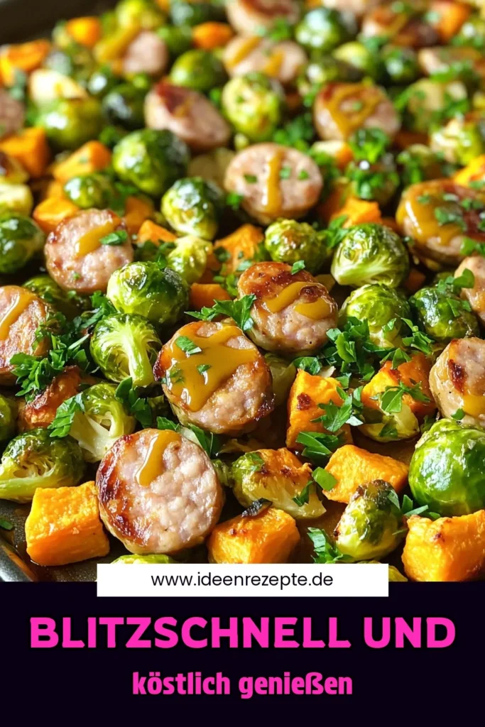 Entdecke das köstliche Rezept für Sheet Pan Maple Dijon Delight! Diese einfache und gesunde Mahlzeit vereint zarte Hähnchenwürstchen mit knackigem Rosenkohl und süßen Kartoffeln, alles perfekt gewürzt und knusprig gebacken. Ideal für ein schnelles Abendessen! Klicke jetzt, um die Schritt-für-Schritt-Anleitung zu erkunden und dein nächstes Lieblingsgericht zu finden! #SheetPanRecipes #HealthyEating #DinnerInspo #QuickRecipes