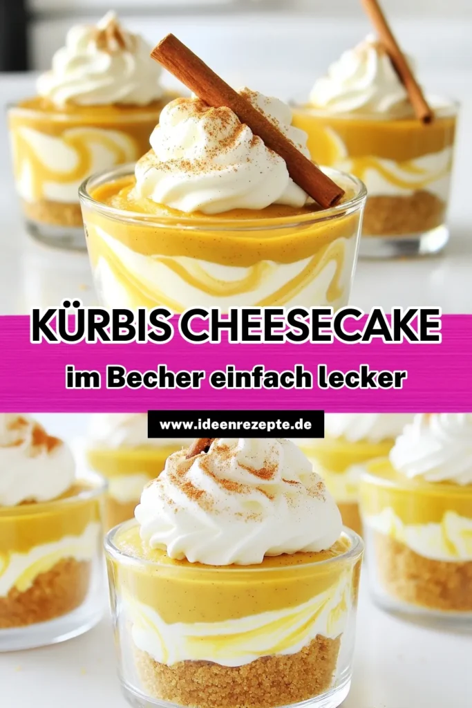 Lust auf einen leckeren No-Bake Kürbis-Cheesecake-Becher? Dieses einfache Rezept kombiniert die cremige Füllung aus Frischkäse und Kürbispüree mit einer knusprigen Graham-Cracker-Kruste. Perfekt für den Herbst und einfach zuzubereiten, ist dieses Dessert ein Highlight auf jeder Feier! Lass dich inspirieren und klicke jetzt, um das vollständige Rezept zu entdecken. #Kürbis #Dessert #NoBake #Herbstrezepte