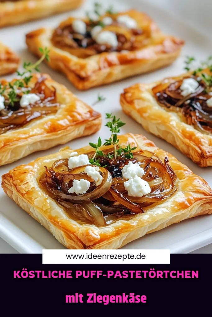 Entdecken Sie die köstlichen karamellisierten Zwiebel- und Ziegenkäse-Puff-Pastetörtchen, ideal für Ihr nächstes Dinner oder als schmackhafte Vorspeise! Diese einfachen, aber eleganten Törtchen vereinen süße, goldbraune Zwiebeln mit cremigem Ziegenkäse, alles in einer knusprigen Blätterteigkruste. Klicken Sie jetzt für das vollständige Rezept und verwöhnen Sie sich und Ihre Gäste! #Kochrezepte #Vorspeisen #Gourmet #Backen