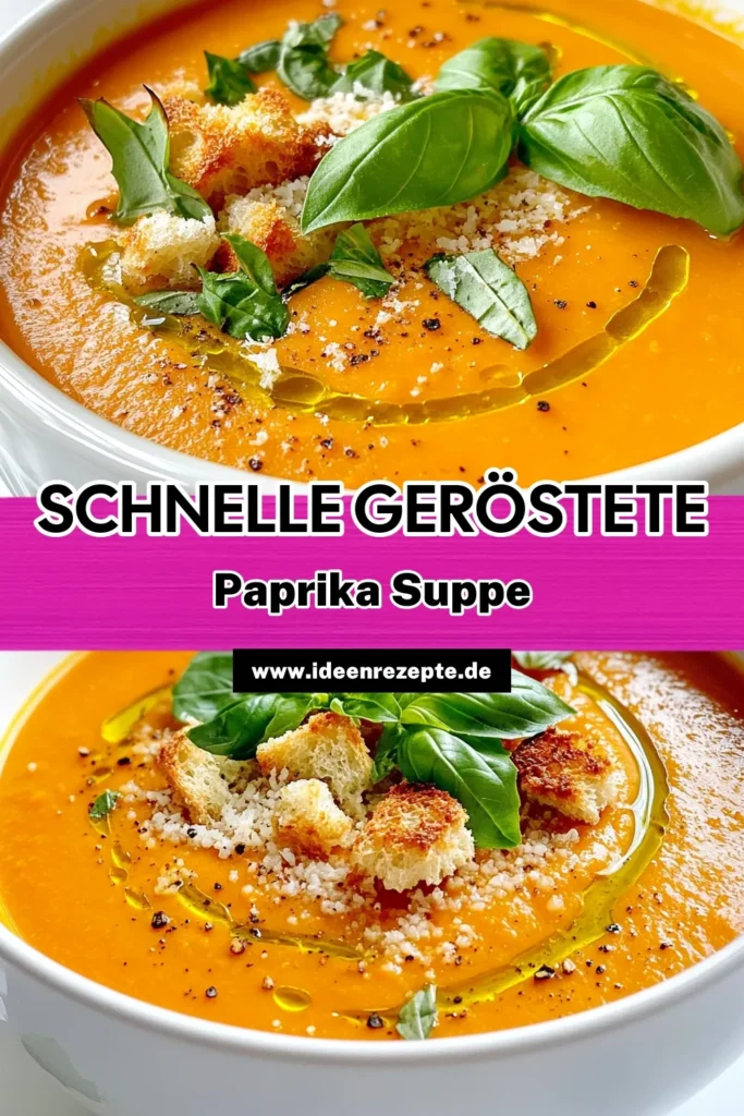 Entdecken Sie das köstliche Rezept für Geröstete Paprika Genuss Suppe, die perfekt für kalte Tage ist! Mit einfachen Zutaten wie Paprika, Zwiebel und Knoblauch zaubern Sie ein herzhaftes Gericht, das in nur 50 Minuten zubereitet ist. Verfeinern Sie es mit Sahne und knusprigen Parmesan-Croûtons für den ultimativen Genuss. Klicken Sie jetzt weiter und lassen Sie sich inspirieren! #GeröstetePaprika #Suppe #LeckerEssen #KochenMitLiebe