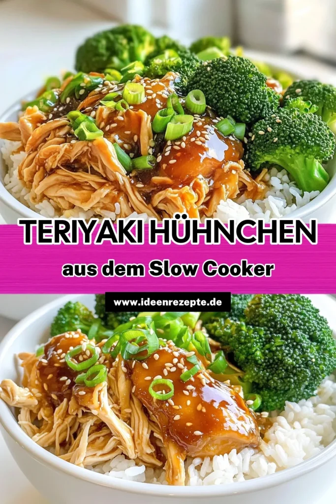 Genieße die köstlichen Langsamgekochten Teriyaki-Hühnchen-Schalen! Mit saftigem Hähnchen, einer süßlichen Marinade aus Sojasauce und Honig, serviert auf einem Bett aus Jasminreis und Brokkoli, ist dieses Rezept perfekt für ein herzhaftes Essen. Schritt-für-Schritt-Anleitung für ein einfaches und leckeres Gericht, das die ganze Familie lieben wird. Klicke jetzt und entdecke die Details! #TeriyakiHühnchen #SlowCookerRezepte #Kochideen #GesundeErnährung