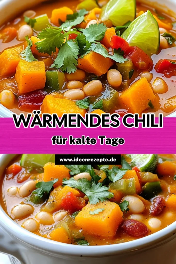 Entdecke das wärmende und gemütliche Butternut-Kürbis-Weißbohnen-Chili, perfekt für kalte Tage! Dieses leckere Rezept kombiniert süßen Kürbis mit zarten weißen Bohnen und aromatischen Gewürzen in einem slow cooker. In nur 15 Minuten vorbereitet und vollgepackt mit Geschmack, wird es deine Familie begeistern. Klicke jetzt, um das Rezept zu entdecken und dir einen Hauch von Frische mit frischem Koriander und Limette zu gönnen! #ButternutKürbis #ChiliRezept #GesundeKüche #VegetarischKochen