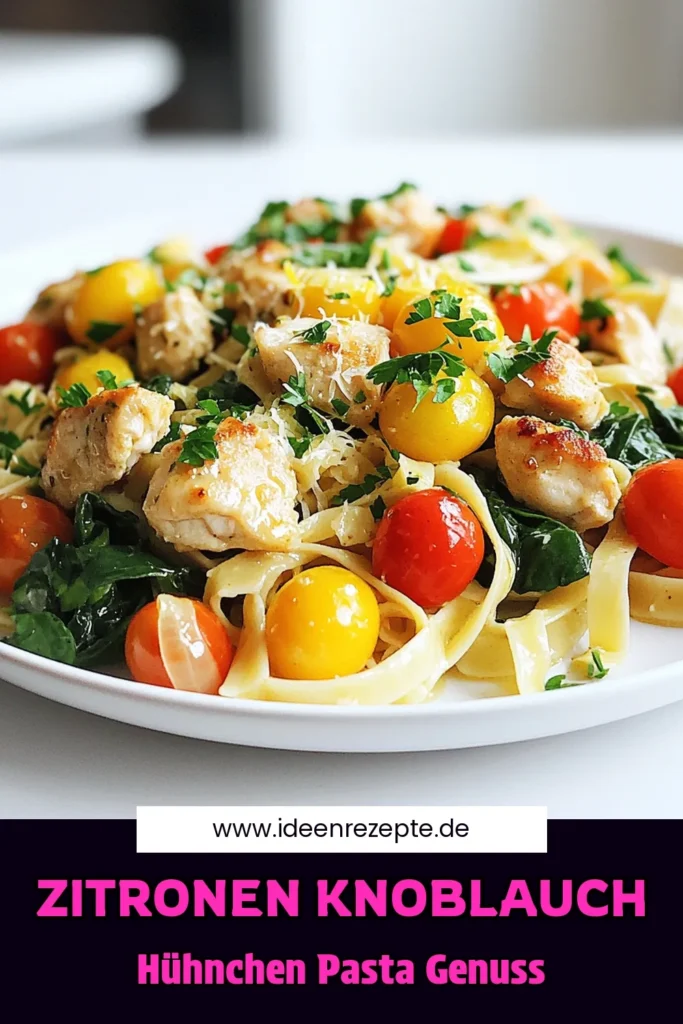 Genieße ein köstliches und einfaches Gericht mit dieser Zitronen-Knoblauch-Hühnchen-Pasta-Pfanne. Perfekte Kombination aus zartem Hähnchen, frischen Kirschtomaten und würzigem Knoblauch, alles in einer cremigen Zitronensauce. In nur 30 Minuten zubereitet, ist dieses Rezept ideal für ein schnelles Abendessen. Klicke hier, um die vollen Details und Tipps zu entdecken! #ZitronenKnoblauchHühnchen #PastaRezept #SchnelleGerichte #EssenIn30Minuten