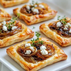 - 1 Blatt gefrorener Blätterteig, aufgetaut - 2 große Zwiebeln, dünn geschnitten - 115 g Ziegenkäse, zerkrümelt Die Hauptzutaten sind einfach und leicht zu finden. Der gefrorene Blätterteig macht das Rezept schnell. Die Zwiebeln geben süßen Geschmack, wenn sie karamellisiert sind. Ziegenkäse bringt eine cremige Note. - 2 Esslöffel Olivenöl - 1 Esslöffel Balsamico-Essig - 1 Teelöffel Zucker - Frische Thymianblätter, zum Garnieren - Salz und Pfeffer nach Geschmack Die Gewürze sind wichtig für den Geschmack. Olivenöl hilft beim Braten der Zwiebeln. Balsamico und Zucker verstärken die Süße. Thymian gibt einen frischen Duft und ein tolles Aussehen. - Backblech und Backpapier - Scharfes Messer - 1 Ei, verquirlt (zum Bestreichen) Die Utensilien sind nötig, um die Törtchen zu backen. Das Backblech mit Backpapier verhindert das Ankleben. Ein scharfes Messer hilft beim Schneiden der Zwiebeln. Das verquirlte Ei sorgt für eine schöne goldene Farbe beim Backen. Heize deinen Ofen auf 200°C vor. Lege ein Backblech mit Backpapier aus. Dies hilft beim einfachen Herausnehmen der Törtchen. Schneide die Zwiebeln dünn. Verwende eine scharfe Klinge, um gleichmäßige Ringe zu erhalten. Erhitze das Olivenöl in einer großen Pfanne bei mittlerer Hitze. Füge die Zwiebeln und eine Prise Salz hinzu. Rühre die Zwiebeln häufig um, damit sie gleichmäßig garen. Koche die Zwiebeln 15-20 Minuten lang. Sie sollten goldbraun und weich werden. Wenn sie schön karamellisiert sind, füge den Balsamico-Essig und den Zucker hinzu. Rühre die Mischung gut um. Lasse sie für 2-3 Minuten kochen. Der Essig sollte etwas eindicken. Nimm die Pfanne vom Herd. Lass die Mischung etwas abkühlen, damit sie später nicht den Blätterteig durchweicht. Rolle den aufgetauten Blätterteig auf einer leicht bemehlten Fläche aus. Schneide den Teig in Quadrate von etwa 10 cm. Lege diese auf das Backblech. Schneide mit einem scharfen Messer ein kleineres Quadrat in jede Teigportion. Achte darauf, den Teig nicht ganz durchzuschneiden. Bestreiche die Ränder des Blätterteigs mit dem verquirlten Ei. Löffle die karamellisierte Zwiebelmischung in die Mitte jedes Teigstücks. Zerkrümle den Ziegenkäse über die Zwiebeln. Backe die Törtchen 15-20 Minuten lang. Sie sind fertig, wenn der Teig goldbraun und aufgegangen ist. Die Karamellisierung von Zwiebeln ist eine Kunst. Hier sind meine besten Tipps: - Langsame Hitze: Kochen Sie die Zwiebeln bei mittlerer Hitze. So bleiben sie zart. - Geduld: Lassen Sie die Zwiebeln 15-20 Minuten kochen, bis sie goldbraun sind. - Salz: Eine Prise Salz hilft, die Süße der Zwiebeln hervorzuheben. - Zucker: Fügen Sie einen Teelöffel Zucker hinzu. Das verstärkt die Karamellisierung. - Balsamico: Ein Esslöffel Balsamico-Essig gibt den Zwiebeln einen tollen Geschmack. Verwenden Sie verschiedene Öle, um den Geschmack zu ändern. Olivenöl ist klassisch, aber auch Traubenkernöl gibt einen feinen Geschmack. Der Umgang mit gefrorenem Blätterteig kann knifflig sein. Hier sind einige Tipps: - Auftauen: Lassen Sie den Blätterteig im Kühlschrank über Nacht auftauen. So bleibt er fest. - Bemehlen: Bestäuben Sie die Arbeitsfläche leicht mit Mehl. Dadurch bleibt der Teig nicht kleben. - Ausrollen: Rollen Sie den Teig sanft aus, um ihn nicht zu beschädigen. Wenn der Teig klebt, verwenden Sie mehr Mehl. Achten Sie darauf, dass Sie nicht zu viel Mehl verwenden, sonst wird der Teig trocken. Die Präsentation der Törtchen ist wichtig. So richten Sie sie an: - Rustikales Holzbrett: Servieren Sie die Törtchen auf einem Holzbrett. Das sieht schön aus. - Zusätzlicher Thymian: Garnieren Sie die Törtchen mit frischen Thymianblättern. Das bringt Farbe. - Getränke: Ein trockener Weißwein passt gut zu den Törtchen. Auch ein frischer Salat ist eine gute Beilage. Denken Sie daran, die Törtchen warm zu servieren. So schmecken sie am besten! {{image_4}} Wenn Sie eine vegane oder laktosefreie Version machen möchten, gibt es tolle Alternativen. Nutzen Sie pflanzliche Butter anstelle von Olivenöl. Für den Käse probieren Sie einen veganen Frischkäse oder Cashewkäse. Diese Optionen bieten einen ähnlichen Geschmack und eine cremige Textur. Sie können auch andere Käsesorten verwenden. Feta oder Ricotta passen gut zu Zwiebeln. Diese Käse geben dem Gericht einen anderen, aber leckeren Geschmack. Experimentieren Sie mit verschiedenen Käsesorten, um Ihre Lieblingskombination zu finden. Saisonalität spielt eine große Rolle in der Küche. Im Frühling können Sie Spargel oder Erbsen hinzufügen. Im Herbst sind Kürbis oder Pilze großartige Optionen. Diese Zutaten ergänzen den Geschmack der karamellisierten Zwiebeln und des Käses. Achten Sie darauf, frisches Gemüse zu wählen. Es schmeckt besser und hat mehr Nährstoffe. Passen Sie die Törtchen je nach Jahreszeit an. So bleibt Ihr Gericht immer interessant und lecker. Um Ihre Törtchen aufzupeppen, fügen Sie Gewürze oder frische Kräuter hinzu. Thymian ist eine tolle Wahl, aber auch Rosmarin oder Oregano passen gut. Diese Kräuter geben zusätzlichen Geschmack. Sie können auch mit süßen und herzhaften Füllungen experimentieren. Fügen Sie etwas Honig oder Feigenmarmelade hinzu. Diese süßen Noten harmonieren gut mit dem salzigen Käse. Seien Sie kreativ und finden Sie neue Kombinationen, die Ihnen gefallen. Um die Törtchen frisch zu halten, lagern Sie sie am besten im Kühlschrank. Stellen Sie sicher, dass sie in einem luftdichten Behälter sind. So bleiben sie bis zu drei Tage lecker. Wenn Sie die Törtchen länger aufbewahren möchten, können Sie sie einfrieren. Wickeln Sie jedes Törtchen in Frischhaltefolie und legen Sie sie in einen Gefrierbeutel. Sie können sie bis zu drei Monate im Gefrierfach lassen. Wenn Sie die Törtchen aufwärmen möchten, ist der Ofen die beste Wahl. Heizen Sie ihn auf 180 °C vor. Legen Sie die Törtchen auf ein Backblech und backen Sie sie etwa 10-15 Minuten. So werden sie knusprig und warm. Um den Geschmack zu erneuern, können Sie etwas frisches Olivenöl darüberträufeln. Ein paar frische Thymianblätter helfen auch, das Aroma zu beleben. Genießen Sie diese kleinen Leckerbissen warm für den besten Genuss. Die Törtchen sind im Kühlschrank etwa drei Tage haltbar. Bewahre sie in einem luftdichten Behälter auf. Im Gefrierschrank halten sie bis zu drei Monate. Du kannst sie nach dem Backen einfrieren. Einfach gut einpacken, damit sie frisch bleiben. Ja, du kannst die Törtchen im Voraus zubereiten. Bereite die Zwiebelmischung und den Blätterteig vor. Lagere die Zutaten getrennt im Kühlschrank. Backe die Törtchen erst kurz vor dem Servieren. So bleiben sie knusprig und frisch. Zu den Törtchen passen viele Beilagen. Ein frischer grüner Salat ist ideal. Du kannst auch einen Joghurt-Dip oder eine Tomatensalsa anbieten. Diese Beilagen ergänzen den reichen Geschmack der Törtchen wunderbar. Zusammengefasst haben wir die besten Zutaten für leckere Törtchen besprochen. Wir haben gelernt, wie man die Zwiebeln perfekt karamellisiert und die Törtchen richtig zubereitet. Tipps zur Lagerung und Variationen zeigen, wie flexibel dieses Rezept ist. Du kannst kreativ sein, verschiedene Käsesorten nutzen oder saisonales Gemüse integrieren. Denke daran, beim Servieren eine ansprechende Präsentation zu wählen. So wird dein Gericht garantiert ein Hit bei Familie und Freunden. Probier es aus und genieße dein Ergebnis!