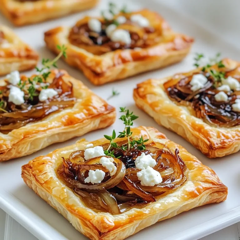 - 1 Blatt gefrorener Blätterteig, aufgetaut - 2 große Zwiebeln, dünn geschnitten - 115 g Ziegenkäse, zerkrümelt Die Hauptzutaten sind einfach und leicht zu finden. Der gefrorene Blätterteig macht das Rezept schnell. Die Zwiebeln geben süßen Geschmack, wenn sie karamellisiert sind. Ziegenkäse bringt eine cremige Note. - 2 Esslöffel Olivenöl - 1 Esslöffel Balsamico-Essig - 1 Teelöffel Zucker - Frische Thymianblätter, zum Garnieren - Salz und Pfeffer nach Geschmack Die Gewürze sind wichtig für den Geschmack. Olivenöl hilft beim Braten der Zwiebeln. Balsamico und Zucker verstärken die Süße. Thymian gibt einen frischen Duft und ein tolles Aussehen. - Backblech und Backpapier - Scharfes Messer - 1 Ei, verquirlt (zum Bestreichen) Die Utensilien sind nötig, um die Törtchen zu backen. Das Backblech mit Backpapier verhindert das Ankleben. Ein scharfes Messer hilft beim Schneiden der Zwiebeln. Das verquirlte Ei sorgt für eine schöne goldene Farbe beim Backen. Heize deinen Ofen auf 200°C vor. Lege ein Backblech mit Backpapier aus. Dies hilft beim einfachen Herausnehmen der Törtchen. Schneide die Zwiebeln dünn. Verwende eine scharfe Klinge, um gleichmäßige Ringe zu erhalten. Erhitze das Olivenöl in einer großen Pfanne bei mittlerer Hitze. Füge die Zwiebeln und eine Prise Salz hinzu. Rühre die Zwiebeln häufig um, damit sie gleichmäßig garen. Koche die Zwiebeln 15-20 Minuten lang. Sie sollten goldbraun und weich werden. Wenn sie schön karamellisiert sind, füge den Balsamico-Essig und den Zucker hinzu. Rühre die Mischung gut um. Lasse sie für 2-3 Minuten kochen. Der Essig sollte etwas eindicken. Nimm die Pfanne vom Herd. Lass die Mischung etwas abkühlen, damit sie später nicht den Blätterteig durchweicht. Rolle den aufgetauten Blätterteig auf einer leicht bemehlten Fläche aus. Schneide den Teig in Quadrate von etwa 10 cm. Lege diese auf das Backblech. Schneide mit einem scharfen Messer ein kleineres Quadrat in jede Teigportion. Achte darauf, den Teig nicht ganz durchzuschneiden. Bestreiche die Ränder des Blätterteigs mit dem verquirlten Ei. Löffle die karamellisierte Zwiebelmischung in die Mitte jedes Teigstücks. Zerkrümle den Ziegenkäse über die Zwiebeln. Backe die Törtchen 15-20 Minuten lang. Sie sind fertig, wenn der Teig goldbraun und aufgegangen ist. Die Karamellisierung von Zwiebeln ist eine Kunst. Hier sind meine besten Tipps: - Langsame Hitze: Kochen Sie die Zwiebeln bei mittlerer Hitze. So bleiben sie zart. - Geduld: Lassen Sie die Zwiebeln 15-20 Minuten kochen, bis sie goldbraun sind. - Salz: Eine Prise Salz hilft, die Süße der Zwiebeln hervorzuheben. - Zucker: Fügen Sie einen Teelöffel Zucker hinzu. Das verstärkt die Karamellisierung. - Balsamico: Ein Esslöffel Balsamico-Essig gibt den Zwiebeln einen tollen Geschmack. Verwenden Sie verschiedene Öle, um den Geschmack zu ändern. Olivenöl ist klassisch, aber auch Traubenkernöl gibt einen feinen Geschmack. Der Umgang mit gefrorenem Blätterteig kann knifflig sein. Hier sind einige Tipps: - Auftauen: Lassen Sie den Blätterteig im Kühlschrank über Nacht auftauen. So bleibt er fest. - Bemehlen: Bestäuben Sie die Arbeitsfläche leicht mit Mehl. Dadurch bleibt der Teig nicht kleben. - Ausrollen: Rollen Sie den Teig sanft aus, um ihn nicht zu beschädigen. Wenn der Teig klebt, verwenden Sie mehr Mehl. Achten Sie darauf, dass Sie nicht zu viel Mehl verwenden, sonst wird der Teig trocken. Die Präsentation der Törtchen ist wichtig. So richten Sie sie an: - Rustikales Holzbrett: Servieren Sie die Törtchen auf einem Holzbrett. Das sieht schön aus. - Zusätzlicher Thymian: Garnieren Sie die Törtchen mit frischen Thymianblättern. Das bringt Farbe. - Getränke: Ein trockener Weißwein passt gut zu den Törtchen. Auch ein frischer Salat ist eine gute Beilage. Denken Sie daran, die Törtchen warm zu servieren. So schmecken sie am besten! {{image_4}} Wenn Sie eine vegane oder laktosefreie Version machen möchten, gibt es tolle Alternativen. Nutzen Sie pflanzliche Butter anstelle von Olivenöl. Für den Käse probieren Sie einen veganen Frischkäse oder Cashewkäse. Diese Optionen bieten einen ähnlichen Geschmack und eine cremige Textur. Sie können auch andere Käsesorten verwenden. Feta oder Ricotta passen gut zu Zwiebeln. Diese Käse geben dem Gericht einen anderen, aber leckeren Geschmack. Experimentieren Sie mit verschiedenen Käsesorten, um Ihre Lieblingskombination zu finden. Saisonalität spielt eine große Rolle in der Küche. Im Frühling können Sie Spargel oder Erbsen hinzufügen. Im Herbst sind Kürbis oder Pilze großartige Optionen. Diese Zutaten ergänzen den Geschmack der karamellisierten Zwiebeln und des Käses. Achten Sie darauf, frisches Gemüse zu wählen. Es schmeckt besser und hat mehr Nährstoffe. Passen Sie die Törtchen je nach Jahreszeit an. So bleibt Ihr Gericht immer interessant und lecker. Um Ihre Törtchen aufzupeppen, fügen Sie Gewürze oder frische Kräuter hinzu. Thymian ist eine tolle Wahl, aber auch Rosmarin oder Oregano passen gut. Diese Kräuter geben zusätzlichen Geschmack. Sie können auch mit süßen und herzhaften Füllungen experimentieren. Fügen Sie etwas Honig oder Feigenmarmelade hinzu. Diese süßen Noten harmonieren gut mit dem salzigen Käse. Seien Sie kreativ und finden Sie neue Kombinationen, die Ihnen gefallen. Um die Törtchen frisch zu halten, lagern Sie sie am besten im Kühlschrank. Stellen Sie sicher, dass sie in einem luftdichten Behälter sind. So bleiben sie bis zu drei Tage lecker. Wenn Sie die Törtchen länger aufbewahren möchten, können Sie sie einfrieren. Wickeln Sie jedes Törtchen in Frischhaltefolie und legen Sie sie in einen Gefrierbeutel. Sie können sie bis zu drei Monate im Gefrierfach lassen. Wenn Sie die Törtchen aufwärmen möchten, ist der Ofen die beste Wahl. Heizen Sie ihn auf 180 °C vor. Legen Sie die Törtchen auf ein Backblech und backen Sie sie etwa 10-15 Minuten. So werden sie knusprig und warm. Um den Geschmack zu erneuern, können Sie etwas frisches Olivenöl darüberträufeln. Ein paar frische Thymianblätter helfen auch, das Aroma zu beleben. Genießen Sie diese kleinen Leckerbissen warm für den besten Genuss. Die Törtchen sind im Kühlschrank etwa drei Tage haltbar. Bewahre sie in einem luftdichten Behälter auf. Im Gefrierschrank halten sie bis zu drei Monate. Du kannst sie nach dem Backen einfrieren. Einfach gut einpacken, damit sie frisch bleiben. Ja, du kannst die Törtchen im Voraus zubereiten. Bereite die Zwiebelmischung und den Blätterteig vor. Lagere die Zutaten getrennt im Kühlschrank. Backe die Törtchen erst kurz vor dem Servieren. So bleiben sie knusprig und frisch. Zu den Törtchen passen viele Beilagen. Ein frischer grüner Salat ist ideal. Du kannst auch einen Joghurt-Dip oder eine Tomatensalsa anbieten. Diese Beilagen ergänzen den reichen Geschmack der Törtchen wunderbar. Zusammengefasst haben wir die besten Zutaten für leckere Törtchen besprochen. Wir haben gelernt, wie man die Zwiebeln perfekt karamellisiert und die Törtchen richtig zubereitet. Tipps zur Lagerung und Variationen zeigen, wie flexibel dieses Rezept ist. Du kannst kreativ sein, verschiedene Käsesorten nutzen oder saisonales Gemüse integrieren. Denke daran, beim Servieren eine ansprechende Präsentation zu wählen. So wird dein Gericht garantiert ein Hit bei Familie und Freunden. Probier es aus und genieße dein Ergebnis!