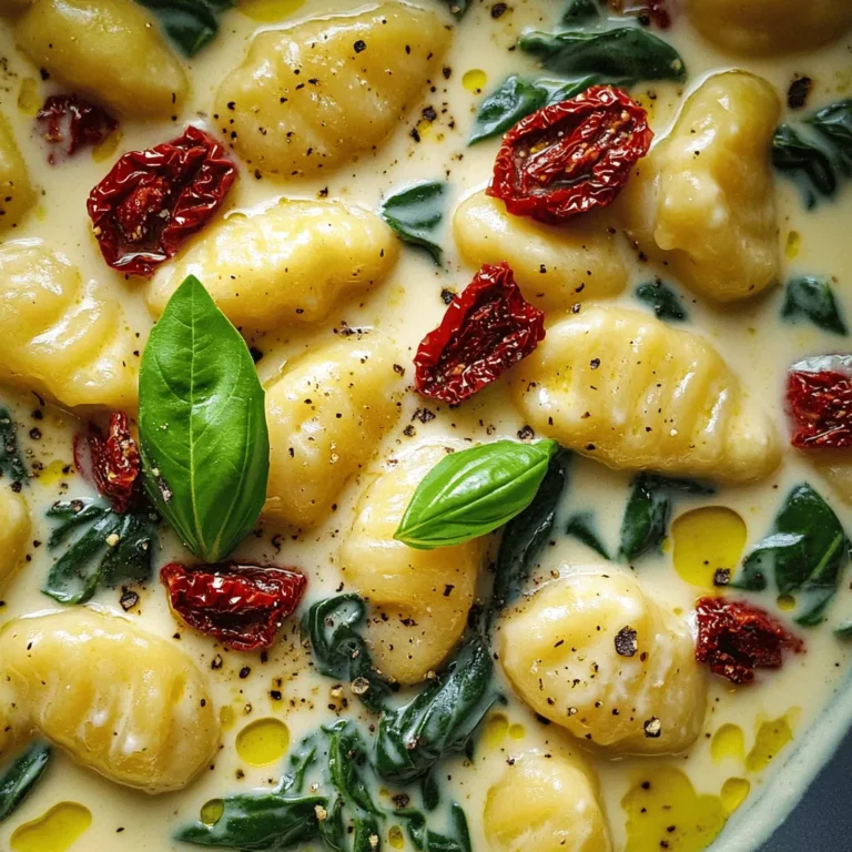 - 450 g Gnocchi (frisch oder aus dem Handel) - 150 g getrocknete Tomaten in Öl, abgetropft und grob gehackt - 480 ml Schlagsahne - 100 g frisch geriebener Parmesan - 2 Knoblauchzehen, fein gehackt - ½ Teelöffel Chiliflocken (optional) - 100 g frischer Spinat, grob gehackt - Salz und Pfeffer nach Geschmack - 2 Esslöffel Olivenöl - Frisches Basilikum Die Hauptzutaten sind sehr wichtig für den Geschmack. Ich bevorzuge frische Gnocchi, weil sie weich und lecker sind. Die getrockneten Tomaten bringen eine süße Note. Sie sind einfach köstlich und geben dem Gericht Tiefe. Die Schlagsahne macht die Sauce reichhaltig und cremig. Für die Gewürze verwende ich frisch geriebenen Parmesan. Er schmilzt gut und gibt einen tollen Geschmack. Knoblauch ist ein Muss für mich. Er gibt der Sauce ein tolles Aroma. Chiliflocken füge ich gerne hinzu, wenn ich es schärfer mag. Der Spinat ist ein schöner Farbklecks. Er passt gut zu den anderen Zutaten. Salz und Pfeffer sind wichtig, um alles abzurunden. Das Olivenöl hilft, die Aromen zu verbinden und gibt der Sauce eine schöne Textur. Für die Garnitur nutze ich frisches Basilikum. Es verleiht dem Gericht Frische und einen tollen Duft. Jedes Element hat seinen Platz in diesem Rezept. Sie arbeiten zusammen und machen das Gericht einfach unwiderstehlich. Um die Gnocchi zuzubereiten, bringe einen großen Topf mit gesalzenem Wasser zum Kochen. Verwende frische oder gekaufte Gnocchi. Gib die Gnocchi ins Wasser. Koche sie, bis sie aufsteigen. Das dauert in der Regel 2-3 Minuten. Gieße sie dann ab und stelle sie beiseite. Erhitze in einer großen Pfanne Olivenöl bei mittlerer Hitze. Füge den fein gehackten Knoblauch hinzu. Brate ihn etwa 1 Minute lang an, bis er duftet. Achte darauf, dass er nicht verbrennt. Dann gib die grob gehackten getrockneten Tomaten in die Pfanne. Koche sie 2-3 Minuten, damit sie gut durchziehen. Gieße die Schlagsahne in die Pfanne und bringe sie langsam zum Köcheln. Rühre gelegentlich um, damit nichts anbrennt. Reduziere die Hitze und füge den frisch geriebenen Parmesan hinzu. Rühre ihn ein, bis er schmilzt und die Sauce cremig wird. Schmecke die Sauce mit Salz, Pfeffer und optionalen Chiliflocken ab. Gib die gekochten Gnocchi und den grob gehackten Spinat in die Pfanne. Mische alles vorsichtig, damit die Gnocchi gut mit der Sauce bedeckt sind. Der Spinat sollte nur leicht zusammenfallen, was etwa 2-3 Minuten dauert. Achte darauf, dass die Konsistenz der Sauce schön cremig bleibt. Nimm die Pfanne vom Herd und richte die Gnocchi auf Tellern an. Garniere sie mit frischem Basilikum für einen tollen Look. Du kannst auch einen frischen Salat oder knuspriges Brot dazu servieren, um das Gericht abzurunden. Um die Sauce perfekt zu machen, achte auf die Dicke. Du kannst die Konsistenz anpassen, indem du mehr oder weniger Schlagsahne verwendest. Wenn die Sauce zu dünn ist, füge mehr Sahne hinzu. Ist sie zu dick, einfach etwas Wasser oder Brühe einrühren. So bleibt die Sauce cremig und lecker. Frische Gnocchi sind weich und haben eine tolle Textur. Handelsübliche Gnocchi sind oft fester. Der Hauptunterschied liegt im Geschmack und der Frische. Frische Gnocchi saugen die Sauce besser auf. Du kannst beide Arten ausprobieren, um herauszufinden, was dir besser gefällt. Knoblauch kann in verschiedenen Formen verwendet werden. Du kannst frischen, getrockneten oder sogar gerösteten Knoblauch einsetzen. Experimentiere auch mit Kräutern und Gewürzen. Basilikum, Oregano oder Thymian passen gut dazu. Chiliflocken geben eine schöne Schärfe. Lass deiner Kreativität freien Lauf und finde deine perfekte Mischung! {{image_4}} Für eine vegane Version der cremigen Tomaten-Gnocchi ersetzen Sie die Schlagsahne. Verwenden Sie stattdessen Kokosmilch oder Hafercreme. Diese geben eine ähnliche Cremigkeit. Für den Parmesan nutzen Sie Hefeflocken oder einen veganen Käse. Beides gibt einen tollen Geschmack. Um Ihre Gnocchi noch bunter zu machen, fügen Sie Gemüse hinzu. Zucchini oder Paprika passen gut. Auch Erbsen oder Brokkoli sind lecker. Wenn Sie Fleisch mögen, probieren Sie Hähnchen oder Pilze. Beides passt hervorragend zu der Sauce. Braten Sie das Hähnchen vorher an, um es zart zu machen. Für eine glutenfreie Option nehmen Sie glutenfreie Gnocchi. Diese sind in vielen Supermärkten erhältlich. Achten Sie darauf, die Zutatenliste zu prüfen. Für die Sauce können Sie auch Mandelmilch oder Sojasahne nutzen. Diese Alternativen machen die Sauce ebenso cremig. Wenn du die Gnocchi und die Sauce einfrieren willst, geht das einfach. Du kannst die Gnocchi roh oder gekocht einfrieren. Für die Sauce solltest du sie abkühlen lassen. Danach kannst du sie in einem luftdichten Behälter oder Beutel aufbewahren. - Tipps zum Einfrieren der Gnocchi und Sauce: - Gnocchi vor dem Einfrieren leicht mit Mehl bestäuben. - Sauce in Portionen aufteilen, um sie später einfach zu verwenden. - Haltbarkeiten: - Gekochte Gnocchi halten bis zu 3 Monate im Gefrierfach. - Die Sauce bleibt etwa 2 Monate frisch. Wenn du Reste hast, lagere sie im Kühlschrank. Es ist wichtig, die Gnocchi und die Sauce getrennt zu halten. So bleibt die Textur besser. - Optimale Methode zur Lagerung: - Verwende einen luftdichten Behälter für die Gnocchi. - Die Sauce kannst du in einem anderen Behälter aufbewahren. - Hinweise zur Wiedererwärmung: - Erwärme die Sauce langsam in einer Pfanne. - Gnocchi kannst du in etwas Wasser oder in der Sauce erwärmen. Es ist wichtig, auf die Lagerung zu achten. So vermeidest du, dass die Gnocchi oder die Sauce verderben. - Erkennen von Anzeichen der Verderblichkeit: - Schau auf die Farbe und den Geruch. - Wenn die Gnocchi trocken oder die Sauce sauer riecht, sind sie nicht mehr gut. - Sicherheitshinweise beim Lagern: - Lagere die Gnocchi und Sauce immer im Kühlschrank oder Gefrierfach. - Achte darauf, dass der Behälter gut verschlossen ist. Die Zubereitung der Gnocchi dauert etwa 25 Minuten. Die Vorbereitungszeit beträgt 10 Minuten. Das Kochen der Gnocchi nimmt nur 2-3 Minuten in Anspruch. Sie schwimmen oben, wenn sie fertig sind. Ja, frische Gnocchi sind eine großartige Wahl. Sie haben eine weichere Textur und einen tollen Geschmack. Kochen Sie sie einfach wie die handelsüblichen Gnocchi. Die Zubereitung bleibt gleich, und die Zeit bleibt auch bei 2-3 Minuten. Ja, Sie können glutenfreie Gnocchi verwenden. Suchen Sie im Geschäft nach einer glutenfreien Sorte. Die restlichen Zutaten sind von Natur aus glutenfrei. Achten Sie darauf, dass keine glutenhaltigen Produkte in der Sauce sind. Zu den Gnocchi passen viele Beilagen. Ein einfacher grüner Salat ist frisch und leicht. Auch geröstetes Gemüse harmoniert gut. Ein Stück knuspriges Brot eignet sich perfekt, um die cremige Sauce aufzutunken. Mit diesem Rezept für Gnocchi haben Sie eine einfache, leckere Mahlzeit. Wir haben die Hauptzutaten wie frische Gnocchi, getrocknete Tomaten und Schlagsahne behandelt. Die Zubereitung ist leicht und schnell. Die Tipps helfen Ihnen, die perfekte Konsistenz zu erreichen. Variationen wie vegane oder glutenfreie Optionen sind möglich. Achten Sie auf die Lagerung, damit die Gnocchi frisch bleiben. Jetzt sind Sie bereit, diese köstlichen Gnocchi zu genießen. Experimentieren Sie und finden Sie Ihre Lieblingsversion!