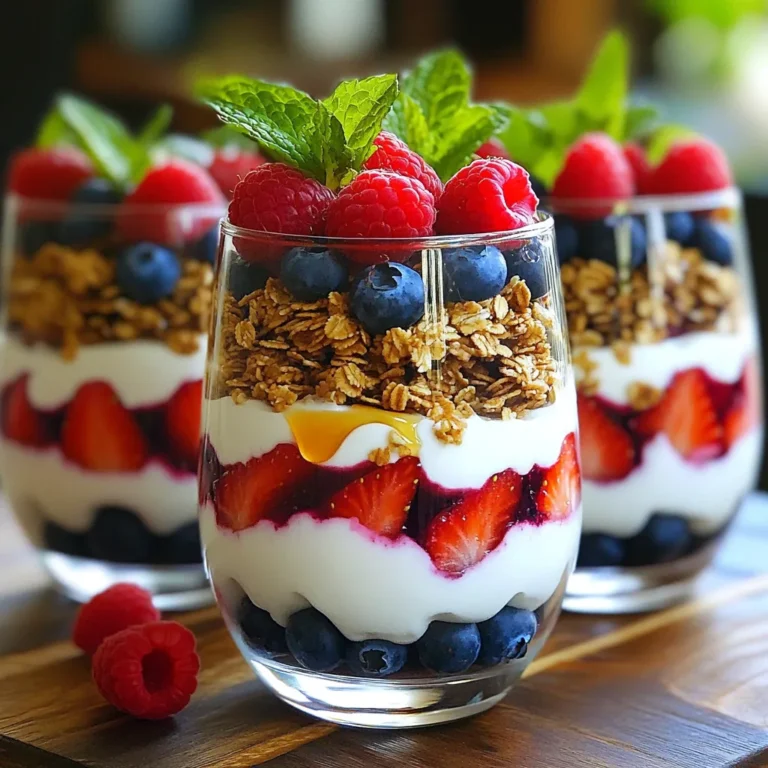 Für die perfekten Griechischen Joghurt-Beeren-Parfaits brauchst du folgende Hauptzutaten: - 2 Tassen griechischer Joghurt (natur oder mit Vanille) - 1 Tasse gemischte Beeren (Erdbeeren, Heidelbeeren, Himbeeren) - 1/2 Tasse Granola (am besten mit Honig oder Nüssen) Diese Zutaten machen dein Parfait frisch und lecker. Der griechische Joghurt gibt eine cremige Basis. Die Beeren bringen Süße und Farbe. Das Granola fügt einen schönen Crunch hinzu. Um deinen Parfaits mehr Geschmack zu verleihen, kannst du diese Zutaten hinzufügen: - 2 Esslöffel Honig oder Ahornsirup (optional für zusätzliche Süße) - 1 Teelöffel Vanilleextrakt (falls du Naturjoghurt verwendest) - Frische Minzblätter zur Dekoration Honig oder Ahornsirup macht das Parfait süßer. Vanilleextrakt gibt einen tollen Geschmack. Die Minzblätter sehen nicht nur gut aus, sie bringen auch frische Aromen. Die Auswahl der besten Beeren ist wichtig für dein Parfait. Hier sind einige Tipps: - Wähle frische, reife Beeren. Sie schmecken am besten. - Achte auf die Farbe. Sie sollte leuchtend und gleichmäßig sein. - Prüfe die Beeren auf Druckstellen. Vermeide solche, da sie schnell verderben. - Wenn möglich, kaufe lokale Beeren. Sie sind oft frischer und reicher im Geschmack. Mit diesen Tipps findest du die besten Beeren für dein Rezept. Sie machen dein Parfait noch köstlicher! Waschen Sie die gemischten Beeren gut unter kaltem Wasser. Dies entfernt Schmutz und Pestizide. Tupfen Sie die Beeren vorsichtig mit einem Papiertuch trocken. Bei Erdbeeren schneiden Sie die Frucht in kleinere Stücke. So passen sie besser in die Schichten. Heidelbeeren und Himbeeren können ganz bleiben. Frische, reife Beeren schmecken am besten. Nehmen Sie eine mittelgroße Schüssel und geben Sie den griechischen Joghurt hinein. Fügen Sie nach Geschmack 2 Esslöffel Honig oder Ahornsirup hinzu. Wenn Sie Naturjoghurt verwenden, geben Sie auch 1 Teelöffel Vanilleextrakt hinzu. Vermengen Sie alles gut mit einem Löffel. Rühren Sie so lange, bis die Mischung gleichmäßig ist. Der Joghurt sollte süß und cremig sein. Nehmen Sie durchsichtige Gläser oder Parfait-Behälter. Beginnen Sie mit einer Schicht des gesüßten Joghurts. Verteilen Sie diese gleichmäßig am Boden. Fügen Sie dann eine Schicht gemischter Beeren hinzu. Streuen Sie eine großzügige Prise Granola darüber. Wiederholen Sie die Schichtung, bis die Gläser voll sind. Beenden Sie mit einer Schicht Joghurt oben. Garnieren Sie die Parfaits mit zusätzlichen Beeren und frischen Minzblättern. Genießen Sie die Parfaits sofort für den besten Geschmack und die beste Textur. Um die beste Textur zu erreichen, verwenden Sie dicken griechischen Joghurt. Er hat eine cremige Konsistenz, die perfekt für Parfaits ist. Auch die Schichtung ist wichtig. Beginnen Sie mit einer stabilen Schicht Joghurt am Boden. Das hilft, die anderen Zutaten zu halten. Verwenden Sie frische Beeren, da sie dem Joghurt Frische verleihen. Genießen Sie die Parfaits sofort für die beste Textur. Sie können verschiedene Joghurtvarianten ausprobieren. Naturjoghurt hat einen milden Geschmack, während Vanillejoghurt süßer ist. Wenn Sie etwas anderes möchten, probieren Sie griechischen Joghurt mit Früchten. Er fügt Geschmack hinzu. Auch Joghurt auf pflanzlicher Basis ist eine gute Wahl. Er ist eine tolle Alternative für Veganer. Achten Sie auf die Konsistenz, um die perfekte Textur zu erreichen. Wenn Sie den Joghurt süßen möchten, haben Sie viele Optionen. Honig ist eine beliebte Wahl. Er passt gut zu den Beeren. Ahornsirup ist ebenfalls eine süße Option. Für eine kalorienärmere Variante können Sie Stevia oder Erythrit verwenden. Diese Optionen sind gut für die Gesundheit. Experimentieren Sie mit der Süße, um den perfekten Geschmack zu finden. {{image_4}} Wenn Sie eine vegane Variante der Griechischen Joghurt-Beeren-Parfaits möchten, gibt es tolle Alternativen. Für den Joghurt können Sie Kokosjoghurt oder Mandeljoghurt verwenden. Beide sind cremig und lecker. Achten Sie darauf, dass sie ungesüßt sind, um den echten Geschmack der Beeren zu betonen. Für die Toppings können Sie auch veganes Granola wählen. Es gibt viele Marken, die keine tierischen Produkte enthalten. Sie können auch Nüsse oder Samen hinzufügen, um noch mehr Crunch zu bekommen. Schokolade und Beeren sind eine himmlische Kombination. Um schokoladige Parfaits zu machen, fügen Sie einfach Kakaopulver zum Joghurt hinzu. Ein bis zwei Esslöffel reichen schon aus. Das macht den Joghurt schön schokoladig. Sie können auch Schokoladenstückchen in die Schichten einfügen. Diese kleinen Leckerbissen bringen extra Freude. Damit wird jede Schicht zu einem Geschmackserlebnis. Es gibt viele Möglichkeiten für Toppings und Mix-Ins. Hier sind einige Ideen: - Nüsse: Mandeln oder Walnüsse bringen einen tollen Crunch. - Kokosraspel: Diese geben einen tropischen Geschmack. - Chiasamen: Sie sind gesund und fügen eine tolle Textur hinzu. - Zimt: Ein Hauch Zimt kann die Süße verstärken. - Karamellsauce: Für eine süßere Note ist Karamell perfekt. Mit diesen Variationen können Sie die Parfaits ganz nach Ihrem Geschmack gestalten. Um die Frische der griechischen Joghurt-Beeren-Parfaits zu erhalten, lagern Sie sie in einem luftdichten Behälter. Verwenden Sie am besten Glasbehälter, da sie die Aromen gut halten. Stellen Sie sicher, dass der Behälter sauber und trocken ist, bevor Sie die Parfaits einfüllen. Dies hilft, Feuchtigkeitsansammlungen zu vermeiden. Die Parfaits halten sich im Kühlschrank bis zu drei Tage. Nach dieser Zeit können die Beeren weich werden und der Joghurt an Textur verlieren. Wenn Sie also sicherstellen möchten, dass alles frisch bleibt, essen Sie sie am besten innerhalb von zwei Tagen. Achten Sie darauf, den Behälter immer gut zu schließen, um den Kontakt mit Luft zu minimieren. Wenn Sie die Parfaits für die Lagerung vorbereiten, schichten Sie die Beeren und das Granola separat. Granola kann weich werden, wenn es zu lange mit Joghurt in Kontakt kommt. Lagern Sie das Granola in einem eigenen Behälter. Vor dem Servieren können Sie die Schichten einfach wieder zusammenfügen. So bleibt alles knusprig und frisch. Griechischer Joghurt ist nahrhaft und lecker. Er hat viel Protein. Das hilft, Muskeln aufzubauen. Außerdem enthält er Probiotika. Diese sind gut für die Verdauung. Er hat weniger Zucker als normaler Joghurt. Das macht ihn zu einer gesunden Wahl. Viele Menschen lieben ihn auch wegen seines cremigen Geschmacks. Er kann helfen, den Blutzucker zu regulieren. Wenn du auf deine Gesundheit achtest, ist griechischer Joghurt eine tolle Option. Ja, du kannst gefrorene Beeren verwenden! Sie sind oft günstiger und einfach zu finden. Achte darauf, die Beeren vor der Verwendung leicht antauen zu lassen. So bekommst du den besten Geschmack. Gefrorene Beeren sind auch gesund. Sie haben viele Nährstoffe, die frisch bleiben. Du kannst sie in deinem Parfait genauso gut nutzen. Sie geben deinem Gericht eine kalte, erfrischende Note. Wenn du mehr Parfaits machen möchtest, ist das einfach! Verdopple einfach alle Zutaten. Du kannst 4 Tassen griechischen Joghurt und 2 Tassen gemischte Beeren verwenden. Achte darauf, genug Gläser oder Behälter bereit zu haben. Wenn du eine große Gruppe hast, ist das eine tolle Idee. Die Zubereitung bleibt gleich. Schichte die Zutaten wie gewohnt. So sind alle glücklich und satt! Griechische Joghurt-Beeren-Parfaits sind einfach zuzubereiten. Wir haben die besten Zutaten, Tipps und Variationen besprochen. Mit frischen Beeren und verschiedenen Joghurtarten kannst du deinen eigenen Geschmack finden. Denke daran, die Parfaits richtig zu lagern, damit sie frisch bleiben. Experimentiere mit Optionen wie veganem Joghurt oder schokoladigen Varianten. Jetzt hast du alles, um leckere und gesunde Parfaits zu machen. Viel Spaß beim Zubereiten und Genießen!