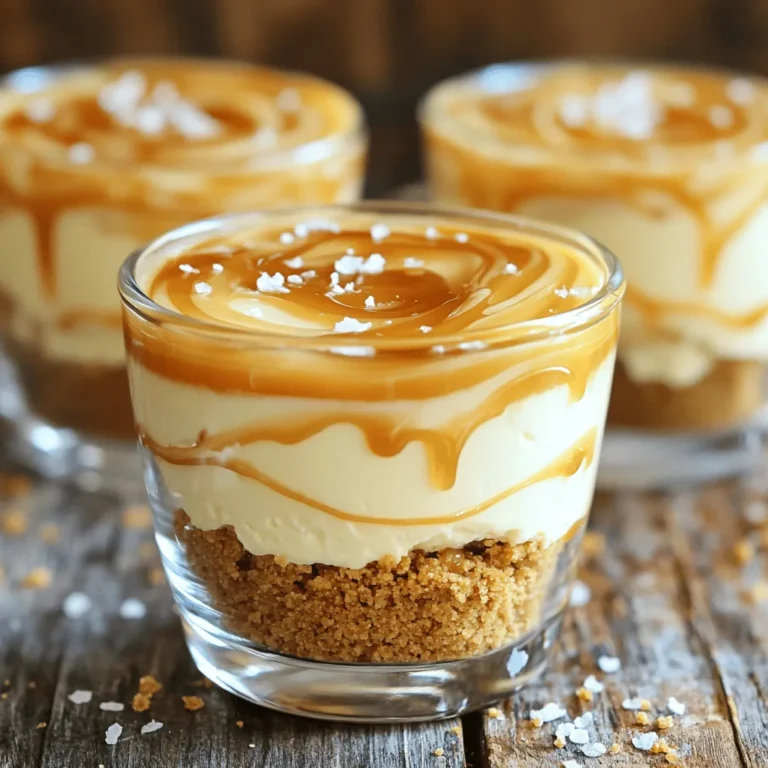 Um die No Bake Salted Caramel Cheesecake Cups zuzubereiten, benötigst du folgende Zutaten: - 1 Tasse zerstoßene Graham-Cracker - 4 Esslöffel ungesalzene Butter, geschmolzen - 2 Tassen Frischkäse, weichgelagert - 1 Tasse Puderzucker - 1 Teelöffel Vanilleextrakt - 1 Tasse Schlagsahne - 1/2 Tasse gesalzene Karamellsauce (plus extra zum Beträufeln) - Meersalzflocken zum Garnieren Die Auswahl der richtigen Zutaten ist wichtig für einen großartigen Geschmack. Achte darauf, frischen Frischkäse zu verwenden. Er gibt der Füllung eine cremige Textur. Für die Karamellsauce kannst du fertige kaufen oder selbst machen. Ich empfehle eine hochwertige Sauce mit echtem Karamellgeschmack. Die Graham-Cracker sollten knusprig sein. Zerstoße sie gut, um eine feine Kruste zu bekommen. Die Butter sollte ungesalzen sein, damit der Süßgeschmack nicht verloren geht. Wenn du die Schlagsahne schlägst, achte darauf, dass sie kalt ist. Das hilft, die Sahne steif zu schlagen. Verwende frische Meersalzflocken als Garnitur. Sie geben dem Dessert einen tollen Salzkick. Jeder Cheesecake Cup hat etwa 250 Kalorien. Diese Zahl kann je nach Portionsgröße und Zutaten variieren. Die Cups enthalten auch Zucker und Fette aus der Sahne und Butter. Hier sind einige Nährwertinformationen pro Portion: - Kalorien: ca. 250 - Fett: 18g - Kohlenhydrate: 22g - Zucker: 14g - Eiweiß: 3g Wenn du auf deine Ernährung achtest, genieße diese Köstlichkeit in Maßen. Zuerst zerstoße die Graham-Cracker. Du kannst einen Mixer oder einen Gefrierbeutel verwenden. Mische die zerstoßenen Cracker mit der geschmolzenen Butter in einer mittelgroßen Schüssel. Rühre gut um, bis die Mischung feucht aussieht, wie nasser Sand. Teile die Mischung gleichmäßig auf die Dessertbecher auf. Drücke sie fest, damit sie einen stabilen Boden bilden. Nimm eine große Schüssel und füge den weichgelagerten Frischkäse hinzu. Schlage ihn mit dem Puderzucker, bis die Mischung glatt ist. Das dauert nur ein paar Minuten. Füge dann den Vanilleextrakt hinzu und rühre weiter. In einer anderen Schüssel schlage die Schlagsahne, bis sie feste Spitzen hat. Hebe die geschlagene Sahne vorsichtig unter die Frischkäse-Mischung. Das sorgt für eine leichte Textur. Gib die gesalzene Karamellsauce dazu und falte sie behutsam unter. So entstehen schöne Marmorierungen. Jetzt löffele die Frischkäse-Füllung gleichmäßig in die Becher über die Graham-Cracker-Böden. Achte darauf, nicht zu viel auf einmal zu geben. Stelle die Becher für mindestens 4 Stunden in den Kühlschrank. Das hilft der Füllung, fest zu werden. Vor dem Servieren, träufle etwas gesalzene Karamellsauce über die Becher. Streue Meersalzflocken darüber für den letzten Schliff. Ein häufiger Fehler ist, die Graham-Cracker-Mischung zu locker in die Becher zu füllen. Drücke die Mischung fest, damit der Boden stabil bleibt. Wenn die Sahne nicht steif genug geschlagen wird, wird die Füllung zu flüssig. Achte darauf, die Sahne bis zu festen Spitzen zu schlagen. Mische die Karamellsauce nicht zu stark unter die Füllung. Du möchtest schöne Marmorierungen sehen. Um die Sahne perfekt steif zu schlagen, beginne mit kalter Sahne. Verwende eine große Schüssel und einen elektrischen Mixer. Schlage die Sahne auf mittlerer bis hoher Stufe. Achte darauf, nicht zu lange zu schlagen, sonst wird die Sahne butterartig. Überprüfe regelmäßig die Textur. Die Sahne sollte fest, aber nicht trocken sein. Kühle die Cheesecake-Becher mindestens vier Stunden. So können sie fest werden und die Aromen entwickeln sich. Wenn möglich, lasse sie über Nacht im Kühlschrank. Decke die Becher ab, um Gerüche zu vermeiden. Wenn du sie länger aufbewahrst, stelle sicher, dass sie gut verschlossen sind. {{image_4}} Du kannst diesen Cheesecake leicht anpassen. Füge einfach Schokolade oder Frucht hinzu. Für Schokoladengeschmack nimm Kakao oder geschmolzene Schokolade. Mische dies in die Frischkäse-Mischung. Für eine fruchtige Note kannst du pürierte Erdbeeren oder Himbeeren verwenden. Das passt sehr gut zu der süßen Karamellsauce. Du wirst die Vielfalt lieben! Wenn du glutenfrei backen musst, ersetze die Graham-Cracker durch glutenfreie Kekse. Es gibt viele leckere Optionen, die du verwenden kannst. Achte darauf, dass die verwendete Karamellsauce ebenfalls glutenfrei ist. So kannst du den Genuss ohne Sorgen erleben. Für ein schönes Servieren kannst du die Cheesecake Cups mit frischen Früchten garnieren. Himbeeren oder Erdbeeren sind eine tolle Wahl. Ein Klecks Schlagsahne obendrauf macht das Dessert noch besser. Eine schöne Präsentation bringt Freude beim Essen. Vergiss nicht, mehr Karamellsauce darüber zu träufeln! Die No Bake Salted Caramel Cheesecake Cups sind sehr einfach zu lagern. Du solltest sie in den Kühlschrank stellen. Sie bleiben dort frisch und lecker. Decke die Becher mit Frischhaltefolie oder einem Deckel ab. So bleibt die Füllung schön cremig. Im Kühlschrank halten sie sich bis zu fünf Tage. Um die Haltbarkeit zu verlängern, achte darauf, saubere Utensilien zu verwenden. Vermeide, dass Schmutz oder Keime in die Becher gelangen. Du kannst auch die Karamellsauce erst kurz vor dem Servieren hinzufügen. So bleibt der Boden knusprig und die Füllung frisch. Wenn du den Cheesecake länger aufbewahren willst, lagere ihn in einem luftdichten Behälter. Das Einfrieren ist eine gute Option, wenn du die Cheesecake Cups länger aufbewahren möchtest. Stelle die Becher für eine Stunde ins Gefrierfach, bis sie fest sind. Danach kannst du sie in einen Gefrierbeutel oder einen luftdichten Behälter legen. Achte darauf, dass sie gut verpackt sind, um Gefrierbrand zu vermeiden. Sie bleiben so bis zu zwei Monate frisch. Zum Servieren lass sie einfach über Nacht im Kühlschrank auftauen. Die Cheesecake Cups bleiben im Kühlschrank bis zu fünf Tage frisch. Achte darauf, sie in einem luftdichten Behälter zu lagern. So bleibt die Cremigkeit erhalten. Wenn sie länger stehen, könnte die Textur leiden. Aber der Geschmack bleibt auch nach ein paar Tagen großartig. Ja, du kannst die Karamellsauce ganz einfach selbst machen. Du brauchst Zucker, Wasser, Butter und Sahne. Karamellisiere den Zucker in einem Topf, füge das Wasser hinzu und rühre ständig. Sobald es goldbraun wird, nimm es vom Herd und füge Butter und Sahne hinzu. Lass die Mischung abkühlen, bevor du sie verwendest. So hast du eine frische, leckere Sauce. Ja, die Kühlschrankzeit ist wichtig. Sie hilft den Cheesecake Cups, fest zu werden. Ohne diese Zeit wird die Füllung zu weich und läuft aus dem Becher. Plane mindestens vier Stunden ein, besser über Nacht. So erhältst du die beste Textur und den besten Geschmack. In diesem Artikel haben wir die Zutaten und deren Auswahl für Cheesecake-Becher besprochen. Ich habe die Zubereitung in einfachen Schritten erklärt. Auch Tipps, um häufige Fehler zu vermeiden, teile ich mit Ihnen. Variationen und Lagerungstipps bieten Ihnen noch mehr Flexibilität. Denken Sie daran, mit den Zutaten zu experimentieren und Spaß zu haben. So machen Sie jeden Cheesecake-Becher einzigartig und lecker!