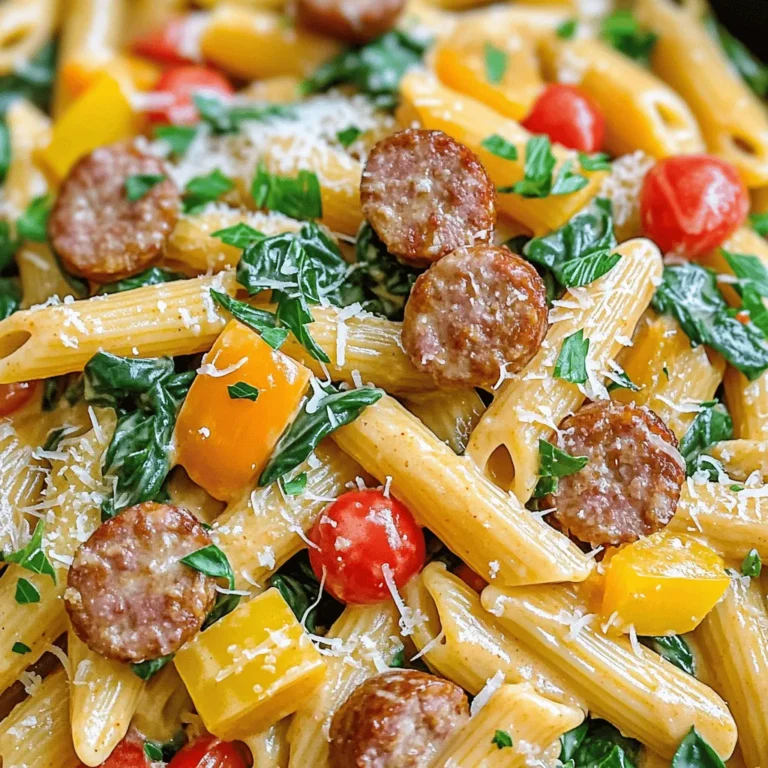 - 340 g Penne Pasta - 450 g geräucherte Wurst, in Scheiben geschnitten - 1 Paprika (rot oder grün), gewürfelt - 1 kleine Zwiebel, gehackt Die Hauptzutaten sind einfach zu finden. Penne Pasta gibt dem Gericht eine tolle Textur. Die geräucherte Wurst sorgt für einen herzhaften Geschmack. Paprika und Zwiebel bringen frische Aromen. Diese Basis macht das Rezept besonders lecker. - 480 ml Hühnerbrühe - 240 ml Schlagsahne Die Hühnerbrühe gibt Tiefe und Geschmack. Sie kocht die Pasta perfekt. Schlagsahne sorgt für eine cremige Konsistenz. Diese Flüssigkeiten verbinden alle Aromen miteinander. Sie machen das Gericht reichhaltig und sättigend. - 1 Teelöffel Cajun-Gewürz (nach Geschmack anpassen) - 150 g Cherrytomaten, halbiert - 100 g frischer oder gefrorener Spinat - 2 Esslöffel Olivenöl - Salz und Pfeffer nach Geschmack Cajun-Gewürz bringt einen würzigen Kick. Cherrytomaten verleihen Süße und Farbe. Spinat fügt Nährstoffe und Frische hinzu. Olivenöl unterstützt das Anbraten der Wurst. Salz und Pfeffer runden den Geschmack ab. Mit diesen Zutaten erschaffst du ein tolles Gericht! - Gemüse schneiden: Beginne mit der Paprika. Schneide sie in kleine Würfel. Hacke dann die Zwiebel fein. Schließlich, schneide den Knoblauch in kleine Stücke. Das Gemüse ist bereit für das Kochen. - Wurst vorbereiten: Nimm die geräucherte Wurst. Schneide sie in dünne Scheiben. Diese Wurst gibt dem Gericht einen tollen Geschmack. - Wurst anbraten: Erhitze das Olivenöl in einem großen Topf. Füge die Wurstscheiben hinzu. Brate sie etwa 5-6 Minuten. Sie sollten schön gebräunt sein. - Gemüse hinzufügen: Gib die gewürfelte Paprika, die Zwiebel und den Knoblauch in den Topf. Saute die Mischung für 3-4 Minuten. Das Gemüse soll weich werden, aber nicht matschig. - Brühe hinzufügen: Gieße die Hühnerbrühe in den Topf. Bring die Mischung zum Kochen. - Pasta kochen: Füge die Penne Pasta hinzu. Reduziere die Hitze und decke den Topf ab. Koche die Pasta für 10-12 Minuten. Rühre ab und zu um, bis sie al dente ist. - Schlagsahne und Gemüse einrühren: Rühre die Schlagsahne in die Pasta. Füge die halbierten Cherrytomaten und den Spinat hinzu. Koche alles für weitere 3-4 Minuten. Der Spinat sollte welken. - Abschmecken und servieren: Schmecke das Gericht mit Salz und Pfeffer ab. Passe die Gewürze nach deinem Geschmack an. Serviere die Pasta heiß. Garniere sie mit geriebenem Parmesan und frischer Petersilie. - Al Dente kochen: Um die perfekte Textur zu erreichen, koche die Penne Pasta nur bis sie al dente ist. Das gibt dir einen leichten Biss. - Flüssigkeitsanpassungen: Achte auf die Menge der Hühnerbrühe. Wenn die Pasta nicht genug Flüssigkeit hat, wird sie trocken. Füge mehr Brühe hinzu, falls nötig. - Cajun-Gewürz nach Geschmack: Der Geschmack von Cajun-Gewürz ist stark. Beginne mit einem Teelöffel, dann taste dich an deinen perfekten Geschmack heran. - Alternativen für Würzmischungen: Wenn du kein Cajun-Gewürz hast, probiere italienische Kräuter oder Paprika für einen anderen Geschmack. - Garnierungen: Frische Petersilie macht das Gericht bunt und frisch. Streue sie großzügig über die Pasta vor dem Servieren. - Serviertipps: Serviere die Pasta heiß mit geriebenem Parmesan. So schmilzt der Käse und das Gericht wird noch cremiger. {{image_4}} Wenn du eine vegetarische Variante der cremigen Cajun Wurst Ein-Topf Pasta möchtest, gibt es tolle Optionen. Du kannst pflanzliche Wurstalternativen nutzen. Diese Produkte haben oft einen ähnlichen Geschmack und eine ähnliche Textur wie echte Wurst. Beliebte Marken bieten verschiedene Sorten an. Außerdem kannst du dein Gemüse aufpeppen. Füge mehr Paprika, Zucchini oder Brokkoli hinzu. Diese Gemüsesorten bringen Farbe und Nährstoffe in dein Gericht. Sie sind auch eine gute Quelle für Ballaststoffe. Die Wahl der Pasta kann einen großen Unterschied machen. Du kannst Penne durch Fusilli oder Farfalle ersetzen. Diese Sorten nehmen die Sauce gut auf. Es gibt auch glutenfreie Variationen. Reisnudeln oder Linsenpasta bieten eine tolle Option für glutenfreie Esser. Achte darauf, die Kochzeit anzupassen. Glutenfreie Pasta kann schneller gar werden. Probiere verschiedene Sorten aus, um deinen Favoriten zu finden. Käse kann dein Gericht noch besser machen. Parmesan ist klassisch, aber du kannst auch Gouda oder Cheddar ausprobieren. Diese Käsesorten geben einen cremigen und herzhaften Geschmack. Denke auch an Gewürze oder Kräuter. Frischer Basilikum oder Thymian bringt eine frische Note. Ein Hauch von Paprika oder Cayennepfeffer kann das Gericht schärfer machen. Experimentiere mit diesen Zutaten, um deinen perfekten Geschmack zu finden. - Kühlschranklagerung: Lass die Pasta auf Raumtemperatur abkühlen. Fülle sie dann in einen luftdichten Behälter. So bleibt sie frisch. - Haltbarkeit der Reste: Die Reste halten sich bis zu 3 Tage im Kühlschrank. Achte darauf, sie gut abzudecken. - Beste Methoden zum Erwärmen: Erhitze die Pasta in einem Topf bei schwacher Hitze. Füge einen Schuss Brühe oder Sahne hinzu. Das macht sie cremig und lecker. - Tipps zur Vermeidung von Überkochen: Rühre die Pasta häufig um, damit sie nicht anbrennt. Halte die Hitze niedrig, um ein Überkochen zu vermeiden. Ja, du kannst die Wurst leicht ersetzen. Du hast viele Optionen! Probier Hähnchenbrust oder Tofu für eine vegetarische Wahl. Auch eine würzige Chorizo bringt einen tollen Geschmack. Achte nur darauf, die Garzeit anzupassen. So bleibt das Gericht lecker und frisch. Die Pasta bleibt im Kühlschrank etwa drei bis fünf Tage frisch. Bewahre sie in einem luftdichten Behälter auf. So bleibt der Geschmack erhalten. Aber achte darauf, sie schnell zu essen. Reste schmecken oft am besten, wenn sie frisch sind! Ja, du kannst dieses Rezept leicht im Voraus machen. Koche die Pasta und das Gemüse wie gewohnt. Lass alles dann abkühlen und stelle es in den Kühlschrank. Wenn du bereit bist zu essen, wärme es einfach auf. Das spart Zeit und macht das Essen stressfrei! Dieses Rezept verbindet einfache Zutaten zu einem leckeren Gericht. Wir haben die Hauptzutaten wie Penne Pasta, Wurst, Paprika und Zwiebel besprochen. Flüssige Zutaten wie Hühnerbrühe und Schlagsahne fügen Geschmack hinzu. Ich habe Tipps für die perfekte Pasta-Konsistenz und Variationen für jeden Geschmack gegeben. Mach dir keinen Stress beim Kochen! Egal ob mit Wurst oder einer vegetarischen Option, du kannst es anpassen. Und mit den richtigen Lager- und Aufwärmtipps bleibt dein Gericht lange frisch. Probier es aus und genieße dein selbstgemachtes Essen!