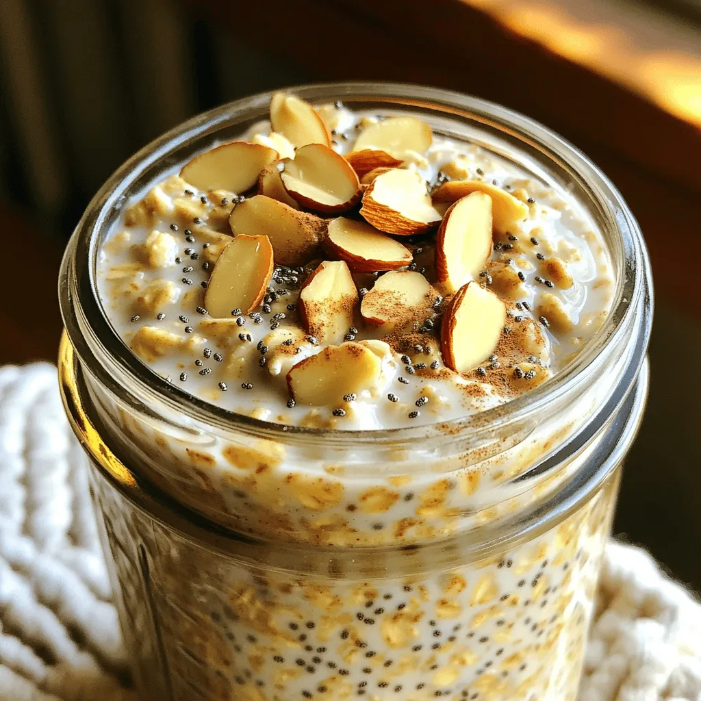 Für die Chai Latte Overnight Oats brauchst du einige einfache, aber leckere Zutaten. Hier sind sie: - 1 Tasse Haferflocken (gerollt) - 1 Tasse ungesüßte Mandelmilch - 1/2 Tasse stark gebrühter Chai-Tee (abgekühlt) - 1 Esslöffel Chiasamen - 1 Esslöffel Ahornsirup (oder Honig) Diese Zutaten bilden die Basis für dein Gericht. Die Haferflocken geben dir die nötige Sättigung. Mandelmilch macht es cremig und leicht. Der Chai-Tee bringt den charakteristischen Geschmack. Jetzt kommen die Gewürze, die deinen Overnight Oats das besondere Etwas verleihen: - 1/2 Teelöffel gemahlener Zimt - 1/4 Teelöffel gemahlener Ingwer - 1/4 Teelöffel Kardamom - Eine Prise schwarzer Pfeffer Diese Gewürze machen den Chai-Geschmack stark und warm. Zimt und Ingwer sind Klassiker in Chai. Kardamom fügt einen Hauch von Frische hinzu. Der schwarze Pfeffer sorgt für einen kleinen Kick. Du kannst die Oats nach dem Kühlen noch weiter verfeinern. Hier sind einige tolle Toppings: - Geschnittene Mandeln - Getrocknete Früchte - Kokosnussflocken - Eine Prise Zimt Diese Toppings machen die Overnight Oats noch leckerer und ansprechender. Sie bringen zusätzliche Textur und Geschmack. Du kannst kreativ sein und deine Lieblingstoppings verwenden. Zuerst, hole dir eine große Schüssel oder ein Einmachglas. Du brauchst: - 1 Tasse Haferflocken (gerollt) - 1 Tasse ungesüßte Mandelmilch - 1/2 Tasse stark gebrühter, abgekühlter Chai-Tee - 1 Esslöffel Chiasamen - 1 Esslöffel Ahornsirup (oder Honig) - 1/2 Teelöffel gemahlener Zimt - 1/4 Teelöffel gemahlener Ingwer - 1/4 Teelöffel Kardamom - Eine Prise schwarzer Pfeffer Diese Zutaten sind die Basis für deine Chai Latte Overnight Oats. Gib die Haferflocken, Chiasamen und alle Gewürze in die Schüssel. Mische alles gut. Dann, gieße den abgekühlten Chai-Tee und die Mandelmilch dazu. Füge den Ahornsirup oder Honig hinzu. Rühre alles gut durch. Die Mischung sollte gleichmäßig und cremig sein. Alle Haferflocken müssen gut in der Flüssigkeit sein. Jetzt kommt der wichtigste Teil: die Kühlung. Decke die Schüssel oder das Glas ab. Stelle es für mindestens 4 Stunden oder besser über Nacht in den Kühlschrank. Diese Zeit hilft, dass die Haferflocken weich werden und die Aromen sich gut entfalten. Am nächsten Morgen rühre die Haferflocken gut um. Wenn die Mischung zu dick ist, füge etwas mehr Mandelmilch hinzu. Du kannst sie in einer Schüssel oder einem Glas servieren. Garniere deine Overnight Oats nach Wunsch. Verwende dazu geschnittene Mandeln, getrocknete Früchte, Kokosnussflocken oder einen Hauch Zimt. So wird dein Frühstück nicht nur lecker, sondern auch schön anzusehen! Wähle am besten gerollte Haferflocken. Sie sind weich und nehmen die Flüssigkeit gut auf. Vermeide Instant-Haferflocken. Sie werden zu matschig. Achte darauf, dass die Flocken frisch sind. So schmecken sie am besten. Du kannst die Süße anpassen. Benutze mehr Ahornsirup oder Honig, wenn du es süßer magst. Probiere auch andere Gewürze. Vanille oder Muskatnuss geben eine besondere Note. Für einen schärferen Geschmack füge mehr Ingwer oder Pfeffer hinzu. Wenn die Haferflocken zu dick sind, füge mehr Mandelmilch hinzu. Rühre sie gut durch, um die richtige Cremigkeit zu erreichen. Wenn du es cremiger magst, benutze weniger Haferflocken. Lass die Mischung auch länger im Kühlschrank, um sie weicher zu machen. {{image_4}} Wenn Sie keine Mandelmilch mögen, probieren Sie andere milde Pflanzenmilch. Soja-, Hafer- oder Kokosmilch passen gut. Diese Alternativen bringen ihren eigenen Geschmack in die Overnight Oats. Soja-Milch ist cremig, während Hafer-Milch süßlich ist. Kokosmilch gibt eine tropische Note. Wählen Sie die Milch, die Ihnen am besten gefällt. Anstelle von Ahornsirup oder Honig können Sie andere Süßstoffe verwenden. Agavendicksaft ist eine gute Wahl für vegane Oats. Auch Kokosblütenzucker oder Stevia sind möglich. Diese Süßstoffe verändern den Geschmack leicht, aber das Ergebnis bleibt lecker. Experimentieren Sie mit verschiedenen Süßungsmitteln, um Ihre perfekte Mischung zu finden. Die Gewürze in diesem Rezept sind wichtig, aber Sie können kreativ sein. Fügen Sie Muskatnuss oder Nelken für einen neuen Twist hinzu. Auch Vanilleextrakt kann eine schöne Note bringen. Achten Sie darauf, die Gewürze in kleinen Mengen hinzuzufügen. So finden Sie die perfekte Balance für Ihren Geschmack. Seien Sie mutig und probieren Sie neue Kombinationen! Bewahren Sie Ihre Chai Latte Overnight Oats in einem luftdichten Behälter auf. Ein Einmachglas funktioniert hervorragend. Achten Sie darauf, dass der Deckel fest sitzt. Dadurch bleibt die Frische erhalten. Lagern Sie die Haferflocken im Kühlschrank. So bleiben sie kühl und lecker. Chai Latte Overnight Oats halten sich bis zu fünf Tage im Kühlschrank. Nach drei Tagen schmecken sie am besten. Ich empfehle, sie vor dem Verzehr gut umzurühren. Wenn sie zu dick sind, fügen Sie etwas Mandelmilch hinzu. So bleibt die Textur angenehm cremig. Wenn Sie eine neue Runde machen, probieren Sie verschiedene Gewürze. Fügen Sie z.B. Muskatnuss oder Vanille hinzu. Sie können auch die Milchart ändern. Kokosmilch oder Sojamilch sind gute Optionen. Experimentieren Sie mit Toppings. Geschnittene Mandeln oder Trockenfrüchte bringen Abwechslung. So bleiben Ihre Overnight Oats spannend und lecker. Chai Latte Overnight Oats halten sich im Kühlschrank bis zu fünf Tage. Sie bleiben frisch und lecker. Ich empfehle, sie in einem luftdichten Behälter zu lagern. So bleiben sie länger frisch. Wenn du eine große Menge machst, kannst du sie gut portionieren. Ja, du kannst die Zutaten leicht im Voraus vorbereiten. Mische alles in einem Glas oder einer Schüssel. Dann stellst du es einfach über Nacht in den Kühlschrank. So hast du am Morgen ein schnelles Frühstück. Ja, Overnight Oats sind eine gesunde Wahl. Sie sind reich an Ballaststoffen und halten dich lange satt. Die Haferflocken liefern dir wichtige Nährstoffe. Zudem enthalten die Gewürze in Chai Latte viele Antioxidantien. Sie sind gut für deinen Körper und dein Wohlbefinden. Du kannst viele verschiedene Getränke verwenden. Milch, Sojamilch oder Hafermilch sind gute Optionen. Auch Kokosmilch bringt einen tollen Geschmack. Experimentiere mit verschiedenen Getränken, um deine perfekte Mischung zu finden. Chai Latte Overnight Oats bieten einen leckeren und nahrhaften Start in den Tag. Wir haben die besten Zutaten und Gewürze besprochen, um Geschmack hinzuzufügen. Ich habe einen klaren Prozess zur Zubereitung dargelegt, damit du die perfekte Konsistenz erreichst. Tipps zur Auswahl der besten Haferflocken helfen dir bei der Anpassung an deine Vorlieben. Variationen mit Milch und Süßung machen das Rezept vielseitig. Lagere deine Oats richtig für eine längere Haltbarkeit. Probiere diese aus und genieße jedes Mal das Ergebnis!