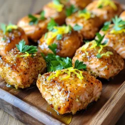 Für die Lachs Bissen brauchen Sie: - 450 g frisches Lachsfilet, ohne Haut und in mundgerechte Stücke geschnitten - 2 Esslöffel Olivenöl - 1 Esslöffel Zitronensaft - 1 Teelöffel Zitronenschale - 1 Teelöffel schwarzer Pfeffer - 1 Teelöffel Knoblauchpulver - 1 Teelöffel Zwiebelpulver - 1 Teelöffel geräucherter Paprika - Salz nach Geschmack Diese Zutaten geben dem Lachs den perfekten Geschmack. Der Lachs ist die Hauptzutat, also wählen Sie ihn sorgfältig aus. Für die Marinade verwenden Sie: - Olivenöl - Zitronensaft - Zitronenschale - Schwarzer Pfeffer - Knoblauchpulver - Zwiebelpulver - Geräucherter Paprika - Salz Die Marinade macht den Lachs saftig und lecker. Die Kombination aus Zitronensaft und Gewürzen gibt dem Lachs einen frischen Geschmack. Um die Bissen zu garnieren, benötigen Sie: - Frische Petersilie, gehackt Die Petersilie sorgt für Farbe und Frische. Sie sieht nicht nur schön aus, sondern gibt auch einen zusätzlichen Geschmack. Zuerst nehmen Sie das frische Lachsfilet. Schneiden Sie es in mundgerechte Stücke von etwa 2,5 cm. Tupfen Sie die Lachsstücke mit einem Papiertuch trocken. Das hilft, die Bissen knusprig zu machen. In einer großen Schüssel vermengen Sie Olivenöl, Zitronensaft, Zitronenschale, schwarzen Pfeffer, Knoblauchpulver, Zwiebelpulver, geräucherten Paprika und etwas Salz. Rühren Sie alles gut um, bis es gut vermischt ist. Fügen Sie die Lachsstücke hinzu und wenden Sie sie vorsichtig, bis sie gleichmäßig mit der Marinade bedeckt sind. Lassen Sie die Marinade für 15-20 Minuten einziehen. Während der Lachs mariniert, heizen Sie den Air Fryer auf 200°C vor. Das dauert nur etwa fünf Minuten. So ist er bereit, wenn der Lachs fertig ist. Sprühen Sie den Korb des Air Fryers leicht mit einem antihaftbeschichteten Kochspray ein. Legen Sie die marinierten Lachsstücke in einer einzigen Schicht in den Korb. Wenn Ihr Air Fryer klein ist, arbeiten Sie in mehreren Durchgängen. Frittieren Sie die Bissen für 8-10 Minuten. Wenden Sie sie nach der Hälfte der Garzeit, damit sie gleichmäßig garen. Der Lachs sollte undurchsichtig sein und sich leicht mit einer Gabel zerteilen lassen. Wenn nötig, garen Sie ihn 1-2 Minuten länger, bis er perfekt ist. Nehmen Sie die Lachsbissen aus dem Air Fryer und legen Sie sie auf eine Servierplatte. Garnieren Sie die Bissen mit frischer, gehackter Petersilie. Dies gibt Farbe und einen frischen Geschmack. Genießen Sie die knusprigen Lachs Bissen! Um deine Lachs Bissen extra knusprig zu machen, achte auf zwei Dinge. Erstens, tupfe die Lachsstücke gut trocken. Feuchtigkeit macht sie weich. Zweitens, nutze ein antihaftbeschichtetes Kochspray für den Air Fryer. Das hilft, den perfekten Crunch zu erreichen. Die Marinierzeit ist wichtig für den Geschmack. Lass die Lachsstücke mindestens 15 Minuten marinieren. So ziehen die Aromen gut ein. Du kannst die Marinade auch länger einwirken lassen. Aber übertreibe es nicht, da der Lachs sonst zu weich werden kann. Wähle frisches Lachsfilet von guter Qualität. Achte darauf, dass es eine leuchtende Farbe hat. Der Geruch sollte frisch und mild sein. Wildfanglachs hat oft einen besseren Geschmack, ist aber teurer. Zuchtlachs ist eine gute Alternative, wenn du auf den Preis achtest. {{image_4}} Wenn Sie keinen Zitronenpfeffer haben, probieren Sie andere Gewürze. Paprika gibt eine süße Note. Auch italienische Kräuter passen gut. Knoblauchpulver bringt mehr Geschmack. Verwenden Sie einfach, was Ihnen gefällt. Es gibt viele Gewürze, die Sie verwenden können. Cayennepfeffer gibt Schärfe. Dill bringt einen frischen Geschmack. Kräuter der Provence sind eine tolle Wahl. Experimentieren Sie mit verschiedenen Kombinationen. So finden Sie Ihre Lieblingsmischung. Dieses Rezept ist schon glutenfrei, da es keine glutenhaltigen Zutaten hat. Achten Sie darauf, dass Ihr Gewürzmix auch glutenfrei ist. Sie können auch die Menge des Öls reduzieren, wenn Sie Fett sparen möchten. Für eine proteinreiche Diät können Sie die Lachsstücke größer schneiden. Wenn Sie Lachs-Bissen übrig haben, speichern Sie sie in einem luftdichten Behälter. Lassen Sie die Stücke abkühlen, bevor Sie sie einpacken. So bleiben sie frisch. Im Kühlschrank halten sie sich bis zu drei Tage. Diese Methode bewahrt den Geschmack und die Textur gut. Für eine längere Lagerung können Sie die Lachs-Bissen einfrieren. Legen Sie die abgekühlten Stücke in einen gefrierfesten Behälter oder einen Beutel. Achten Sie darauf, die Luft herauszudrücken. So gefrieren sie besser. Eingefroren sind sie bis zu drei Monate haltbar. Denken Sie daran, die Bissen vor dem Kochen vollständig aufzutauen. Um die Lachs-Bissen wieder aufzuwärmen, nutzen Sie am besten den Air Fryer. Stellen Sie ihn auf 180°C (356°F) ein. Legen Sie die Bissen in den Korb und erhitzen Sie sie für etwa 5 Minuten. So werden sie wieder knusprig und lecker. Vermeiden Sie die Mikrowelle, da sie die Textur verändern kann. Du kannst die Lachs Bissen bis zu 24 Stunden im Voraus zubereiten. Marinier die Lachsstücke und bewahre sie in einem luftdichten Behälter im Kühlschrank auf. So ziehen die Aromen gut ein. Vor dem Frittieren solltest du den Lachs auf Raumtemperatur bringen. Ja, du kannst andere Fischsorten wie Forelle oder Kabeljau verwenden. Diese Fische haben eine ähnliche Textur und werden gut in der Air Fryer. Achte darauf, die Garzeit anzupassen, da verschiedene Fische unterschiedlich schnell garen. Wenn dein Lachs nicht knusprig wird, könnte das mehrere Gründe haben. Zu viel Feuchtigkeit kann die Knusprigkeit verhindern. Stelle sicher, dass du die Lachsstücke gut abtrocknest, bevor du sie marinierst. Auch das Überladen des Air Fryers kann die Knusprigkeit verringern. Frittiere die Bissen in kleinen Mengen. Du kannst den Geschmack leicht anpassen, indem du verschiedene Gewürze verwendest. Probiere andere Kräuter wie Dill oder Rosmarin. Für eine schärfere Note füge etwas Cayennepfeffer hinzu. Du kannst auch den Zitronensaft durch Limettensaft ersetzen, um einen anderen Geschmack zu erzielen. Die Lachs Bissen sind einfach zuzubereiten und sehr lecker. Wir haben die wichtigsten Zutaten, die Schritt-für-Schritt-Anleitung und viele nützliche Tipps geteilt. Variationen und Lagerungshinweise helfen dir, deine Bissen perfekt anzupassen. Denke daran, die Marinade gut zu nutzen und die Garzeit genau zu prüfen. Mit diesen Ideen kannst du köstliche Lachs Bissen genießen. Experimentiere und finde deinen persönlichen Favoriten!