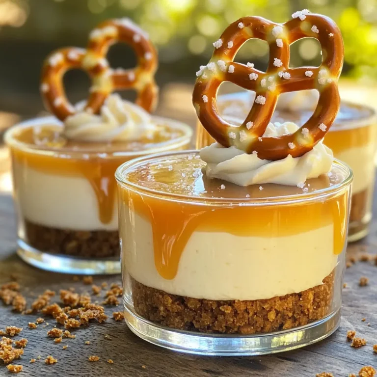 - 1 Tasse zerdrückte Brezeln - 1/4 Tasse Zucker - 1/2 Tasse ungesalzene Butter, geschmolzen - 8 oz Frischkäse, weich - 1/2 Tasse Puderzucker - 1 Tasse Schlagsahne - 1 Teelöffel Vanilleextrakt - 1/2 Tasse Karamellsauce (aus dem Laden oder selbstgemacht) - Meersalz, zum Bestreuen - Extra Brezeln, zur Dekoration Wähle frischen Frischkäse für die beste Textur. Achte darauf, dass der Frischkäse weich ist. Dies hilft, eine glatte Mischung zu erhalten. Verwende hochwertige Karamellsauce. Das verstärkt den Geschmack. Für die Brezeln nimm große, knusprige Brezeln. Sie geben der Kruste guten Crunch. Bei der Schlagsahne wähle eine mit hohem Fettgehalt. Das sorgt für eine bessere Stabilität. Für eine glutenfreie Version nutze glutenfreie Brezeln. Es gibt viele Marken, die sie anbieten. Wenn du vegan bist, ersetze den Frischkäse durch einen veganen Aufstrich. Verwende Kokoscreme anstelle von Schlagsahne. Für eine zuckerfreie Option benutze einen Zuckerersatz. Achte darauf, dass die Karamellsauce ebenfalls zuckerfrei ist. So kannst du alle genießen, ohne auf den Geschmack zu verzichten. Um die Brezelkruste zu machen, mischen Sie zuerst die zerdrückten Brezeln, den Zucker und die geschmolzene Butter in einer Schüssel. Rühren Sie alles gut um, bis die Brezeln gleichmäßig mit Butter und Zucker bedeckt sind. Nehmen Sie ein Servierglas oder eine kleine Schüssel. Geben Sie etwa 2 Esslöffel der Mischung hinein. Drücken Sie die Mischung sanft zusammen, um eine feste Kruste zu bilden. Für die Käsekuchenfüllung nehmen Sie eine separate Schüssel. Schlagen Sie den weichen Frischkäse und den Puderzucker mit einem Handmixer glatt. In einer weiteren Schüssel schlagen Sie die Schlagsahne, bis weiche Spitzen entstehen. Falten Sie die Schlagsahne vorsichtig in die Frischkäsemischung. Rühren Sie dann den Vanilleextrakt unter, um den Geschmack zu verbessern. Jetzt ist es Zeit, die Dessertcups zu schichten. Geben Sie die Hälfte der Käsekuchenmischung auf die Brezelkruste in jedem Glas. Träufeln Sie einen Esslöffel Karamellsauce gleichmäßig über die Käsekuchen-Schicht. Fügen Sie dann die restliche Käsekuchenmischung hinzu, um eine zweite Schicht zu bilden. Beenden Sie die Cups mit einer großzügigen Portion Karamellsauce oben. Bestreuen Sie die Oberseite leicht mit Meersalz. Lassen Sie die Cups für mindestens 2 Stunden im Kühlschrank ruhen, damit sie fest werden. Um die perfekte Käsekuchenfüllung zu erzielen, achte auf die Temperaturen. Frischkäse sollte weich und bei Raumtemperatur sein. So vermischt er sich besser mit dem Puderzucker. Schlage die Sahne separat, bis sie weiche Spitzen hat. Füge die Sahne vorsichtig zur Frischkäsemischung hinzu. Das sorgt für eine luftige Konsistenz. Vermeide es, zu stark zu rühren, um die Luftigkeit nicht zu verlieren. Die Präsentation ist wichtig! Für festliche Anlässe kannst du die Cups mit Schokoladenspänen oder bunten Streuseln dekorieren. Eine ganze Brezel obenauf gibt einen schönen Kontrast zur Cremigkeit. Ein zusätzlicher Tropfen Karamellsauce macht die Cups noch ansprechender. Frische Früchte wie Erdbeeren oder Himbeeren sind ebenfalls eine tolle Ergänzung. Achte darauf, die Zutaten genau zu messen. Zu viel Butter in der Kruste kann sie zu weich machen. Wenn die Käsekuchenfüllung zu fest wird, kann das an zu viel Rühren liegen. Lass die Cups immer genügend Zeit im Kühlschrank, damit sie fest werden. Und vergiss nicht, das Meersalz gleichmäßig zu verteilen. So bekommst du den perfekten salzigen Geschmack. {{image_4}} Du kannst Schokolade einfach in dein Rezept einbauen. Füge 1/4 Tasse Kakao zu deiner Käsekuchenfüllung hinzu. Das gibt dem Dessert einen tollen, schokoladigen Geschmack. Du kannst auch geschmolzene Schokolade in die Füllung mischen. Für eine schokoladige Kruste, ersetze die Brezeln durch zerstoßene Schokoladenkekse. So wird dein Cheesecake noch schokoladiger. Früchte sind eine hervorragende Ergänzung für diese Cups. Du kannst pürierte Erdbeeren oder Himbeeren unter die Käsekuchenfüllung mischen. Das gibt einen frischen, süßen Geschmack. Eine andere Idee ist, frische Früchte auf die Karamellsauce zu legen. Das sieht nicht nur toll aus, sondern gibt auch einen fruchtigen Kick. Du kannst auch Fruchtsoßen als Topping verwenden. Für eine glutenfreie Version der Cheesecake Cups, kannst du glutenfreie Brezeln verwenden. Diese sind in vielen Geschäften erhältlich. Auch die Karamellsauce ist oft glutenfrei, achte jedoch auf die Zutaten. Um sicherzugehen, dass alles glutenfrei ist, prüfe die Etiketten der Produkte, die du verwendest. Das macht es einfach, dieses leckere Dessert für alle zugänglich zu machen. Um die No-Bake Salted Caramel Pretzel Cheesecake Cups frisch zu halten, lege sie in den Kühlschrank. Verwende dafür einen luftdichten Behälter. Diese Dessertcups können bis zu drei Tage im Kühlschrank aufbewahrt werden. Stelle sicher, dass sie gut abgedeckt sind, damit sie keine anderen Gerüche aufnehmen. Die Haltbarkeit dieser Cheesecake Cups hängt von den Zutaten ab. Die Brezelkruste bleibt knusprig, wenn sie kühl bleibt. Achte darauf, die Karamellsauce erst kurz vor dem Servieren hinzuzufügen. Das verhindert, dass die Kruste weich wird. Du kannst die Cups auch einfrieren, aber die Textur wird sich ändern. Wenn du sie einfrierst, lass sie im Kühlschrank auftauen, bevor du sie servierst. Diese Dessertcups sind perfekt für Partys. Du kannst sie bis zu zwei Tage im Voraus zubereiten. Schichte die Brezelkruste und Käsekuchenfüllung, aber füge die Karamellsauce und das Meersalz erst kurz vor dem Servieren hinzu. So bleiben die Cups frisch und die Kruste knusprig. Bereite auch einige extra Brezeln für die Dekoration vor, damit sie toll aussehen! Die Cheesecake Cups müssen mindestens 2 Stunden im Kühlschrank stehen. Diese Zeit hilft der Füllung, fest zu werden. Wenn du sie länger stehen lässt, wird der Geschmack sogar noch besser. Ich empfehle, sie über Nacht zu kühlen, wenn du Zeit hast. So kannst du sicherstellen, dass sie die perfekte Konsistenz haben. Ja, du kannst die Karamellsauce selbst machen. Es ist einfach und schmeckt fantastisch. Du brauchst Zucker, Wasser, Butter und Sahne. Koche den Zucker und das Wasser, bis es goldbraun wird. Füge dann die Butter und Sahne hinzu und rühre gut. Lass die Sauce abkühlen, bevor du sie verwendest. Selbstgemachte Karamellsauce verleiht deinen Cheesecake Cups einen tollen Geschmack! Um die Süße deiner Cheesecake-Mischung anzupassen, kannst du den Puderzucker reduzieren oder erhöhen. Wenn du es weniger süß magst, nimm weniger Puderzucker. Du kannst auch etwas Zitronensaft hinzufügen, um die Süße auszugleichen. Probiere die Mischung vor dem Schichten, um sicherzustellen, dass sie dir gefällt. So hast du die volle Kontrolle über den Geschmack deiner Cheesecake Cups! In diesem Artikel haben wir alles über die Zubereitung von Käsekuchen-Cups behandelt. Wir haben die besten Zutaten, deren Auswahl und Alternativen besprochen. Die Schritt-für-Schritt-Anleitung zeigt, wie man die Brezelkruste und Füllung zubereitet. Tipps helfen Ihnen, perfekte Konsistenzen zu erreichen und Fehler zu vermeiden. Variationen und Lagerung geben Ihnen kreative Ideen. Denken Sie daran, diese Desserts sind vielseitig und können leicht anpassen werden. Genießen Sie Ihre Kreationen zu besonderen Anlässen!