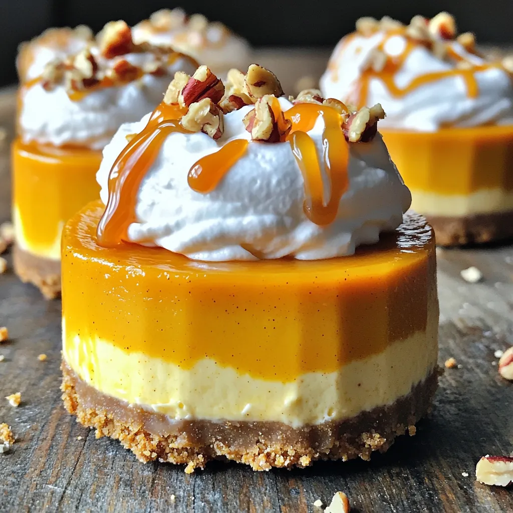 Für die No-Bake Pumpkin Cheesecake Cups braucht man einige einfache Zutaten: - 1 Tasse Graham-Cracker-Brösel - 4 Esslöffel ungesalzene Butter, geschmolzen - 2 Tassen Frischkäse, weich - 1 Tasse Kürbispüree - 1 Tasse Puderzucker - 1 Teelöffel Vanilleextrakt - 1 Teelöffel Kürbiskuchengewürz - 1 Tasse Schlagsahne (aus dem Geschäft oder selbstgemacht) - Optional: Karamellsauce zum Drizzeln, gehackte Pekannüsse zum Bestreuen Diese Zutaten machen den Cheesecake reich und cremig. Der Kürbis gibt ihm eine schöne Farbe und einen tollen Geschmack. Wenn du keine Graham-Cracker hast, kannst du Kekse wie Digestives oder Butterkekse verwenden. Für die Schlagsahne kannst du auch eine pflanzliche Variante nutzen. Wenn du keinen Frischkäse magst, probiere Mascarpone oder Quark. Das Kürbispüree kann auch durch Süßkartoffelpüree ersetzt werden. Sei kreativ und passe die Zutaten an deinen Geschmack an. Hier sind die Geräte, die du brauchst, um diesen leckeren Cheesecake zu machen: - Eine mittelgroße Schüssel für die Kruste - Eine große Rührschüssel für die Füllung - Ein elektrischer Mixer, um alles gut zu vermengen - Esslöffel und Teelöffel zum Abmessen - Servierbecher oder Gläser für die Präsentation Diese Geräte helfen dir, die Schritte einfach und schnell auszuführen. Du wirst sehen, es ist ganz leicht, köstliche Cheesecake Cups zu machen! Für die Graham-Cracker-Kruste mische zuerst die Brösel mit der geschmolzenen Butter. Nimm eine mittelgroße Schüssel. Gib die Brösel hinein und füge die Butter hinzu. Rühre gut um, bis die Brösel gleichmäßig mit der Butter überzogen sind. Die Mischung sollte sandig sein. Jetzt brauchst du zwei Esslöffel dieser Mischung für jeden Becher. Fülle die Becher mit der Mischung und drücke sie sanft an. So entsteht eine feste Kruste. Stelle die Becher dann in den Kühlschrank, während du die Füllung machst. Für die Füllung nimm eine große Rührschüssel. Schlage den weichen Frischkäse mit einem elektrischen Mixer, bis er cremig ist. Füge dann das Kürbispüree, den Puderzucker, den Vanilleextrakt und das Kürbiskuchengewürz hinzu. Mixe alles, bis die Mischung glatt ist. Jetzt kommt der wichtigste Teil. Hebe vorsichtig die Schlagsahne unter die Füllung. Das sorgt für eine leichte, luftige Textur. Sei sanft, damit die Luftigkeit bleibt. Wenn alles gut vermischt ist, verteile die Füllung gleichmäßig auf die Becher. Glatte die Oberseite der Füllung mit einem Spatel. Decke die Becher mit Frischhaltefolie ab und stelle sie für mindestens vier Stunden in den Kühlschrank. So werden sie fest und lecker. Vor dem Servieren kannst du die Becher mit Karamellsauce beträufeln. Gehackte Pekannüsse geben einen extra Biss. Diese Cheesecake Cups sehen toll aus und schmecken himmlisch! Um die beste Konsistenz zu erreichen, achte darauf, den Frischkäse gut zu mixen. Er sollte weich sein, damit er sich gut verbindet. Das Kürbispüree und der Puderzucker müssen gleichmäßig untergemischt werden. Wenn du die Schlagsahne unterhebst, mache das vorsichtig. So bleibt die Füllung leicht und luftig. Schichte die Zutaten in deinen Bechern mit Sorgfalt. Beginne mit der Graham-Cracker-Kruste, indem du die Mischung gut andrückst. Die Füllung darauf sollte gleichmäßig verteilt sein. Verwende einen Spatel, um die Oberseite glatt zu streichen. Das sorgt für eine schöne Präsentation und gleichmäßige Portionen. Das Dekorieren macht Spaß und gibt jedem Dessert den letzten Schliff. Du kannst Karamellsauce großzügig über die Füllung träufeln. Gehackte Pekannüsse fügen einen tollen Crunch hinzu. Du kannst auch etwas Zimt oder Muskatnuss darüber streuen. Das gibt dem Ganzen einen festlichen Touch. {{image_4}} Um vegane No-Bake Pumpkin Cheesecake Cups zu machen, brauchen Sie einige Ersatzstoffe. Verwenden Sie anstelle von Frischkäse einen veganen Frischkäse oder Seidentofu. Diese Optionen bieten die gleiche cremige Textur. Für die Schlagsahne können Sie Kokoscreme oder Soja-Sahne nutzen. Diese Zutaten geben dem Dessert einen köstlichen, reichhaltigen Geschmack. Vergessen Sie nicht, die Butter durch vegane Margarine zu ersetzen. So bleibt das Rezept ganz pflanzlich und lecker. Sie können die Füllung leicht variieren. Probieren Sie zum Beispiel Schokoladenkäsekuchen oder Erdbeerkäsekuchen aus. Für Schokoladenfüllung mischen Sie einfach geschmolzene Schokolade in die Käsekuchenmasse. Für Erdbeeren pürieren Sie frische Erdbeeren und rühren sie unter die Füllung. Beide Varianten sind einfach und bringen frische Aromen in die Cups. Sie können auch andere Früchte wie Himbeeren oder Heidelbeeren verwenden. Die Möglichkeiten sind fast endlos. Für saisonale Geschmäcker können Sie verschiedene Gewürze und Zutaten hinzufügen. Im Winter passen Zimt und Muskatnuss perfekt. Im Frühling könnten Sie Zitronenschale und Limettensaft hinzufügen. Das gibt den Cups einen frischen und spritzigen Geschmack. Im Sommer können Sie frische Beeren oder Minze verwenden. Im Herbst bleibt das Kürbiskuchengewürz ideal, aber fügen Sie auch etwas Apfelmus hinzu. So bleibt Ihr Dessert immer spannend und lecker. Bewahre die No-Bake Pumpkin Cheesecake Cups in einem luftdichten Behälter im Kühlschrank auf. So bleiben sie frisch und lecker. Du kannst sie auch in den Bechern lassen, in denen du sie zubereitet hast. Achte darauf, sie gut abzudecken. Damit vermeidest du, dass sie Gerüche aus dem Kühlschrank aufnehmen. Die Cheesecake Cups bleiben im Kühlschrank bis zu fünf Tage haltbar. Du kannst sie also im Voraus machen. Das ist ideal, wenn du Gäste erwartest oder einfach etwas Leckeres für dich selbst haben möchtest. Nach ein paar Tagen wird die Kruste etwas weicher. Das ändert aber nichts am Geschmack. Wenn du die Cheesecake Cups länger aufbewahren möchtest, kannst du sie einfrieren. Stelle sicher, dass sie gut verpackt sind. Verwende Frischhaltefolie und dann einen Gefrierbeutel oder -behälter. So bleibt die Frische erhalten. Im Gefrierschrank halten sie bis zu zwei Monate. Um sie zu genießen, lasse sie einfach im Kühlschrank auftauen. Ja, du kannst eine andere Keksbasis verwenden. Du hast viele Optionen. Zum Beispiel, probiere Schokoladenkekse oder Haferkekse. Diese bringen einen neuen Geschmack. Verwende einfach die gleiche Menge wie die Graham-Cracker-Brösel. Achte darauf, die Kekse gut zu zerbröseln. So schaffst du eine gute Kruste. Du kannst Frischkäse mit einer pflanzlichen Alternative ersetzen. Nutze zum Beispiel veganen Frischkäse oder Seidentofu. Diese Optionen sind großartig für eine pflanzliche Version. Achte darauf, die gleiche Menge zu verwenden. Es kann den Geschmack leicht verändern, aber die Textur bleibt gleich. Ja, die Süße lässt sich leicht anpassen. Füge mehr oder weniger Puderzucker hinzu. Du kannst auch Honig oder Ahornsirup verwenden. Achte darauf, die Menge für den Geschmack zu testen. Beginne mit weniger und füge nach Bedarf mehr hinzu. So findest du die perfekte Balance für deinen Gaumen. Dieser Beitrag hat Ihnen gezeigt, wie Sie einen leckeren No-Bake Pumpkin Cheesecake zubereiten. Wir haben die Hauptzutaten, Alternativen und die nötigen Geräte besprochen. Zudem fanden Sie eine einfache Schritt-für-Schritt-Anleitung. Ich habe Tipps für die perfekte Konsistenz und schicke Deko-Ideen gegeben. Denken Sie an Variationen und Lagerung des Cheescakes. Mit diesen Informationen sind Sie gut gerüstet, um dieses Dessert zu meistern! Viel Spaß beim Ausprobieren!