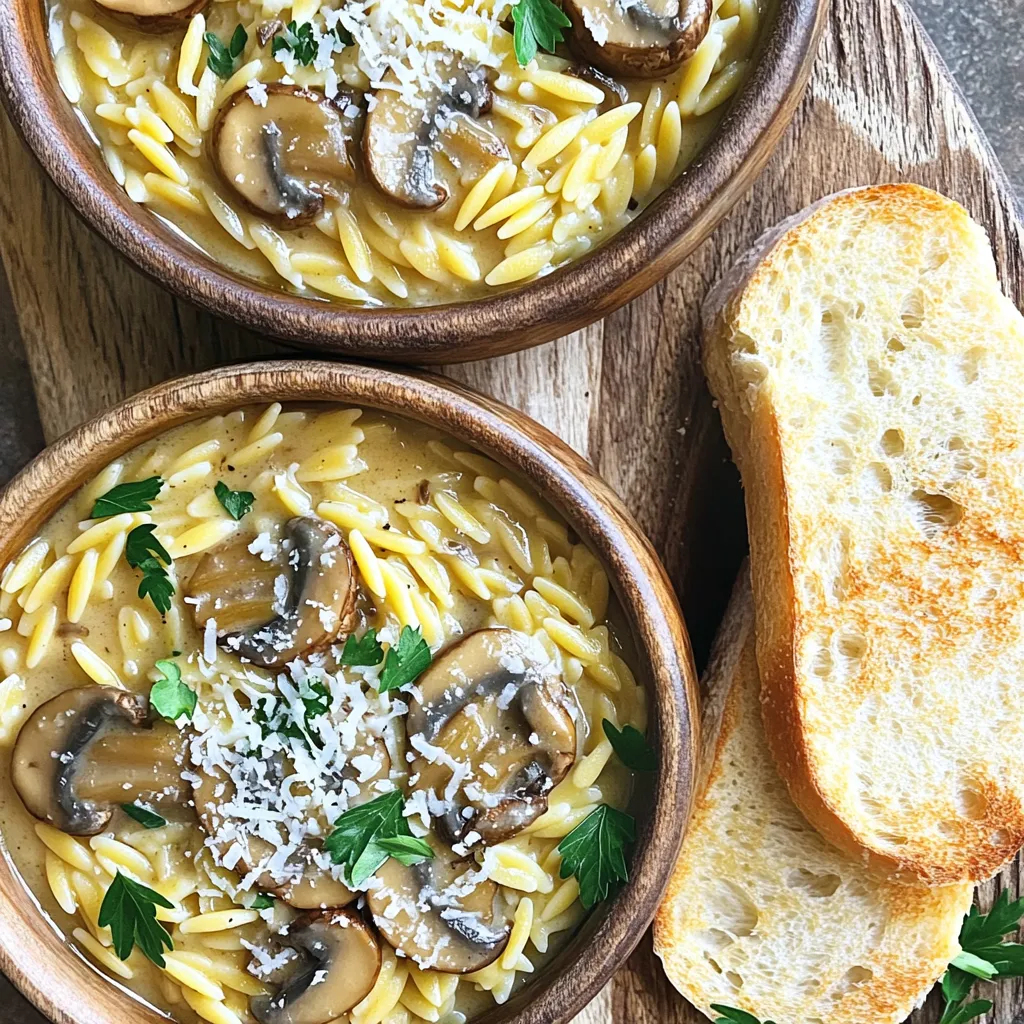 Um die One-Pot Creamy Mushroom Parmesan Orzo zuzubereiten, benötigst du folgende Zutaten: - 1 Tasse Orzo-Pasta - 2 Esslöffel Olivenöl - 1 mittelgroße Zwiebel, fein gehackt - 2 Knoblauchzehen, gehackt - 225 Gramm Pilze, in Scheiben geschnitten (z.B. Cremini oder Champignon) - 4 Tassen Gemüsebrühe - 1 Tasse Sahne (oder Kokoscreme für eine leichtere Variante) - 1 Tasse geriebener Parmesan - 1 Teelöffel getrockneter Thymian - Salz und Pfeffer nach Geschmack - Frische Petersilie, gehackt (zum Garnieren) Die Qualität der Zutaten ist wichtig. Verwende frische Pilze, um den besten Geschmack zu erzielen. Achte darauf, dass die Zwiebel fest und ohne Druckstellen ist. Für den Parmesan solltest du frisch geriebenen Käse wählen, da er mehr Geschmack bietet als der vorgeriebene. Hochwertiges Olivenöl verbessert die Aromen und macht das Gericht reichhaltiger. Gemüsebrühe aus frischem Gemüse ist ebenfalls eine gute Wahl. Wenn du eine leichtere Variante möchtest, kannst du die Sahne durch Kokoscreme ersetzen. Dies gibt dem Gericht eine subtile Süße. Du kannst auch andere Pilzsorten wie Shiitake oder Portobello wählen, um verschiedene Geschmäcker zu probieren. Wenn du vegan kochen möchtest, lasse den Parmesan weg oder verwende einen pflanzlichen Käseersatz. Statt Gemüsebrühe kannst du auch Wasser verwenden, aber das Gericht wird dann weniger aromatisch. Um dein Gericht richtig zuzubereiten, beginne mit den Zutaten. Hier ist, was du brauchst: - 1 Tasse Orzo-Pasta - 2 Esslöffel Olivenöl - 1 mittelgroße Zwiebel, fein gehackt - 2 Knoblauchzehen, gehackt - 225 Gramm Pilze, in Scheiben geschnitten - 4 Tassen Gemüsebrühe - 1 Tasse Sahne - 1 Tasse geriebener Parmesan - 1 Teelöffel getrockneter Thymian - Salz und Pfeffer - Frische Petersilie, gehackt Stelle sicher, dass alle Zutaten bereit sind. Dies macht die Zubereitung schnell und einfach. 1. Erhitze das Olivenöl in einem großen Topf bei mittlerer Hitze. 2. Füge die gehackte Zwiebel hinzu. Brate sie für 3-4 Minuten, bis sie glasig ist. 3. Rühre den gehackten Knoblauch ein. Koche ihn für 1 Minute, bis er aromatisch ist. 4. Gib die Pilze in den Topf. Brate sie für 5-7 Minuten, bis sie leicht gebräunt sind. 5. Gieße die Gemüsebrühe in den Topf und bringe alles zum Kochen. 6. Füge das Orzo hinzu, wenn die Brühe kocht. Rühre gut um. 7. Verringere die Hitze und lasse alles 8-10 Minuten köcheln. Rühre gelegentlich um. 8. Nachdem das Orzo gekocht ist, rühre die Sahne und den Parmesan ein. 9. Schmecke mit Salz und Pfeffer ab. Lasse die Mischung weitere 2-3 Minuten köcheln. 10. Nimm den Topf vom Herd. Lasse das Gericht ein paar Minuten ruhen. 11. Garniere mit frisch gehackter Petersilie. Um das beste Ergebnis zu erzielen, achte darauf: - Rühre das Orzo regelmäßig, damit es nicht klebt. - Achte darauf, dass die Brühe köchelt, bevor du das Orzo hinzufügst. - Lasse das Gericht nach dem Kochen ruhen, damit die Sauce eindickt. - Verwende frische Zutaten für den besten Geschmack. Mit diesen Schritten bereitest du ein leckeres Gericht zu, das einfach und schnell ist! Kochen kann einfach sein, aber Fehler passieren oft. Ein häufiges Problem ist, dass die Orzo-Pasta zu lange kocht. Das führt zu einer matschigen Konsistenz. Achte darauf, die Pasta nur 8 bis 10 Minuten zu kochen. Rühre auch regelmäßig um, um ein Ankleben zu vermeiden. Ein weiterer Fehler ist, die Brühe nicht rechtzeitig zu salzen. Probiere die Brühe, bevor du das Orzo hinzufügst. So bekommst du den besten Geschmack. Wenn du eine leichtere Variante möchtest, verwende Kokoscreme statt Sahne. Die Kokoscreme gibt dem Gericht eine schöne, cremige Textur. Sie fügt auch einen milden, süßen Geschmack hinzu. Du kannst die Menge anpassen, um die gewünschte Cremigkeit zu erreichen. Diese Option ist perfekt für vegane oder laktosefreie Ernährung. Um den Geschmack zu intensivieren, füge frische Kräuter hinzu. Basilikum oder Petersilie können Wunder wirken. Auch ein Spritzer Zitronensaft am Ende bringt Frische. Du kannst auch geröstete Pinienkerne oder Mandeln hinzufügen. Diese geben einen schönen Crunch und mehr Tiefe. Experimentiere mit verschiedenen Gewürzen. Paprika oder Muskatnuss können ebenfalls interessante Aromen liefern. {{image_4}} Du kannst viele verschiedene Gemüse in dein Gericht einfügen. Hier sind einige Ideen: - Spinat: Frisch, gehackt, und kurz mit den Pilzen angebraten. - Erbsen: Gefroren oder frisch, sie fügen Farbe und Süße hinzu. - Paprika: Bunte Würfel geben einen knackigen Biss. - Zucchini: In kleine Stücke geschnitten, passt sie gut zu den Pilzen. Diese Gemüsevariationen bringen nicht nur Farbe, sondern auch zusätzliche Nährstoffe in dein Gericht. Wenn du etwas Protein hinzufügen möchtest, gibt es viele Optionen: - Hähnchenbrust: In kleine Stücke geschnitten und kurz angebraten. - Garnelen: Schnell angebraten, bis sie rosa sind. - Tofu: Festen Tofu würfeln und anbraten, bis er goldbraun ist. - Kichererbsen: Aus der Dose, gut abgespült, für eine vegane Option. Diese Proteinoptionen machen dein Gericht sättigender und nahrhafter. Du kannst das Rezept leicht anpassen, um glutenfrei oder vegan zu sein: - Glutenfreie Pasta: Ersetze die Orzo-Pasta durch glutenfreie Varianten. - Kokoscreme: Verwende sie anstelle der Sahne für eine vegane Option. - Nährhefe: Statt Parmesan kannst du Nährhefe verwenden, um einen käsigen Geschmack zu erhalten. Diese Alternativen sorgen dafür, dass jeder das Gericht genießen kann, egal welche diätetischen Bedürfnisse er hat. Du kannst übrig gebliebenen Orzo einfach lagern. Stelle sicher, dass er in einem luftdichten Behälter ist. So bleibt er frisch. Lagere ihn im Kühlschrank. Er hält sich dort etwa 3 bis 4 Tage. Wenn du etwas mehr Zeit hast, lasse den Orzo zuerst abkühlen, bevor du ihn einpackst. Das Einfrieren ist eine gute Option, wenn du mehr Portionen hast. Fülle den Orzo in einen gefrierfesten Behälter oder in einen Zip-Beutel. Achte darauf, so viel Luft wie möglich zu entfernen. So bleibt der Orzo bis zu 2 Monate haltbar. Denke daran, die Portionen klein zu halten. So kannst du leicht auf eine Portion zugreifen. Zum Aufwärmen kannst du den Orzo in einem Topf oder in der Mikrowelle verwenden. Bei der Herd-Methode füge etwas Brühe oder Wasser hinzu. Das hilft, die Cremigkeit zu bewahren. Erhitze den Orzo bei mittlerer Hitze. Rühre häufig um, damit er nicht anbrennt. In der Mikrowelle erwärmst du ihn in kurzen Intervallen. Überprüfe regelmäßig, ob er gleichmäßig warm ist. Der Orzo ist in einem luftdichten Behälter bis zu 3 Tage im Kühlschrank haltbar. Es ist wichtig, ihn gut abzukühlen, bevor du ihn lagerst. Du kannst den Orzo auch einfrieren. In einem gefrierfesten Behälter bleibt er bis zu 3 Monate frisch. Achte darauf, die Portionen klein zu halten, damit du nur das nimmst, was du brauchst. Ja, du kannst den Parmesan weglassen. Das Gericht bleibt trotzdem lecker. Du kannst stattdessen Hefeflocken verwenden, um einen ähnlichen Geschmack zu erzielen. Wenn du eine veganfreundliche Variante möchtest, ersetze die Sahne durch Kokoscreme und lasse den Käse weg. Du kannst das Rezept ganz nach deinem Geschmack anpassen. Füge mehr Gemüse wie Spinat oder Erbsen hinzu. Du kannst auch verschiedene Kräuter wie Basilikum oder Oregano verwenden. Für mehr Protein kannst du Hähnchenbrust oder Tofu hinzufügen. Experimentiere und finde deine Lieblingskombination! In diesem Blogbeitrag haben wir die entscheidenden Zutaten, die Zubereitung und wertvolle Tipps für Orzo behandelt. Wir betrachteten auch Variationen und Aufbewahrungshinweise. Es zeigt sich, dass Orzo vielseitig ist und sich leicht anpassen lässt. Mit den richtigen Tipps und Tricks wird das Kochen einfach und spaßig. Experimentiere und finde deine Lieblingsvariante. So wird dein Gericht nicht nur lecker, sondern auch einzigartig!