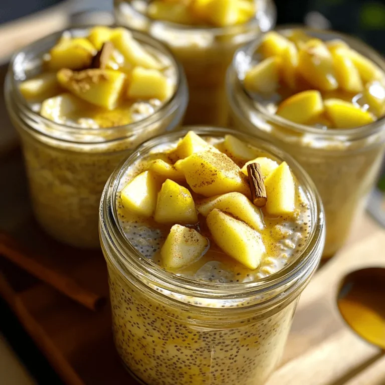 Für die Apfel-Zimt-Chia-Übernacht-Haferflocken benötigst du: - 1 Tasse zarte Haferflocken - 2 Esslöffel Chiasamen - 1 ½ Tassen Mandelmilch (oder eine Milch nach Wahl) - 1 mittelgroßer Apfel, gewürfelt - 1 Esslöffel Ahornsirup (oder Honig) - 1 Teelöffel gemahlener Zimt - ½ Teelöffel Vanilleextrakt - Eine Prise Salz - Optionales Topping: gehackte Nüsse, geraspelter Kokos oder zusätzliche Apfelscheiben Diese Zutaten machen dein Frühstück nahrhaft und lecker. Für den besten Geschmack wähle süße Äpfel. Fuji und Honeycrisp sind ideal. Sie sind knackig und süß. Du kannst auch Gala-Äpfel verwenden, wenn du etwas anderes probieren möchtest. Süße Äpfel bringen den Zimtgeschmack zur Geltung. Wenn du keine Mandelmilch magst, probiere andere Milchsorten. Hafermilch oder Sojamilch sind gute Alternativen. Auch Kokosmilch kann einen tollen Geschmack geben. Achte darauf, eine ungesüßte Option zu wählen, wenn du den Zuckergehalt niedrig halten möchtest. So bleibt das Rezept gesund und lecker. Um die besten Apfel-Zimt-Chia-Übernacht-Haferflocken zu machen, beginne mit der Vorbereitung der Zutaten. Du brauchst: - 1 Tasse zarte Haferflocken - 2 Esslöffel Chiasamen - 1 ½ Tassen Mandelmilch - 1 mittelgroßen Apfel, gewürfelt - 1 Esslöffel Ahornsirup - 1 Teelöffel gemahlener Zimt - ½ Teelöffel Vanilleextrakt - Eine Prise Salz Sorge dafür, dass der Apfel frisch ist. Süße Sorten wie Fuji oder Honeycrisp passen perfekt. Die Chiasamen sind wichtig für die Textur. Sie geben der Mischung ein cremiges Gefühl. Jetzt geht es zur Zubereitung. Du kannst in einer großen Schüssel beginnen. 1. Gib die zarten Haferflocken und Chiasamen in die Schüssel. Rühre sie gut um. 2. Füge die Mandelmilch hinzu. Dann kommen der Ahornsirup, der gemahlene Zimt, der Vanilleextrakt und die Prise Salz. Mische alles gut. 3. Jetzt kannst du den gewürfelten Apfel vorsichtig unterheben. Behalte ein paar Stücke für die Garnitur. 4. Teile die Mischung gleichmäßig in kleine Gläser oder Behälter auf. Verschließe sie gut. Stelle die Gläser über Nacht in den Kühlschrank. Die Haferflocken und Chiasamen nehmen die Flüssigkeit auf. Das macht die Mischung cremig und lecker. Falls du es eilig hast, lasse die Mischung mindestens 4 Stunden quellen. Am Morgen kannst du alles gut umrühren. Wenn es zu dick ist, füge einfach etwas mehr Mandelmilch hinzu. Jetzt bist du bereit, deine köstlichen Apfel-Zimt-Chia-Übernacht-Haferflocken zu genießen! Um die perfekte Konsistenz deiner Übernacht-Haferflocken zu erreichen, achte auf die richtige Flüssigkeitsmenge. Nutze 1 ½ Tassen Mandelmilch für 1 Tasse Haferflocken. Wenn du eine dickere Mischung magst, verwende weniger Flüssigkeit. Für eine cremigere Textur kannst du mehr Mandelmilch hinzufügen, wenn du sie am Morgen umrührst. Chiasamen nehmen viel Flüssigkeit auf, also lass die Mischung genug Zeit im Kühlschrank. Über Nacht ist ideal, aber mindestens 4 Stunden funktionieren auch. Wenn du auf Zucker verzichten möchtest, gibt es tolle Alternativen. Statt Ahornsirup kannst du auch Honig verwenden. Du kannst auch Dattelsirup oder Kokosblütenzucker ausprobieren. Diese Optionen haben einen niedrigeren glykämischen Index. Eine weitere Idee ist, die Süße aus den Äpfeln zu nutzen. Wähle süße Äpfel wie Fuji oder Honeycrisp, um die Mischung auf natürliche Weise zu süßen. Chiasamen sind kleine Kraftpakete. Sie sind reich an Ballaststoffen und Omega-3-Fettsäuren. Diese Nährstoffe helfen, deinen Cholesterinspiegel zu senken und die Verdauung zu fördern. Haferflocken sind ebenfalls gesund. Sie sind eine gute Quelle für komplexe Kohlenhydrate, die dir Energie geben. Außerdem unterstützen sie die Herzgesundheit. Kombiniert bieten diese Zutaten viele gesundheitliche Vorteile und sind eine gute Wahl für dein Frühstück. {{image_4}} Du kannst viele Früchte in die Übernacht-Haferflocken einfügen. Probiere Bananen oder Beeren. Sie geben einen frischen Geschmack. Auch Birnen passen gut. Die Wahl der Frucht macht dein Gericht bunter und leckerer. Achte darauf, die Früchte klein zu schneiden. So vermischen sie sich besser mit den Haferflocken. Wenn du den Zimt nicht magst, lasse ihn weg. Du kannst auch andere Gewürze wie Muskatnuss oder Ingwer verwenden. Möchtest du mehr Süße? Dann füge mehr Ahornsirup hinzu. Für einen nussigen Geschmack kannst du Mandeln oder Walnüsse in die Mischung geben. Sei kreativ! Jeder kann sein eigenes Rezept machen. Das Rezept ist schon vegan, wenn du keine Milchprodukte verwendest. Du kannst Pflanzenmilch nutzen, wie Soja- oder Hafermilch. Achte darauf, dass deine Haferflocken glutenfrei sind. Viele Marken bieten glutenfreie Optionen an. So kannst du das Rezept anpassen, wenn du Gluten meiden musst. Gesund und lecker! Um die Apfel-Zimt-Chia-Übernacht-Haferflocken frisch zu halten, bewahre sie im Kühlschrank auf. Nutze dafür luftdichte Behälter oder Gläser mit Deckel. So bleibt die Mischung cremig und lecker. Achte darauf, die Portionen gleichmäßig auf die Behälter zu verteilen. So hast du immer die richtige Menge für dein Frühstück bereit. Im Kühlschrank halten sich die Übernacht-Haferflocken etwa 3 bis 5 Tage. Das ist perfekt für eine schnelle Frühstückslösung an geschäftigen Morgen. Achte darauf, vor dem Essen gut umzurühren. Manchmal kann die Mischung etwas dicker werden. Wenn das passiert, füge einfach einen Schuss Mandelmilch hinzu, um die gewünschte Konsistenz zu erreichen. Wenn du eine größere Menge zubereitet hast, kannst du sie auch einfrieren. Teile die Mischung in Portionen auf und fülle sie in gefrierfähige Behälter oder Beutel. So hast du immer eine gesunde Option zur Hand. Zum Verzehr einfach die Portion über Nacht im Kühlschrank auftauen lassen. Am nächsten Morgen ist dein Frühstück bereit! Die Übernacht-Haferflocken halten sich gut im Kühlschrank. Ich empfehle, sie innerhalb von fünf Tagen zu essen. Nach dieser Zeit können sie an Geschmack verlieren. Wenn du sie länger aufbewahren möchtest, friere sie ein. So bleiben sie frisch und lecker. Ja, du kannst die Chiasamen weglassen. Sie sind jedoch wichtig für die Konsistenz. Chiasamen geben den Haferflocken eine cremige Textur und sind gesund. Du kannst sie durch Leinsamen ersetzen oder einfach weglassen. Das Rezept bleibt köstlich, auch ohne sie. Um mehr Portionen zu machen, verdopple oder verdreifache die Zutaten. Achte darauf, auch die Flüssigkeit anzupassen. Verwende für jede Tasse Haferflocken etwa 1 ½ Tassen Milch. So bleibt die Mischung schön cremig. Teile die Mischung in mehr Gläser auf, wenn du fertig bist. So hast du genug für alle! In diesem Blogpost haben wir die besten Zutaten für Übernacht-Haferflocken besprochen. Du hast gelernt, welche Äpfelsorten optimal sind und wie du Mandelmilch ersetzen kannst. Unsere Schritt-für-Schritt-Anleitung half dir, die Mischung stolz zuzubereiten. Mit Tipps zur Konsistenz und gesünderen Süßungen wurdest du bestens versorgt. Schließlich hast du auch Variationen entdeckt, die deinen Geschmack treffen. Denke daran, die Hafterflocken richtig zu lagern, um ihre Frische zu bewahren. Übernacht-Haferflocken sind einfach und vielseitig – ein leckeres Frühstück für jeden Tag!