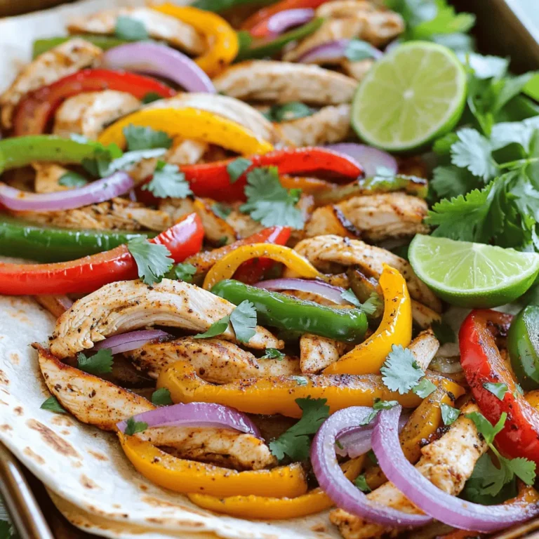 - Hähnchenbrustfilets - Paprika (rot, gelb, grün) - Rote Zwiebel Hähnchenbrustfilets sind der Hauptbestandteil dieser Fajitas. Sie sind zart und leicht. Ich schneide sie in Streifen, damit sie schnell garen. Die bunten Paprika bringen Farbe und Geschmack. Ich nehme rote, gelbe und grüne Paprika, um die Fajitas lebendig zu machen. Rote Zwiebel sorgt für eine süße Note. Ihre Streifen passen perfekt dazu. - Olivenöl - Chilipulver, Kreuzkümmel, geräuchertes Paprikapulver - Knoblauchpulver, Salz und Pfeffer Olivenöl ist wichtig für den Geschmack und die Textur. Es hilft, die Gewürze gut zu verteilen. Die Gewürze bringen das Gericht zum Leben. Chilipulver gibt Schärfe, während Kreuzkümmel und geräuchertes Paprikapulver Tiefe hinzufügen. Knoblauchpulver verstärkt den Geschmack. Eine Prise Salz und Pfeffer rundet alles ab. - Weizentortillas - Garnitur mit Koriander und Limettenschnitzen Ich serviere die Fajitas in Weizentortillas. Sie sind weich und einfach zu rollen. Frische Korianderblätter bringen ein tolles Aroma. Limettenschnitze geben einen spritzigen Kick. Diese Zutaten sorgen dafür, dass jeder Biss frisch und lecker ist. - Hähnchen und Gemüse schneiden: Beginne mit der Hähnchenbrust. Schneide sie in dünne Streifen. Nimm dann die Paprika. Schneide eine rote, eine gelbe und eine grüne Paprika in Streifen. Danach schneide eine rote Zwiebel in Streifen. So hast du alle Zutaten bereit. - Gewürzmischung herstellen: Nimm eine kleine Schüssel. Füge 3 Esslöffel Olivenöl hinzu. Gib 2 Teelöffel Chilipulver, 1 Teelöffel Kreuzkümmel, 1 Teelöffel geräuchertes Paprikapulver, 1/2 Teelöffel Knoblauchpulver, 1/2 Teelöffel Salz und 1/4 Teelöffel schwarzen Pfeffer dazu. Rühre alles gut um, bis die Mischung gleichmäßig ist. - Verteilung der Mischung auf dem Backblech: Nimm ein großes Backblech. Verteile die Hähnchen- und Gemüse-Mischung gleichmäßig darauf. Achte darauf, dass alles gut verteilt ist. - Backzeiten und Anforderungen: Heize den Ofen auf 220°C vor. Backe die Fajitas für 20-25 Minuten. Das Hähnchen sollte durchgegart sein. Das Gemüse muss zart werden. - Tortillas erwärmen: Nimm eine trockene Pfanne. Erhitze sie bei mittlerer Hitze. Lege die Tortillas für 30 Sekunden hinein. Wende sie und erwärme die andere Seite ebenfalls. So werden sie weich und formbar. - Präsentationstipps für das Gericht: Nimm einen großen Platter. Lege die Fajitas darauf. Platziere die warmen Tortillas daneben. Füge eine Schale mit Limettenschnitzen hinzu. Das sieht frisch und einladend aus. Die Würzung macht den großen Unterschied. Du kannst die Gewürze nach deinem Geschmack anpassen. Magst du es schärfer? Füge mehr Chilipulver hinzu. Für einen frischen Geschmack nutze frische Kräuter wie Koriander oder Petersilie. Diese Kräuter bringen Farbe und Geschmack. Möchtest du Zeit sparen? Bereite die Fajitas-Mischung im Voraus vor. Schneide das Hähnchen und das Gemüse am Morgen oder sogar am Tag zuvor. Lege alles in eine Schüssel und bewahre es im Kühlschrank auf. So kannst du alles schnell zusammenstellen, wenn du Hunger hast. Du brauchst nicht viel, um diese Fajitas zu machen. Ein großes Backblech ist wichtig. Wähle ein robustes, hitzebeständiges Blech. Eine große Schüssel hilft dir, die Zutaten zu mischen. Verwende außerdem eine Pfanne, um die Tortillas zu erwärmen. Diese Utensilien machen das Kochen einfach und schnell. {{image_4}} Du kannst Fajitas auch ohne Fleisch machen. Tofu oder Tempeh sind tolle Alternativen. Schneide sie in Streifen und mariniere sie gleich. Du kannst auch andere Gemüsesorten verwenden. Zucchini, Champignons oder Auberginen passen sehr gut. Diese Zutaten geben den Fajitas einen neuen Geschmack. Wenn du Gluten meiden möchtest, gibt es viele Alternativen. Verwende Mais-Tortillas statt Weizentortillas. Diese sind lecker und leicht zu finden. Achte darauf, dass alle Gewürze glutenfrei sind. So kannst du sicher genießen, ohne dir Sorgen zu machen. Für schärfere Fajitas füge frische Jalapeños hinzu. Diese bringen einen tollen Kick. Du kannst auch mit verschiedenen Gewürzmischungen spielen. Probiere Taco-Gewürz oder sogar italienische Kräuter. So kannst du deine Fajitas ganz nach deinem Geschmack anpassen. - Aufbewahrung im Kühlschrank Bewahren Sie die Fajitas in einem luftdichten Behälter auf. So bleiben sie frisch. Sie sollten die Reste innerhalb von drei Tagen essen. Vor dem Servieren einfach aufwärmen. - Rezepte für Füllungen oder Aufläufe Verwenden Sie Reste für Burritos oder Quesadillas. Sie können auch eine Auflaufform mit Tortillas, Fajitas und Käse schichten. Backen Sie das Ganze bis es goldbraun ist. - Wie lange sind die Fajitas haltbar? Im Kühlschrank halten die Fajitas etwa drei Tage. Im Gefrierfach sind sie bis zu drei Monate haltbar. Stellen Sie sicher, dass sie gut verpackt sind, um Gefrierbrand zu vermeiden. - Tipps für das Einfrieren von Reste Teilen Sie die Fajitas in Portionen auf. Verwenden Sie Gefrierbeutel oder Behälter. Beschriften Sie die Verpackungen mit dem Datum. So wissen Sie immer, was Sie haben. - Beste Methoden zum Aufwärmen Die besten Methoden sind Mikrowelle oder Pfanne. In der Mikrowelle dauert es nur zwei Minuten. In der Pfanne erwärmen Sie sie bei mittlerer Hitze, bis sie heiß sind. - Beibehaltung der Textur und des Geschmacks Fügen Sie einen Spritzer Wasser hinzu, wenn Sie in der Pfanne aufwärmen. So bleiben die Fajitas saftig. Decken Sie die Pfanne mit einem Deckel. Dadurch bleibt die Feuchtigkeit erhalten. Die Zubereitung von Fajitas dauert etwa 10 Minuten. Die Gesamtzeit beträgt ungefähr 35 Minuten. Während das Hähnchen und das Gemüse im Ofen garen, können Sie die Tortillas vorbereiten. Es ist einfach und schnell, perfekt für ein Abendessen unter der Woche. Ja, Sie können die Fajitas auch auf dem Grill zubereiten. Das gibt ihnen einen tollen Rauchgeschmack. Mischen Sie das Hähnchen und das Gemüse wie gewohnt. Legen Sie alles auf den Grill bei mittlerer Hitze. Wenden Sie die Zutaten regelmäßig, damit sie gleichmäßig garen. Grillen Sie sie etwa 15 bis 20 Minuten, bis das Hähnchen durch ist. Fajitas schmecken gut mit verschiedenen Beilagen. Hier sind einige Vorschläge: - Guacamole für eine cremige Textur - Salsa für eine frische Note - Ein einfacher grüner Salat für etwas Knackiges - Reis als sättigende Beilage - Bohnen, die gut zu den Fajitas passen Diese Beilagen ergänzen den Geschmack und machen Ihr Essen noch besser. Fajitas sind vielseitig und lecker. In diesem Blogbeitrag habe ich die Hauptzutaten, die Zubereitung und viele Tipps vorgestellt. Sie können Ihre Fajitas anpassen und sogar vegetarisch oder glutenfrei machen. Außerdem können Sie Reste einfach lagern und aufwärmen, um den Geschmack zu erhalten. Experimentieren Sie mit verschiedenen Gewürzen und genießen Sie die Vielfalt. Fajitas sind ein tolles Gericht für jede Gelegenheit!