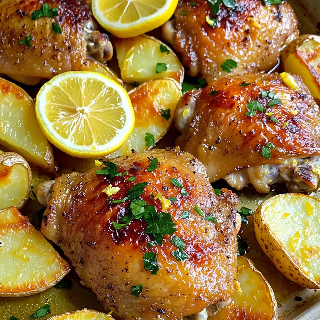 - 4 Hähnchenschenkel mit Knochen und Haut - 3 große Yukon-Gold-Kartoffeln, in Spalten geschnitten - 1 Esslöffel getrockneter Oregano - 1 Teelöffel getrockneter Thymian - Salz und Pfeffer nach Geschmack Die Hauptzutaten sind einfach und lecker. Hähnchenschenkel geben viel Geschmack. Sie sind saftig und zart. Yukon-Gold-Kartoffeln sind perfekt für Röstaromen. Ihre cremige Textur passt gut zum Hähnchen. Oregano und Thymian bringen griechische Aromen in das Gericht. Salz und Pfeffer sorgen für den richtigen Kick. - 60 ml Olivenöl - Saft von 2 Zitronen - Abrieb von 1 Zitrone - 4 Knoblauchzehen, gehackt Die Marinade ist der Schlüssel für Geschmack. Olivenöl macht das Hähnchen zart und saftig. Der Zitronensaft gibt eine frische Note. Der Abrieb verstärkt den Zitronengeschmack. Der gehackte Knoblauch bringt eine schöne Tiefe. Zusammen bilden diese Zutaten eine perfekte Marinade. - Frische Petersilie, gehackt - Zitronenscheiben Garnierungen machen das Gericht besonders. Frische Petersilie bringt Farbe und Frische. Sie verleiht dem Hähnchen einen schönen Kontrast. Zitronenscheiben sind nicht nur dekorativ, sondern auch lecker. Sie können nach dem Garen über das Hähnchen gelegt werden. So erhält man einen zusätzlichen Zitronenkick. Heize deinen Ofen auf 220°C (425°F) vor. Diese hohe Temperatur ist wichtig. Sie hilft, das Hähnchen und die Kartoffeln knusprig zu machen. In einer großen Schüssel vermengst du folgende Zutaten: - 60 ml Olivenöl - Saft von 2 Zitronen - Abrieb von 1 Zitrone - 4 gehackte Knoblauchzehen - 1 Esslöffel getrockneter Oregano - 1 Teelöffel getrockneter Thymian - Salz und Pfeffer nach Geschmack Rühre alles gut um. Diese Marinade gibt viel Geschmack. Lege die Hähnchenschenkel in die Marinade. Wende sie gründlich, damit sie gut bedeckt sind. Lass sie mindestens 15 Minuten marinieren. Für mehr Geschmack kann das Hähnchen bis zu 2 Stunden marinieren. Während das Hähnchen mariniert, bereite die Kartoffeln vor. Schneide 3 große Yukon-Gold-Kartoffeln in Spalten. Vermenge sie in einer Schüssel mit etwas Olivenöl, Salz und Pfeffer. So bekommen sie einen tollen Geschmack. Nimm ein großes, randloses Backblech oder eine Bratform. Arrangiere die marinierten Hähnchenschenkel mit der Hautseite nach oben. Verteile die gewürzten Kartoffelspalten um das Hähnchen. Backe das Gericht im vorgeheizten Ofen für etwa 35-40 Minuten. Das Hähnchen sollte goldbraun sein und eine Innentemperatur von 75°C (165°F) erreichen. Die Kartoffeln müssen knusprig und zart sein. Wenn das Gericht fertig ist, nutze die Grillfunktion für 3-5 Minuten. So wird die Haut extra knusprig. Behalte das Gericht dabei im Auge, damit es nicht verbrennt. Nimm das Blech aus dem Ofen und lass das Gericht 5 Minuten ruhen. Garniere es mit frischer Petersilie und Zitronenscheiben. Jetzt ist dein Gericht bereit zum Servieren! Wie lange sollte mariniert werden? Ich empfehle, das Hähnchen mindestens 15 Minuten zu marinieren. So nimmt es bereits guten Geschmack auf. Für einen intensiveren Geschmack lassen Sie es bis zu 2 Stunden marinieren. Dies sorgt für mehr Aroma und Saftigkeit. Techniken zum Bräunen Um die Haut des Hähnchens knusprig zu machen, heizen Sie den Grill des Ofens am Ende des Garens ein. Lassen Sie das Hähnchen 3-5 Minuten unter dem Grill, bis es goldbraun ist. Achten Sie darauf, dass es nicht verbrennt. Eine andere Methode ist, das Hähnchen vor dem Backen mit etwas Olivenöl zu bestreichen. Das verbessert die Bräunung. Ideale Präsentation Servieren Sie das Gericht heiß auf einer großen Platte. Die goldbraune Haut des Hähnchens und die knusprigen Kartoffeln sehen sehr ansprechend aus. Garnieren Sie das Gericht mit frischer Petersilie und Zitronenscheiben. Dies bringt Farbe und Frische ins Spiel. Achten Sie darauf, die Zitronenscheiben um das Hähnchen zu legen. So sieht es noch einladender aus. {{image_4}} Welche Gemüsesorten passen? Du kannst viele Gemüse zu diesem Gericht hinzufügen. Einige gute Optionen sind: - Karotten - Zucchini - Paprika - Brokkoli Das Gemüse gibt zusätzlich Farbe und Nährstoffe. Schneide das Gemüse in gleich große Stücke. Mische sie mit etwas Olivenöl, Salz und Pfeffer. Lege das Gemüse um das Hähnchen und die Kartoffeln, bevor du alles brätst. Alternative Gewürze und Zutaten Du kannst die Gewürze anpassen, um neue Geschmäcker zu entdecken. Hier sind einige Ideen: - Füge Kreuzkümmel hinzu für einen erdigen Geschmack. - Verwende Rosmarin statt Oregano für einen anderen Duft. - Probiere Paprikapulver für mehr Würze. Diese Änderungen geben dem Gericht einen neuen Dreh. Du kannst auch frische Kräuter verwenden, wenn du sie zur Hand hast. Glutenfreie Optionen Das Rezept ist von Natur aus glutenfrei. Alle Hauptzutaten sind ohne Gluten. Achte einfach darauf, dass deine Gewürze auch glutenfrei sind. Low-Carb Varianten Für eine Low-Carb Version kannst du die Kartoffeln durch Blumenkohl ersetzen. Blumenkohl hat weniger Kohlenhydrate und passt gut zu den Aromen des Gerichts. Schneide den Blumenkohl in Röschen und bereite ihn wie die Kartoffeln vor. So bleibt das Gericht lecker und gesund. Das Gericht hält sich gut im Kühlschrank. Du kannst es bis zu drei Tage aufbewahren. Stelle sicher, dass du es in einem luftdichten Behälter lagerst. So bleibt das Hähnchen saftig und die Kartoffeln frisch. Wenn du es aufwärmst, benutze die Mikrowelle oder den Ofen, um die Knusprigkeit zu erhalten. Wenn du Reste hast, kannst du das Gericht einfrieren. Teile es in Portionen auf. Lass das Hähnchen und die Kartoffeln zuerst abkühlen. Packe sie dann in gefriergeeignete Behälter oder Beutel. So bleiben sie bis zu drei Monate lang haltbar. Denk daran, das Gericht vor dem Verzehr vollständig aufzutauen und gut zu erhitzen. Hast du noch Reste? Nutze sie für leckere neue Gerichte. Du kannst das Hähnchen klein schneiden und in einem Salat verwenden. Auch in Tacos schmeckt es gut. Die Kartoffeln kannst du mit etwas Käse überbacken oder in einer Suppe verwenden. Sei kreativ und genieße die Vielfalt! Um zartes Hähnchen zu erhalten, marinieren Sie es gut. Die Marinade hilft, das Fleisch weich zu machen. Nutzen Sie frischen Zitronensaft, Olivenöl, und Gewürze. Lassen Sie das Hähnchen mindestens 15 Minuten mariniert. Für mehr Geschmack können Sie es bis zu 2 Stunden marinieren. Durch die Säure der Zitrone wird das Hähnchen zart und saftig. Achten Sie darauf, das Hähnchen nicht zu lange zu garen. Eine Innentemperatur von 75°C (165°F) ist ideal. Ja, Sie können auch anderes Fleisch verwenden. Zum Beispiel eignet sich Lamm oder Schweinefleisch gut. Lamm gibt einen starken, würzigen Geschmack. Schweinefleisch kann das Gericht cremiger machen. Passen Sie die Garzeit an. Lamm braucht etwas weniger Zeit, während Schweinefleisch mehr Zeit benötigt. Achten Sie darauf, die Marinade gut zu verwenden, um den Geschmack zu verbessern. Zu diesem Gericht passen viele Beilagen. Ein frischer grüner Salat bringt Farbe und Frische. Auch gebratene Zucchini oder Paprika sind eine gute Wahl. Reis oder ein leichter Couscous-Salat sind ebenfalls lecker. Diese Beilagen ergänzen die Aromen des Hähnchens und der Zitronen. Servieren Sie das Gericht heiß auf einer großen Platte. Das sieht nicht nur schön aus, sondern macht das Essen auch einladend. In diesem Artikel haben wir die besten Zutaten für ein leckeres Hähnchengericht erkundet. Wir haben die Zubereitung der Marinade, die Backanleitung sowie nützliche Tipps besprochen. Auch Variationen, Aufbewahrungshinweise und häufige Fragen haben wir behandelt. Denken Sie daran, frische Zutaten zu verwenden. Spielen Sie mit Gewürzen und Gemüse für neue Geschmäcker. Kochen ist kreativ! Experimentieren Sie und finden Sie Ihr perfektes Rezept. So genießen Sie gesunde und köstliche Mahlzeiten.