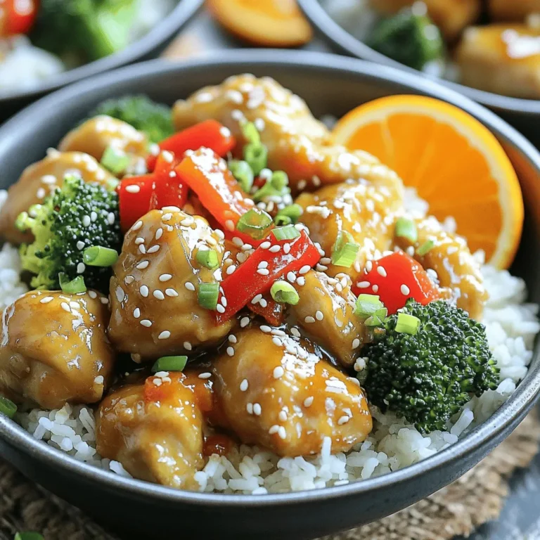 Für die Orange Chicken Rice Bowls brauchen Sie: - 450 g Hähnchenschenkel, ohne Knochen und Haut, gewürfelt - 240 ml Jasminreis - 240 ml Hühnerbrühe - 120 ml frisch gepresster Orangensaft - Schale von 1 Orange (fein abgerieben) - 2 Esslöffel Sojasauce - 1 Esslöffel Honig - 1 Esslöffel Speisestärke - 2 Esslöffel Pflanzenöl - 1 rote Paprika, in Streifen geschnitten - 150 g Brokkoliröschen - 1 Frühlingszwiebel, gehackt - Salz und Pfeffer nach Geschmack - Sesam für die Garnitur Frische ist der Schlüssel zu einem großartigen Gericht. Wählen Sie frisches Gemüse, das knackig aussieht. Die Hähnchenschenkel sollten rosa und fest sein. Achten Sie darauf, dass der Orangensaft frisch gepresst ist. Dies gibt dem Gericht einen tollen Geschmack. Die Sojasauce sollte dunkel und reichhaltig sein. Hochwertiger Honig hat einen intensiven Geschmack. Verwenden Sie auch gute Hühnerbrühe. Diese sorgt für mehr Tiefe in Ihrem Gericht. Sie können das Rezept anpassen. Für eine schärfere Note fügen Sie etwas Chili hinzu. Mögen Sie es süßer? Nehmen Sie mehr Honig. Für eine vegetarische Option ersetzen Sie das Hähnchen durch Tofu oder Tempeh. Quinoa anstelle von Jasminreis bringt mehr Nährstoffe. Experimentieren Sie mit verschiedenen Gemüsesorten wie Zucchini oder Karotten. Damit können Sie neue Geschmäcker entdecken. Für die Marinade mischen Sie in einer Schüssel 120 ml frisch gepressten Orangensaft, die Schale von einer Orange, 2 Esslöffel Sojasauce, 1 Esslöffel Honig und 1 Esslöffel Speisestärke. Fügen Sie eine Prise Salz und Pfeffer hinzu. Dann geben Sie 450 g gewürfeltes Hähnchen in die Schüssel. Rühren Sie alles gut um, damit das Hähnchen die Marinade aufnimmt. Lassen Sie es mindestens 30 Minuten marinieren. Das macht das Hähnchen zart und aromatisch. Während das Hähnchen mariniert, bereiten Sie den Jasminreis vor. Spülen Sie 240 ml Jasminreis unter kaltem Wasser ab, bis das Wasser klar ist. Das hilft, überschüssige Stärke zu entfernen. Bringen Sie dann 240 ml Hühnerbrühe in einem Topf zum Kochen. Fügen Sie den Reis hinzu und decken Sie den Topf ab. Reduzieren Sie die Hitze und lassen Sie den Reis 15 Minuten köcheln. Er wird dann locker und perfekt. Erhitzen Sie 2 Esslöffel Pflanzenöl in einer großen Pfanne oder einem Wok bei mittelhoher Temperatur. Nehmen Sie das marinierte Hähnchen aus der Schüssel und fügen Sie es in die Pfanne. Braten Sie das Hähnchen für 5-7 Minuten, bis es durchgegart und goldbraun ist. Fügen Sie nun eine rote Paprika, in Streifen geschnitten, und 150 g Brokkoliröschen hinzu. Braten Sie das Gemüse 3-4 Minuten lang, bis es zart und knackig ist. Gießen Sie die aufbewahrte Marinade über das Hähnchen und Gemüse in der Pfanne. Lassen Sie alles für 2-3 Minuten weiterkochen. Die Soße wird dicker und umhüllt das Hähnchen sowie das Gemüse. Servieren Sie die Mischung auf einer Schicht Jasminreis. Garnieren Sie die Bowls mit gehackten Frühlingszwiebeln und Sesam. Das sieht toll aus und schmeckt noch besser! Um zartes und saftiges Hähnchen zu bekommen, marinieren Sie es lange. Eine Marinade mit Orangensaft ist ideal. Die Säure macht das Fleisch weich. Lassen Sie das Hähnchen mindestens 30 Minuten marinieren. Sie können es auch über Nacht marinieren. So nimmt das Hähnchen den vollen Geschmack auf. Um das Gemüse knackig zu halten, braten Sie es nur kurz. Geben Sie die Paprika und den Brokkoli in die Pfanne, wenn das Hähnchen fast fertig ist. Rühren Sie das Gemüse etwa 3-4 Minuten. So bleibt es frisch und behält seine Farbe. Achten Sie darauf, das Gemüse oft umzurühren. Die Präsentation ist wichtig. Servieren Sie den Reis in tiefen Schalen. Legen Sie das Hähnchen und das Gemüse darauf. Garnieren Sie mit Frühlingszwiebeln und Sesam. Ein Spritzer frischer Orangensaft bringt mehr Geschmack. Eine Scheibe Orange an der Seite macht das Gericht schön und einladend. {{image_4}} Wenn du eine vegane oder vegetarische Option suchst, kannst du das Hähnchen leicht ersetzen. Verwende einfach gewürfelten Tofu oder Tempeh. Marinade bleibt gleich, aber lass den Honig weg. Nutze stattdessen einen pflanzlichen Süßstoff. Brate den Tofu goldbraun an, bevor du das Gemüse hinzufügst. So macht dein Gericht einen großartigen Eindruck. Jasminreis ist lecker, aber du kannst auch andere Optionen nutzen. Quinoa ist eine nahrhafte Wahl. Es hat einen tollen Biss und ist reich an Proteinen. Vollkornreis bringt mehr Ballaststoffe und einen nussigen Geschmack. Koche Quinoa oder Vollkornreis nach Anleitung. Das passt gut zu deinem Orange Chicken. Spiele mit Gewürzen, um dein Gericht zu verfeinern. Füge Kreuzkümmel oder Paprika für mehr Tiefe hinzu. Wenn du es scharf magst, probiere etwas Chili oder Ingwer. Diese Gewürze bringen neue Aromen. Experimentiere, um deinen eigenen Geschmack zu finden. Du wirst überrascht sein, wie viel du erreichen kannst. Um die Reste der Orange Chicken Rice Bowls frisch zu halten, lege sie in einen luftdichten Behälter. Stelle sicher, dass der Behälter gut verschlossen ist. So bleiben die Aromen und die Textur erhalten. Du kannst die Reste bis zu drei Tage im Kühlschrank aufbewahren. Vor dem Verzehr solltest du die Bowls gut durchmischen, um die Sauce gleichmäßig zu verteilen. Wenn du die Bowls länger aufbewahren möchtest, friere sie ein. Teile die Portionen in einzelne Behälter auf. Achte darauf, dass die Bowls vollständig abgekühlt sind, bevor du sie einfrierst. So vermeidest du, dass sich Eis bildet. Die Orange Chicken Rice Bowls können bis zu drei Monate im Gefrierschrank bleiben. Zum Auftauen lege sie einfach über Nacht in den Kühlschrank. Um die Bowls wieder aufzuwärmen, gibt es zwei einfache Methoden. Du kannst die Mikrowelle verwenden oder die Pfanne. Bei der Mikrowelle erwärmst du die Bowls in 1-2 Minuten. Rühre zwischendurch um, damit die Wärme gleichmäßig verteilt wird. Wenn du die Pfanne verwendest, erhitze sie bei mittlerer Hitze. Füge etwas Wasser oder Brühe hinzu, um die Bowls feucht zu halten. So bleibt das Hähnchen saftig und das Gemüse knackig. Die Zubereitung von Orange Chicken Rice Bowls dauert etwa 30 Minuten. Die Marinade braucht mindestens 30 Minuten, aber Sie können sie auch länger ziehen lassen. Das Kochen des Jasminreises dauert rund 15 Minuten. Das Braten des Hähnchens und des Gemüses benötigt etwa 10 Minuten. Insgesamt sind Sie also in etwa 1 Stunde fertig. Ja, Sie können das Hähnchen im Voraus marinieren. Marinieren Sie es bis zu 24 Stunden im Kühlschrank. Das gibt dem Hähnchen mehr Geschmack. Denken Sie daran, das Hähnchen gut abzudecken, damit es frisch bleibt. Diese Methode spart Zeit, wenn Sie das Gericht später zubereiten möchten. Ja, es gibt glutenfreie Optionen. Verwenden Sie glutenfreie Sojasauce, um das Gericht glutenfrei zu machen. Achten Sie darauf, dass alle anderen Zutaten, wie Hühnerbrühe und Gewürze, ebenfalls glutenfrei sind. So bleibt der Geschmack toll und das Gericht bleibt für alle geeignet. Um zusammenzufassen, haben wir die Zutaten für das Orange Chicken Rice Bowl besprochen. Frische und Qualität sind wichtig, damit das Gericht gut schmeckt. Ich habe auch Tipps gegeben, wie man das Hähnchen zart und schmackhaft hält und verschiedene Varianten vorgestellt, z. B. vegane Optionen. Lagerungshinweise helfen Ihnen, Reste zu nutzen. Letztendlich ist dieses Gericht einfach zuzubereiten und kann Ihren Gaumen erfreuen. Probieren Sie es aus, um die Vielfalt selbst zu erleben!