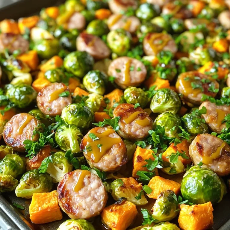 - Hähnchenwürstchen und ihre Besonderheiten Hähnchenwürstchen sind zart und saftig. Sie bringen einen milden Geschmack. Du kannst sie leicht finden. Ich bevorzuge die, die keinen Zusatz von Fetten haben. Achte darauf, dass sie frisch sind. - Rosenkohl und seine Auswahl Wähle frischen Rosenkohl, der fest ist. Die Farbe sollte leuchtend grün sein. Halbiere die Röschen, um die Garzeit zu verkürzen. So werden sie zart und lecker. Wenn der Rosenkohl zu braun ist, schmeckt er bitter. - Süßkartoffeln und ihre Variationen Süßkartoffeln haben einen süßen, erdigen Geschmack. Du kannst orange oder violette Varianten wählen. Sie sind nahrhaft und voller Vitamine. Schneide sie in gleichmäßige Würfel, damit sie gleichmäßig garen. - Olivenöl und seine Vorteile Olivenöl ist gesund und voll von guten Fetten. Es hilft beim Braten und verleiht Geschmack. Verwende extra natives Olivenöl für mehr Aroma. Es macht das Gericht reichhaltiger und schmackhafter. - Dijon-Senf als Geschmacksträger Dijon-Senf hat einen scharfen, würzigen Geschmack. Er passt gut zu Wurst und Gemüse. Der Senf bringt eine schöne Tiefe in das Gericht. Er macht die Aromen lebendiger und interessanter. - Gewürze: Knoblauchpulver, Zwiebelpulver und geräuchertes Paprikapulver Diese Gewürze sind einfach zu verwenden. Knoblauchpulver und Zwiebelpulver geben einen tollen Geschmack. Geräuchertes Paprikapulver bringt eine rauchige Note. Zusammen machen sie das Gericht würzig und aromatisch. Heize den Ofen auf 220°C (425°F) vor. Das hilft beim schnellen Garen. Lege ein großes Backblech mit Backpapier aus. So wird die Reinigung einfach. Nimm eine große Schüssel und gib die halbierten Rosenkohl und die gewürfelten Süßkartoffeln hinein. Träufle zwei Esslöffel Olivenöl über das Gemüse. Füge Knoblauchpulver, Zwiebelpulver, geräuchertes Paprikapulver, Salz und Pfeffer hinzu. Mische alles gut. So wird das Gemüse gleichmäßig gewürzt. Verteile die Mischung auf dem Backblech in einer einzigen Schicht. Jetzt ist es Zeit für die Würstchen. Schneide 450 g Hähnchenwürstchen in Stücke von etwa 2,5 cm. Gib die Wurststücke in die gleiche Schüssel. Träufle das restliche Olivenöl, den Ahornsirup und den Dijon-Senf über die Würstchen. Mische gut, bis die Würstchen gleichmäßig bedeckt sind. Legen die Wurststücke auf das Gemüse auf dem Backblech. So vermischen sich die Aromen beim Backen. Schiebe das Backblech in den Ofen und backe es für 25-30 Minuten. Rühre während der Backzeit einmal um. Das Gemüse sollte zart und karamellisiert sein, und die Würstchen schön braun. Nach dem Backen nimm das Blech aus dem Ofen. Lass es einige Minuten abkühlen. Vor dem Servieren garniere mit frisch gehackter Petersilie. Das gibt Farbe und Geschmack. Um die Wurst und das Gemüse gleichmäßig zu garen, achte auf die Größe der Stücke. Schneide die Hähnchenwürstchen in gleich große Stücke, etwa 2,5 cm dick. Halbiere die Rosenkohl und würfle die Süßkartoffeln gleichmäßig. So garen sie zur gleichen Zeit. Überkochen willst du vermeiden. Rühre das Gemüse und die Wurst während des Backens einmal um. Das sorgt dafür, dass alles gleichmäßig bräunt und karamellisiert. Wenn du das nicht tust, kann das Gemüse weich und matschig werden. Rustikal servieren macht Spaß! Nimm das Backblech direkt aus dem Ofen. Stelle es auf den Tisch. Das gibt einen einladenden Look. Um das Gericht aufzupeppen, benutze frische Garnituren. Hacke etwas Petersilie und streue sie darüber. Das bringt Farbe und Frische. Ein Schälchen mit extra Ahornsirup zum Dippen ist eine tolle Idee. So kann jeder nach Geschmack nachsüßen. {{image_4}} - Alternativen zu Hähnchenwürstchen: Du kannst auch andere Würstchen verwenden. Probier Rind, Schwein oder vegetarische Varianten. Diese bringen ihren eigenen Geschmack. - Saisonales Gemüse für mehr Abwechslung: Nutze Gemüse, das gerade Saison hat. Zum Beispiel Kürbis im Herbst oder grüne Bohnen im Sommer. Das macht dein Gericht frisch und bunt. - Zusatz von scharfen Gewürzen: Wenn du es gerne scharf magst, füge etwas Cayennepfeffer hinzu. Das gibt dem Gericht einen tollen Kick. Paprika oder Chili können auch gut passen. - Süßigkeiten wie Honig oder brauner Zucker: Für eine süßere Note kannst du Honig oder braunen Zucker verwenden. Diese Zutaten harmonieren wunderbar mit dem Dijon-Senf. Sie helfen, die Aromen auszubalancieren und machen das Gericht noch leckerer. Wie lange bleibt das Gericht frisch? Das Gericht bleibt im Kühlschrank etwa 3-4 Tage frisch. Achte darauf, es in einem luftdichten Behälter zu lagern. Das hilft, den Geschmack und die Textur zu bewahren. Tipps zur korrekten Lagerung: - Lass das Gericht nach dem Kochen abkühlen. - Verwende einen Behälter, der gut schließt. - Teile große Portionen in kleinere auf. So bleibt alles frisch. Beste Methoden zum Aufwärmen: Die besten Methoden sind die Mikrowelle oder der Ofen. Für den Ofen, heize ihn auf 180°C vor. Lege das Gericht auf ein Backblech. Warme es 10-15 Minuten, bis es heiß ist. Vermeidung von Austrocknung: Um Austrocknung zu vermeiden, füge etwas Wasser oder Brühe hinzu. Decke das Gericht mit Alufolie ab. So bleibt es saftig und lecker. Wenn du dickere Würstchen verwendest, erhöhe die Garzeit. Das Fleisch braucht länger, um durchzugaren. Für dünnere Würstchen, wie kleine Bratwürste, kannst du die Zeit um 5 bis 10 Minuten verkürzen. Gemüsevariationen erfordern auch Anpassungen. Rosenkohl benötigt etwa 25 bis 30 Minuten. Süßkartoffeln brauchen rund 20 bis 25 Minuten. Wenn du anderes Gemüse nutzt, wie Karotten oder Brokkoli, achte auf die Garzeit. Karotten brauchen etwa 30 Minuten, Brokkoli nur 15 bis 20 Minuten. Ja, das Gericht kann glutenfrei sein. Achte darauf, glutenfreie Würstchen zu wählen. Viele Marken bieten diese an. Auch die Gewürze und der Dijon-Senf sind oft glutenfrei. Überprüfe die Etiketten, um sicherzugehen. So kannst du das Gericht ohne Sorgen genießen. Ja, du kannst das Rezept im Voraus machen. Bereite das Gemüse und die Würstchen am Vortag vor. Mische sie mit den Gewürzen und Ölen. Bewahre sie in einem luftdichten Behälter im Kühlschrank auf. Am nächsten Tag kannst du das Gericht einfach backen. Diese Vorbereitungsstrategie spart dir Zeit. Du kannst auch gleich mehrere Portionen zubereiten. So hast du gesunde Mahlzeiten für die Woche bereit. Dieses Rezept erleichtert die Zubereitung eines leckeren Gerichts mit Hähnchenwürstchen, Rosenkohl und Süßkartoffeln. Die Schritt-für-Schritt-Anleitung führt dich sicher durch den Prozess. Achte auf die richtigen Gewürze und die perfekte Garzeit. Variationen bringen frischen Wind in dein Essen. Halte die Aufbewahrungstipps im Kopf, um das Gericht später zu genießen. Mit diesen Hinweisen steht einem köstlichen Mahl nichts im Weg. Viel Spaß bei der Zubereitung und guten Appetit!